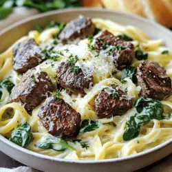 - 450 g Rinderfilet, in mundgerechte Stücke geschnitten - 4 Esslöffel ungesalzene Butter - 4 Knoblauchzehen, fein gehackt - 1 Teelöffel geräucherter Paprika - 1 Teelöffel getrockneter Thymian - Salz und Pfeffer nach Geschmack - 225 g Fettuccine oder Pasta nach Wahl - 240 ml Schlagsahne - 50 g geriebener Parmesan - 1 Tasse Babyspinat - Frische Petersilie, gehackt zum Garnieren Die Hauptzutaten sind wichtig für den Geschmack. Das Rinderfilet liefert eine zarte Textur. Die ungesalzene Butter gibt reichhaltigen Geschmack. Der Knoblauch bringt einen starken, leckeren Duft. Geräucherter Paprika und Thymian fügen Tiefe und Wärme hinzu. Fettuccine ist die ideale Pasta. Sie umhüllt die Sauce gut. Schlagsahne und Parmesan machen die Sauce cremig und würzig. Babyspinat sorgt für Frische und Farbe. Die Petersilie macht das Gericht hübsch. Für die vollständige Rezeptanleitung schauen Sie sich das Vollständige Rezept an. Bringe einen großen Topf mit Wasser zum Kochen. Füge reichlich Salz hinzu. Jetzt ist die Zeit, die Fettuccine nach der Packungsanweisung zu kochen. Achte darauf, sie al dente zu garen. Wenn sie fertig sind, gieße die Pasta ab. Vergiss nicht, etwa 120 ml des Nudelwassers aufzuheben. Das Wasser hilft, die Sauce später zu binden. Schmelze 2 Esslöffel Butter in einer großen Pfanne bei mittlerer bis hoher Hitze. Füge die Rinderstücke hinzu. Würze sie mit Salz, Pfeffer und geräuchertem Paprika. Brate sie für etwa 2-3 Minuten auf jeder Seite an. So werden sie schön braun und zart. Nimm die Rinderbisse aus der Pfanne und stelle sie beiseite. Sie warten auf ihre große Rückkehr in die Sauce. In derselben Pfanne füge die restlichen 2 Esslöffel Butter hinzu. Dann kommt der gehackte Knoblauch. Brate ihn für etwa 1 Minute an, bis er duftet. Pass auf, dass er nicht verbrennt. Jetzt reduziere die Hitze und gieße die Schlagsahne hinein. Rühre mit einem Schneebesen, damit nichts anbrennt. Füge den geriebenen Parmesan hinzu und rühre weiter. Wenn die Sauce zu dick ist, gib etwas von dem aufbewahrten Nudelwasser dazu. So erhältst du die perfekte Konsistenz. Gebe die gekochte Pasta in die cremige Sauce. Mische alles gut durch. Jetzt füge die Rinderbisse und den Babyspinat hinzu. Rühre vorsichtig um, bis der Spinat leicht zusammenfällt. Das sieht nicht nur gut aus, sondern schmeckt auch fantastisch. Serviere die Pasta und Rinderbisse auf Tellern. Garniere sie mit gehackter Petersilie. Ein frischer Akzent sorgt für mehr Freude am Essen. Für das vollständige Rezept besuche die Seite mit dem vollständigen Rezept für Knoblauchbutter-Rinderbisse mit cremiger Pasta. Die Garzeit ist wichtig für den perfekten Biss. Ich empfehle, das Rindfleisch je nach Vorliebe zu garen: - Rare: 2 Minuten pro Seite, innen rot und kühl. - Medium: 3 Minuten pro Seite, innen rosa und warm. - Well Done: 4 Minuten pro Seite, ganz durchgegart und braun. Jede Garstufe bringt ihren eigenen Geschmack. Zartes Fleisch bleibt saftig bei weniger Garzeit. Überprüfen Sie das Fleisch mit einer Gabel. So wissen Sie, wann es perfekt ist. Die Sauce sollte glatt und cremig sein. Hier sind ein paar Tipps, um die perfekte Konsistenz zu erreichen: - Verwenden Sie frische Sahne. Sie gibt der Sauce einen reichen Geschmack. - Rühren Sie den Parmesan langsam ein. So schmilzt er gleichmäßig. - Falls die Sauce zu dick wird, fügen Sie etwas Nudelwasser hinzu. Es hilft, die richtige Konsistenz zu finden. Achten Sie darauf, den Knoblauch nicht zu verbrennen. Er sollte nur leicht bräunen. Dies gibt der Sauce ein tolles Aroma. Die Präsentation macht viel aus. Hier einige einfache Tipps: - Servieren Sie das Gericht in flachen Schalen. So sieht es ansprechend aus. - Streuen Sie etwas Parmesan darüber für einen schönen Look. - Fügen Sie einen Zweig frischer Petersilie hinzu. Er bringt Farbe ins Spiel. Eine gute Beilage ist knuspriges Brot. Es passt perfekt zur cremigen Sauce. So können die Gäste dippen und genießen. {{image_4}} Du kannst dieses Gericht auch vegetarisch machen. Verwende einfach Pilze oder Tofu anstelle von Rindfleisch. Pilze geben einen tollen Umami-Geschmack. Ich empfehle, Champignons oder Portobello-Pilze zu wählen. Sie nehmen die Butter und den Knoblauch gut auf. Tofu ist eine weitere gute Wahl. Achte darauf, ihn gut zu würzen. So bleibt der Geschmack stark. Experimentiere mit verschiedenen Kräutern und Gewürzen. Du kannst frischen Rosmarin oder Oregano probieren. Diese Kräuter geben dem Gericht eine neue Note. Wenn du es schärfer magst, füge etwas Chili oder Cayennepfeffer hinzu. Es macht das Ganze aufregender. Der geräucherte Paprika ist auch ein toller Start, aber du kannst ihn ersetzen, wenn du magst. Falls du nach Alternativen für die Pasta suchst, sind Gnocchi eine gute Idee. Sie sind weich und saugen die Sauce gut auf. Zoodles, also Zucchini-Nudeln, sind eine gesunde Option. Sie sind leicht und frisch. Du kannst auch andere Nudelsorten ausprobieren. Es gibt viele Sorten, die du verwenden kannst. Achte jedoch darauf, die Kochzeit anzupassen. So bleibt alles perfekt. Für das komplette Rezept schaue hier: [Full Recipe]. Um die Rinderbisse und die Pasta frisch zu halten, bewahre sie in einem luftdichten Behälter auf. Stelle sicher, dass die Rinderbisse und die Pasta gut abgekühlt sind, bevor du sie lagerst. Im Kühlschrank halten sie sich etwa 3 bis 4 Tage. Achte darauf, die Rinderbisse nicht mit der Sauce zu mischen, wenn du sie aufbewahrst. So bleiben die Texturen besser erhalten. Um die Rinderbisse und die Pasta wieder aufzuwärmen, benutze eine Pfanne bei mittlerer Hitze. Füge einen Schuss Wasser oder etwas Sahne hinzu, um die Sauce wieder cremig zu machen. Rühre alles gut um, bis es heiß ist. Du kannst auch die Mikrowelle verwenden, aber achte darauf, die Speisen in kurzen Intervallen zu erwärmen, damit sie nicht austrocknen. Das sorgt dafür, dass die Rinderbisse zart bleiben und die Pasta nicht matschig wird. Die Rinderbisse bleiben im Kühlschrank frisch für etwa drei Tage. Achten Sie darauf, sie in einem luftdichten Behälter zu lagern. Dies hilft, Gerüche zu vermeiden und die Qualität zu bewahren. Zum Aufwärmen, nutzen Sie eine Pfanne oder die Mikrowelle. So bleiben sie zart und lecker. Ja, Sie können die Sauce auch ohne Sahne machen. Eine gute Alternative ist Kokosmilch. Sie gibt eine cremige Textur und einen leicht süßen Geschmack. Eine andere Option ist pflanzliche Sahne. Diese bietet einen ähnlichen Geschmack und ist oft fettärmer. Um die Pasta glutenfrei zu machen, wählen Sie glutenfreie Sorten. Reisnudeln oder Linsenpasta sind gute Optionen. Diese Pastasorten haben einen feinen Geschmack und eine angenehme Textur. Sie sind einfach zu finden und passen gut zu vielen Gerichten. Das vollständige Rezept für Knoblauchbutter-Rinderbisse mit cremiger Pasta finden Sie hier. In diesem Artikel haben wir die Zutaten und Schritte für ein köstliches Rinderfilet-Gericht besprochen. Sie haben gelernt, wie man die Pasta kocht, die Rinderbisse zubereitet und die perfekte Knoblauchbuttersauce macht. Denken Sie daran, kreativ zu sein und Variationen auszuprobieren, um das Gericht anzupassen. Bewahren Sie Reste richtig auf, damit nichts verschwendet wird. Nutzen Sie diese Tipps, um ein schmackhaftes Essen zu zaubern, das Freude bringt. Viel Spaß beim Kochen!