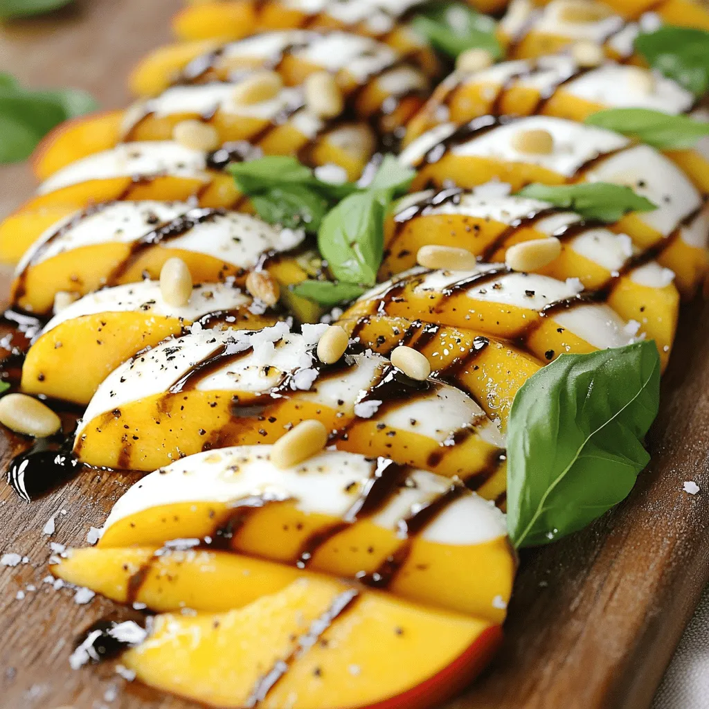 Für einen leckeren Pfirsich Caprese Salat brauchst du: - 2 reife Pfirsiche, in Scheiben geschnitten - 225 g frischer Mozzarella, in Scheiben geschnitten - 1 Tasse frische Basilikumblätter - 2 Esslöffel Balsamico-Glasur - 1 Esslöffel natives Olivenöl extra - Salz und frisch gemahlener schwarzer Pfeffer nach Geschmack Diese Zutaten sorgen für einen frischen, leckeren Geschmack. Die Kombination aus süßen Pfirsichen und cremigem Mozzarella ist einfach köstlich. Wenn du etwas mehr Crunch möchtest, füge folgende Zutaten hinzu: - ¼ Tasse geröstete Pinienkerne Die Pinienkerne geben dem Salat einen nussigen Geschmack. Sie sorgen auch für eine schöne Textur. Du kannst auch andere Nüsse oder Samen verwenden, wenn du magst. Wähle reife, saftige Pfirsiche aus. Sie sollten leicht weich sein, wenn du sie drückst. Achte darauf, dass der Mozzarella frisch ist. Er sollte weich und feucht sein. Die Basilikumblätter sollten grün und fest sein. Vermeide welke oder braune Blätter. Wenn du die besten Zutaten auswählst, wird dein Salat noch besser schmecken. Für das vollständige Rezept, klicke bitte hier: [Full Recipe]. Zuerst waschen Sie die Pfirsiche gründlich. Schneiden Sie sie in dünne Spalten. Es ist nicht nötig, die Schale zu entfernen. Die Schale gibt Textur und Farbe. Dann nehmen Sie den Mozzarella. Schneiden Sie ihn in gleichmäßige Runden. Diese sollten etwa so dick sein wie die Pfirsichscheiben. Frische Basilikumblätter sind wichtig. Sie geben einen tollen Geschmack. Nehmen Sie eine große Servierplatte. Beginnen Sie mit einer Schicht Pfirsichscheiben. Darauf kommt eine Scheibe Mozzarella, gefolgt von einem Basilikumblatt. Wiederholen Sie diese Schichten. So entsteht ein schönes Muster. Achten Sie darauf, dass die Farben gut zur Geltung kommen. Es sieht appetitlich aus. Träufeln Sie das native Olivenöl extra und die Balsamico-Glasur über den Salat. Stellen Sie sicher, dass alles gut bedeckt ist. Würzen Sie mit Salz und Pfeffer nach Geschmack. Wenn Sie möchten, fügen Sie geröstete Pinienkerne hinzu. Diese geben dem Salat einen schönen Crunch. Lassen Sie den Salat 10 Minuten stehen. So können sich die Aromen gut vermischen. Servieren Sie ihn dann frisch auf einem rustikalen Holzbrett oder einem bunten Teller. Für das perfekte Finish können Sie mit mehr Basilikum garnieren. Wenn Sie mehr über die Zubereitung erfahren möchten, schauen Sie sich das [Full Recipe] an. Um den Pfirsich Caprese Salat zu variieren, können Sie andere Früchte nutzen. Versuchen Sie zum Beispiel Nektarinen oder Ananas. Diese Früchte bringen eine süße Note. Auch die Käsewahl kann variieren. Feta oder Ziegenkäse passen gut zu diesem Salat. Wenn Sie es schärfer mögen, fügen Sie etwas frische Chili hinzu. Diese kleinen Änderungen machen den Salat spannend. Die Optik ist wichtig. Servieren Sie den Salat auf einem schönen Teller oder einer rustikalen Holzplatte. Schichten Sie die Zutaten so, dass sie sichtbar sind. Ein spiralförmiges Muster macht einen tollen Eindruck. Garnieren Sie den Salat mit frischen Basilikumblättern. Ein paar Tropfen Balsamico-Glasur um den Teller herum geben eine elegante Note. So wird Ihr Salat zum Hingucker. Der Pfirsich Caprese Salat passt gut zu vielen Beilagen. Servieren Sie ihn mit knusprigem Brot oder Baguette. Auch gegrillte Garnelen sind eine leckere Wahl. Sie bringen eine tolle Textur und Geschmack. Für ein einfaches Abendessen kombinieren Sie ihn mit einer leichten Suppe. Eine Tomatensuppe wäre ideal. Experimentieren Sie mit verschiedenen Beilagen, um das perfekte Menü zu kreieren. {{image_4}} Um Reste des Pfirsich Caprese Salats richtig zu lagern, lege sie in einen luftdichten Behälter. Achte darauf, die Schichten nicht zu zerdrücken. Du kannst die Reste bis zu zwei Tage im Kühlschrank aufbewahren. Verwende Folie oder einen Deckel, um den Salat frisch zu halten. Der Pfirsich Caprese Salat schmeckt am besten frisch. Bei richtiger Lagerung hält er sich bis zu zwei Tage. Nach dieser Zeit können die Zutaten matschig werden. Mozzarella und Pfirsiche verlieren ihre Frische nach ein paar Tagen. Um den Salat nach der Lagerung aufzufrischen, füge frische Basilikumblätter hinzu. Ein Spritzer Olivenöl und Balsamico-Glasur bringt den Geschmack zurück. Mische alles sanft, um die Aromen zu vereinen. So wird der Salat fast wie neu. Ja, du kannst andere Früchte nutzen. Erdbeeren oder Melonen passen gut. Diese Früchte bringen frische Aromen. Mische sie mit Basilikum und Käse. So erhältst du eine neue, leckere Variante. Um den Salat vegan zu machen, lasse den Mozzarella weg. Ersetze ihn durch vegane Käsesorten. Du kannst auch Tofu nehmen. Das gibt eine schöne Textur. Verwende die gleichen frischen Zutaten. Balsamico und Olivenöl bleiben gleich. Wenn du keinen Mozzarella hast, nimm Burrata. Sie ist ähnlich, aber cremiger. Feta ist auch eine gute Wahl. Er bringt einen salzigen Geschmack. Ricotta bietet eine gute Konsistenz und passt gut zu Pfirsichen. - 2 reife Pfirsiche, in Scheiben geschnitten - 225 g frischer Mozzarella, in Scheiben geschnitten - 1 Tasse frische Basilikumblätter - 2 Esslöffel Balsamico-Glasur - 1 Esslöffel natives Olivenöl extra - Salz und frisch gemahlener schwarzer Pfeffer nach Geschmack - Optional: ¼ Tasse geröstete Pinienkerne für den Crunch Um den perfekten Pfirsich Caprese Salat zuzubereiten, beginne mit den Pfirsichen. Wasche sie gut. Schneide sie dann in dünne Spalten. Du kannst die Schale belassen, wenn du mehr Textur magst. Als Nächstes schneide den Mozzarella. Er sollte gleich dicke Scheiben haben, damit alles gut aussieht. Nimm eine große Servierplatte. Schichte die Zutaten. Beginne mit einer Pfirsichscheibe, dann eine Mozzarellascheibe und darauf ein Basilikumblatt. Wiederhole dies, bis du alles aufgebraucht hast. Jetzt kommt das Beste: Träufle das Olivenöl und die Balsamico-Glasur über den Salat. Achte darauf, dass alles gut bedeckt ist. Würze mit Salz und frisch gemahlenem Pfeffer. Wenn du die Pinienkerne benutzt, streue sie jetzt darüber. Lass den Salat 10 Minuten stehen. So können sich die Aromen entfalten. Der Pfirsich Caprese Salat ist leicht und frisch. Er liefert viele Vitamine aus den Pfirsichen und dem Basilikum. Mozzarella bringt Protein und Kalzium. Wenn du die Pinienkerne hinzufügst, erhält der Salat gesunde Fette und zusätzliche Energie. Dieser Salat ist nicht nur lecker, sondern auch gesund. Er eignet sich perfekt als Beilage oder leichtes Hauptgericht. Probiere das vollständige Rezept aus und genieße den Sommer auf deinem Teller! Der Pfirsich Caprese Salat ist frisch und lecker, dank einfacher Zutaten und klaren Schritten. Wir haben die wichtigsten Zutaten, die Zubereitung und einige praktische Tipps behandelt. Variationen und passende Beilagen machen das Rezept flexibel. Achte beim Lagern auf die Haltbarkeit, um den Salat frisch zu halten. Ob du andere Früchte oder veganen Käse verwenden möchtest, es gibt viele Möglichkeiten. Probiere es aus und genieße deinen Salat auf neue Weise!