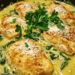 - 4 Hühnerbrustfilets, entbeint und ohne Haut - 4 Knoblauchzehen, fein gehackt - 1 Tasse Schlagsahne - 1 Teelöffel getrockneter Oregano - 1 Teelöffel geräuchertes Paprikapulver - Salz und frisch gemahlener schwarzer Pfeffer - 1 Tasse frische Spinatblätter - ½ Tasse geriebener Parmesan - Frische Petersilie zur Garnierung Das richtige Rezept bringt die besten Zutaten zusammen. Für meinen herzhaften Knoblauch-Hühnchen in cremiger Sauce verwende ich frische, hochwertige Zutaten. Die Hühnerbrustfilets sind zart und saftig. Der Knoblauch bringt einen starken, aber leckeren Geschmack. Die Sahne macht die Sauce cremig und reichhaltig. Gewürze wie Oregano und Paprika fügen Tiefe hinzu. Ich mag es, die Gewürze frisch zu mahlen. Das gibt mehr Geschmack. Frischer Spinat sorgt für Farbe und einen Nährstoffschub. Der Parmesan schmilzt und macht die Sauce noch besser. Petersilie ist perfekt zum Garnieren. Sie bringt Frische auf den Teller. Wenn du alle Zutaten bereit hast, bist du bereit für das Kochen! Für das vollständige Rezept, schau in den Abschnitt "Full Recipe". Zuerst würzen Sie die Hühnerbrustfilets. Sehen Sie, dass Sie Salz, Pfeffer, geräuchertes Paprikapulver und Oregano verwenden. Streuen Sie die Gewürze großzügig auf beide Seiten des Hühnchens. So bleibt der Geschmack erhalten. Lassen Sie das Hühnchen ein paar Minuten ruhen. Dies hilft, die Gewürze in das Fleisch einziehen zu lassen. Erhitzen Sie das Olivenöl in einer großen Pfanne bei mittlerer bis hoher Hitze. Wenn das Öl heiß ist, fügen Sie die gewürzten Hühnerbrustfilets hinzu. Braten Sie die Filets 5-7 Minuten pro Seite. Achten Sie darauf, dass sie goldbraun und durchgegart sind. Nehmen Sie das Hühnchen danach aus der Pfanne und legen Sie es beiseite. Reduzieren Sie die Hitze auf mittlere Stufe. Geben Sie den fein gehackten Knoblauch in die Pfanne. Braten Sie ihn 30 Sekunden lang an, bis er duftet. Achten Sie darauf, dass er nicht verbrennt. Gießen Sie dann die Hühnerbrühe in die Pfanne. Lassen Sie die Brühe zum Simmern kommen. Rühren Sie langsam die Schlagsahne ein. Lassen Sie alles 3-4 Minuten köcheln, bis es leicht eindickt. Jetzt ist es Zeit, die frischen Spinatblätter und den geriebenen Parmesan hinzuzufügen. Rühren Sie die Mischung gut um, sodass der Spinat in der Hitze verwelkt. Der Käse wird schmelzen und eine reichhaltige, cremige Textur bilden. Legen Sie die vorgebratenen Hühnerbrustfilets zurück in die Pfanne. Löffeln Sie etwas von der Sauce über die Stücke. Lassen Sie alles weitere 2-3 Minuten auf niedriger Hitze erwärmen. Nehmen Sie die Pfanne vom Herd. Garnieren Sie das Gericht mit frischer, grob gehackter Petersilie, bevor Sie es servieren. Für das vollständige Rezept, schauen Sie sich die Sektion "Full Recipe" an. - Füge frische Kräuter wie Thymian oder Basilikum hinzu, um den Geschmack zu verbessern. - Experimentiere mit Gewürzen wie Knoblauchpulver oder Zwiebelpulver nach deinem Geschmack. - Um trockenes Fleisch zu vermeiden, brate das Hühnchen nicht zu lange. - Ein Fleischthermometer hilft dir. Das Hühnchen sollte 75 °C erreichen. - Arrangiere das Hühnchen auf einem schönen Teller. - Serviere es mit Beilagen wie Reis, Pasta oder frischem Brot für ein besseres Dinner. Mit diesen Tipps wird dein Savory Garlic Chicken in Creamy Sauce noch besser! {{image_4}} Sie können das Rezept anpassen, um neue Geschmäcker zu entdecken. Eine einfache Möglichkeit ist, Pilze oder anderes Gemüse hinzuzufügen. Pilze bringen einen herzhaften Geschmack. Zucchini oder Paprika passen auch gut in die cremige Sauce. Ein weiterer Tipp ist, verschiedene Käsesorten zu verwenden. Feta oder Gouda geben dem Gericht eine andere Note. Sie können auch einen scharfen Käse wählen, wenn Sie etwas mehr Würze mögen. Für eine gesunde Option können Sie das Gericht vegan oder glutenfrei zubereiten. Verwenden Sie pflanzliche Hähnchenalternativen, wenn Sie kein Fleisch essen. Auch pflanzliche Sahneprodukte sind eine gute Wahl. Diese Optionen machen das Gericht leicht und lecker. Wenn Sie glutenfrei kochen möchten, achten Sie darauf, glutenfreie Brühe zu verwenden. So bleibt der Geschmack intensiv und lecker, ohne Gluten. Das Gericht passt gut zu vielen Beilagen. Reis oder Quinoa sind tolle Optionen. Sie können auch Pasta dazu servieren, um das Gericht reichhaltiger zu machen. Salate sind ebenfalls eine gute Wahl. Ein frischer grüner Salat mit Zitronen-Dressing stimmt gut mit dem Hähnchen überein. Auch ein klassischer Caesar-Salat ist eine schmackhafte Beilage. Lagern Sie das Hühnchen in einem luftdichten Behälter. So bleibt die Frische erhalten. Verwenden Sie frische oder gefrorene Behälter, die gut schließen. Das Gericht hält sich im Kühlschrank bis zu drei Tage. Nutzen Sie es in dieser Zeit für schnelle Mahlzeiten. Um das Hühnchen einzufrieren, lassen Sie es zuerst abkühlen. Teilen Sie es in Portionen und legen Sie es in gefriergeeignete Beutel. Drücken Sie die Luft heraus, bevor Sie sie verschließen. So bleibt der Geschmack frisch. Zum Aufwärmen, lassen Sie es im Kühlschrank auftauen. Erhitzen Sie es dann in einer Pfanne bei niedriger Hitze. Fügen Sie einen Schuss Brühe oder Sahne hinzu, um die Sauce wieder cremig zu machen. Haben Sie Reste? Machen Sie daraus leckere Wraps oder Salate. Sie können das Hühnchen auch in Pasta oder auf Pizza nutzen. Es gibt viele kreative Möglichkeiten, um Reste zu verwenden. Probieren Sie, es in einer Suppe zu verarbeiten oder in einem Auflauf. So wird nichts verschwendet und Sie genießen neue Gerichte. Die Zubereitung dauert insgesamt etwa 30 Minuten. Die Vorbereitungszeit beträgt 10 Minuten. Das Kochen selbst dauert dann 20 Minuten. Diese Zeit ist schnell für ein so köstliches Gericht. Sie können ein schnelles Abendessen in weniger als einer halben Stunde zubereiten. Ja, Sie können das Rezept leicht anpassen. Fügen Sie zum Beispiel Pilze oder Zucchini hinzu. Diese Gemüse bringen zusätzlichen Geschmack und Nährstoffe. Sie können auch die Sahne durch eine Pflanzenoption ersetzen. Das macht das Gericht leichter, ohne den Geschmack zu verlieren. Für Beilagen empfehle ich Reis oder Nudeln. Diese passen gut zur cremigen Sauce. Auch ein frischer Salat ist eine gute Wahl. Er bringt frische und Crunch auf den Tisch. Sie können auch geröstetes Gemüse servieren, das macht das Essen bunter. Das Rezept hat gesunde Elemente. Hühnerbrust ist eine gute Proteinquelle. Der Spinat liefert Vitamine und Mineralstoffe. Die Sahne macht es reichhaltig, also genießen Sie es in Maßen. Wenn Sie auf Kalorien achten, nutzen Sie weniger Sahne oder eine leichte Variante. Die vollständige Rezeptbeschreibung finden Sie in der Sektion "Full Recipe". Dort sind alle Schritte und Zutaten klar aufgelistet. So können Sie das Gericht leicht nachkochen und genießen. In diesem Blogbeitrag haben wir ein herzhaftes Rezept für Hühnerbrust mit einer cremigen Sauce durchgearbeitet. Wir haben die Hauptzutaten, Gewürze und Schritt-für-Schritt-Anleitungen besprochen. Tipps zur perfekten Zubereitung und kreative Variationen haben wir ebenfalls behandelt. Zum Schluss haben wir wichtige Lagerungshinweise gegeben. Dieser leckere Genuss ist einfach zuzubereiten und lässt sich vielfältig anpassen. Nun können Sie direkt in die Küche gehen und dieses Gericht zubereiten!