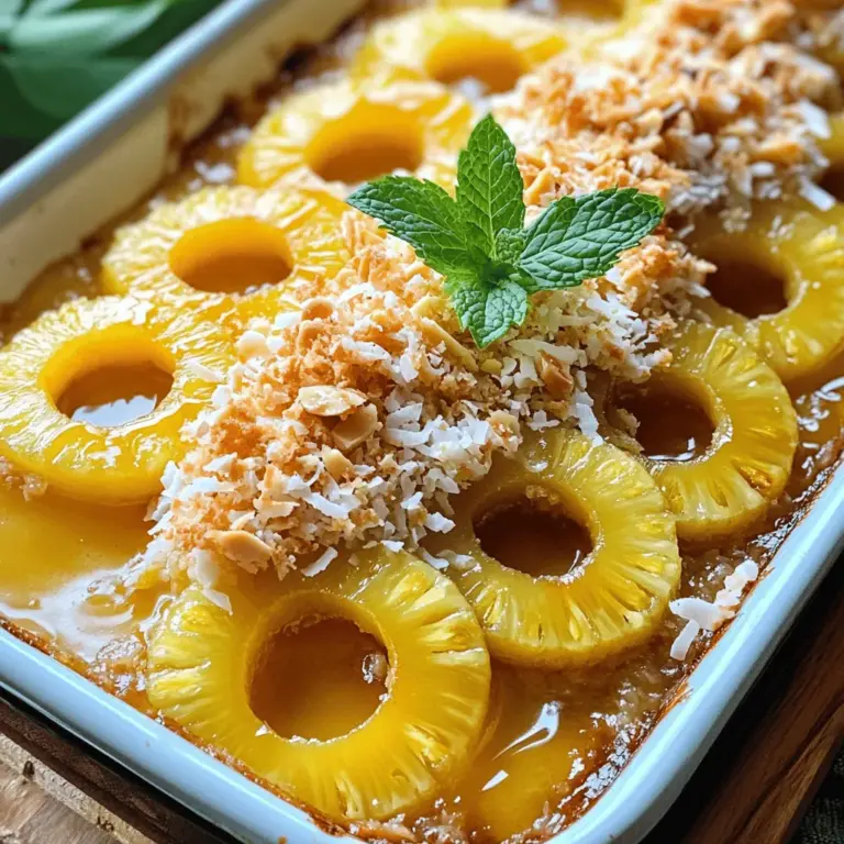 Hier sind die Zutaten, die Sie für den Ananasauflauf benötigen: - 1 reife Ananas, geschält und in Ringe geschnitten - 1 Tasse brauner Zucker - ½ Tasse ungesalzene Butter, geschmolzen - 1 Teelöffel Zimt - 1 Tasse geraspelter Kokosnuss - 1 Tasse gehackte Pekannüsse oder Walnüsse - 1 Tasse Weizenmehl - 1 Teelöffel Backpulver - ½ Teelöffel Salz - 1 großes Ei - ½ Tasse Milch - 1 Teelöffel Vanilleextrakt Frische Ananas macht diesen Auflauf besonders lecker. Wählen Sie eine reife Ananas. Die Schale sollte goldgelb sein. Drücken Sie leicht auf die Frucht. Sie sollte etwas nachgeben. Schneiden Sie die Ananas in Ringe. Entfernen Sie den harten Kern in der Mitte. So wird der Geschmack noch besser. Wenn frische Ananas nicht verfügbar ist, nutzen Sie Dosenananas. Achten Sie darauf, die Ananas gut abzutropfen. Sie können auch Ananasstücke im eigenen Saft verwenden. Diese sind süß und einfach zu verarbeiten. Für den Zimt können Sie auch Muskatnuss verwenden. Es gibt viele Wege, um den Geschmack zu variieren. Heizen Sie Ihren Ofen auf 175°C (350°F) vor. Fetten Sie eine 23x33 cm große Auflaufform ein. Das sorgt dafür, dass der Ananasauflauf nicht anklebt. Eine gut vorbereitete Form macht das Servieren einfacher und schöner. In einer kleinen Schüssel vermischen Sie die geschmolzene Butter mit dem braunen Zucker. Rühren Sie, bis die Mischung glatt ist. Diese süße Mischung kommt auf den Boden der Auflaufform. Sie wird beim Backen karamellisieren und dem Auflauf einen tollen Geschmack geben. In einer separaten Schüssel kombinieren Sie die geraspelte Kokosnuss, die gehackten Nüsse, das Mehl, das Backpulver, das Salz und den Zimt. In einer anderen Schüssel verquirlen Sie das Ei, die Milch und den Vanilleextrakt. Fügen Sie die feuchten Zutaten langsam zu den trockenen Zutaten hinzu. Rühren Sie vorsichtig, bis alles gut vermischt ist. Gießen Sie den Teig gleichmäßig über die Ananasscheiben. Backen Sie den Ananasauflauf für 30-35 Minuten. Die Oberfläche sollte goldbraun sein. Ein Zahnstocher sollte sauber herauskommen. Lassen Sie ihn kurz abkühlen und schneiden Sie dann in Stücke. Genießen Sie den tropischen Geschmack! Für weitere Details schauen Sie sich das Full Recipe an. Ein häufiger Fehler ist, den Teig zu übermixen. Das führt zu einem dichten Auflauf. Mischen Sie die Zutaten nur, bis sie vereint sind. Ein anderer Fehler ist, nicht genug Butter zu verwenden, um die Ananasscheiben zu bedecken. Dies kann den Geschmack und die Textur beeinträchtigen. Stellen Sie sicher, dass die Butter-Zucker-Mischung gleichmäßig verteilt ist. Die perfekte Konsistenz hat eine feuchte, aber nicht zu dichte Struktur. Achten Sie darauf, die Milch und das Ei gut zu vermischen. Das sorgt für eine lockere Textur. Wenn der Teig zu dick erscheint, fügen Sie einen Schuss mehr Milch hinzu. Der Auflauf sollte beim Backen leicht aufgehen und eine goldene Kruste bilden. Servieren Sie den Auflauf warm, um das volle Aroma zu genießen. Ein Schuss Honig darüber macht es noch besser. Für einen besonderen Genuss empfehle ich Vanilleeis dazu. Garnieren Sie das Gericht mit frischen Minzblättern. Das gibt nicht nur Farbe, sondern auch einen frischen Geschmack. Wenn Sie die Details im [Full Recipe] befolgen, wird Ihr Auflauf sicher ein Hit! {{image_4}} Du kannst deinen Ananasauflauf leicht anpassen. Probiere andere Früchte aus! Mangos, Pfirsiche und Beeren passen gut. Diese Früchte bringen ihren eigenen Geschmack und Farbe. Sie machen dein Gericht noch bunter und leckerer. Ich finde, die Kombination von Ananas und Mangos ist besonders toll. Für eine vegane Version kannst du die Butter durch Kokosöl ersetzen. Anstelle von Eiern nimm einfach Apfelmus oder Leinsamen. Damit bleibt der Auflauf richtig saftig. Um das Rezept glutenfrei zu machen, nutze glutenfreies Mehl. Das funktioniert super und schmeckt auch klasse! Willst du mehr Geschmack? Füge Nüsse oder Schokolade hinzu. Ich empfehle, Walnüsse oder Pekannüsse zu verwenden. Du kannst auch etwas Kokosflocken für den extra Tropen-Geschmack einrühren. Zimt und Muskatnuss geben dem Auflauf eine warme Note. Diese kleinen Extras machen den Ananasauflauf einzigartig. Wenn du mehr Inspiration möchtest, sieh dir das [Full Recipe] an! Um Reste von Ihrem Ananasauflauf gut zu lagern, lassen Sie ihn zuerst abkühlen. Schneiden Sie ihn dann in Stücke. Legen Sie die Stücke in einen luftdichten Behälter oder wickeln Sie sie in Frischhaltefolie. So bleibt der Geschmack frisch. Stellen Sie sicher, dass die Reste innerhalb von zwei Stunden nach dem Backen in den Kühlschrank kommen. Um den Auflauf wieder aufzuwärmen, heizen Sie den Ofen auf 175°C vor. Legen Sie die Stücke in eine Auflaufform und decken Sie sie mit Aluminiumfolie ab. Dies hilft, die Feuchtigkeit zu halten. Backen Sie den Auflauf für etwa 15-20 Minuten. Wenn Sie es schneller mögen, können Sie die Mikrowelle nutzen. Erwärmen Sie die Stücke in 30-Sekunden-Intervallen, bis sie warm sind. Im Kühlschrank hält sich der Ananasauflauf etwa 3-4 Tage. Wenn Sie ihn länger aufbewahren möchten, können Sie ihn einfrieren. Wickeln Sie die Stücke fest in Folie ein und legen Sie sie in einen gefrierfesten Behälter. So bleibt die Frische für bis zu 2 Monate erhalten. Denken Sie daran, ihn langsam im Kühlschrank aufzutauen, bevor Sie ihn wieder aufwärmen. Die Zubereitung eines Ananasauflaufs dauert etwa 15 Minuten. Das Backen benötigt dann 30 bis 35 Minuten. Insgesamt sind Sie in etwa 45 Minuten fertig. So schnell haben Sie ein leckeres Dessert! Ja, Sie können den Ananasauflauf am Vortag zubereiten. Lassen Sie ihn nach dem Backen abkühlen. Decken Sie ihn dann gut ab und stellen Sie ihn in den Kühlschrank. Am nächsten Tag einfach aufwärmen und servieren. So sparen Sie Zeit! Sie können den Ananasauflauf mit vielen Beilagen servieren. Hier sind einige tolle Ideen: - Eine Kugel Vanilleeis - Schlagsahne - Joghurt - Frische Minze zur Dekoration Diese Beilagen heben den Auflauf noch mehr hervor. Für das volle Geschmackserlebnis probieren Sie die vorgeschlagenen Beilagen! Der Ananasauflauf ist einfach zuzubereiten und lecker. In diesem Artikel haben wir die wichtigsten Zutaten und Zubereitungsschritte behandelt. Wir haben auch Tipps gegeben, um häufige Fehler zu vermeiden und die perfekte Konsistenz zu erreichen. Variationen und Anpassungen machen das Rezept noch spannender. Und zu guter Letzt findet man einfache Lagerungshinweise und Antworten auf häufige Fragen. Probiere es selbst aus und genieße jeden Biss!