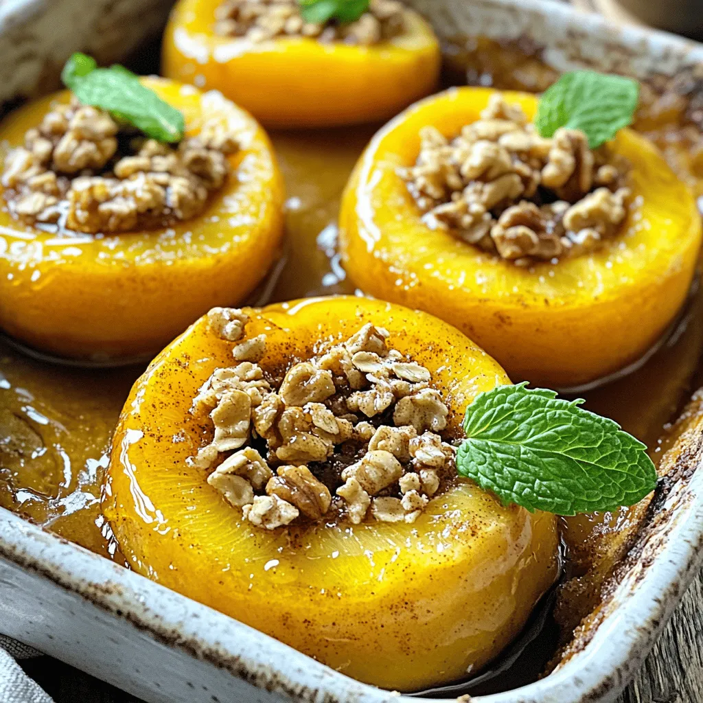 - 4 reife Nektarinen, halbiert und entsteint - 4 Esslöffel Honig - 1 Teelöffel gemahlener Zimt Die Nektarinen sind der Star dieses Rezepts. Wählen Sie reife, saftige Nektarinen. Der Honig bringt Süße und der Zimt fügt einen warmen, würzigen Geschmack hinzu. - 2 Esslöffel geschmolzene Butter - 1/4 Tasse Haferflocken - 1/4 Tasse gehackte Walnüsse (oder Mandeln) Die geschmolzene Butter sorgt für einen schönen Glanz. Haferflocken und Nüsse geben einen knusprigen Biss. Sie können auch Mandeln statt Walnüsse nehmen, je nach Vorliebe. - Eine Prise Meersalz - Frische Minzblätter zur Garnitur (optional) Das Meersalz hebt die Aromen hervor. Frische Minzblätter sind eine tolle Garnitur. Sie bringen Farbe und einen frischen Geschmack. Für das vollständige Rezept schauen Sie sich [Full Recipe] an. Heizen Sie Ihren Ofen auf 175°C (350°F) vor. Schneiden Sie die Nektarinen in zwei Hälften und entfernen Sie die Kerne. Legen Sie die halbierten Nektarinen mit der Schnittseite nach oben in eine Auflaufform. Diese Vorbereitung ist wichtig, damit die Nektarinen gleichmäßig backen. Nehmen Sie eine kleine Schüssel und vermengen Sie die geschmolzene Butter, den Honig und den Zimt. Rühren Sie gut um, bis alles gleichmäßig vermischt ist. Diese Glasur wird den Nektarinen einen süßen und würzigen Geschmack verleihen. Träufeln Sie die Honig-Zimt-Mischung gleichmäßig über jede Nektarinenhälfte. Achten Sie darauf, dass jede Nektarine gut bedeckt ist. In einer anderen Schüssel kombinieren Sie die Haferflocken und die gehackten Walnüsse. Streuen Sie diese Mischung über die Nektarinen, um einen knusprigen Akzent hinzuzufügen. Backen Sie die Nektarinen für 20 Minuten. Sie sollten zart sein und die Oberseite goldbraun. Um die besten Nektarinen zu finden, achte auf die Farbe. Eine schöne, kräftige Farbe zeigt, dass die Frucht reif ist. Drücke sanft auf die Nektarinen. Sie sollten leicht nachgeben, wenn sie reif sind. Ein süßer Duft ist auch ein gutes Zeichen. Vermeide Nektarinen mit Druckstellen oder braunen Flecken. Die Backzeit hängt von der Reife der Nektarinen ab. Wenn sie sehr reif sind, brauchen sie weniger Zeit. Eine Backzeit von 15 bis 20 Minuten ist ideal. Überprüfe nach 15 Minuten, ob sie weich sind. Wenn sie noch fest sind, backe sie weiter. Achte darauf, dass sie nicht zu weich werden, sonst zerfallen sie. Um die Aromen zu erweitern, kannst du verschiedene Gewürze verwenden. Vanille passt gut zu Honig und Zimt. Eine Prise Muskatnuss gibt einen warmen, nussigen Geschmack. Probiere auch geröstete Mandeln oder Kokosraspeln als Topping. Diese fügen eine schöne Textur hinzu. Du kannst auch frische Kräuter wie Basilikum oder Thymian verwenden, um das Gericht zu verfeinern. {{image_4}} Du kannst mit vielen Früchten spielen. Äpfel sind eine tolle Wahl. Sie geben einen süßen und knackigen Biss. Pfirsiche haben einen ähnlichen Geschmack wie Nektarinen. Ihre Saftigkeit macht sie ideal für dieses Rezept. Birnen bringen eine sanfte Süße und eine weiche Textur. Du kannst jede dieser Früchte nach deinem Geschmack verwenden. Das macht das Gericht spannend und abwechslungsreich. Wenn du eine vegane Alternative suchst, ist das einfach. Ersetze den Honig durch Agavendicksaft. Agavendicksaft hat einen ähnlichen süßen Geschmack. Er lässt sich auch gut mit Zimt kombinieren. So bleibst du beim gleichen köstlichen Aroma, ohne tierische Produkte zu verwenden. Auch die anderen Zutaten sind meist vegan. So kannst du dieses Dessert ganz einfach anpassen. Für eine glutenfreie Variante gibt es gute Optionen. Du kannst die Haferflocken durch gemahlene Mandeln ersetzen. Sie bringen eine nussige Note und eine schöne Textur. Auch Kokosmehl ist eine gute Wahl. Es gibt dem Gericht einen leichten Kokosgeschmack. Achte darauf, dass du glutenfreie Haferflocken nutzt, wenn du sie behältst. So kannst du das Gericht für alle genießen. Für mehr Details und eine vollständige Anleitung, schau dir das [Full Recipe] an. Um gebackene Nektarinen frisch zu halten, lege sie in einen luftdichten Behälter. Achte darauf, dass die Nektarinen nicht übereinander liegen. So bleibt die Textur gut. Stelle den Behälter in den Kühlschrank, um die Nektarinen kühl zu halten. Wenn du sie länger aufbewahren möchtest, kannst du auch einfrieren. Wickel sie dafür gut in Frischhaltefolie ein. Um die Reste aufzuwärmen, benutze den Ofen. Stelle ihn auf 175°C (350°F) ein. Lege die Nektarinen in eine Auflaufform. Decke sie mit Alufolie ab, damit sie nicht austrocknen. Backe sie für etwa 10 Minuten. Du kannst sie auch in der Mikrowelle aufwärmen. Stelle die Leistung auf mittlere Stufe und erhitze sie für 30 Sekunden. Prüfe danach, ob sie warm genug sind. Gebackene Nektarinen bleiben im Kühlschrank etwa 3 Tage frisch. Achte darauf, dass du sie in einem luftdichten Behälter aufbewahrst. Wenn du sie einfrierst, sind sie bis zu 3 Monate haltbar. So kannst du sie später genießen. Wenn du sie wieder auftauen möchtest, lasse sie einfach im Kühlschrank über Nacht. Die Zubereitung gebratener Nektarinen dauert insgesamt etwa 30 Minuten. Die Vorbereitungszeit beträgt 10 Minuten, während die Garzeit 20 Minuten in Anspruch nimmt. So kannst du ganz schnell eine köstliche Süßigkeit zaubern! Ja, du kannst die Nektarinen im Voraus zubereiten. Bereite sie einfach bis zur Backzeit vor und stelle sie in den Kühlschrank. Wenn du bereit bist zu servieren, backe sie einfach für 20 Minuten. So hast du mehr Zeit für deine Gäste. Zu gebackenen Nektarinen passen viele leckere Begleiter. Hier sind einige Ideen: - Eine Kugel Vanilleeis für die Süße. - Griechischer Joghurt für einen cremigen Kontrast. - Quark oder Mascarpone für eine reichhaltige Textur. - Geröstete Nüsse für einen knusprigen Biss. Diese Kombinationen machen das Gericht noch besser. Probiere sie aus! Für die vollständige Zubereitung schau dir das [Full Recipe] an. Die gebackenen Nektarinen sind einfach und lecker. Sie erfordern nur wenige Zutaten wie Honig, Zimt und Nüsse. Wir haben besprochen, wie man sie zubereitet und Tipps gegeben, um sie perfekt zu machen. Vergessen Sie nicht, mit verschiedenen Früchten zu experimentieren oder vegane und glutenfreie Optionen auszuprobieren. Diese Nachspeise ist leicht zu lagern und schmeckt auch aufgewärmt gut. Probieren Sie es selbst aus und genießen Sie diesen fruchtigen Genuss!