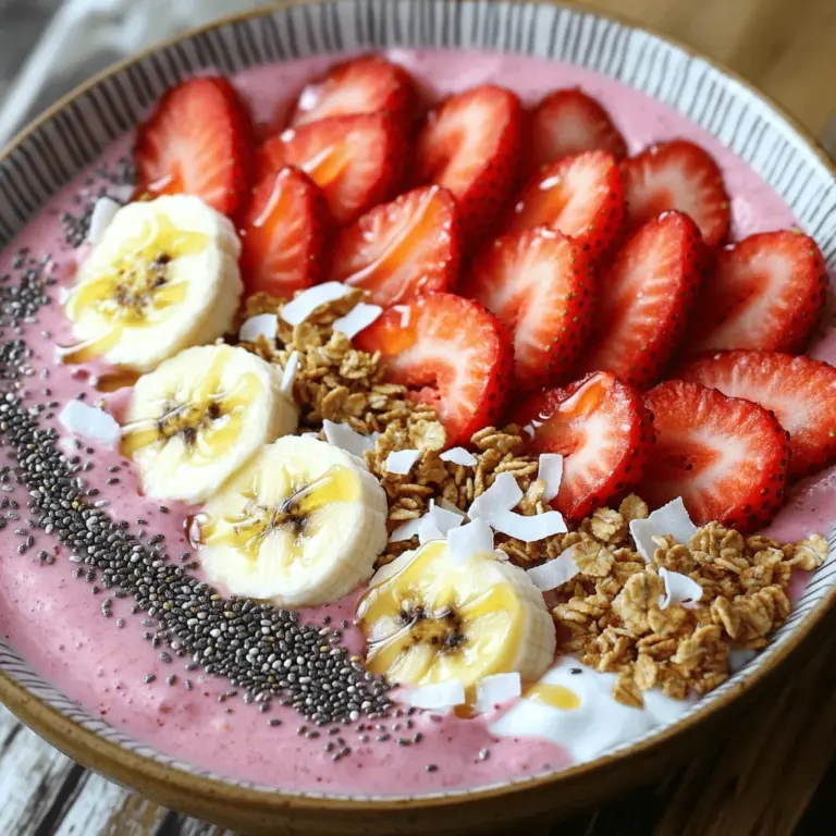 Für die perfekte Erdbeer-Bananen-Smoothie Bowl brauchst du nur wenige einfache Zutaten. Hier sind die Hauptzutaten: - 1 Tasse gefrorene Erdbeeren - 1 reife Banane, in Scheiben geschnitten - 1/2 Tasse griechischer Joghurt (Vanille oder Natur) - 1/2 Tasse Mandelmilch (oder andere Milch nach Wahl) - 1 Esslöffel Honig oder Ahornsirup (nach Geschmack anpassen) - 1/4 Teelöffel Vanilleextrakt Diese Zutaten machen die Basis deiner Smoothie Bowl. Die gefrorenen Erdbeeren geben einen kühlen, fruchtigen Geschmack. Die Banane macht die Mischung schön cremig. Der Joghurt fügt eine schöne Textur hinzu. Mandelmilch gibt dir die Flüssigkeit, die du brauchst, um alles gut zu mixen. Toppings sind das Sahnehäubchen auf deiner Smoothie Bowl. Sie machen sie nicht nur lecker, sondern auch schön anzusehen. Hier sind einige tolle Ideen für Toppings: - Frische Erdbeeren in Scheiben - Bananenscheiben - Granola - Chiasamen - Geraspelte Kokosnuss Diese Toppings sorgen für Crunch und zusätzliche Frische. Du kannst sie kreativ anrichten. So wird deine Bowl zu einem echten Hingucker. Essbare Blumen können ebenfalls einen tollen Farbakzent setzen. Wenn du keine gefrorenen Erdbeeren hast, kannst du auch andere Früchte verwenden. Hier sind einige Alternativen: - Gefrorene Himbeeren - Mango - Ananas Für den Joghurt kannst du einen pflanzlichen Joghurt wählen, wenn du vegan kochen möchtest. Die Mandelmilch kann durch Hafermilch oder Sojamilch ersetzt werden. Das gibt dir viele Möglichkeiten, die Bowl nach deinem Geschmack zu gestalten. Für die vollständige Zubereitung, schau dir das [Full Recipe] an. Um die Basis für deine Smoothie Bowl zu machen, nimm einfach die gefrorenen Erdbeeren, die Bananen, den Joghurt und die Mandelmilch. Gib alles in einen Mixer. Mixe die Zutaten gut durch, bis die Mischung glatt ist. Wenn sie zu dick ist, füge etwas mehr Mandelmilch hinzu. Du willst eine cremige Konsistenz, die leicht aus der Schüssel fließt. Die richtige Konsistenz ist wichtig. Zu dicke Smoothies sind schwer zu essen. Zu dünne sind nicht gut für eine Bowl. Du kannst die Konsistenz leicht anpassen. Wenn du einen dickeren Smoothie willst, füge weniger Milch hinzu. Für eine dünnere Mischung, benutze mehr Milch. Experimentiere ein wenig, um deine perfekte Mischung zu finden. Für die Präsentation nimm eine breite Schüssel. Gieße die Smoothie-Mischung hinein. Nutze einen Spatel, um die Oberfläche glatt zu machen. Jetzt kommt der kreative Teil! Lege frische Erdbeerscheiben und Bananenscheiben auf eine Seite der Schüssel. Auf die andere Seite streue Granola, Chiasamen und Kokosnuss. Das sieht nicht nur toll aus, sondern gibt auch einen tollen Crunch. Wenn du magst, träufle etwas Honig oder Ahornsirup über die Toppings. Das macht alles noch süßer. Für die besten Ergebnisse, achte darauf, die Bowl gleich nach der Zubereitung zu essen. So bleibt die Konsistenz perfekt. Du kannst auch essbare Blumen hinzufügen, um Farbe und Stil zu zeigen. Um einen cremigen Smoothie zu machen, sind frische Zutaten wichtig. Gefrorene Erdbeeren geben dem Smoothie eine dicke Textur. Die Banane hilft auch, die Mischung cremig zu machen. Fügen Sie griechischen Joghurt hinzu, um mehr Cremigkeit zu erreichen. Wenn der Smoothie zu dick ist, fügen Sie ein wenig Mandelmilch hinzu. Mixen Sie alles gut, bis es ganz glatt ist. Es gibt viele Möglichkeiten, diese Smoothie Bowl zu variieren. Wenn Sie Schokolade mögen, fügen Sie Kakaopulver hinzu. Für einen grünen Smoothie können Sie Spinat oder Grünkohl verwenden. Mögen Sie Nüsse? Fügen Sie Erdnussbutter oder Mandelbutter hinzu. Jeder kann seine eigene Mischung finden. Experimentieren Sie mit verschiedenen Toppings wie Nüssen, Samen oder anderen Früchten. Ein häufiger Fehler ist, zu viele gefrorene Zutaten zu verwenden. Das macht den Smoothie zu dick. Achten Sie darauf, das richtige Verhältnis zu finden. Ein weiterer Fehler ist, nicht genug zu mixen. Wenn der Smoothie nicht ganz glatt ist, kann das den Genuss mindern. Mixen Sie ihn also gut, bis alles gleichmäßig ist. So wird Ihre Smoothie Bowl immer lecker und ansprechend. Sie können die vollständige Anleitung in unserem [Full Recipe] finden. {{image_4}} Eine Strawberry Banana Smoothie Bowl ist toll, aber Variationen machen sie spannend. Hier sind ein paar Ideen, die du ausprobieren kannst. Füge frischen Spinat hinzu, um eine grüne Smoothie Bowl zu machen. Er gibt dir Vitamine und bleibt mild im Geschmack. Mische einfach eine Handvoll Spinat mit den Erdbeeren und Bananen. Das gibt dir eine knackige grüne Farbe und bleibt lecker. Es ist ein toller Weg, mehr Gemüse in deine Ernährung zu bringen. Für Schokoladenliebhaber, probiere Kakao-Pulver in deiner Mischung. Ein Esslöffel reicht aus, um einen schokoladigen Geschmack zu erzielen. Mische es zusammen mit den Erdbeeren und Bananen. Du kannst auch Schokoladenstückchen als Topping verwenden, um es noch köstlicher zu machen. Diese Version ist perfekt für einen süßen Snack oder ein Dessert. Wenn du eine vegane Option möchtest, ersetze den griechischen Joghurt durch Kokosjoghurt oder Cashewjoghurt. Diese Alternativen sind cremig und lecker. Auch die Mandelmilch kann durch Hafer- oder Sojamilch ersetzt werden. So bleibt die Smoothie Bowl vegan und bleibt trotzdem frisch und köstlich. Egal, für welche Variation du dich entscheidest, jede bringt ihren eigenen Geschmack. Du kannst die Basis von der [Full Recipe] nutzen und dann kreativ werden! Um die Zutaten frisch zu halten, lagern Sie sie richtig. Gefrorene Erdbeeren bleiben am besten im Gefrierfach. Achten Sie darauf, die Packung gut zu verschließen. Die Banane sollten Sie bei Raumtemperatur lagern. Wenn sie reif ist, nutzen Sie sie schnell, um die beste Qualität zu genießen. Den griechischen Joghurt halten Sie im Kühlschrank. Achten Sie auf das Haltbarkeitsdatum. Mandelmilch sollte ebenfalls im Kühlschrank aufbewahrt werden und nach dem Öffnen innerhalb weniger Tage verbraucht werden. Wenn Sie eine Portion nicht sofort essen, können Sie die Bowl aufbewahren. Bedecken Sie die Schüssel mit Frischhaltefolie oder einem Deckel. Lagern Sie sie im Kühlschrank. So bleibt die Bowl für etwa einen Tag frisch. Bedenken Sie, dass die Toppings beim Lagern weich werden. Bereiten Sie die Toppings daher am besten frisch vor, wenn Sie die Bowl genießen möchten. Die Haltbarkeit einer Smoothie Bowl ist begrenzt. Im Kühlschrank hält sie sich etwa einen Tag. Reste können Sie auch für einen schnellen Snack verwenden. Mischen Sie die Bowl einfach mit etwas frischer Mandelmilch, um sie wieder cremig zu machen. Wenn Sie Reste der Toppings haben, können Sie diese auch in Joghurt oder Haferflocken verwenden. So verschwenden Sie nichts und genießen weiterhin leckere Geschmackskombinationen. Um deine Smoothie Bowl süßer zu machen, füge etwas Honig oder Ahornsirup hinzu. Du kannst auch mehr Banane verwenden, da sie natürlich süß ist. Ein Schuss Agavendicksaft ist eine weitere gute Option. Achte darauf, die Süße langsam zu steigern. So findest du die perfekte Balance für deinen Geschmack. Ja, du kannst viele andere Früchte hinzufügen! Beeren wie Himbeeren oder Blaubeeren schmecken toll. Mango oder Ananas bringen einen tropischen Touch. Du kannst auch gefrorene Früchte nutzen, um die Bowl kalt und cremig zu halten. Achte darauf, die Früchte gut zu mixen, damit die Konsistenz schön bleibt. Eine Smoothie Bowl ist eine gesunde Frühstücksoption. Sie ist voll von Vitaminen und Nährstoffen. Die Kombination aus Obst und Joghurt liefert dir Energie für den Tag. Mit den richtigen Toppings kannst du zudem Ballaststoffe und gesunde Fette hinzufügen. Achte darauf, frische und natürliche Zutaten zu verwenden. So bleibst du fit und gesund. Smoothie Bowls sind einfach und lecker. Wir haben die Hauptzutaten und Toppings besprochen. Außerdem gab es Tipps für die perfekte Konsistenz und Präsentation. Ich habe verschiedene Variationen gezeigt, wie die grüne Bowl oder die schokoladige Banane Erdbeer Bowl. Jetzt weißt du auch, wie man die Zutaten lagert und wie lange die Bowls halten. Nutze diese Tipps, um deine Smoothie Bowl zu verbessern. Experimentiere mit Geschmäckern und finde deine eigene perfekte Mischung.