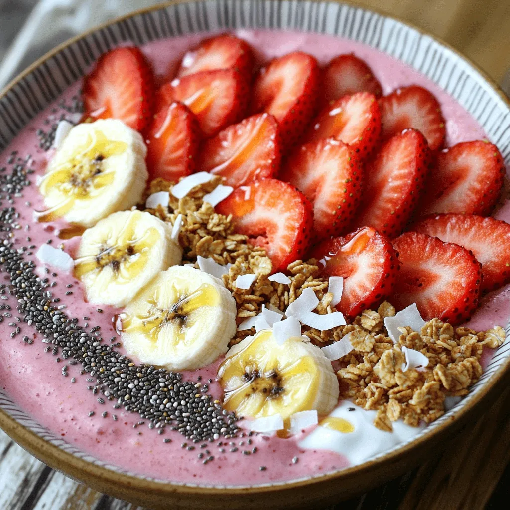 Für die perfekte Erdbeer-Bananen-Smoothie Bowl brauchst du nur wenige einfache Zutaten. Hier sind die Hauptzutaten: - 1 Tasse gefrorene Erdbeeren - 1 reife Banane, in Scheiben geschnitten - 1/2 Tasse griechischer Joghurt (Vanille oder Natur) - 1/2 Tasse Mandelmilch (oder andere Milch nach Wahl) - 1 Esslöffel Honig oder Ahornsirup (nach Geschmack anpassen) - 1/4 Teelöffel Vanilleextrakt Diese Zutaten machen die Basis deiner Smoothie Bowl. Die gefrorenen Erdbeeren geben einen kühlen, fruchtigen Geschmack. Die Banane macht die Mischung schön cremig. Der Joghurt fügt eine schöne Textur hinzu. Mandelmilch gibt dir die Flüssigkeit, die du brauchst, um alles gut zu mixen. Toppings sind das Sahnehäubchen auf deiner Smoothie Bowl. Sie machen sie nicht nur lecker, sondern auch schön anzusehen. Hier sind einige tolle Ideen für Toppings: - Frische Erdbeeren in Scheiben - Bananenscheiben - Granola - Chiasamen - Geraspelte Kokosnuss Diese Toppings sorgen für Crunch und zusätzliche Frische. Du kannst sie kreativ anrichten. So wird deine Bowl zu einem echten Hingucker. Essbare Blumen können ebenfalls einen tollen Farbakzent setzen. Wenn du keine gefrorenen Erdbeeren hast, kannst du auch andere Früchte verwenden. Hier sind einige Alternativen: - Gefrorene Himbeeren - Mango - Ananas Für den Joghurt kannst du einen pflanzlichen Joghurt wählen, wenn du vegan kochen möchtest. Die Mandelmilch kann durch Hafermilch oder Sojamilch ersetzt werden. Das gibt dir viele Möglichkeiten, die Bowl nach deinem Geschmack zu gestalten. Für die vollständige Zubereitung, schau dir das [Full Recipe] an. Um die Basis für deine Smoothie Bowl zu machen, nimm einfach die gefrorenen Erdbeeren, die Bananen, den Joghurt und die Mandelmilch. Gib alles in einen Mixer. Mixe die Zutaten gut durch, bis die Mischung glatt ist. Wenn sie zu dick ist, füge etwas mehr Mandelmilch hinzu. Du willst eine cremige Konsistenz, die leicht aus der Schüssel fließt. Die richtige Konsistenz ist wichtig. Zu dicke Smoothies sind schwer zu essen. Zu dünne sind nicht gut für eine Bowl. Du kannst die Konsistenz leicht anpassen. Wenn du einen dickeren Smoothie willst, füge weniger Milch hinzu. Für eine dünnere Mischung, benutze mehr Milch. Experimentiere ein wenig, um deine perfekte Mischung zu finden. Für die Präsentation nimm eine breite Schüssel. Gieße die Smoothie-Mischung hinein. Nutze einen Spatel, um die Oberfläche glatt zu machen. Jetzt kommt der kreative Teil! Lege frische Erdbeerscheiben und Bananenscheiben auf eine Seite der Schüssel. Auf die andere Seite streue Granola, Chiasamen und Kokosnuss. Das sieht nicht nur toll aus, sondern gibt auch einen tollen Crunch. Wenn du magst, träufle etwas Honig oder Ahornsirup über die Toppings. Das macht alles noch süßer. Für die besten Ergebnisse, achte darauf, die Bowl gleich nach der Zubereitung zu essen. So bleibt die Konsistenz perfekt. Du kannst auch essbare Blumen hinzufügen, um Farbe und Stil zu zeigen. Um einen cremigen Smoothie zu machen, sind frische Zutaten wichtig. Gefrorene Erdbeeren geben dem Smoothie eine dicke Textur. Die Banane hilft auch, die Mischung cremig zu machen. Fügen Sie griechischen Joghurt hinzu, um mehr Cremigkeit zu erreichen. Wenn der Smoothie zu dick ist, fügen Sie ein wenig Mandelmilch hinzu. Mixen Sie alles gut, bis es ganz glatt ist. Es gibt viele Möglichkeiten, diese Smoothie Bowl zu variieren. Wenn Sie Schokolade mögen, fügen Sie Kakaopulver hinzu. Für einen grünen Smoothie können Sie Spinat oder Grünkohl verwenden. Mögen Sie Nüsse? Fügen Sie Erdnussbutter oder Mandelbutter hinzu. Jeder kann seine eigene Mischung finden. Experimentieren Sie mit verschiedenen Toppings wie Nüssen, Samen oder anderen Früchten. Ein häufiger Fehler ist, zu viele gefrorene Zutaten zu verwenden. Das macht den Smoothie zu dick. Achten Sie darauf, das richtige Verhältnis zu finden. Ein weiterer Fehler ist, nicht genug zu mixen. Wenn der Smoothie nicht ganz glatt ist, kann das den Genuss mindern. Mixen Sie ihn also gut, bis alles gleichmäßig ist. So wird Ihre Smoothie Bowl immer lecker und ansprechend. Sie können die vollständige Anleitung in unserem [Full Recipe] finden. {{image_4}} Eine Strawberry Banana Smoothie Bowl ist toll, aber Variationen machen sie spannend. Hier sind ein paar Ideen, die du ausprobieren kannst. Füge frischen Spinat hinzu, um eine grüne Smoothie Bowl zu machen. Er gibt dir Vitamine und bleibt mild im Geschmack. Mische einfach eine Handvoll Spinat mit den Erdbeeren und Bananen. Das gibt dir eine knackige grüne Farbe und bleibt lecker. Es ist ein toller Weg, mehr Gemüse in deine Ernährung zu bringen. Für Schokoladenliebhaber, probiere Kakao-Pulver in deiner Mischung. Ein Esslöffel reicht aus, um einen schokoladigen Geschmack zu erzielen. Mische es zusammen mit den Erdbeeren und Bananen. Du kannst auch Schokoladenstückchen als Topping verwenden, um es noch köstlicher zu machen. Diese Version ist perfekt für einen süßen Snack oder ein Dessert. Wenn du eine vegane Option möchtest, ersetze den griechischen Joghurt durch Kokosjoghurt oder Cashewjoghurt. Diese Alternativen sind cremig und lecker. Auch die Mandelmilch kann durch Hafer- oder Sojamilch ersetzt werden. So bleibt die Smoothie Bowl vegan und bleibt trotzdem frisch und köstlich. Egal, für welche Variation du dich entscheidest, jede bringt ihren eigenen Geschmack. Du kannst die Basis von der [Full Recipe] nutzen und dann kreativ werden! Um die Zutaten frisch zu halten, lagern Sie sie richtig. Gefrorene Erdbeeren bleiben am besten im Gefrierfach. Achten Sie darauf, die Packung gut zu verschließen. Die Banane sollten Sie bei Raumtemperatur lagern. Wenn sie reif ist, nutzen Sie sie schnell, um die beste Qualität zu genießen. Den griechischen Joghurt halten Sie im Kühlschrank. Achten Sie auf das Haltbarkeitsdatum. Mandelmilch sollte ebenfalls im Kühlschrank aufbewahrt werden und nach dem Öffnen innerhalb weniger Tage verbraucht werden. Wenn Sie eine Portion nicht sofort essen, können Sie die Bowl aufbewahren. Bedecken Sie die Schüssel mit Frischhaltefolie oder einem Deckel. Lagern Sie sie im Kühlschrank. So bleibt die Bowl für etwa einen Tag frisch. Bedenken Sie, dass die Toppings beim Lagern weich werden. Bereiten Sie die Toppings daher am besten frisch vor, wenn Sie die Bowl genießen möchten. Die Haltbarkeit einer Smoothie Bowl ist begrenzt. Im Kühlschrank hält sie sich etwa einen Tag. Reste können Sie auch für einen schnellen Snack verwenden. Mischen Sie die Bowl einfach mit etwas frischer Mandelmilch, um sie wieder cremig zu machen. Wenn Sie Reste der Toppings haben, können Sie diese auch in Joghurt oder Haferflocken verwenden. So verschwenden Sie nichts und genießen weiterhin leckere Geschmackskombinationen. Um deine Smoothie Bowl süßer zu machen, füge etwas Honig oder Ahornsirup hinzu. Du kannst auch mehr Banane verwenden, da sie natürlich süß ist. Ein Schuss Agavendicksaft ist eine weitere gute Option. Achte darauf, die Süße langsam zu steigern. So findest du die perfekte Balance für deinen Geschmack. Ja, du kannst viele andere Früchte hinzufügen! Beeren wie Himbeeren oder Blaubeeren schmecken toll. Mango oder Ananas bringen einen tropischen Touch. Du kannst auch gefrorene Früchte nutzen, um die Bowl kalt und cremig zu halten. Achte darauf, die Früchte gut zu mixen, damit die Konsistenz schön bleibt. Eine Smoothie Bowl ist eine gesunde Frühstücksoption. Sie ist voll von Vitaminen und Nährstoffen. Die Kombination aus Obst und Joghurt liefert dir Energie für den Tag. Mit den richtigen Toppings kannst du zudem Ballaststoffe und gesunde Fette hinzufügen. Achte darauf, frische und natürliche Zutaten zu verwenden. So bleibst du fit und gesund. Smoothie Bowls sind einfach und lecker. Wir haben die Hauptzutaten und Toppings besprochen. Außerdem gab es Tipps für die perfekte Konsistenz und Präsentation. Ich habe verschiedene Variationen gezeigt, wie die grüne Bowl oder die schokoladige Banane Erdbeer Bowl. Jetzt weißt du auch, wie man die Zutaten lagert und wie lange die Bowls halten. Nutze diese Tipps, um deine Smoothie Bowl zu verbessern. Experimentiere mit Geschmäckern und finde deine eigene perfekte Mischung.