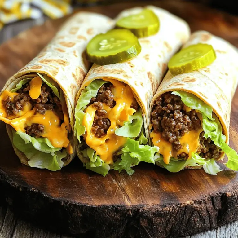 - 450 g Rinderhackfleisch - 4 große Vollkorn-Tortillas - 120 g Mayonnaise - 1 Esslöffel Zwiebelpulver - 1 Esslöffel Knoblauchpulver - 30 g Ketchup - 100 g geschnittene Salatblätter - 100 g geriebener Cheddar-Käse - 75 g geschnittene Gewürzgurken Die Zutaten sind einfach und leicht zu finden. Das Rinderhackfleisch gibt den Wraps einen herzhaften Geschmack. Vollkorn-Tortillas sind gesund und halten die Füllung gut zusammen. Mayonnaise sorgt für die nötige Cremigkeit. Die Gewürze bringen den typischen Big Mac-Geschmack. Zwiebelpulver und Knoblauchpulver sind ein Muss. Ketchup fügt eine süße Note hinzu. Das Gemüse bringt Frische und Crunch. Geschnittene Salatblätter sorgen für Knackigkeit. Der geriebene Cheddar-Käse schmilzt schön und gibt einen tollen Geschmack. Gewürzgurken fügen eine leckere Säure hinzu. Für das komplette Rezept, schau dir die Full Recipe an. Zuerst erhitze eine Pfanne bei mittlerer Hitze. Gib 450 g Rinderhackfleisch hinein. Brate das Fleisch, bis es gleichmäßig braun ist. Achte darauf, das Fleisch gut zu zerbröseln. Gieße überschüssiges Fett ab, um es gesünder zu machen. Füge dann 1 Esslöffel Zwiebelpulver und 1 Esslöffel Knoblauchpulver hinzu. Mische alles gut und lasse es für zwei Minuten weiterkochen. Für die Big Mac-Sauce benötigst du einige einfache Zutaten. In einer Schüssel vermenge 120 g Mayonnaise, 30 g Ketchup, 30 g Senf und 15 g süßen Gurkenrelish. Rühre alles gut durch, bis die Sauce glatt und gleichmäßig ist. Diese Sauce macht den Wrap besonders lecker. Nimm eine große Vollkorn-Tortilla und lege sie auf eine saubere Fläche. Verteile einen großzügigen Löffel der Big Mac-Sauce in der Mitte. Schichte dann 1/4 des gebratenen Rinderhackfleischs darauf. Füge eine Handvoll geschnittenen Salat, 100 g geriebenen Cheddar-Käse und 75 g geschnittene Gewürzgurken hinzu. Gib einen weiteren Spritzer Sauce oben drauf. Um die Tortilla zu wickeln, falte die Seiten zur Mitte und rolle sie von unten nach oben. Achte darauf, dass die Füllungen fest eingewickelt sind. Wiederhole den Vorgang für die anderen Tortillas. Erhitze eine antihaftbeschichtete Pfanne bei mittlerer Hitze. Lege die Wraps mit der Nahtseite nach unten hinein und brate sie 2-3 Minuten pro Seite, bis sie goldbraun sind. Schneide jeden Wrap diagonal durch und serviere ihn warm mit der restlichen Big Mac-Sauce. Um perfekte Big Mac Wraps zu machen, ist die Wickeltechnik wichtig. Lege zuerst die Füllung in die Mitte der Tortilla. Klappe dann die Seiten zur Mitte. Rolle die Tortilla von unten nach oben. Achte darauf, dass die Füllungen nicht herausfallen. Die Bratzeit ist auch entscheidend. Erhitze die Wraps in einer Pfanne bei mittlerer Hitze. Brate sie 2-3 Minuten pro Seite. Sie sollten goldbraun und knusprig sein. So erhältst du den besten Geschmack. Du kannst die Wraps anpassen, um verschiedene Geschmäcker zu treffen. Für vegetarische Alternativen, nutze schwarze Bohnen oder Linsen statt Rinderhackfleisch. Das bringt tolle Aromen und ist gesund. Zusätzliche Beläge wie Avocado, Paprika oder Jalapeños geben mehr Geschmack. Experimentiere mit verschiedenen Käsesorten. Das macht deine Wraps noch besser. Wenn du auf Kalorien achtest, gibt es einfache Varianten. Verwende mageres Rinderhackfleisch oder Hühnchen. Du kannst auch griechischen Joghurt anstelle von Mayonnaise nutzen. Das macht die Sauce leichter und gesünder. Für eine leichtere Option, nimm Vollkorn-Tortillas. So erhältst du mehr Ballaststoffe und weniger Kalorien. Achte darauf, frisches Gemüse zu verwenden, um Nährstoffe hinzuzufügen. {{image_4}} Du kannst die Big Mac Wraps ganz leicht variieren. Wenn du Hühnchen oder Pute magst, probiere diese Varianten. Nutze Hähnchenbrust oder Putenhackfleisch anstelle von Rinderhackfleisch. Brate das Fleisch mit den gleichen Gewürzen. Es wird genauso lecker! Eine weitere Möglichkeit sind vegane Alternativen. Verwende pflanzliches Hackfleisch oder gebratenen Tofu. So kannst du den Wraps einen neuen Twist geben. Die Gewürze und die Sauce passen auch gut zu diesen Optionen. Die Sauce ist ein wichtiger Teil des Geschmacks. Neben der klassischen Big Mac-Sauce kannst du auch andere Saucen nutzen. BBQ-Sauce oder sriracha sorgen für einen rauchigen oder scharfen Kick. Mixe sie mit etwas Mayo für die perfekte Textur. Eine Kombination aus Senf und Honig ist eine weitere tolle Option. Sie bringt eine süß-scharfe Note in die Wraps. Experimentiere mit verschiedenen Saucen, um deinen Lieblingsgeschmack zu finden. Serviere die Wraps mit Pommes frites für einen echten Fast-Food-Style. Die knusprigen Pommes ergänzen die Wraps perfekt. Du kannst auch verschiedene Dips anbieten, wie Ketchup oder Mayo. Eine gesunde Alternative sind frische Salate. Ein knackiger grüner Salat passt gut zu den Wraps. Du kannst auch einen Coleslaw machen für einen tollen Crunch. Diese Beilagen machen dein Gericht noch spannender! Wenn du einige Wraps übrig hast, kannst du sie leicht aufbewahren. Wickele jeden Wrap in Frischhaltefolie. Lege sie dann in einen luftdichten Behälter. So bleiben sie frisch. Du kannst die Wraps im Kühlschrank bis zu drei Tage aufbewahren. Wenn du sie später essen willst, nimm sie einfach heraus und genieße sie. Um Wraps für längere Zeit aufzubewahren, friere sie ein. Wickele jeden Wrap fest in Frischhaltefolie. Danach lege sie in einen gefriergeeigneten Behälter oder Beutel. So bleiben sie bis zu drei Monate gut. Wenn du Lust auf einen Wrap hast, nimm einen heraus und lasse ihn im Kühlschrank auftauen. Um die Wraps aufzuwärmen, gibt es einige gute Methoden. Du kannst sie in einer Pfanne erhitzen. Stelle die Pfanne auf mittlere Hitze. Brate die Wraps etwa 2-3 Minuten pro Seite, bis sie warm sind. Alternativ kannst du sie auch in der Mikrowelle aufwärmen. Lege sie auf einen Teller und decke sie mit einem feuchten Tuch ab. Erwärme sie 30 Sekunden lang, dann überprüfe die Temperatur. So bleiben sie weich und lecker. Das Rezept für die hausgemachten Big Mac Wraps ergibt insgesamt 4 Portionen. Jeder Wrap kann als eine Portion gezählt werden. Wenn du mehr Gäste hast, kannst du die Menge einfach verdoppeln. So hast du genug für alle. Ja, du kannst die Wraps im Voraus zubereiten. Stelle sie einfach in den Kühlschrank, bevor du sie brätst. So sparst du Zeit, wenn Gäste kommen oder wenn du nach einem langen Tag schnell essen möchtest. Lagere die ungebratenen Wraps in Frischhaltefolie. So bleiben sie frisch und lecker. Es gibt viele tolle Beilagen, die gut zu Big Mac Wraps passen. Hier sind einige Empfehlungen: - Pommes frites für einen klassischen Snack. - Ein einfacher grüner Salat für eine frische Note. - Chips oder Nachos für etwas Crunch. - Eine Portion Coleslaw als erfrischende Beilage. Diese Beilagen ergänzen die Wraps perfekt und machen dein Essen noch besser. Dieser Blogbeitrag beschreibt, wie man Big Mac-Wraps zubereitet. Du brauchst Rinderhackfleisch, Tortillas, frische Zutaten und einfache Gewürze. Ich habe detaillierte Anleitungen gegeben, um die Wraps perfekt zu machen. Tipps zur Anpassung und Gesundheit sind ebenfalls enthalten. Denke daran, dass du die Wraps einfrieren kannst. Egal, ob du eine schnelle Mahlzeit oder etwas für die Familie suchst, diese Wraps sind eine tolle Wahl. Jetzt bist du bereit, kreativ zu werden und deine eigenen Varianten auszuprobieren!