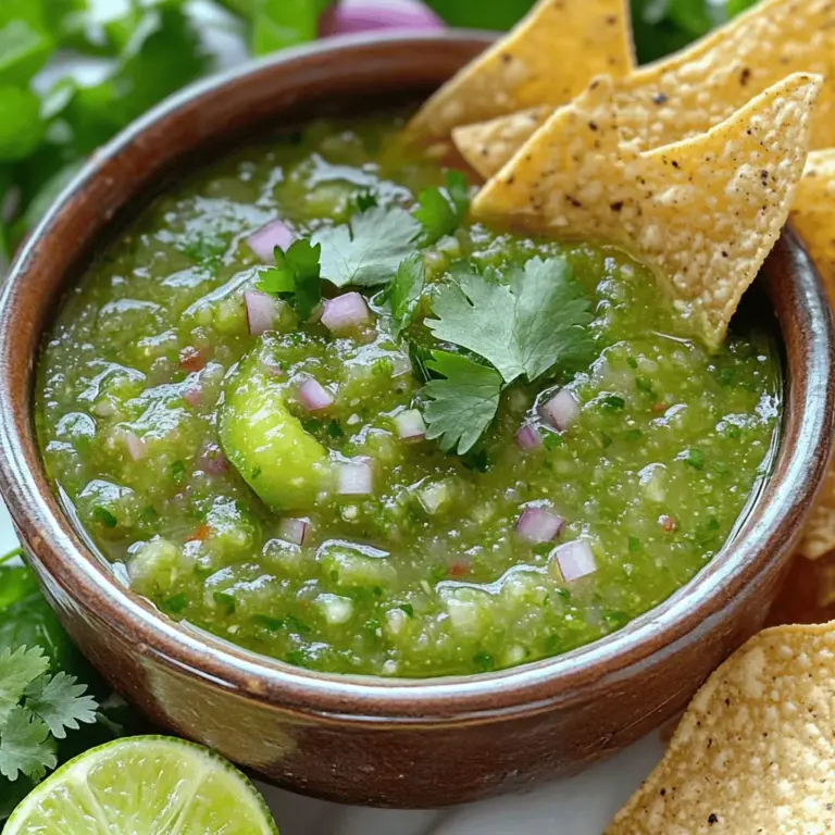 Die Hauptzutaten für eine schmackhafte Salsa Verde sind einfach. Sie brauchen: - 6 Tomatillos, gehäutet und gewaschen - 1 Jalapeño-Pfeffer, entstielt - 1/2 Tasse frischer Koriander, gehackt - 1/4 Tasse rote Zwiebel, gehackt - 1 Knoblauchzehe, gehackt - 2 Esslöffel Limettensaft - 1 Esslöffel Olivenöl - Salz nach Geschmack Tomatillos sind die Basis. Sie geben der Salsa den frischen Geschmack. Jalapeños bringen die Schärfe. Koriander fügt eine kräuterige Note hinzu. Rote Zwiebel und Knoblauch machen die Mischung aromatisch. Limettensaft sorgt für die perfekte Säure. Wenn Sie die Salsa noch interessanter machen möchten, können Sie einige optionale Zutaten hinzufügen: - Avocado für Cremigkeit - Frischer Pfeffer für mehr Schärfe - Gehackte Mangos für eine süße Note - Geröstete Knoblauchzehen für tieferen Geschmack Diese Zutaten können Ihrer Salsa das gewisse Etwas verleihen. Experimentieren Sie und finden Sie Ihre perfekte Mischung! Die Auswahl der besten Zutaten ist wichtig. Suchen Sie frische Tomatillos, die fest und grün sind. Vermeiden Sie matschige oder vergilbte. Jalapeños sollten knackig und glänzend sein. Wählen Sie Koriander, der frisch riecht und keine braunen Blätter hat. Rote Zwiebeln sollten fest sein und keine dunklen Flecken aufweisen. Besuchen Sie lokale Märkte oder Bio-Läden für die besten Produkte. Frische Zutaten machen den größten Unterschied in Ihrem Geschmack. Achten Sie auch auf die Saison. Frisches Gemüse hat oft mehr Aroma. Für das vollständige Rezept, schauen Sie sich die [Full Recipe] an. Zuerst bereite ich die Tomatillos und Jalapeños vor. Ich wasche die Tomatillos gründlich. Dann schäle ich sie. Für den Jalapeño entferne ich den Stiel. Wenn du weniger Schärfe magst, nimm die Kerne raus. Das macht die Salsa milder. Jetzt röste ich das Gemüse. Ich heize den Ofen auf 220°C vor. Dann lege ich die Tomatillos und den Jalapeño auf ein Backblech. Ich röste sie für 10 bis 15 Minuten. Sie sollten leicht angebrannt und weich sein. Ich wende das Gemüse einmal, damit es gleichmäßig röstet. Dieser Schritt bringt den Geschmack richtig zur Geltung. Nach dem Rösten lasse ich das Gemüse etwas abkühlen. Dann gebe ich die gerösteten Tomatillos, den Jalapeño, Koriander, rote Zwiebel, Knoblauch, Limettensaft und Olivenöl in einen Mixer. Ich püriere die Mischung, bis sie glatt ist. Falls nötig, füge ich etwas Wasser hinzu. Es hilft, die gewünschte Textur zu erreichen. Jetzt schmecke ich die Salsa ab und füge Salz hinzu. Ich fülle die Salsa in eine Schüssel. Es ist wichtig, sie für mindestens 30 Minuten im Kühlschrank zu lassen. So können sich die Aromen entfalten. Für die vollständigen Schritte, schau dir das Rezept an: [Full Recipe]. Wenn Sie die Schärfe Ihrer Salsa verde anpassen möchten, entfernen Sie die Jalapeño-Kerne. Diese Kerne sind der Hauptgrund für die Schärfe. Probieren Sie auch, weniger Jalapeños zu verwenden. Mögen Sie es schärfer? Fügen Sie mehr Jalapeño hinzu oder verwenden Sie einen schärferen Pfeffer. Ein weiterer Trick ist, eine Prise Zucker hinzuzufügen. Dies kann die Schärfe ausgleichen und die Aromen verbessern. Die ideale Konsistenz ist wichtig für Ihre Salsa verde. Wenn sie zu dick ist, fügen Sie etwas Wasser hinzu. Mischen Sie die Salsa nach dem Hinzufügen von Wasser erneut. Um eine glatte Salsa zu erhalten, pürieren Sie die Mischung gut. Wenn Sie eine chunkigere Salsa möchten, pürieren Sie nur kurz. So bleiben einige Stücke erhalten. Experimentieren Sie, um die perfekte Textur zu finden. Ein gutes Zeitmanagement macht das Kochen einfacher. Bereiten Sie die Zutaten zuerst vor, bevor Sie beginnen. Schneiden Sie die Tomatillos und den Jalapeño. Das Rösten dauert etwa 15 Minuten. Nutzen Sie diese Zeit, um die anderen Zutaten bereitzulegen. Wenn die Salsa fertig ist, lassen Sie sie 30 Minuten im Kühlschrank stehen. So können sich die Aromen entwickeln. Dies ist eine gute Zeit für die Reinigung. So bleibt Ihre Küche ordentlich. Für das gesamte Rezept schauen Sie sich bitte das Full Recipe an. {{image_4}} Roasted Tomatillo Salsa Verde hat einen tollen Geschmack. Ich röste die Tomatillos und Jalapeños im Ofen. Das Rösten bringt die Süße heraus. Es macht die Salsa viel tiefer im Geschmack. Verwende die gleichen Zutaten wie im Rezept. Der einzige Unterschied ist die Zubereitung. Röste die Tomatillos und Jalapeños bei 220°C. Lass sie 10-15 Minuten garen, bis sie leicht angebrannt sind. Mische sie dann mit den anderen Zutaten. Avocado Salsa Verde ist cremig und frisch. Du kannst Avocado einfach hinzufügen, um die Salsa zu verändern. Nimm eine reife Avocado und püriere sie mit den restlichen Zutaten. Die Avocado macht die Salsa reichhaltig. Sie sorgt auch für eine schöne grüne Farbe. Diese Variante passt perfekt zu Tacos oder als Dip. Probiere auch verschiedene Kräuter für mehr Geschmack. Petersilie, Dill oder Minze können tolle Ergänzungen sein. Petersilie gibt eine frische Note. Dill bringt einen einzigartigen Geschmack. Minze sorgt für eine überraschende Frische. Experimentiere mit den Kräutern, die du magst. Du kannst die Salsa so immer wieder neu erfinden. Es ist eine einfache Möglichkeit, deine Salsa zu variieren und neue Aromen zu entdecken. Um Salsa verde frisch zu halten, bewahre sie in einem luftdichten Behälter auf. Im Kühlschrank bleibt sie bis zu einer Woche gut. Für längere Lagerung kannst du die Salsa auch einfrieren. Fülle sie in gefriergeeignete Behälter oder Beutel. Achte darauf, etwas Platz für die Ausdehnung beim Einfrieren zu lassen. Frisch zubereitete Salsa verde hält im Kühlschrank etwa 5 bis 7 Tage. Nach dem Einfrieren bleibt sie bis zu 3 Monate genießbar. Die Aromen können jedoch mit der Zeit schwächer werden. Achte auf Geruch und Farbe, um sicherzugehen, dass sie noch gut ist. Wenn deine Salsa nach dem Einfrieren etwas wässrig ist, püriere sie erneut. Füge frische Limettensaft oder Koriander hinzu, um den Geschmack aufzufrischen. Bei Bedarf kannst du auch etwas Salz oder Gewürze ergänzen. So bleibt deine Salsa lebendig und lecker. Für das vollständige Rezept schaue dir die [Full Recipe] an. Ja, du kannst die Salsa im Voraus machen. Das gibt den Aromen Zeit, sich zu verbinden. Bereite die Salsa bis zu zwei Tage im Voraus zu. Bewahre sie in einem luftdichten Behälter im Kühlschrank auf. Wenn du sie servierst, schmecke sie erneut ab. Manchmal braucht sie einen zusätzlichen Spritzer Limettensaft. Salsa Verde passt zu vielen Gerichten. Hier sind einige Ideen: - Tacos - Gegrilltes Fleisch - Fisch - Gemüsegerichte - Burritos - Nachos Die frische und würzige Note der Salsa ergänzt diese Speisen perfekt. Die Salsa ist bereits vegan. Die Zutaten sind pflanzlich und enthalten keine tierischen Produkte. Du kannst sie einfach nach dem Rezept zubereiten. Wenn du jedoch eine zusätzliche Note möchtest, füge etwas geräucherten Paprika hinzu. Das gibt der Salsa einen tollen Geschmack ohne tierische Produkte. Für das vollständige Rezept und weitere Tipps, schau dir die [Full Recipe] an. Salsa Verde ist einfach und lecker. In diesem Beitrag haben wir die besten Zutaten besprochen, die du brauchst. Ich habe dir eine Schritt-für-Schritt-Anleitung gegeben, um köstliche Salsa zu machen. Außerdem habe ich dir Tipps zur Anpassung der Schärfe und Konsistenz gezeigt. Verschiedene Variationen wie Avocado Salsa bieten noch mehr Geschmack. Denke daran, die Salsa im Kühlschrank gut aufzubewahren. Mit diesen Ideen kannst du deine Salsa ganz nach deinen Wünschen gestalten und genießen. Probiere sie selbst aus, und entdecke neue Aromen!