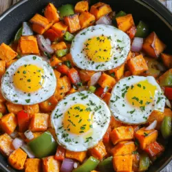 - 2 große Süßkartoffeln, geschält und gewürfelt - 1 rote Paprika, gewürfelt - 1 grüne Paprika, gewürfelt - 1 kleine rote Zwiebel, gewürfelt Das Herzstück des Süßkartoffel-Hash sind die Hauptzutaten. Die Süßkartoffeln bringen eine schöne Süße. Sie sind nahrhaft und voll mit Vitaminen. Die bunten Paprika geben Farbe und einen frischen Crunch. Die rote Zwiebel fügt einen milden Geschmack hinzu. Zusammen schaffen sie eine perfekte Basis. - 2 Knoblauchzehen, fein gehackt - 1 Teelöffel geräuchertes Paprika - 1/2 Teelöffel Kreuzkümmel - Salz und Pfeffer nach Geschmack - 3 Esslöffel Olivenöl Die Gewürze sind der Schlüssel zu einem tollen Geschmack. Der Knoblauch bringt ein starkes Aroma. Geräuchertes Paprika gibt dem Gericht eine rauchige Note. Kreuzkümmel fügt Wärme hinzu. Verwende Salz und Pfeffer, um alles abzurunden. Olivenöl sorgt für eine schöne Bräunung und einen reichhaltigen Geschmack. - 4 große Eier (optional) - Frische Petersilie, gehackt zur Garnierung Die Eier sind eine tolle Ergänzung. Sie machen das Gericht noch sättigender. Ein bisschen frische Petersilie obendrauf bringt Farbe und Frische. Diese Zutaten machen dein Süßkartoffel-Hash noch leckerer. Wenn du mehr Vielfalt möchtest, probiere die Full Recipe für weitere Ideen! Zuerst würfelst du die Süßkartoffeln. Verwende dafür ein scharfes Messer. Dann bereitest du das Gemüse vor. Schneide die rote und grüne Paprika in kleine Stücke. Würfle auch die rote Zwiebel. Jetzt hast du alles bereit. Stelle auch die Gewürze und Öle bereit. Du brauchst geräuchertes Paprika, Kreuzkümmel, Salz, Pfeffer und Olivenöl. Erhitze zwei Esslöffel Olivenöl in einer großen Pfanne. Stelle die Hitze auf mittel. Gib die gewürfelten Süßkartoffeln in die Pfanne. Würze sie mit Salz, Pfeffer, geräuchertem Paprika und Kreuzkümmel. Rühre gut um, damit die Süßkartoffeln gleichmäßig gewürzt sind. Lass sie etwa zehn Minuten garen. Rühre gelegentlich um. Die Süßkartoffeln sollten weich und goldbraun sein. Jetzt fügst du die gewürfelten Paprikas und die Zwiebel hinzu. Rühre kräftig um und koche alles für weitere fünf bis sieben Minuten. Das Gemüse sollte zart und bunt sein. Dann kommt der gehackte Knoblauch dazu. Lass alles ein bis zwei Minuten weitergaren, bis der Knoblauch duftet. Wenn du Eier magst, forme vier kleine Mulden im Hash. Schlage ein Ei in jede Mulde. Bedecke die Pfanne mit einem Deckel. Lass die Eier vier bis sechs Minuten garen, bis sie deinen Wünschen entsprechen. Träufle das restliche Olivenöl über das Gericht. Passe die Würzung mit Salz und Pfeffer an. Rühre alles vorsichtig zusammen. Nimm die Pfanne nun vom Herd. Richte das Hash auf Tellern an. Garniere es mit frischer, gehackter Petersilie, bevor du es servierst. Das sieht nicht nur gut aus, sondern schmeckt auch fantastisch! - Den richtigen Gargrad für Süßkartoffeln erreichen Süßkartoffeln sollten weich, aber nicht matschig sein. Ich empfehle, sie in gleichmäßige Würfel zu schneiden. So garen sie gleichmäßig. Nach etwa 10 Minuten sollten sie goldbraun und zart sein. Sie sind perfekt, wenn sie leicht knusprig sind. - Aromatische Gewürzkombinationen verwenden Gewürze machen den Unterschied! Geräuchertes Paprika und Kreuzkümmel verleihen dem Gericht Tiefe. Du kannst auch frische Kräuter wie Rosmarin oder Thymian hinzufügen. Diese verbessern den Geschmack erheblich. - Präsentation des Gerichts Serviere das Süßkartoffel-Hash heiß in einer schönen Schale. Eine Prise frische Petersilie oben drauf sorgt für Farbe und Frische. Das Auge isst mit, also achte auf eine ansprechende Präsentation. - Kombination mit Beilagen wie Avocados Avocados sind eine tolle Ergänzung. Sie bringen Cremigkeit ins Spiel. Du kannst sie in Scheiben schneiden oder pürieren. Auch ein Spritzer Limettensaft passt hervorragend dazu. - Nährstoffgehalt von Süßkartoffeln Süßkartoffeln sind reich an Vitaminen und Ballaststoffen. Sie enthalten Vitamin A, das gut für die Augen ist. Außerdem haben sie Antioxidantien, die unser Immunsystem stärken. - Kalorienbewusste Zubereitung Die Zubereitung ist einfach und kalorienarm. Verwende weniger Öl, um die Kalorien zu senken. Du kannst das Gericht auch ohne Eier zubereiten, um es leichter zu machen. So bleibt es gesund und lecker! {{image_4}} Du kannst dein Süßkartoffel-Hash ganz einfach anpassen. Füge weitere Gemüsearten hinzu, wie Zucchini oder Spinat. Diese bringen frische Farben und Texturen. Variiere auch die Kräuter und Gewürze. Basilikum, Thymian oder Oregano verleihen dem Gericht eine neue Note. Experimentiere mit deinen Lieblingsgeschmäckern. So wird jede Portion einzigartig und lecker. Wenn du Fleisch magst, probiere Würstchen oder Schinken. Schneide sie klein und brate sie zusammen mit den Süßkartoffeln an. Für eine leichtere Option kannst du vegetarische Wurst verwenden. Diese schmeckt gut und bleibt gesund. Du erhältst so die herzhaften Aromen, die dein Hash noch besser machen. Für glutenfreie Zubereitungsmöglichkeiten achte darauf, dass deine Gewürze und Öle keine Zusatzstoffe enthalten. All diese Zutaten sind in der Regel glutenfrei. Du kannst dein Hash auch mit nährstoffreichen Beilagen wie Quinoa oder braunem Reis servieren. Diese Optionen geben dir mehr Füllung und Nährstoffe. So bleibt dein Gericht gesund und lecker. Um Reste von Süßkartoffel-Hash aufzubewahren, lasse das Gericht zuerst abkühlen. Das verhindert, dass sich Kondenswasser bildet. Fülle den Hash dann in einen luftdichten Behälter. So bleibt er frisch. Du kannst Reste bis zu vier Tage im Kühlschrank lagern. Achte darauf, vor dem Verzehr auf Geruch und Aussehen zu prüfen. Einfrieren ist eine gute Option, wenn du mehr Hash zubereitest. Lasse den Hash vollständig abkühlen, bevor du ihn einfrierst. Teile ihn in Portionen auf und lege ihn in Gefrierbeutel. Drücke die Luft heraus, bevor du sie schließt. Im Gefrierfach bleibt der Hash bis zu drei Monate gut. Zum Aufwärmen, taue ihn im Kühlschrank auf und erhitze ihn in einer Pfanne. So bleibt der Geschmack erhalten. Mit den Resten von Süßkartoffel-Hash kannst du kreativ werden. Mische den Hash in Omeletts oder verwende ihn als Füllung für Burritos. Du kannst ihn auch in einen Salat geben, um mehr Geschmack zu erhalten. Eine weitere Möglichkeit ist, ihn mit einer Lieblingssauce zu kombinieren. So entstehen neue, leckere Gerichte. Die Zubereitung von Süßkartoffel-Hash dauert insgesamt etwa 30 Minuten. Die Vorbereitungszeit beträgt 15 Minuten. Während dieser Zeit würfelst du die Süßkartoffeln und das Gemüse. Die Garzeit liegt bei etwa 15 Minuten. In dieser Zeit werden die Süßkartoffeln weich und das Gemüse zart. Ja, du kannst andere Gemüsesorten verwenden. Zucchini, Spinat oder sogar Pilze passen gut. Diese Alternativen bringen neue Aromen in dein Gericht. Experimentiere mit dem Gemüse, das du liebst. So machst du dein Hash noch interessanter. Süßkartoffel-Hash ist sehr gesund. Süßkartoffeln sind reich an Vitaminen und Ballaststoffen. Sie helfen, den Blutzucker zu regulieren. Das Gemüse in diesem Gericht liefert zusätzliche Nährstoffe. Diese Kombination macht das Hash nahrhaft und sättigend, ideal für jede Mahlzeit. Eier sind nicht notwendig im Rezept. Du kannst das Hash auch ohne Eier zubereiten. Es bleibt trotzdem lecker und nahrhaft. Wenn du Eier hinzufügst, wird das Gericht cremiger. Ohne Eier kannst du mehr Gemüse oder Bohnen hinzufügen. Du kannst den Geschmack leicht variieren. Probiere verschiedene Gewürze wie Kurkuma oder Chili. Frische Kräuter wie Thymian oder Rosmarin bringen mehr Aroma. Auch ein Spritzer Zitrone kann das Gericht aufpeppen. Sei kreativ und finde deine Lieblingskombinationen. Süßkartoffel-Hash ist einfach und gesund. Du brauchst nur ein paar Hauptzutaten und Gewürze. Bereite die Zutaten vor, koche sie zusammen und garniere das Gericht. Es gibt viele Variationen, um den Geschmack zu ändern. Du kannst sogar Reste nutzen oder das Gericht einfrieren. Damit hast du immer eine leckere Option bereit. Experimentiere mit frischem Gemüse oder deinem Lieblingsfleisch. So bleibst du kulinarisch kreativ und gesund. Probiere es aus und genieße die Vielfalt in deiner Küche.