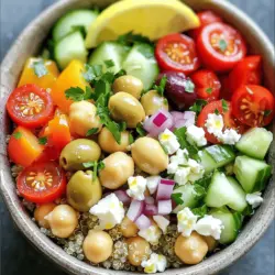 Für die perfekte Kichererbsenschüssel benötigst du einige leckere Zutaten. Hier sind die Hauptbestandteile: - 1 Dose (425 g) Kichererbsen, abgetropft und abgespült - 1 Tasse Quinoa, gründlich abgespült - 2 Tassen Gemüsebrühe - 1 Tasse Kirschtomaten, halbiert - 1 Gurke, gewürfelt - 1/2 rote Zwiebel, fein gehackt - 1 Paprika (nach Wahl), gewürfelt - 1/4 Tasse Kalamata-Oliven, entsteint und halbiert - 1/4 Tasse Feta-Käse, zerbröckelt (oder veganer Feta) - 1/4 Tasse frische Petersilie, gehackt Diese Zutaten machen die Schüssel bunt und frisch. Kichererbsen sind eiweißreich und gesund. Quinoa gibt dir die nötige Energie. Ein gutes Dressing bringt alles zusammen. Hier sind die Gewürze, die du brauchst: - Saft von 1 Zitrone - 3 Esslöffel Olivenöl - 1 Teelöffel getrockneter Oregano - Salz und Pfeffer nach Geschmack Die Zitrone sorgt für Frische. Olivenöl gibt einen schönen Geschmack. Oregano bringt den mediterranen Flair. Du kannst die Schüssel noch bunter und schmackhafter machen. Hier sind einige Vorschläge: - Avocado für mehr Cremigkeit - Geröstete Nüsse oder Samen für Crunch - Frische Minze oder Basilikum für extra Frische - Feta-Käse kann durch veganen Käse ersetzt werden Mit diesen Zutaten kannst du kreativ sein. Schmecke mit deinen Lieblingszutaten ab. Das macht die Kichererbsenschüssel zu einem ganz persönlichen Gericht. Wenn du mehr über die Zubereitung erfahren willst, schau dir das [Full Recipe] an. Um die Quinoa perfekt zuzubereiten, gebe ich sie zuerst in einen mittelgroßen Kochtopf. Ich füge zwei Tassen Gemüsebrühe hinzu. Dann bringe ich die Mischung bei starker Hitze zum Kochen. Sobald sie kocht, senke ich die Hitze und decke den Topf ab. Jetzt lasse ich die Quinoa etwa 15 Minuten köcheln. Danach nehme ich den Topf vom Herd und lasse sie kurz abkühlen. In der Zwischenzeit bereite ich die Kichererbsenmischung vor. Ich nehme eine große Schüssel und gebe die abgetropften Kichererbsen hinein. Dann füge ich die halbierten Kirschtomaten, die gewürfelte Gurke, die fein gehackte rote Zwiebel, die gewürfelte Paprika und die Kalamata-Oliven hinzu. Es ist wichtig, dass ich alles gut mische, damit die Aromen sich verbinden. Jetzt kommt der spannende Teil! In einer kleinen Schüssel verquirle ich den Zitronensaft, das Olivenöl, den getrockneten Oregano, Salz und Pfeffer. Dieses Dressing gieße ich über die Kichererbsenmischung. Ich mische alles vorsichtig, bis alles gut bedeckt ist. Dann beginne ich mit einer Basis aus Quinoa. Ich lege die Kichererbsenmischung darauf und bestreue alles mit Feta-Käse und gehackter Petersilie. Wenn ich möchte, gebe ich etwas zusätzliches Olivenöl darüber. Das sieht nicht nur gut aus, es schmeckt auch fantastisch! Um die perfekte Quinoa zu kochen, beginne mit einem guten Verhältnis. Nutze eine Tasse Quinoa und zwei Tassen Gemüsebrühe. Spüle die Quinoa gründlich ab, um Bitterstoffe zu entfernen. Koche die Mischung bei starker Hitze, bis es blubbert. Dann reduziere die Hitze und decke den Topf ab. Lass die Quinoa 15 Minuten köcheln. Sie sollte dann locker und weich sein. Dies ist der Schlüssel zu einer perfekten Basis für deine Kichererbsenschüssel. Meal Prep macht das Kochen einfach. Koche eine große Portion Quinoa und Kichererbsen. Teile sie in Portionen und lagere sie in Behältern. So hast du jederzeit eine gesunde Mahlzeit bereit. Du kannst auch das Gemüse bereits schneiden. Lagere geschnittenes Gemüse in einer Schüssel im Kühlschrank. So bleibt es frisch und knackig. Bereite das Dressing separat vor und füge es erst beim Servieren hinzu. Für eine vegane Kichererbsenschüssel kannst du einfach den Feta-Käse durch veganen Feta ersetzen. So bleibt der Geschmack, aber es ist pflanzlich. Glutenfrei ist dieses Gericht bereits, da Quinoa und Kichererbsen keine Gluten enthalten. Du kannst auch andere Gemüsesorten verwenden, wie Brokkoli oder Zucchini. Damit kannst du die Schüssel an deinen Geschmack anpassen. Wenn du möchtest, füge auch Nüsse oder Samen für zusätzlichen Crunch hinzu. {{image_4}} Die mediterrane Kichererbsenschüssel ist sehr anpassungsfähig. Du kannst viele verschiedene Gemüsesorten hinzufügen. Zum Beispiel kannst du Spinat, Zucchini oder Artischocken verwenden. Diese Gemüsesorten bringen neue Farben und Texturen in die Schüssel. Du kannst auch saisonales Gemüse verwenden, um die Frische zu steigern. Experimentiere ruhig mit verschiedenen Kombinationen. Das macht das Gericht spannend und lecker. Um die Schüssel noch nahrhafter zu machen, kannst du Hähnchen oder Tofu hinzufügen. Hähnchen ist eine gute Quelle für mageres Protein. Brate das Hähnchen einfach in etwas Olivenöl an und würze es nach Geschmack. Tofu ist eine großartige vegane Option. Mariniere den Tofu und brate ihn knusprig an. Beide Optionen passen hervorragend zu den Kichererbsen und dem Gemüse. Sie machen die Schüssel sättigender und noch gesünder. Das Dressing ist der Schlüssel zu einem tollen Geschmack. Du kannst verschiedene Dressings ausprobieren, um Abwechslung zu schaffen. Ein Joghurt-Dressing mit frischen Kräutern gibt der Schüssel einen cremigen Twist. Ein Balsamico-Dressing sorgt für eine süß-säuerliche Note. Auch ein scharfer Tahini-Dip kann toll schmecken. Mixe einfach deine Lieblingszutaten zusammen. So bleibt die mediterrane Kichererbsenschüssel immer interessant und lecker. Für das vollständige Rezept schau dir die Mediterranean Kichererbsenschüssel an. Um die Reste der mediterranen Kichererbsenschüssel frisch zu halten, bewahre sie in einem luftdichten Behälter auf. So bleiben die Aromen erhalten und die Zutaten frisch. Du kannst die Schüssel in Portionen aufteilen. So hast du immer eine gesunde Mahlzeit bereit. Lass die Mischung zuerst auf Zimmertemperatur abkühlen, bevor du sie in den Kühlschrank stellst. Im Kühlschrank hält sich die Kichererbsenschüssel etwa drei bis vier Tage. Das ist perfekt für schnelle, gesunde Mahlzeiten während der Woche. Wenn du die Schüssel länger aufbewahren möchtest, kannst du sie einfrieren. Im Gefrierschrank bleibt sie bis zu drei Monate haltbar. Denk daran, sie in einem geeigneten Behälter einzufrieren, um Gefrierbrand zu vermeiden. Du kannst die Reste in der Mikrowelle oder auf dem Herd erwärmen. Wenn du die Mikrowelle verwendest, stelle sicher, dass du die Mischung abdeckst, um ein Austrocknen zu verhindern. Erwärme die Kichererbsenschüssel bei mittlerer Hitze, bis sie heiß ist. Auf dem Herd kannst du die Mischung in einer Pfanne mit ein wenig Wasser oder Olivenöl vorsichtig erhitzen. So bleibt die Schüssel saftig und lecker. Eine Kichererbsenschüssel ist sehr gesund. Kichererbsen sind reich an Ballaststoffen und Proteinen. Sie helfen, dich satt zu halten. Die Quinoa liefert außerdem wichtige Nährstoffe. Sie enthält viele Vitamine und Mineralien. Frisches Gemüse wie Gurken und Tomaten bringt zusätzliche Vitamine. Olivenöl hat gesunde Fette, die gut für dein Herz sind. Diese Mahlzeit ist eine gute Wahl für alle, die gesund essen möchten. Ja, du kannst die Kichererbsenschüssel leicht vegan machen. Verwende einfach veganen Feta anstelle von normalem Feta. Alle anderen Zutaten sind bereits vegan. Du kannst auch etwas mehr Gemüse hinzufügen, um den Geschmack zu verändern. Das macht die Schüssel noch bunter und interessanter. Zu einer Kichererbsenschüssel passen viele Beilagen gut. Pita-Brot ist eine beliebte Wahl. Es ist weich und lecker. Du kannst auch einen kleinen grünen Salat servieren. Das sorgt für noch mehr Frische. Hummus ist eine weitere tolle Beilage. Er passt gut zu den Aromen der Schüssel. Du kannst auch etwas Joghurt oder Tzatziki dazugeben. Das rundet das Gericht perfekt ab. Eine Kichererbsenschüssel ist einfach zuzubereiten. Du hast gelernt, welche Zutaten nötig sind und wie man sie kombiniert. Die Schritt-für-Schritt-Anleitung macht das Kochen leicht. Tippe auf unsere Tricks für leckere Variationen, die deine Schüssel interessant halten. Reste kannst du einfach aufbewahren und wieder aufwärmen. Egal, ob für dich allein oder für viele Gäste, diese Schüssel bringt Freude. Viel Spaß beim Ausprobieren und Genießen!