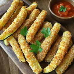Um die besten Baked Zucchini Fries zu machen, brauchst du diese Zutaten: - 2 mittelgroße Zucchini - 1 Tasse Vollkornbrösel - 1/2 Tasse geriebener Parmesan Die Gewürze machen den Geschmack besser. Hier sind sie: - 1 Teelöffel Knoblauchpulver - 1 Teelöffel Zwiebelpulver - 1/2 Teelöffel geräuchertes Paprikapulver - Salz und Pfeffer nach Geschmack - Olivenölspray Du brauchst auch ein paar Dinge, um alles zu machen: - Backblech - Backpapier - Flache Schüssel zum Vermengen Mit diesen Zutaten und Utensilien bist du bereit für die Zubereitung. Es macht Spaß, die Zucchini fries zu machen. Wenn du mehr über die Zubereitung erfahren willst, schau dir die Vollständige Rezeptanleitung an. - Heize deinen Backofen auf 220°C (425°F) vor. - Schneide die Zucchini in dicke Streifen. Je dicker, desto besser können sie knusprig werden. - Vermische die Vollkornbrösel mit dem geriebenen Parmesan, Knoblauchpulver, Zwiebelpulver, geräuchertem Paprikapulver, Salz und Pfeffer in einer flachen Schüssel. - In einer anderen Schüssel verquirle zwei große Eier gründlich. - Nimm jeden Zucchinistreifen und tauche ihn zuerst in die Eier. - Wälze ihn dann in der Bröselmischung, bis er vollständig bedeckt ist. - Platziere die panierten Zucchini-Streifen auf einem mit Backpapier ausgelegten Backblech. - Sprühe leicht Olivenölspray auf die Zucchini. Das hilft, sie goldbraun zu machen. Mit dieser Schritt-für-Schritt-Anleitung bereitest du schnell und einfach knusprige Baked Zucchini Fries zu. Du wirst sehen, wie lecker sie sind! Für die vollständige Rezeptanleitung schau dir die Vollständige Rezeptanleitung an. Um die Zucchini fries knusprig zu machen, nutzen Sie Olivenölspray. Sprühen Sie es gleichmäßig auf die Zucchini, bevor sie in den Ofen gehen. So wird die Außenseite schön knusprig, während die Innenseite zart bleibt. Die Backzeit ist wichtig. Stellen Sie den Ofen auf 220°C (425°F) ein. Backen Sie die Zucchini fries 20 bis 25 Minuten. Wenden Sie sie nach der Hälfte der Zeit, damit sie gleichmäßig bräunen. Um den Geschmack zu verbessern, probieren Sie verschiedene Gewürze. Fügen Sie etwas Cayennepfeffer für Schärfe oder italienische Kräuter für mehr Aroma hinzu. Auch die Wahl des Käses macht einen Unterschied. Parmesan gibt einen tollen Geschmack, aber Sie können auch Cheddar oder Mozzarella verwenden. Experimentieren Sie, um Ihre perfekte Mischung zu finden! Zucchini fries schmecken super mit verschiedenen Dips. Marinara-Sauce oder Knoblauch-Aioli passen besonders gut. Sie können auch Joghurt-Dips oder Salsa ausprobieren. Für die Präsentation legen Sie die Zucchini fries auf eine große Platte. Garnieren Sie sie mit frisch gehackter Petersilie. So sieht das Gericht noch ansprechender aus. {{image_4}} Du kannst Baked Zucchini Fries leicht anpassen. Probiere Auberginen oder Karotten für Abwechslung. Schneide sie in dicke Streifen. Halte die gleichen Schritte wie bei den Zucchini ein. Die Brösel und Gewürze passen gut zu jedem Gemüse. So hast du immer eine neue, leckere Variante. Für glutenfreie Zucchini Fries verwende glutenfreie Brösel. Diese findest du in vielen Geschäften. Sie machen das Gericht für alle zugänglich. Du kannst auch Kichererbsenmehl oder Mandelmehl probieren. Diese Alternativen geben einen anderen Geschmack. Serviere sie mit glutenfreien Dips wie Guacamole oder Salsa. Wenn du es scharf magst, füge Chili oder Cayennepfeffer hinzu. Diese Gewürze bringen mehr Hitze in dein Gericht. Du kannst sie in die Bröselmischung mischen. Für Dips empfehle ich scharfe Salsa oder eine würzige Aioli. Diese Kombinationen sind perfekt für alle, die gerne einen Kick haben. Um die Baked Zucchini Fries frisch zu halten, lege sie in den Kühlschrank. Du kannst sie in einem luftdichten Behälter aufbewahren. Stelle sicher, dass der Behälter gut verschlossen ist. So bleiben sie mehrere Tage frisch. Wenn du die Zucchini Fries wieder aufwärmen willst, nutze den Ofen. Der Ofen gibt ihnen die beste Knusprigkeit zurück. Heize ihn auf 180°C vor. Lege die Zucchini Fries auf ein Backblech. Backe sie für etwa 10 Minuten. So werden sie wieder knusprig. Die Mikrowelle ist schneller, macht die Fries aber weich. Wenn du die Mikrowelle benutzt, lege die Fries auf einen Teller. Decke sie mit einem feuchten Küchentuch ab, um ein Austrocknen zu vermeiden. Baked Zucchini Fries halten sich im Kühlschrank etwa 3 bis 4 Tage. Achte auf Anzeichen von Verderb. Wenn sie einen schlechten Geruch haben oder ihre Farbe ändern, wirf sie weg. Frische Zucchini Fries sollten goldbraun und knusprig aussehen. Um die besten Baked Zucchini Fries zu machen, wähle frische, feste Zucchini. Achte darauf, dass sie keine Flecken oder weichen Stellen haben. Dünnere Zucchini können schneller garen und werden knuspriger. Für die optimale Kochmethode heize den Ofen auf 220°C vor. Ein gutes Backblech ist wichtig. Lege es mit Backpapier aus. So bleiben die Zucchini fries nicht kleben. Sprühe Olivenöl auf die Zucchini, um eine goldene Farbe zu erreichen. Wende sie in der Mitte der Backzeit, damit sie gleichmäßig knusprig werden. Ja, du kannst die Zucchini vor dem Panieren salzen. Salz zieht Wasser aus der Zucchini. Das hilft, die Zucchini weniger wässerig zu machen. Lege die gesalzenen Zucchini für etwa 30 Minuten auf ein Küchentuch. Tupfe sie dann trocken. So bleiben die Zucchini fries knusprig. Baked Zucchini Fries sind eine gesunde Snack-Option. Sie sind kalorienarm und reich an Vitaminen. Zucchini enthält viel Wasser und Ballaststoffe. Das macht sie sättigend. Im Vergleich zu frittierten Varianten sind sie viel fettärmer. Die Nährwerte pro Portion sind: etwa 150 Kalorien, 5 g Protein und 4 g Fett. Dies kann je nach den verwendeten Zutaten variieren. Die vollständige Rezeptanleitung für Baked Zucchini Fries findest du [hier](#) in der Vollständigen Rezeptanleitung. Dort sind alle Schritte und Zutaten aufgelistet, um diese leckeren Fries zu machen. Baked Zucchini Fries sind einfach und lecker. Wir haben frische Zucchini, gute Gewürze und gesunde Brösel kombiniert. Mit den richtigen Tipps erreichen Sie die perfekte Knusprigkeit. Auch Variationen sind möglich, um jeden Geschmack zu treffen. Denken Sie an Lagerung und Wiederaufwärmung für beste Ergebnisse. Jetzt sind Sie bereit, Ihre eigenen Zucchini Fries zu machen. Viel Spaß beim Ausprobieren!