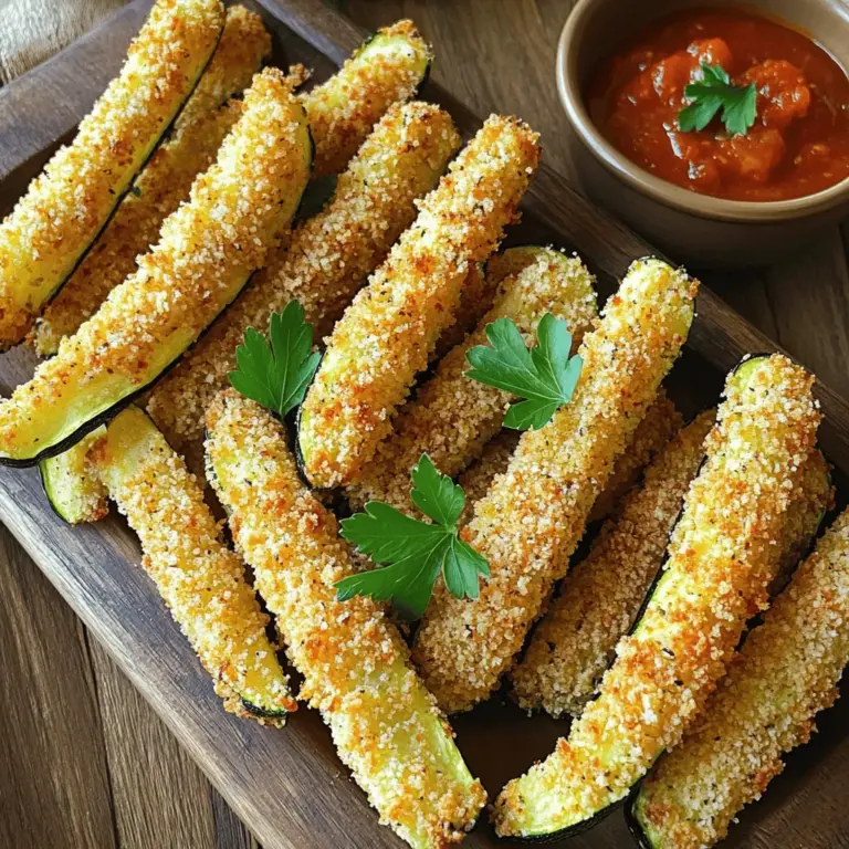 Um die besten Baked Zucchini Fries zu machen, brauchst du diese Zutaten: - 2 mittelgroße Zucchini - 1 Tasse Vollkornbrösel - 1/2 Tasse geriebener Parmesan Die Gewürze machen den Geschmack besser. Hier sind sie: - 1 Teelöffel Knoblauchpulver - 1 Teelöffel Zwiebelpulver - 1/2 Teelöffel geräuchertes Paprikapulver - Salz und Pfeffer nach Geschmack - Olivenölspray Du brauchst auch ein paar Dinge, um alles zu machen: - Backblech - Backpapier - Flache Schüssel zum Vermengen Mit diesen Zutaten und Utensilien bist du bereit für die Zubereitung. Es macht Spaß, die Zucchini fries zu machen. Wenn du mehr über die Zubereitung erfahren willst, schau dir die Vollständige Rezeptanleitung an. - Heize deinen Backofen auf 220°C (425°F) vor. - Schneide die Zucchini in dicke Streifen. Je dicker, desto besser können sie knusprig werden. - Vermische die Vollkornbrösel mit dem geriebenen Parmesan, Knoblauchpulver, Zwiebelpulver, geräuchertem Paprikapulver, Salz und Pfeffer in einer flachen Schüssel. - In einer anderen Schüssel verquirle zwei große Eier gründlich. - Nimm jeden Zucchinistreifen und tauche ihn zuerst in die Eier. - Wälze ihn dann in der Bröselmischung, bis er vollständig bedeckt ist. - Platziere die panierten Zucchini-Streifen auf einem mit Backpapier ausgelegten Backblech. - Sprühe leicht Olivenölspray auf die Zucchini. Das hilft, sie goldbraun zu machen. Mit dieser Schritt-für-Schritt-Anleitung bereitest du schnell und einfach knusprige Baked Zucchini Fries zu. Du wirst sehen, wie lecker sie sind! Für die vollständige Rezeptanleitung schau dir die Vollständige Rezeptanleitung an. Um die Zucchini fries knusprig zu machen, nutzen Sie Olivenölspray. Sprühen Sie es gleichmäßig auf die Zucchini, bevor sie in den Ofen gehen. So wird die Außenseite schön knusprig, während die Innenseite zart bleibt. Die Backzeit ist wichtig. Stellen Sie den Ofen auf 220°C (425°F) ein. Backen Sie die Zucchini fries 20 bis 25 Minuten. Wenden Sie sie nach der Hälfte der Zeit, damit sie gleichmäßig bräunen. Um den Geschmack zu verbessern, probieren Sie verschiedene Gewürze. Fügen Sie etwas Cayennepfeffer für Schärfe oder italienische Kräuter für mehr Aroma hinzu. Auch die Wahl des Käses macht einen Unterschied. Parmesan gibt einen tollen Geschmack, aber Sie können auch Cheddar oder Mozzarella verwenden. Experimentieren Sie, um Ihre perfekte Mischung zu finden! Zucchini fries schmecken super mit verschiedenen Dips. Marinara-Sauce oder Knoblauch-Aioli passen besonders gut. Sie können auch Joghurt-Dips oder Salsa ausprobieren. Für die Präsentation legen Sie die Zucchini fries auf eine große Platte. Garnieren Sie sie mit frisch gehackter Petersilie. So sieht das Gericht noch ansprechender aus. {{image_4}} Du kannst Baked Zucchini Fries leicht anpassen. Probiere Auberginen oder Karotten für Abwechslung. Schneide sie in dicke Streifen. Halte die gleichen Schritte wie bei den Zucchini ein. Die Brösel und Gewürze passen gut zu jedem Gemüse. So hast du immer eine neue, leckere Variante. Für glutenfreie Zucchini Fries verwende glutenfreie Brösel. Diese findest du in vielen Geschäften. Sie machen das Gericht für alle zugänglich. Du kannst auch Kichererbsenmehl oder Mandelmehl probieren. Diese Alternativen geben einen anderen Geschmack. Serviere sie mit glutenfreien Dips wie Guacamole oder Salsa. Wenn du es scharf magst, füge Chili oder Cayennepfeffer hinzu. Diese Gewürze bringen mehr Hitze in dein Gericht. Du kannst sie in die Bröselmischung mischen. Für Dips empfehle ich scharfe Salsa oder eine würzige Aioli. Diese Kombinationen sind perfekt für alle, die gerne einen Kick haben. Um die Baked Zucchini Fries frisch zu halten, lege sie in den Kühlschrank. Du kannst sie in einem luftdichten Behälter aufbewahren. Stelle sicher, dass der Behälter gut verschlossen ist. So bleiben sie mehrere Tage frisch. Wenn du die Zucchini Fries wieder aufwärmen willst, nutze den Ofen. Der Ofen gibt ihnen die beste Knusprigkeit zurück. Heize ihn auf 180°C vor. Lege die Zucchini Fries auf ein Backblech. Backe sie für etwa 10 Minuten. So werden sie wieder knusprig. Die Mikrowelle ist schneller, macht die Fries aber weich. Wenn du die Mikrowelle benutzt, lege die Fries auf einen Teller. Decke sie mit einem feuchten Küchentuch ab, um ein Austrocknen zu vermeiden. Baked Zucchini Fries halten sich im Kühlschrank etwa 3 bis 4 Tage. Achte auf Anzeichen von Verderb. Wenn sie einen schlechten Geruch haben oder ihre Farbe ändern, wirf sie weg. Frische Zucchini Fries sollten goldbraun und knusprig aussehen. Um die besten Baked Zucchini Fries zu machen, wähle frische, feste Zucchini. Achte darauf, dass sie keine Flecken oder weichen Stellen haben. Dünnere Zucchini können schneller garen und werden knuspriger. Für die optimale Kochmethode heize den Ofen auf 220°C vor. Ein gutes Backblech ist wichtig. Lege es mit Backpapier aus. So bleiben die Zucchini fries nicht kleben. Sprühe Olivenöl auf die Zucchini, um eine goldene Farbe zu erreichen. Wende sie in der Mitte der Backzeit, damit sie gleichmäßig knusprig werden. Ja, du kannst die Zucchini vor dem Panieren salzen. Salz zieht Wasser aus der Zucchini. Das hilft, die Zucchini weniger wässerig zu machen. Lege die gesalzenen Zucchini für etwa 30 Minuten auf ein Küchentuch. Tupfe sie dann trocken. So bleiben die Zucchini fries knusprig. Baked Zucchini Fries sind eine gesunde Snack-Option. Sie sind kalorienarm und reich an Vitaminen. Zucchini enthält viel Wasser und Ballaststoffe. Das macht sie sättigend. Im Vergleich zu frittierten Varianten sind sie viel fettärmer. Die Nährwerte pro Portion sind: etwa 150 Kalorien, 5 g Protein und 4 g Fett. Dies kann je nach den verwendeten Zutaten variieren. Die vollständige Rezeptanleitung für Baked Zucchini Fries findest du [hier](#) in der Vollständigen Rezeptanleitung. Dort sind alle Schritte und Zutaten aufgelistet, um diese leckeren Fries zu machen. Baked Zucchini Fries sind einfach und lecker. Wir haben frische Zucchini, gute Gewürze und gesunde Brösel kombiniert. Mit den richtigen Tipps erreichen Sie die perfekte Knusprigkeit. Auch Variationen sind möglich, um jeden Geschmack zu treffen. Denken Sie an Lagerung und Wiederaufwärmung für beste Ergebnisse. Jetzt sind Sie bereit, Ihre eigenen Zucchini Fries zu machen. Viel Spaß beim Ausprobieren!