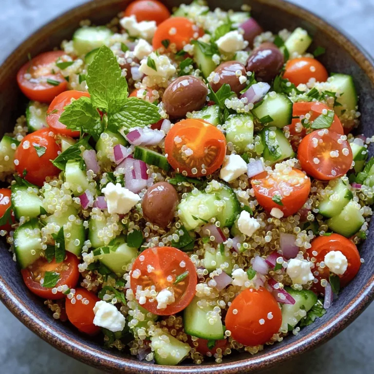 - 1 Tasse Quinoa, gründlich abgespült - 2 Tassen Gemüsebrühe oder Wasser - 1/2 Tasse Kirschtomaten, halbiert - 1 Salatgurke, gewürfelt - 1/4 Tasse rote Zwiebel, fein gehackt - 1/2 Tasse Kalamata-Oliven, entsteint und halbiert - 1/4 Tasse Feta-Käse, zerbröselt - 1/4 Tasse frische Petersilie, gehackt - 1/4 Tasse frische Minzeblätter, gehackt Ich liebe Quinoa, weil sie so vielseitig ist. Sie hat einen nussigen Geschmack und ist eine großartige Proteinquelle. Die Kirschtomaten bringen Süße, während die Gurke frisch und knackig ist. Die rote Zwiebel gibt dem Salat eine tolle Würze. Kalamata-Oliven fügen einen salzigen, herzhaften Geschmack hinzu, und Feta-Käse bringt Cremigkeit. Die Kräuter wie Petersilie und Minze machen alles lebendig. - 3 Esslöffel Olivenöl - Saft von 1 Zitrone - Salz und Pfeffer nach Geschmack Das Dressing ist einfach, aber lecker. Olivenöl bringt gesunde Fette, während der Zitronensaft Frische hinzufügt. Salz und Pfeffer sind wichtig, um alle Aromen zu betonen. Man kann das Dressing nach dem Geschmack anpassen, um es perfekt zu machen. - Serviergröße: 4 Portionen - Nährwertangaben: pro Portion etwa 250 Kalorien Dieser Salat ist eine gesunde Wahl. Er bietet Ballaststoffe, Vitamine und Mineralien. Quinoa ist glutenfrei und ideal für viele Diäten. Du kannst ihn als Hauptgericht oder Beilage servieren. Wenn du mehr brauchst, kannst du die Mengen einfach verdoppeln. Für die vollständige Zubereitung schaue dir das Rezept in der Vollversion an. Kochen der Quinoa Zuerst koche ich die Quinoa in Gemüsebrühe oder Wasser. Ich bringe die Flüssigkeit zum Kochen. Dann gebe ich die abgespülte Quinoa dazu. Ich reduziere die Hitze und decke den Topf ab. Die Quinoa köchelt für etwa 15 Minuten. Sie saugt dann die gesamte Flüssigkeit auf. Auskühlen der Quinoa Nach dem Kochen nehme ich den Topf vom Herd. Ich lasse die Quinoa für ein paar Minuten abkühlen. Dies hilft, die perfekte Konsistenz zu erreichen. Zutaten vermengen Ich nehme eine große Schüssel und gebe die gekochte Quinoa hinein. Dann füge ich die halbierten Kirschtomaten, die gewürfelte Gurke, die rote Zwiebel, die Kalamata-Oliven, den Feta-Käse, die Petersilie und die Minzeblätter hinzu. Ich vermenge alles vorsichtig, damit die Aromen gut zusammenkommen. Dressing herstellen Für das Dressing nehme ich eine kleine Schüssel. Dort vermische ich das Olivenöl, den Zitronensaft, das Salz und den Pfeffer. Ich verquirle die Mischung gut. Dann gieße ich das Dressing über den Salat und vermenge alles erneut. Vorbereitungszeit und Gesamtzeit Die Vorbereitungszeit für diesen Salat beträgt nur 15 Minuten. Die gesamte Zeit, bis er servierfertig ist, beträgt 45 Minuten. Aromen im Kühlschrank entfalten lassen Ich decke den Salat ab und stelle ihn für mindestens 30 Minuten in den Kühlschrank. So entfalten sich die Aromen richtig gut. Jetzt ist der Mediterranean Quinoa Salad bereit, um genossen zu werden! Um die perfekte Quinoa zu kochen, spüle sie zuerst gut ab. Dies entfernt Bitterstoffe. Verwende die doppelte Menge Flüssigkeit im Vergleich zur Quinoa. Das sorgt für eine lockere Konsistenz. Koche sie etwa 15 Minuten lang bei schwacher Hitze. Lass die Quinoa nach dem Kochen auskühlen, damit sie nicht matschig wird. Das Dressing macht den Salat besonders. Du kannst verschiedene Öle nutzen, wie Avocado- oder Walnussöl. Statt Zitronensaft kannst du auch Limettensaft verwenden. Experimentiere mit Kräutern, wie Basilikum oder Dill. Diese geben dem Salat neuen Geschmack und Frische. Präsentiere deinen Salat in einer großen Schüssel. Das sieht toll aus und lädt zum Teilen ein. Du kannst auch einzelne Portionen auf Tellern anrichten. Garniere den Salat mit extra Feta-Käse und frischen Kräutern. Dies macht das Gericht ansehnlicher und einladender. {{image_4}} Du kannst den Salat mit saisonalem Gemüse anpassen. Im Frühling sind Spargel und Erbsen toll. Im Sommer füge Paprika oder Zucchini hinzu. Im Herbst sind Kürbis und Rüben lecker. Im Winter kannst du Wurzelgemüse verwenden. Diese Variationen bringen Farbe und Geschmack. Probiere verschiedene Kombinationen aus und finde deine Lieblingsversion. Wenn du den Salat vegan machen möchtest, ersetze den Feta-Käse. Nutze zerdrückte Avocado für Cremigkeit. Du kannst auch Cashew-Käse oder Tofu verwenden. Diese Optionen sind nahrhaft und lecker. Sie geben dem Salat einen tollen Geschmack ohne Milchprodukte. Experimentiere mit verschiedenen Zutaten, um deine perfekte vegane Version zu finden. Der Salat lässt sich auch gut mit Protein anreichern. Füge gegrilltes Hähnchen für einen herzhaften Biss hinzu. Kichererbsen sind eine großartige pflanzliche Proteinquelle. Sie machen den Salat sättigender. Tofu ist eine weitere gute Wahl, besonders in gewürzter Form. Diese Proteinoptionen machen deinen Salat nahrhafter und geben dir Energie für den Tag. Um den Mediterranean Quinoa Salad frisch zu halten, bewahre ihn in einem luftdichten Behälter auf. So bleibt der Salat knackig und lecker. Du kannst ihn bis zu vier Tage im Kühlschrank lagern. Wenn du die Aromen noch besser entfalten möchtest, lasse den Salat ein paar Stunden vor dem Servieren ziehen. Kann man Quinoa-Salat einfrieren? Ja, du kannst ihn einfrieren! Aber ich empfehle, den Salat ohne das Dressing einzufrieren. So bleibt die Textur besser. Fülle den Salat in einen gefrierfesten Behälter und verwende ihn innerhalb von drei Monaten. Zum Auftauen lass ihn einfach über Nacht im Kühlschrank. Du hast Reste? Super! Du kannst den Salat als Füllung für Wraps verwenden. Er passt auch gut zu Omeletts oder als Beilage zu gegrilltem Fleisch. Eine weitere Idee ist, ihn in eine Suppe zu geben. So hast du schnell eine nahrhafte Mahlzeit. Du kannst den Salat bis zu fünf Tage im Kühlschrank aufbewahren. Lagere ihn in einem luftdichten Behälter. Achte darauf, dass er gut abgedeckt ist. Der Salat bleibt frisch, solange die Zutaten frisch sind. Überprüfe regelmäßig den Geruch und das Aussehen. Wenn etwas nicht gut aussieht, wirf es weg. Ja, dieser Salat ist sehr gesund. Quinoa hat viel Protein und Ballaststoffe. Kirschtomaten bieten wichtige Vitamine. Gurken sind kalorienarm und hydratisierend. Oliven enthalten gesunde Fette, die gut für das Herz sind. Feta-Käse liefert Kalzium. Petersilie und Minze bringen Antioxidantien. Diese Zutaten helfen dir, fit und gesund zu bleiben. Ja, du kannst Quinoa auch ohne Brühe kochen. Verwende einfach Wasser anstelle von Brühe. Das Wasser macht die Quinoa neutral. Du kannst später Gewürze hinzufügen, um den Geschmack zu verbessern. Experimentiere mit verschiedenen Flüssigkeiten, wie Gemüse- oder Hühnerbrühe. So findest du deinen liebsten Geschmack. Quinoa stammt aus den Anden in Südamerika. Die Ureinwohner nutzten Quinoa schon vor über 5.000 Jahren. Es ist ein sogenanntes Pseudogetreide. Heute wird Quinoa weltweit angebaut. Es gibt viele Sorten, darunter weiße, rote und schwarze Quinoa. Jede Sorte hat einen eigenen Geschmack und Textur. Ja, dieser Salat ist glutenfrei. Quinoa ist von Natur aus glutenfrei. Achte jedoch darauf, dass die anderen Zutaten ebenfalls glutenfrei sind. Überprüfe die Etiketten von Oliven und Feta-Käse. So stellst du sicher, dass dein Salat ganz ohne Gluten ist. Dieser Beitrag hat dir alles Wichtige über Quinoa-Salat vermittelt. Du hast gelernt, welche Zutaten du benötigst und wie du sie zubereitest. Wir haben über wichtige Tipps, kreative Variationen und die Lagerung gesprochen. Quinoa-Salat ist einfach, gesund und vielseitig. Du kannst ihn anpassen und für jeden Anlass verwenden. Nutze die Tipps für perfekte Resultate. Ich hoffe, du probierst das Rezept bald aus und genießt die frischen Aromen!