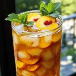 Für deinen süßen Pfirsich Eistee brauchst du einige frische und einfache Zutaten: - 4 Beutel schwarzer Tee - 4 Tassen Wasser - 2 reife Pfirsiche, in Scheiben geschnitten - 1/2 Tasse Zucker (oder nach Geschmack) - 1 Esslöffel frischer Zitronensaft - Frische Minzblätter zur Garnierung - Eiswürfel Diese Zutaten sind leicht zu finden und sorgen für einen tollen Geschmack. Die reifen Pfirsiche bringen eine süße Note. Der schwarze Tee gibt dir die nötige Basis. Wenn du den Zucker vermeiden möchtest, gibt es tolle Alternativen. Du kannst Honig oder Agavendicksaft verwenden. Diese süßen Optionen bringen auch einen eigenen Geschmack mit. Stevia ist eine kalorienfreie Wahl. Probiere aus, was dir am besten gefällt. Jeder Süßstoff hat seine eigene Süßkraft. Also, fang mit weniger an und taste dich ran. Um deinen Eistee zu machen, brauchst du ein paar einfache Utensilien: - Einen mittleren Topf zum Kochen des Wassers - Einen kleinen Topf für den Pfirsichsirup - Einen großen Krug zum Mischen - Einen Löffel zum Rühren - Ein Sieb zum Abseihen des Sirups Mit diesen Utensilien wird das Zubereiten zum Vergnügen. Sie helfen dir, alles einfach und schnell zu machen. Achte darauf, dass alles sauber ist, bevor du startest. So bleibt dein Eistee frisch und lecker. Um den Tee zu machen, bringe 4 Tassen Wasser zum Kochen. Nimm den Topf vom Herd und füge die 4 Teebeutel hinzu. Lass den Tee 5 bis 7 Minuten ziehen. Die Zeit hängt von deinem Geschmack ab. Das ist einfach, oder? Jetzt wird es fruchtig! Nimm einen kleinen Topf und gib die geschnittenen Pfirsiche mit 1/2 Tasse Zucker hinein. Erhitze die Mischung bei mittlerer Hitze. Rühre, bis die Pfirsiche weich werden und Saft abgeben. Das dauert etwa 5 bis 10 Minuten. Dann seih die Mischung ab. So bekommst du einen klaren Pfirsichsirup. In einem großen Krug vermenge den gebrühten Tee, den Pfirsichsirup und 1 Esslöffel frischen Zitronensaft. Rühre gut um, damit alles sich verbindet. Probier die Mischung und füge bei Bedarf mehr Zucker hinzu. Lass alles auf Zimmertemperatur abkühlen, das dauert etwa 20 Minuten. Danach stelle den Krug für mindestens 1 Stunde in den Kühlschrank. Jetzt hast du die Basis für deinen süßen Pfirsich Eistee! Für die vollständige Anleitung, schau dir das [Full Recipe] an. Um den besten Pfirsichgeschmack zu bekommen, achte auf frische Früchte. Wähle reife, süße Pfirsiche. Diese sorgen für einen tollen Sirup. Wenn du den Tee zubereitest, lasse ihn nicht zu lange ziehen. So bleibt der Geschmack mild. Ein Spritzer frischer Zitronensaft bringt die Aromen zusammen. Er hilft auch, die Süße auszugleichen. Ein häufiger Fehler ist, den Tee zu stark ziehen zu lassen. Der Tee wird dann bitter. Vermeide auch, zu viel Zucker hinzuzufügen, bevor du probierst. Mische erst die Zutaten, dann teste den Geschmack. Ein weiterer Fehler ist, den Pfirsichsirup nicht gut abzusieben. Das kann die Textur beeinträchtigen. Du kannst die Süße nach deinem Geschmack anpassen. Wenn du es süßer magst, füge mehr Zucker hinzu. Für weniger Süße nutze weniger Zucker oder andere Süßungsmittel. Honig oder Agavendicksaft sind gute Alternativen. Um die Säure zu erhöhen, füge mehr Zitronensaft hinzu. Experimentiere mit verschiedenen Fruchtaromen. So machst du jeden Schluck einzigartig. Für die vollständige Rezeptur besuche die [Full Recipe]. {{image_4}} Eistee ist sehr flexibel. Du kannst andere Früchte nutzen, um neue Geschmäcker zu entdecken. Erdbeeren, Himbeeren oder Zitronen passen gut zu schwarzem Tee. Für einen fruchtigen Twist kannst du auch eine Mischung aus verschiedenen Früchten verwenden. So wird dein Eistee immer spannend und frisch. Wenn du einen besonderen Drink möchtest, füge etwas Alkohol hinzu. Probiere etwas Wodka oder weißen Rum. Diese Spirituosen ergänzen den süßen Pfirsichgeschmack. Mische einen Teil Alkohol mit drei Teilen Eistee. Das gibt dir einen leckeren, erfrischenden Cocktail für Feste oder Sommerabende. Für eine kalorienärmere Version kannst du den Zucker reduzieren oder alternative Süßungsmittel wählen. Stevia oder Erythrit sind gute Optionen. Diese helfen, den süßen Geschmack zu erhalten, ohne viele Kalorien hinzuzufügen. Du kannst auch mehr frische Früchte verwenden, um den Eistee auf natürliche Weise zu süßen. So bleibt dein Getränk leicht und gesund. Für die genauen Schritte zur Zubereitung des süßen Pfirsich Eistees, sieh dir das Full Recipe an. Um deinen süßen Pfirsich Eistee frisch zu halten, benutze einen großen Krug. Stelle sicher, dass der Krug gut verschlossen ist. So bleibt der Eistee kühl und aromatisch. Du kannst auch eine Glasflasche verwenden. Diese sieht schön aus und macht das Servieren einfach. Dein süßer Pfirsich Eistee hält sich im Kühlschrank bis zu fünf Tage. Nach dieser Zeit kann der Geschmack schwächer werden. Es ist am besten, den Eistee frisch zu genießen, aber du kannst ihn auch länger aufbewahren. Achte darauf, ihn gut zu verschließen, um Gerüche zu vermeiden. Wenn du Eistee übrig hast, kannst du ihn kreativ nutzen. Fülle ihn in Eiswürfelformen und friere ihn ein. Diese Eiswürfel passen perfekt in andere Getränke und kühlen sie, ohne sie zu verwässern. Du kannst auch Eistee in Cocktails oder Smoothies verwenden. So gibst du deinen Getränken einen fruchtigen Twist. Für mehr Ideen schau dir die [Full Recipe] an. Um deinen Eistee süßer zu machen, füge einfach mehr Zucker hinzu. Du kannst auch Honig oder Agavendicksaft verwenden. Wenn du es weniger süß magst, reduziere die Zuckermenge. Probiere den Tee während der Zubereitung. So findest du den perfekten Geschmack. Ja, gefrorene Pfirsiche sind eine gute Wahl. Sie sind oft reif und voller Geschmack. Lass sie vorher etwas auftauen, bevor du sie für den Sirup benutzt. Dadurch kannst du die süßen Säfte besser nutzen. Hochwertigen Pfirsichsirup findest du in gut sortierten Lebensmittelgeschäften oder online. Achte auf Marken, die natürliche Zutaten verwenden. Du kannst auch selbst Pfirsichsirup zubereiten, wie im Full Recipe beschrieben. Das gibt dir volle Kontrolle über den Geschmack und die Süße. Zusammenfassend haben wir die Zutaten, die Zubereitung und die Lagerung von süßem Pfirsich-Eistee behandelt. Der Pfirsichsirup gibt ihm den besonderen Kick. Mit den Tipps und Tricks kannst du den Geschmack perfekt abstimmen. Du kannst auch verschiedene Früchte probieren, um neue Varianten zu entdecken. Denk daran, Eistee richtig zu lagern, damit er frisch bleibt. So hast du immer ein erfrischendes Getränk zur Hand. Viel Spaß beim Ausprobieren und Genießen deines selbstgemachten Eistees!