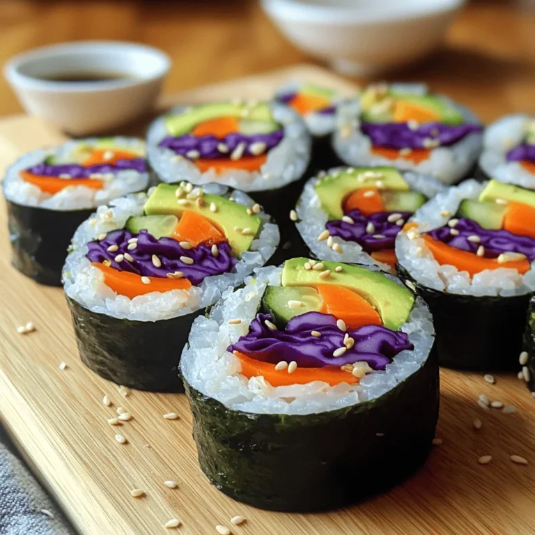 - 1 Tasse Sushi-Reis - 1 1/4 Tassen Wasser - 4 Blätter Nori (Seealgen) - 1/2 Tasse Gurke, in feine Streifen geschnitten - 1/2 Tasse Paprika (rot, gelb, grün), dünn geschnitten - 1/2 Tasse Karotten, in feine Streifen geschnitten - 1/2 Avocado, in Scheiben geschnitten - 1/4 Tasse rote Kohl, fein gehobelt - 2 Esslöffel Reisessig - 1 Esslöffel Zucker - Sojasauce, zum Dippen - Salz nach Geschmack - Sesamsamen, zur Dekoration Ich liebe es, mit frischen Zutaten zu arbeiten. Der Sushi-Reis ist der Grundpfeiler für jede Rolle. Du solltest ihn gut spülen. Das entfernt die überschüssige Stärke. Die Nori-Blätter sind wichtig, um die Rolle zusammenzuhalten. Für die Füllung kannst du kreativ sein. Gurken bringen Frische. Paprika gibt Farben und einen süßen Biss. Karotten fügen eine knackige Textur hinzu. Vergiss nicht die Avocado! Sie macht alles cremig. Die Würzung ist einfach, aber sehr wichtig. Reisessig und Zucker geben dem Reis eine tolle Note. Sojasauce ist der perfekte Dip. Damit schmecken die Rollen noch besser. Wenn du die Zutaten vorbereitest, achte darauf, sie gleichmäßig zu schneiden. So sieht alles schön aus. Die verschiedenen Farben machen die Sushi-Rollen zu einem echten Hingucker. Für das volle Rezept, schau dir die [Full Recipe] an. - Reis spülen: Spüle den Sushi-Reis in einem feinen Sieb unter kaltem Wasser. Mach das, bis das Wasser klar ist. Dies hilft, überschüssige Stärke zu entfernen. Das sorgt für einen besseren Biss. - Reis kochen: Gib den gewaschenen Reis und das Wasser in einen Topf. Bring es zum Kochen. Reduziere die Hitze auf niedrig, decke den Topf ab und lasse es 18-20 Minuten köcheln. Das Wasser sollte vollständig aufgesogen sein. Nimm den Topf vom Herd und lasse den Reis 10 Minuten zugedeckt ruhen. - Reis würzen: Vermische in einer kleinen Schüssel Reisessig, Zucker und eine Prise Salz. Rühre, bis sich alles aufgelöst hat. Hebe diese Mischung vorsichtig unter den gekochten Reis. Lass den Reis auf Zimmertemperatur abkühlen. - Gemüse schneiden: Während der Reis abkühlt, bereite das Gemüse vor. Schneide die Gurke, Karotten und Paprika in feine Streifen. Teile die Avocado in Scheiben. Ordne die geschnittenen Gemüse auf einem Teller an, um sie griffbereit zu haben. So hast du alles schnell zur Hand. - Nori belegen: Lege ein Blatt Nori auf eine Bambus-Sushi-Matte oder eine saubere Fläche. Befeuchte deine Hände, um den Reis nicht kleben zu lassen. Verteile eine dünne Schicht Reis gleichmäßig über das Nori. Lass den oberen Rand von etwa 2,5 cm frei. - Gemüse hinzufügen: Lege die vorbereiteten Gemüsestreifen in die Mitte des mit Reis bedeckten Nori. Beginne mit rotem Kohl, gefolgt von Karotten, Paprika, Gurke und Avocado. - Aufrollen: Beginne am unteren Rand. Hebe die Matte an und rolle das Nori straff von dir weg. Übe leichten Druck aus, um die Füllung zu komprimieren. Versiegle die Kante mit etwas Wasser. - Rollen schneiden und servieren: Nutze ein scharfes Messer, um die Rolle in 6-8 Stücke zu schneiden. Wische die Klinge zwischen den Schnitten ab, um saubere Kanten zu erhalten. Wiederhole das mit den restlichen Nori-Blättern und Füllungen. - Garnieren und genießen: Bestreue die Sushi-Rollen vor dem Servieren mit Sesamsamen für zusätzlichen Crunch. Jetzt sind deine bunten Sushi-Rollen bereit zum Genießen! Die richtige Technik ist wichtig, um schöne Röllchen zu machen. Lege das Nori auf eine Sushi-Matte. Feuchte deine Hände an, bevor du den Reis aufträgst. Verteile den Reis gleichmäßig, aber lasse oben einen freien Rand. So bleibt das Röllchen gut geschlossen. Um bröckeligen Reis zu vermeiden, spüle den Sushi-Reis immer gründlich. Das entfernt die Stärke. Koche den Reis dann sorgfältig, bis er weich ist. Lass den Reis nach dem Kochen abkühlen. So hat er die perfekte Konsistenz, um zu rollen. Experimentiere mit saisonalen Gemüsesorten. Im Frühling sind Spargel und Radieschen toll. Im Sommer schmecken Zucchini und Tomaten frisch. Im Herbst kannst du Kürbis und Süßkartoffeln verwenden. Füge zusätzliche Füllungen hinzu, um das Sushi zu variieren. Avocado gibt einen cremigen Biss. Für mehr Geschmack kannst du Frischkäse oder Hummus verwenden. Auch verschiedene Saucen wie Teriyaki oder Erdnusssoße passen gut zu den Röllchen. Das Anrichten macht viel aus. Schneide die Sushi-Rollen in gleichmäßige Stücke. Stelle sie auf eine schöne Platte. Garniere die Röllchen mit Sesamsamen für zusätzlichen Crunch. Serviere die Sushi-Rollen mit Sojasauce in kleinen Schalen. Du kannst auch eingelegten Ingwer oder Wasabi dazu reichen. Diese Beilagen geben deinen Röllchen den letzten Schliff und machen sie noch schmackhafter. {{image_4}} Sushi ist sehr vielseitig. Du kannst viele Gemüsesorten nutzen. Zum Beispiel, probiere Zucchini, Spinat oder Radieschen. Diese bringen frische Farben und Geschmäcker. Tofu ist eine tolle Ergänzung. Er gibt dir mehr Proteine und macht die Rollen sättigender. Schneide den Tofu in dünne Streifen und mariniere ihn. So wird der Geschmack intensiver und leckerer. Früchte bieten eine süße Note. Mango, Ananas oder Erdbeeren passen gut. Sie bringen eine fruchtige Frische, die gut zu Gemüse schmeckt. Kombiniere diese mit deinem Lieblingsgemüse. Saucen sind wichtig für das Geschmackserlebnis. Ein Hauch von Erdnussbutter oder Teriyaki-Sauce kann die Rollen aufpeppen. Experimentiere mit verschiedenen Saucen, um deinen einzigartigen Geschmack zu finden. Mini-Rollen sind eine kreative Idee. Sie sind perfekt für Partys oder Snacks. Mache kleine Portionen, die leicht zu essen sind. Besondere Präsentationen machen Spaß. Du kannst die Rollen in verschiedenen Formen schneiden oder sie auf einem hübschen Teller anrichten. So wird das Essen noch einladender. Für mehr Details und eine vollständige Anleitung, schaue dir das [Full Recipe] an. Sushi-Rollen halten sich am besten im Kühlschrank. Wickel die Rollen in Frischhaltefolie. Das schützt sie vor dem Austrocknen. Lagere sie in einem luftdichten Behälter. So bleiben die Farben und der Geschmack frisch. Genieß die Rollen innerhalb von 24 Stunden. Danach können sie an Frische verlieren. Sushi-Reis bleibt im Kühlschrank bis zu einer Woche haltbar. Lagere ihn in einem luftdichten Behälter. Gemüse wie Gurken und Karotten sind frisch bis zu fünf Tage. Achte darauf, sie kühl und trocken zu halten. Avocado wird schnell braun. Verwende sie schnell, um den besten Geschmack zu genießen. Rote Kohl bleibt für einige Tage frisch, wenn du ihn gut verpackst. Sushi-Rollen sind am besten frisch. Wenn du Reste hast, esse sie kalt. Du kannst sie auch leicht erhitzen. Lege die Rollen in eine Pfanne mit etwas Wasser. Erwärme sie bei niedriger Hitze kurz. So bleiben sie weich und lecker. Achte darauf, sie nicht zu lange zu erhitzen. Dadurch verlieren sie ihren Biss. Um Rainbow Veggie Sushi Rolls zu machen, folge diesen Schritten: Spüle den Sushi-Reis gut ab. Koche den Reis mit Wasser, bis er weich ist. Mische dann Reisessig, Zucker und Salz unter den abgekühlten Reis. Bereite dein Gemüse vor, indem du Gurken, Karotten und Paprika in feine Streifen schneidest. Lege ein Nori-Blatt auf eine Matte, verteile Reis darauf, und füge das Gemüse in einer bunten Reihe hinzu. Rolle das Nori straff auf und schneide die Rolle in Stücke. Voilà, die Sushi-Rollen sind bereit! Für mehr Details, schau dir das [Full Recipe](#) an. Ja, du kannst Sushi auch ohne Sushi-Reis machen. Eine gute Alternative ist Quinoa. Sie hat einen ähnlichen Biss und ist gesund. Du kannst auch Blumenkohlreis verwenden. Dieser ist kalorienärmer und glutenfrei. Beide Optionen bieten Geschmack und Textur. Die beste Soße für Sushi-Rollen ist Sojasauce. Sie ergänzt den Geschmack der Füllung perfekt. Du kannst auch Wasabi für einen scharfen Kick hinzufügen. Eine andere beliebte Option ist süße Sojasauce, die eine angenehme Süße bietet. Experimentiere auch mit Erdnusssauce oder Sesamsauce für einen besonderen Twist. Um zu verhindern, dass die Sushi-Rollen auseinanderfallen, rolle sie fest. Achte darauf, dass du beim Rollen Druck ausübst. Lass das obere Ende des Nori frei, damit die Rolle gut schließt. Verwende etwas Wasser, um die Kante zu versiegeln. Das hilft, die Füllung an Ort und Stelle zu halten. Die besten Zutaten findest du in deinem lokalen Markt oder einem Asialaden. Achte auf frisches Gemüse wie Gurken, Paprika und Avocado. Nori-Blätter sind oft in der internationalen Abteilung erhältlich. Wenn du lokale Bio-Märkte hast, schau dort nach. Frische Zutaten machen den besten Geschmack aus! Sushi zuzubereiten ist einfach und macht Spaß. Wir haben die Hauptzutaten, die Zubereitung und Tipps für perfekte Röllchen besprochen. Auch verschiedene Variationen sind möglich, um mehr Abwechslung zu bieten. Denke daran, frische Zutaten zu wählen und kreativ zu sein. Experimentiere mit neuen Füllungen und Saucen. Sushi ist nicht nur lecker, sondern auch gesund. Jetzt liegt es an dir, selbst einige Röllchen zu kreieren! Enjoy your sushi-making journey!
