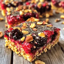 Für diese leckeren Beeren-Chia-Riegel benötigst du nur einige einfache Zutaten. Hier ist die Liste: - 1 Tasse Haferflocken - 1/2 Tasse Mandelbutter (oder eine Nussbutter deiner Wahl) - 1/4 Tasse Honig oder Ahornsirup - 1/2 Tasse gemischte Beeren (frisch oder gefroren) - 1/4 Tasse Chiasamen - 1/4 Teelöffel Vanilleextrakt - 1/2 Teelöffel Zimt - Eine Prise Salz - Optional: 1/4 Tasse gehackte Nüsse (z.B. Walnüsse oder Mandeln) Diese Zutaten sind leicht zu finden und machen die Riegel nahrhaft und schmackhaft. Chiasamen sind kleine Kraftpakete. Sie sind voll von Ballaststoffen und Omega-3-Fettsäuren. Diese Nährstoffe sind gut für dein Herz und dein Wohlbefinden. Außerdem helfen Chiasamen, deinen Blutzuckerspiegel stabil zu halten. Beeren bringen nicht nur einen tollen Geschmack, sondern auch viele Vitamine. Sie sind reich an Antioxidantien, die gut für deine Haut und dein Immunsystem sind. Erdbeeren, Himbeeren und Blaubeeren sind alle eine gute Wahl. Ihre natürliche Süße macht die Riegel noch leckerer. Manchmal hat man nicht alle Zutaten zur Hand. Kein Problem! Du kannst die Mandelbutter durch Erdnussbutter ersetzen. Auch Honig kann durch Agavendicksaft ersetzt werden, wenn du vegan sein möchtest. Wenn du keine gemischten Beeren hast, kannst du auch Bananen oder Äpfel verwenden. Sie geben den Riegeln eine andere Note, sind aber ebenso lecker. Sei kreativ und probiere verschiedene Kombinationen aus! Zuerst heize deinen Ofen auf 175°C vor. Nimm eine 20x20 cm Backform und lege sie mit Backpapier aus. Lass das Papier über den Rand hängen. Das hilft später, die Riegel leicht herauszunehmen. Stelle alle Zutaten bereit. Du brauchst Haferflocken, Mandelbutter, Honig, Beeren, Chiasamen, Vanilleextrakt, Zimt, Salz und eventuell Nüsse. In einer großen Schüssel mischst du die Haferflocken, Chiasamen und den Zimt gut. In einer separaten Schüssel vermischt du die Mandelbutter, den Honig, den Vanilleextrakt und das Salz. Rühre, bis die Mischung glatt ist. Gieße dann die feuchten Zutaten in die Schüssel mit den trockenen Zutaten. Rühre alles gut um. Wenn du magst, füge vorsichtig die gemischten Beeren und Nüsse hinzu. Übertrage die Mischung in die Backform. Drücke sie mit einem Spatel oder deinen Händen fest. Backe die Riegel 20 bis 25 Minuten, bis die Ränder goldbraun sind. Nimm die Form aus dem Ofen und lasse die Riegel im Blech auskühlen. Hebe sie mit dem Backpapier heraus und schneide sie in gleichmäßige Riegel. Lagere die Riegel in einem luftdichten Behälter. Sie bleiben eine Woche frisch. Du kannst sie auch einfrieren, wenn du sie länger aufbewahren möchtest. Um die perfekten Frühstücksriegel zu machen, achte auf die Konsistenz. Die Mischung sollte fest, aber nicht trocken sein. Wenn sie zu trocken wirkt, füge etwas mehr Honig oder Mandelbutter hinzu. Achte darauf, die Mischung gleichmäßig in der Form zu verteilen. So backen die Riegel schön gleichmäßig. Drücke die Mischung fest, damit die Riegel nach dem Backen nicht zerfallen. Ein häufiger Fehler ist, die Riegel zu lang zu backen. Überprüfe sie nach 20 Minuten. Die Ränder sollten goldbraun sein, aber die Mitte sollte leicht feucht bleiben. Wenn du die Riegel zu früh aus dem Ofen nimmst, bleiben sie möglicherweise matschig. Ein weiterer Fehler ist, die Mischung nicht gut zu vermischen. Stelle sicher, dass alle Zutaten gleichmäßig verteilt sind. So schmecken die Riegel besser und haben die richtige Textur. Du kannst die Riegel leicht anpassen. Füge verschiedene Früchte hinzu, wie Bananen oder Äpfel. Auch Nüsse sind eine tolle Ergänzung. Du kannst auch Schokoladenstückchen für einen süßeren Geschmack einmischen. Wenn du einen veganen Snack möchtest, ersetze den Honig durch Agavendicksaft. Für eine glutenfreie Option nutze glutenfreie Haferflocken. Diese kleinen Anpassungen machen die Riegel noch spannender. Wenn du mehr über die Zutaten erfahren möchtest, schau dir das Full Recipe an. {{image_4}} Du kannst deine Riegel ganz einfach anpassen. Statt gemischte Beeren zu verwenden, probiere andere Früchte aus. Äpfel, Bananen oder Pfirsiche passen gut. Diese Früchte bringen neue Aromen. Sie geben auch eine andere Textur. Schneide die Früchte klein, damit sie gut in die Mischung passen. So bleibt alles gut zusammen. Für vegane Riegel ersetze den Honig durch Agavendicksaft oder Sirup. Nutze eine Nussbutter ohne tierische Produkte. Achte darauf, dass die Haferflocken glutenfrei sind. Viele Marken bieten glutenfreie Optionen an. So bleibt dein Rezept gesund und lecker. Nüsse sind eine tolle Ergänzung. Sie machen die Riegel nahrhafter und knuspriger. Walnüsse oder Mandeln passen gut. Du kannst die Nüsse grob hacken und unterrühren. So bleibt der Crunch erhalten. Diese Zusätze geben den Riegeln mehr Geschmack und eine gute Energiequelle. Die besten Riegel bewahrst du im Kühlschrank auf. Ein luftdichter Behälter hilft, die Frische zu halten. So bleiben die Riegel weich und lecker. Du kannst sie auch in einem Schrank lagern, wenn du sie bald isst. Achte darauf, dass der Ort kühl und trocken ist. Diese Riegel halten sich bis zu einer Woche im Kühlschrank. Wenn du sie länger aufbewahren willst, friere sie ein. Sie bleiben so bis zu drei Monate frisch. Achte darauf, sie gut einzupacken, damit sie nicht austrocknen. Um die Riegel einzufrieren, schneide sie zuerst in Stücke. Lege sie in eine einzelne Schicht auf ein Backblech. Friere sie für eine Stunde ein, bis sie fest sind. Danach kannst du sie in einen Gefrierbeutel geben. Vergiss nicht, das Datum aufzuschreiben! Die Frühstücksriegel bleiben im Kühlschrank etwa eine Woche frisch. Sie sind am besten, wenn du sie in einem luftdichten Behälter aufbewahrst. Für längere Haltbarkeit kannst du sie einfrieren. Im Gefrierschrank halten sie bis zu drei Monate. Achte darauf, sie gut zu verpacken, damit sie frisch bleiben. Ja, du kannst die Riegel ohne Honig zubereiten. Ersetze ihn einfach durch Ahornsirup oder eine andere Süße. Du kannst auch eine reife Banane pürieren. Das gibt den Riegeln eine natürliche Süße und eine schöne Textur. Experimentiere, um den Geschmack zu finden, der dir am besten gefällt. Du kannst viele Beeren verwenden! Frische oder gefrorene Himbeeren, Erdbeeren, Heidelbeeren und Brombeeren sind alle großartige Optionen. Misch die Beeren, um verschiedene Geschmäcker zu erhalten. Jede Beere bringt ihre eigene Süße und Nährstoffe mit. So bleibst du kreativ und gesund zugleich. Wenn du mehr über die Zubereitung erfahren möchtest, schau dir das Full Recipe an. Diese Anleitung hat dir gezeigt, wie du gesunde Frühstücksriegel selbst machst. Wir haben die Hauptzutaten, die Zubereitung und viele Tipps besprochen. Denke daran, verschiedene Früchte oder Nüsse hinzuzufügen, um den Riegeln Abwechslung zu geben. Lagere deine Riegel an einem kühlen Ort, damit sie frisch bleiben. Bereite sie vor, genieße sie und teile sie mit Freunden. Jetzt bist du bereit, leckere Riegel zu machen und deine Familie zu begeistern.