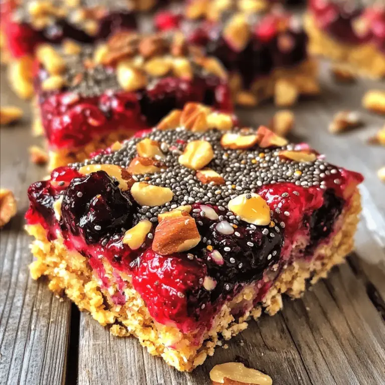 Für diese leckeren Beeren-Chia-Riegel benötigst du nur einige einfache Zutaten. Hier ist die Liste: - 1 Tasse Haferflocken - 1/2 Tasse Mandelbutter (oder eine Nussbutter deiner Wahl) - 1/4 Tasse Honig oder Ahornsirup - 1/2 Tasse gemischte Beeren (frisch oder gefroren) - 1/4 Tasse Chiasamen - 1/4 Teelöffel Vanilleextrakt - 1/2 Teelöffel Zimt - Eine Prise Salz - Optional: 1/4 Tasse gehackte Nüsse (z.B. Walnüsse oder Mandeln) Diese Zutaten sind leicht zu finden und machen die Riegel nahrhaft und schmackhaft. Chiasamen sind kleine Kraftpakete. Sie sind voll von Ballaststoffen und Omega-3-Fettsäuren. Diese Nährstoffe sind gut für dein Herz und dein Wohlbefinden. Außerdem helfen Chiasamen, deinen Blutzuckerspiegel stabil zu halten. Beeren bringen nicht nur einen tollen Geschmack, sondern auch viele Vitamine. Sie sind reich an Antioxidantien, die gut für deine Haut und dein Immunsystem sind. Erdbeeren, Himbeeren und Blaubeeren sind alle eine gute Wahl. Ihre natürliche Süße macht die Riegel noch leckerer. Manchmal hat man nicht alle Zutaten zur Hand. Kein Problem! Du kannst die Mandelbutter durch Erdnussbutter ersetzen. Auch Honig kann durch Agavendicksaft ersetzt werden, wenn du vegan sein möchtest. Wenn du keine gemischten Beeren hast, kannst du auch Bananen oder Äpfel verwenden. Sie geben den Riegeln eine andere Note, sind aber ebenso lecker. Sei kreativ und probiere verschiedene Kombinationen aus! Zuerst heize deinen Ofen auf 175°C vor. Nimm eine 20x20 cm Backform und lege sie mit Backpapier aus. Lass das Papier über den Rand hängen. Das hilft später, die Riegel leicht herauszunehmen. Stelle alle Zutaten bereit. Du brauchst Haferflocken, Mandelbutter, Honig, Beeren, Chiasamen, Vanilleextrakt, Zimt, Salz und eventuell Nüsse. In einer großen Schüssel mischst du die Haferflocken, Chiasamen und den Zimt gut. In einer separaten Schüssel vermischt du die Mandelbutter, den Honig, den Vanilleextrakt und das Salz. Rühre, bis die Mischung glatt ist. Gieße dann die feuchten Zutaten in die Schüssel mit den trockenen Zutaten. Rühre alles gut um. Wenn du magst, füge vorsichtig die gemischten Beeren und Nüsse hinzu. Übertrage die Mischung in die Backform. Drücke sie mit einem Spatel oder deinen Händen fest. Backe die Riegel 20 bis 25 Minuten, bis die Ränder goldbraun sind. Nimm die Form aus dem Ofen und lasse die Riegel im Blech auskühlen. Hebe sie mit dem Backpapier heraus und schneide sie in gleichmäßige Riegel. Lagere die Riegel in einem luftdichten Behälter. Sie bleiben eine Woche frisch. Du kannst sie auch einfrieren, wenn du sie länger aufbewahren möchtest. Um die perfekten Frühstücksriegel zu machen, achte auf die Konsistenz. Die Mischung sollte fest, aber nicht trocken sein. Wenn sie zu trocken wirkt, füge etwas mehr Honig oder Mandelbutter hinzu. Achte darauf, die Mischung gleichmäßig in der Form zu verteilen. So backen die Riegel schön gleichmäßig. Drücke die Mischung fest, damit die Riegel nach dem Backen nicht zerfallen. Ein häufiger Fehler ist, die Riegel zu lang zu backen. Überprüfe sie nach 20 Minuten. Die Ränder sollten goldbraun sein, aber die Mitte sollte leicht feucht bleiben. Wenn du die Riegel zu früh aus dem Ofen nimmst, bleiben sie möglicherweise matschig. Ein weiterer Fehler ist, die Mischung nicht gut zu vermischen. Stelle sicher, dass alle Zutaten gleichmäßig verteilt sind. So schmecken die Riegel besser und haben die richtige Textur. Du kannst die Riegel leicht anpassen. Füge verschiedene Früchte hinzu, wie Bananen oder Äpfel. Auch Nüsse sind eine tolle Ergänzung. Du kannst auch Schokoladenstückchen für einen süßeren Geschmack einmischen. Wenn du einen veganen Snack möchtest, ersetze den Honig durch Agavendicksaft. Für eine glutenfreie Option nutze glutenfreie Haferflocken. Diese kleinen Anpassungen machen die Riegel noch spannender. Wenn du mehr über die Zutaten erfahren möchtest, schau dir das Full Recipe an. {{image_4}} Du kannst deine Riegel ganz einfach anpassen. Statt gemischte Beeren zu verwenden, probiere andere Früchte aus. Äpfel, Bananen oder Pfirsiche passen gut. Diese Früchte bringen neue Aromen. Sie geben auch eine andere Textur. Schneide die Früchte klein, damit sie gut in die Mischung passen. So bleibt alles gut zusammen. Für vegane Riegel ersetze den Honig durch Agavendicksaft oder Sirup. Nutze eine Nussbutter ohne tierische Produkte. Achte darauf, dass die Haferflocken glutenfrei sind. Viele Marken bieten glutenfreie Optionen an. So bleibt dein Rezept gesund und lecker. Nüsse sind eine tolle Ergänzung. Sie machen die Riegel nahrhafter und knuspriger. Walnüsse oder Mandeln passen gut. Du kannst die Nüsse grob hacken und unterrühren. So bleibt der Crunch erhalten. Diese Zusätze geben den Riegeln mehr Geschmack und eine gute Energiequelle. Die besten Riegel bewahrst du im Kühlschrank auf. Ein luftdichter Behälter hilft, die Frische zu halten. So bleiben die Riegel weich und lecker. Du kannst sie auch in einem Schrank lagern, wenn du sie bald isst. Achte darauf, dass der Ort kühl und trocken ist. Diese Riegel halten sich bis zu einer Woche im Kühlschrank. Wenn du sie länger aufbewahren willst, friere sie ein. Sie bleiben so bis zu drei Monate frisch. Achte darauf, sie gut einzupacken, damit sie nicht austrocknen. Um die Riegel einzufrieren, schneide sie zuerst in Stücke. Lege sie in eine einzelne Schicht auf ein Backblech. Friere sie für eine Stunde ein, bis sie fest sind. Danach kannst du sie in einen Gefrierbeutel geben. Vergiss nicht, das Datum aufzuschreiben! Die Frühstücksriegel bleiben im Kühlschrank etwa eine Woche frisch. Sie sind am besten, wenn du sie in einem luftdichten Behälter aufbewahrst. Für längere Haltbarkeit kannst du sie einfrieren. Im Gefrierschrank halten sie bis zu drei Monate. Achte darauf, sie gut zu verpacken, damit sie frisch bleiben. Ja, du kannst die Riegel ohne Honig zubereiten. Ersetze ihn einfach durch Ahornsirup oder eine andere Süße. Du kannst auch eine reife Banane pürieren. Das gibt den Riegeln eine natürliche Süße und eine schöne Textur. Experimentiere, um den Geschmack zu finden, der dir am besten gefällt. Du kannst viele Beeren verwenden! Frische oder gefrorene Himbeeren, Erdbeeren, Heidelbeeren und Brombeeren sind alle großartige Optionen. Misch die Beeren, um verschiedene Geschmäcker zu erhalten. Jede Beere bringt ihre eigene Süße und Nährstoffe mit. So bleibst du kreativ und gesund zugleich. Wenn du mehr über die Zubereitung erfahren möchtest, schau dir das Full Recipe an. Diese Anleitung hat dir gezeigt, wie du gesunde Frühstücksriegel selbst machst. Wir haben die Hauptzutaten, die Zubereitung und viele Tipps besprochen. Denke daran, verschiedene Früchte oder Nüsse hinzuzufügen, um den Riegeln Abwechslung zu geben. Lagere deine Riegel an einem kühlen Ort, damit sie frisch bleiben. Bereite sie vor, genieße sie und teile sie mit Freunden. Jetzt bist du bereit, leckere Riegel zu machen und deine Familie zu begeistern.