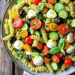 - 2 Tassen Rotini-Pasta - 1 Tasse Kirschtomaten, halbiert - 1 Tasse Gurke, gewürfelt - ½ Tasse rote Paprika, gewürfelt - ½ Tasse schwarze Oliven, in Scheiben geschnitten - ½ Tasse frische Mozzarellabällchen - ½ Tasse Basilikumpesto (kaufkräftig oder selbstgemacht) - 3 Esslöffel Olivenöl - 1 Esslöffel Zitronensaft - Salz und Pfeffer nach Geschmack - Frische Basilikumblätter zur Garnierung Die Wahl der Zutaten ist wichtig für einen tollen Pesto Pasta Salad. Ich liebe Rotini-Pasta, weil sie die Sauce gut hält. Die Form der Pasta sorgt für einen leckeren Biss. Frisches Gemüse bringt Farbe und Geschmack. Kirschtomaten sorgen für Süße. Gurken geben Frische. Rote Paprika fügt eine knackige Textur hinzu. Schwarze Oliven bringen salzige Noten. Mozzarellabällchen machen den Salat cremig. Das Pesto ist der Star. Du kannst es kaufen oder selbst machen. Ich empfehle frisches Basilikumpesto. Das gibt dem Salat ein intensives Aroma. Für das Dressing mische ich Olivenöl, Zitronensaft, Salz und Pfeffer. Das gibt dem Salat den letzten Schliff. Frische Basilikumblätter machen die Garnierung perfekt. Sie geben einen schönen Farbkontrast und duften herrlich. Die Zutaten sind einfach zu finden. Ich kaufe oft frisch und regional ein. So schmeckt der Salat noch besser. Du kannst den Salat nach deinem Geschmack anpassen. Mehr Gemüse oder andere Käsesorten sind immer willkommen. Für das vollständige Rezept und die Zubereitung schaue dir die [Full Recipe] an. Um den Pesto Pasta Salad zu machen, koche zuerst die Rotini-Pasta. Nimm einen großen Topf mit Wasser. Füge eine Prise Salz hinzu. Bringe das Wasser zum Kochen und gib dann die Pasta hinein. Koche sie, bis sie al dente ist. Das dauert etwa 8 bis 10 Minuten. Wenn die Pasta fertig ist, gieße sie in ein Sieb ab. Spüle die Pasta dann unter kaltem Wasser ab. Dadurch stoppt der Garprozess. Lass die Pasta vollständig abkühlen, damit sie nicht weiter gart. Jetzt kombinierst du die abgekühlte Pasta mit frischem Gemüse. Nimm eine große Rührschüssel. Gib die halbierten Kirschtomaten, gewürfelte Gurke, gewürfelte rote Paprika und die in Scheiben geschnittenen Oliven dazu. Das gibt dem Salat viel Farbe und Geschmack. Füge dann die frischen Mozzarellabällchen hinzu. Sie bringen eine cremige Textur in den Salat und passen perfekt zu dem Pesto. Für das Dressing nimm eine kleine Schüssel. Vermenge das Basilikumpesto mit dem Olivenöl. Das gibt dem Dressing eine glatte Konsistenz. Füge den Zitronensaft hinzu, um etwas Frische zu bringen. Würze das Dressing mit Salz und Pfeffer nach Geschmack. Rühre alles gut um, bis es gut vermischt ist. Wenn das Dressing fertig ist, gieße es über die Pasta-Salat-Mischung. Mische alles vorsichtig, sodass alle Zutaten gleichmäßig bedeckt sind. Kosten ist wichtig! Probiere den Salat und passe die Würze nach Belieben an. Lass den Salat mindestens 30 Minuten im Kühlschrank chillen, damit die Aromen sich gut verbinden können. Um die beste Konsistenz für deinen Pesto Pasta Salad zu erreichen, beginne mit der Pasta. Koche die Rotini-Pasta nach den Anweisungen auf der Verpackung. Achte darauf, sie al dente zu kochen. So bleibt sie fest und knackig. Nach dem Kochen, gieße die Pasta ab und spüle sie mit kaltem Wasser. Das stoppt den Garprozess und kühlt die Pasta schnell ab. Lass sie vollständig abkühlen, bevor du sie weiterverwendest. Für das Dressing brauchst du frische Zutaten. Vermenge das Basilikumpesto mit Olivenöl und Zitronensaft in einer kleinen Schüssel. Rühre gut um, bis alles glatt ist. Das Dressing sollte eine cremige Konsistenz haben und leicht fließen. Wenn es zu dick ist, füge etwas mehr Öl hinzu. Das Abschmecken ist wichtig für den perfekten Pesto Pasta Salad. Beginne mit einer kleinen Menge Salz und Pfeffer. Du kannst die Würze nach Bedarf anpassen. Probier den Salat nach dem Mischen. So merkst du, ob mehr Salz oder Pfeffer nötig ist. Frische Kräuter bringen zusätzlichen Geschmack. Verwende frische Basilikumblätter oder Petersilie. Diese Kräuter verleihen dem Salat Frische und Farbe. Du kannst die Kräuter hacken oder ganz oben auf den Salat legen. So sieht dein Gericht noch einladender aus. Für das vollständige Rezept schau dir die [Full Recipe] an. {{image_4}} Für einen gesunden Pesto Pasta Salad gibt es viele tolle Ideen. Wenn du eine glutenfreie Pasta verwenden möchtest, probiere Quinoa-Pasta oder Linsen-Pasta. Diese Optionen sind nahrhaft und bringen einen neuen Geschmack. Wenn du auf Milchprodukte verzichten willst, kannst du ein veganes Pesto machen. Statt Parmesan nimmst du einfach Hefeflocken. Diese geben einen tollen, käsigen Geschmack. Du kannst auch Nüsse, wie Cashews oder Mandeln, im Mixer verwenden. So wird dein Pesto cremig und lecker. Um deinen Salat interessanter zu machen, füge mehr Gemüse hinzu. Zucchini, Spinat oder sogar Artischocken sind hervorragende Optionen. Sie bringen Farbe und Vitamine in dein Gericht. Geröstete Nüsse oder Samen können ebenfalls einen tollen Crunch geben. Mandeln, Pinienkerne oder Sonnenblumenkerne sind perfekt. Röste sie einfach kurz in der Pfanne. Das verstärkt ihren Geschmack und macht deinen Salat noch spannender. Diese Variationen machen den Pesto Pasta Salad zu einem echten Highlight. Wenn du mehr über die Zutaten erfahren möchtest, schaue dir das Full Recipe an. Um den Pesto Pasta Salad frisch zu halten, lagere ihn in einem luftdichten Behälter. Der Kühlschrank sollte eine Temperatur von etwa 4 Grad Celsius haben. So bleibt der Salat knackig und schmackhaft. Die Haltbarkeit des Salats beträgt im Kühlschrank etwa 3 bis 5 Tage. Achte darauf, den Salat vor dem Verzehr gut durchzumischen. So verteilst du die Aromen gleichmäßig. Wenn der Salat trocken erscheint, füge etwas Olivenöl oder Pesto hinzu. Der Pesto Pasta Salad kann nicht gut eingefroren werden. Die Textur des Gemüses wird nach dem Auftauen matschig. Wenn du dennoch Reste einfrieren möchtest, denke daran, nur die Pasta ohne Gemüse einzufrieren. Um die Pasta wieder aufzutauen, lege sie über Nacht in den Kühlschrank. Alternativ kannst du sie in der Mikrowelle für kurze Zeit aufwärmen. Vermeide es, die Pasta zu lange zu erhitzen, um ein Austrocknen zu verhindern. Pesto Pasta Salad hält sich gut im Kühlschrank. Er bleibt frisch für etwa drei bis fünf Tage. Achte darauf, ihn in einem luftdichten Behälter zu lagern. Die Aromen werden mit der Zeit stärker. Wenn du den Salat länger aufbewahren möchtest, gibt es eine einfache Lösung. Ja, du kannst den Pesto Pasta Salad im Voraus machen. Er schmeckt sogar besser, wenn er einige Stunden im Kühlschrank steht. Bereite den Salat einfach nach dem Rezept vor und stelle ihn in den Kühlschrank. So können die Aromen gut durchziehen. Du kannst ihn auch am Vortag zubereiten. So sparst du Zeit am Serviertag. Es gibt viele leckere Alternativen für das Dressing. Du kannst zum Beispiel Joghurtdressing oder Vinaigrette verwenden. Wenn du etwas Neues probieren willst, teste ein Zitronen-Knoblauch-Dressing. So bekommst du einen frischen Geschmack. Du kannst auch Pesto variieren, indem du Nüsse oder Kräuter hinzufügst. Das macht deinen Pasta Salad noch spannender. Für mehr Ideen schaue dir das [Full Recipe] an. Der Pesto Pasta Salad ist einfach zuzubereiten und sehr lecker. Wir haben die Hauptzutaten wie Rotini-Pasta, frisches Gemüse und Pesto zusammengefasst. Die Schritt-für-Schritt-Anleitung macht es leicht, den Salat zu mixen und zu würzen. Denken Sie an Tipps zur perfekten Konsistenz und Variationen. Lagern Sie den Salat richtig, um die Frische zu bewahren. Sie können viele unterschiedliche Zutaten verwenden und Anpassungen machen. Experimentieren Sie mit neuen Geschmäckern. Genießen Sie diesen vielseitigen Salat bei Ihrem nächsten Essen!