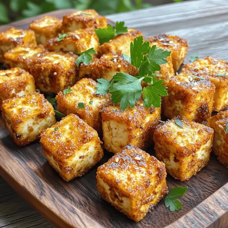 Um knusprigen gebackenen Tofu herzustellen, brauchst du einige einfache Zutaten. Hier sind die Hauptzutaten: - 1 Block (400 g) fester Tofu - 2 Esslöffel Maisstärke - 2 Esslöffel Sojasauce - 1 Esslöffel Sesamöl - 1 Esslöffel Olivenöl - 1 Teelöffel Knoblauchpulver - 1 Teelöffel geräuchertes Paprika - ½ Teelöffel schwarzer Pfeffer - Eine Prise Salz - Frische Petersilie, gehackt (zum Garnieren) Diese Zutaten geben deinem Tofu einen tollen Geschmack und eine knusprige Textur. Fester Tofu ist wichtig, da er die Flüssigkeit besser hält und beim Backen nicht zerfällt. Wenn du deinen Tofu noch interessanter machen willst, kannst du einige optionale Zutaten hinzufügen. Hier sind ein paar Ideen: - Chili-Pulver für Schärfe - Ingwerpulver für eine frische Note - Honig oder Agavendicksaft für Süße - Sesamsamen für zusätzlichen Crunch Diese Zutaten sind leicht zu finden und passen gut zu den Hauptzutaten. Sie helfen dir, verschiedene Geschmäcker zu kreieren, die deinen Tofu hervorheben. Die Wahl des richtigen Tofus ist wichtig. Hier sind einige Tipps: - Suche nach festem oder extra festem Tofu. - Achte darauf, dass der Tofu frisch aussieht und gut verpackt ist. - Vermeide Tofu, der wässrig oder brüchig ist. Wenn du diese Tipps befolgst, wirst du einen Tofu finden, der gut schmeckt und knusprig wird. Du kannst dieses Rezept einfach befolgen, um die besten Ergebnisse zu erzielen. Probiere auch die [Full Recipe] für eine Schritt-für-Schritt-Anleitung! Um köstlichen, knusprigen Tofu zu machen, ist die Vorbereitung wichtig. Beginne mit einem Block Tofu. Lass ihn gut abtropfen. Dann drücke ihn zwischen zwei Lagen Küchenpapier. So entfernst du die überschüssige Flüssigkeit. Dies hilft dem Tofu, die Marinade besser aufzunehmen. Schneide den Tofu in kleine Würfel. Die Größe ist wichtig, damit sie gleichmäßig backen. Jetzt kommt der Spaß! Nimm eine große Schüssel und füge die Zutaten für die Marinade hinzu. Du brauchst Maisstärke, Sojasauce, Sesamöl und Olivenöl. Füge auch Knoblauchpulver, geräuchertes Paprika, schwarzen Pfeffer und eine Prise Salz hinzu. Mische alles gut. Die Marinade gibt dem Tofu einen tollen Geschmack. Gib die Tofuwürfel in die Schüssel. Rühre vorsichtig um, bis jeder Würfel gut bedeckt ist. Heize deinen Ofen auf 200 °C vor. Lege ein Backblech mit Backpapier aus. Verteile die Tofuwürfel auf dem Blech in einer einzigen Schicht. Achte darauf, dass sie sich nicht berühren. So werden sie schön knusprig. Backe den Tofu für 25-30 Minuten. Wende die Würfel zur Hälfte der Zeit. Das sorgt für eine gleichmäßige Bräunung. Wenn sie goldbraun und knusprig sind, nimm sie aus dem Ofen. Lass sie kurz abkühlen und garniere sie mit frischer Petersilie. So wird dein Gericht noch schöner! Für das vollständige Rezept, schau dir die vollständige Anleitung an und genieße deinen knusprigen gebackenen Tofu! Um die perfekte Knusprigkeit zu erreichen, folgen Sie diesen Tipps: - Wählen Sie festen Tofu. Der richtige Tofu ist fest. - Drücken Sie den Tofu gut. Entfernen Sie die Flüssigkeit, um mehr Knusprigkeit zu erzielen. - Maisstärke ist wichtig. Diese gibt dem Tofu eine knusprige Schicht. - Backen bei hoher Temperatur. 200 °C ist ideal für knusprigen Tofu. - Einzelne Schicht auf dem Blech. Tofu sollte sich nicht berühren, um gleichmäßige Bräunung zu gewährleisten. Hier sind häufige Fehler, die zu weichem Tofu führen: - Zu viel Flüssigkeit im Tofu. Achten Sie darauf, den Tofu gut zu drücken. - Zu wenig Maisstärke. Diese Zutat ist der Schlüssel zur Knusprigkeit. - Niedrige Backtemperatur. Backen bei zu niedrigen Temperaturen führt zu weichem Tofu. - Unzureichendes Wenden. Wenden Sie den Tofu während des Backens für gleichmäßige Bräunung. Crispy Baked Tofu ist vielseitig. Hier sind einige Ideen: - Als Beilage. Servieren Sie ihn mit Reis oder Gemüse. - In Salaten. Fügen Sie knusprigen Tofu zu frischen Salaten hinzu. - In Wraps. Kombinieren Sie ihn mit Gemüse und Sauce in einem Wrap. - In Pfannengerichten. Tofu passt gut zu verschiedenen Gemüsesorten. Für die vollständige Zubereitung können Sie das Rezept [Full Recipe] nutzen. {{image_4}} Um Ihrem Tofu mehr Geschmack zu geben, können Sie verschiedene Gewürze hinzufügen. Zum Beispiel können Sie etwas Chilipulver oder Cayennepfeffer verwenden. Diese Gewürze bringen eine angenehme Schärfe. Auch Kreuzkümmel passt gut zu Tofu. Mischen Sie diese Gewürze einfach in die Marinade. Dadurch wird jedes Stück Tofu zum Geschmackserlebnis. Lassen Sie Ihrer Kreativität freien Lauf! Fügen Sie neue Aromen hinzu, um Ihre Tofu-Gerichte zu verändern. Verwenden Sie zum Beispiel BBQ-Sauce oder Teriyaki-Sauce für süßere Varianten. Das gibt dem Tofu einen ganz neuen Twist. Sie können auch frische Kräuter wie Basilikum oder Koriander hinzufügen, um Frische zu schaffen. Kombinieren Sie verschiedene Zutaten, um Ihren eigenen Stil zu finden. Wenn Sie eine vegane Ernährung bevorzugen, gibt es viele Alternativen. Anstelle von Sojasauce können Sie Tamari verwenden, das glutenfrei ist. Für das Sesamöl können Sie Erdnussöl nehmen. Diese Öle bieten auch großartige Aromen. Auch die Maisstärke lässt sich durch Kartoffelstärke ersetzen. So gelingt Ihnen eine leckere und vegane Version des Rezepts. Für das vollständige Rezept, schauen Sie sich die Anweisungen in der Rubrik "Crispy Baked Tofu Delight" an. Um gebackenen Tofu frisch zu halten, müssen Sie ihn richtig lagern. Lassen Sie den Tofu zuerst auf dem Backblech abkühlen. Danach legen Sie ihn in einen luftdichten Behälter. Es ist wichtig, dass die Stücke nicht übereinanderliegen. Dadurch bleibt die Knusprigkeit erhalten. Wenn Sie den Tofu mit einer Folie abdecken, kann er weich werden. Gebackener Tofu hält sich im Kühlschrank etwa 3 bis 5 Tage. Achten Sie darauf, die Temperatur unter 4 °C zu halten. Wenn Sie ihn länger aufbewahren möchten, können Sie ihn einfrieren. Der gefrorene Tofu bleibt bis zu 3 Monate haltbar. Denken Sie daran, ihn vor dem Einfrieren gut verpacken, um Gefrierbrand zu vermeiden. Um gebackenen Tofu wieder knusprig zu machen, verwenden Sie den Ofen oder eine Pfanne. Erhitzen Sie den Ofen auf 180 °C. Legen Sie den Tofu auf ein Backblech und backen Sie ihn 10 bis 15 Minuten. In einer Pfanne können Sie etwas Öl erhitzen und den Tofu kurz anbraten. Vermeiden Sie die Mikrowelle, da sie den Tofu weich macht. Für weitere Details und das gesamte Rezept, schauen Sie sich das Rezept für Crispy Baked Tofu Delight an. Bebackener Tofu bleibt knusprig, wenn Sie ihn richtig lagern. Nach dem Backen ist er frisch und knusprig. Wenn Sie ihn im Kühlschrank aufbewahren, kann er etwas weich werden. Um die Knusprigkeit zu erhalten, genießen Sie ihn am besten direkt nach dem Backen. Wenn Sie Reste haben, erwärmen Sie sie im Ofen für beste Ergebnisse. Ja, Sie können diese Methode für andere Proteinquellen anwenden. Hähnchenbrust, Tempeh oder Seitan können ebenfalls knusprig gebacken werden. Achten Sie darauf, die Marinade und die Backzeiten anzupassen. Jedes Protein hat seine eigene Textur und benötigt daher unterschiedliche Zeiten, um perfekt knusprig zu werden. Die Basisrezepte können jedoch ähnlich bleiben. Tofu ist eine großartige Proteinquelle. Er enthält wenig Fett und viele Nährstoffe. Tofu ist reich an Eisen, Kalzium und Antioxidantien. Der Verzehr von Tofu kann helfen, das Herz gesund zu halten. Es ist auch eine gute Wahl für Vegetarier und Veganer. In Maßen genossen, ist Tofu ein nahrhaftes Lebensmittel, das gut in jede ausgewogene Ernährung passt. Gebackener Tofu ist lecker und vielseitig. Wir haben die besten Zutaten, Tipps und Tricks behandelt. Jetzt wissen Sie, wie Sie Tofu richtig zubereiten und aufbewahren. Experimentieren Sie mit verschiedenen Geschmäckern, um Ihre eigenen Kreationen zu finden. Denken Sie daran, dass frischer Tofu die beste Wahl ist. Mit dieser Anleitung gelingt Ihnen knuspriger Tofu immer. Genießen Sie Ihre leckeren, gesunden Gerichte!
