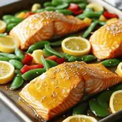 - 4 Lachsfilets - 2 Orangen (ausgepresst und zerrieben) - 1 Zitrone (ausgepresst und zerrieben) - 2 Esslöffel Honig - 2 Esslöffel Olivenöl Für die Zubereitung der Sheet Pan Citrus Glazed Salmon sind die Hauptzutaten sehr wichtig. Die Lachsfilets sind die Basis des Gerichts. Sie bieten einen feinen Geschmack und sind reich an Omega-3-Fettsäuren. Die Zitrusfrüchte, sowohl Orangen als auch Zitronen, geben dem Lachs eine frische und süß-saure Note. Honig und Olivenöl sorgen für eine schöne Glasur. Diese Zutaten harmonieren perfekt und machen das Gericht besonders lecker. - 1 Tasse Zuckerschoten - 1 rote Paprika, in Streifen geschnitten Das Gemüse bringt Farbe und Textur ins Gericht. Zuckerschoten sind knackig und süß. Sie sorgen für einen schönen Kontrast zum zarten Lachs. Die rote Paprika fügt eine süße Note hinzu und macht das Gericht noch ansprechender. Beide Gemüsesorten sind einfach zuzubereiten und passen gut zu den Aromen des Lachs. - 2 Knoblauchzehen, fein gehackt - 1 Teelöffel frischer Ingwer, gerieben - Salz und Pfeffer nach Geschmack Die Gewürze sind das Herzstück der Aromen. Knoblauch sorgt für einen kräftigen Geschmack, während Ingwer eine frische Würze hinzufügt. Salz und Pfeffer sind wichtig für die Balance der Aromen. Diese Zutaten machen die Glasur noch interessanter und bringen den Lachs zum Strahlen. Für die genauen Mengen und die Zubereitung schauen Sie sich das vollständige Rezept (Full Recipe) an. Heize deinen Ofen auf 200 °C (400 °F) vor. Nimm ein großes Backblech und lege es mit Backpapier aus. Das macht die Reinigung später einfacher. In einer kleinen Schüssel vermenge den Saft und die Schale von zwei Orangen und einer Zitrone. Füge zwei Esslöffel Honig und zwei Esslöffel Olivenöl hinzu. Hacke zwei Knoblauchzehen fein und reibe einen Teelöffel frischen Ingwer. Mische alles gut. Schmecke mit Salz und Pfeffer ab. Diese Glasur gibt dem Lachs eine frische Note. Lege vier Lachsfilets auf eine Seite des Backblechs. Gieße die Hälfte der Zitronen-Glasur über die Lachsfilets. Für später bewahre die andere Hälfte auf. Auf die andere Seite des Backblechs kommen Zuckerschoten und geschnittene rote Paprika. Beträufle das Gemüse mit Olivenöl. Würze es mit Salz und Pfeffer. Mische alles gut, damit die Aromen gleichmäßig verteilt sind. Schiebe das Backblech in den heißen Ofen. Röste den Lachs und das Gemüse für 15 bis 20 Minuten. Der Lachs sollte durchgegart und zart sein. Er lässt sich leicht mit einer Gabel zerteilen. Das Gemüse bleibt knackig und zart. In den letzten 5 Minuten pinsle die aufbewahrte Zitronen-Glasur über den Lachs. So erhält er eine glänzende Oberfläche. Um den Lachs perfekt zu garen, ist die Garzeit wichtig. Ich empfehle, den Lachs 15 bis 20 Minuten im Ofen zu lassen. Achte darauf, dass der Lachs opak und leicht mit einer Gabel zerfällt. Wenn du einen Fleischthermometer verwendest, sollte die Innentemperatur etwa 63 °C (145 °F) betragen. So bleibt der Lachs saftig und lecker. Frische Zutaten machen einen großen Unterschied. Verwende frische Zitrusfrüchte wie Orangen und Zitronen. Diese geben dem Gericht einen tollen Geschmack. Frisches Gemüse wie Zuckerschoten und rote Paprika sorgt für Farbe und Crunch. Frische Zutaten sind auch gesünder. Sie enthalten mehr Nährstoffe und weniger Konservierungsstoffe. Vorbereitung ist der Schlüssel zu einem schnellen Kochen. Du kannst die Zitrusfrüchte und das Gemüse vorher schneiden. Mische die Glasur am Vorabend und bewahre sie im Kühlschrank auf. So bist du bereit, wenn der Hunger kommt. Diese Schritte sparen dir Zeit und machen das Kochen stressfreier. {{image_4}} Für viele von uns ist der Geschmack das Wichtigste. Wenn du es würzig magst, füge Chili oder Paprikaflocken hinzu. Diese Zutaten bringen Hitze in das Gericht. Du kannst auch andere Gewürze ausprobieren. Kreuzkümmel und Koriander verleihen dem Lachs eine neue Note. Experimentiere mit verschiedenen Kombinationen und finde deine Lieblingsversion. Nicht jeder isst Fisch, und das ist in Ordnung! Du kannst diesen Rezept auch mit Tofu oder Gemüse machen. Für Tofu wähle feste Sorten und mariniere sie gleich wie den Lachs. Du kannst auch mehr Gemüse verwenden, wie Brokkoli oder Karotten. Achte darauf, dass das Gemüse gleichmäßig geschnitten ist. So gart alles zur gleichen Zeit und bleibt knackig. Die richtigen Beilagen machen das Essen noch besser. Probiere Quinoa oder Reis als einfache Beilage. Sie passen gut zu dem süßen Lachs und dem Gemüse. Auch ein frischer Salat ist eine gute Wahl. Mische Blattgemüse mit Zitrusfrüchten, um den Geschmack zu ergänzen. Diese Beilagen sind leicht und gesund. Um den restlichen Lachs richtig aufzubewahren, lege ihn in einen luftdichten Behälter. Stelle sicher, dass er vollständig abgekühlt ist, bevor du ihn in den Kühlschrank gibst. Im Kühlschrank bleibt der Lachs bis zu drei Tage frisch. Für längere Lagerung kannst du den Lachs auch einfrieren. Wickel ihn gut in Frischhaltefolie ein und lege ihn in einen Gefrierbeutel. So bleibt er bis zu drei Monate genießbar. Achte darauf, den Lachs und das Gemüse frisch zu halten. Überprüfe regelmäßig den Inhalt deines Kühlschranks. Wenn du Reste hast, plane sie ein, um Lebensmittelverschwendung zu vermeiden. Du kannst die Reste in Salaten oder Wraps verwenden. Das hilft dir, kreativ zu sein und gleichzeitig die Frische zu nutzen. Um den Lachs wieder aufzuwärmen, nutze den Ofen oder die Mikrowelle. Im Ofen heize ihn bei 150 °C, bis er warm ist, etwa 10 bis 15 Minuten. In der Mikrowelle lege den Lachs auf einen Teller und decke ihn ab. Erwärme ihn in 30-Sekunden-Intervallen, bis er heiß ist. So bleibt der Lachs saftig und lecker. Lachsfilets brauchen 15 bis 20 Minuten im Ofen. Die genaue Zeit hängt von der Dicke der Filets ab. Wenn der Lachs leicht mit einer Gabel zerfällt, ist er perfekt. Überprüfen Sie die Kerntemperatur. Sie sollte 63 °C erreichen. Ja, Sie können das Gemüse ganz nach Ihrem Geschmack anpassen. Brokkoli, Karotten oder Spargel passen gut dazu. Diese Gemüse sind lecker und geben Farbe auf dem Blech. Versuchen Sie auch Zucchini oder rote Zwiebeln für einen anderen Geschmack. Ja, Sie können dieses Rezept auch auf dem Grill zubereiten. Nutzen Sie eine Grillpfanne oder Folie, um das Gemüse und den Lachs zu halten. Grillen Sie bei mittlerer Hitze für 10 bis 15 Minuten. Wenden Sie den Lachs einmal, um gleichmäßig zu garen. Die kompletten Rezeptdetails finden Sie im [Full Recipe]. Dort stehen alle Schritte und Zutaten für Ihr perfektes Gericht. Lachs mit Zitrusfrüchten und Gemüse ist ein einfaches Gericht. Du hast gelernt, die Zutaten auszuwählen und den Lachs perfekt zu garen. Frische Zutaten machen den Unterschied. Variationen helfen, neuen Geschmack zu entdecken. Für die Lagerung und das Aufwärmen gibt es einfache Tipps. So bleibt dein Essen frisch und lecker. Mit diesen Ideen hast du alles, um dieses Gericht zu genießen. Probiere neue Kombinationen und finde deinen Favoriten!