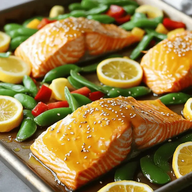 - 4 Lachsfilets - 2 Orangen (ausgepresst und zerrieben) - 1 Zitrone (ausgepresst und zerrieben) - 2 Esslöffel Honig - 2 Esslöffel Olivenöl Für die Zubereitung der Sheet Pan Citrus Glazed Salmon sind die Hauptzutaten sehr wichtig. Die Lachsfilets sind die Basis des Gerichts. Sie bieten einen feinen Geschmack und sind reich an Omega-3-Fettsäuren. Die Zitrusfrüchte, sowohl Orangen als auch Zitronen, geben dem Lachs eine frische und süß-saure Note. Honig und Olivenöl sorgen für eine schöne Glasur. Diese Zutaten harmonieren perfekt und machen das Gericht besonders lecker. - 1 Tasse Zuckerschoten - 1 rote Paprika, in Streifen geschnitten Das Gemüse bringt Farbe und Textur ins Gericht. Zuckerschoten sind knackig und süß. Sie sorgen für einen schönen Kontrast zum zarten Lachs. Die rote Paprika fügt eine süße Note hinzu und macht das Gericht noch ansprechender. Beide Gemüsesorten sind einfach zuzubereiten und passen gut zu den Aromen des Lachs. - 2 Knoblauchzehen, fein gehackt - 1 Teelöffel frischer Ingwer, gerieben - Salz und Pfeffer nach Geschmack Die Gewürze sind das Herzstück der Aromen. Knoblauch sorgt für einen kräftigen Geschmack, während Ingwer eine frische Würze hinzufügt. Salz und Pfeffer sind wichtig für die Balance der Aromen. Diese Zutaten machen die Glasur noch interessanter und bringen den Lachs zum Strahlen. Für die genauen Mengen und die Zubereitung schauen Sie sich das vollständige Rezept (Full Recipe) an. Heize deinen Ofen auf 200 °C (400 °F) vor. Nimm ein großes Backblech und lege es mit Backpapier aus. Das macht die Reinigung später einfacher. In einer kleinen Schüssel vermenge den Saft und die Schale von zwei Orangen und einer Zitrone. Füge zwei Esslöffel Honig und zwei Esslöffel Olivenöl hinzu. Hacke zwei Knoblauchzehen fein und reibe einen Teelöffel frischen Ingwer. Mische alles gut. Schmecke mit Salz und Pfeffer ab. Diese Glasur gibt dem Lachs eine frische Note. Lege vier Lachsfilets auf eine Seite des Backblechs. Gieße die Hälfte der Zitronen-Glasur über die Lachsfilets. Für später bewahre die andere Hälfte auf. Auf die andere Seite des Backblechs kommen Zuckerschoten und geschnittene rote Paprika. Beträufle das Gemüse mit Olivenöl. Würze es mit Salz und Pfeffer. Mische alles gut, damit die Aromen gleichmäßig verteilt sind. Schiebe das Backblech in den heißen Ofen. Röste den Lachs und das Gemüse für 15 bis 20 Minuten. Der Lachs sollte durchgegart und zart sein. Er lässt sich leicht mit einer Gabel zerteilen. Das Gemüse bleibt knackig und zart. In den letzten 5 Minuten pinsle die aufbewahrte Zitronen-Glasur über den Lachs. So erhält er eine glänzende Oberfläche. Um den Lachs perfekt zu garen, ist die Garzeit wichtig. Ich empfehle, den Lachs 15 bis 20 Minuten im Ofen zu lassen. Achte darauf, dass der Lachs opak und leicht mit einer Gabel zerfällt. Wenn du einen Fleischthermometer verwendest, sollte die Innentemperatur etwa 63 °C (145 °F) betragen. So bleibt der Lachs saftig und lecker. Frische Zutaten machen einen großen Unterschied. Verwende frische Zitrusfrüchte wie Orangen und Zitronen. Diese geben dem Gericht einen tollen Geschmack. Frisches Gemüse wie Zuckerschoten und rote Paprika sorgt für Farbe und Crunch. Frische Zutaten sind auch gesünder. Sie enthalten mehr Nährstoffe und weniger Konservierungsstoffe. Vorbereitung ist der Schlüssel zu einem schnellen Kochen. Du kannst die Zitrusfrüchte und das Gemüse vorher schneiden. Mische die Glasur am Vorabend und bewahre sie im Kühlschrank auf. So bist du bereit, wenn der Hunger kommt. Diese Schritte sparen dir Zeit und machen das Kochen stressfreier. {{image_4}} Für viele von uns ist der Geschmack das Wichtigste. Wenn du es würzig magst, füge Chili oder Paprikaflocken hinzu. Diese Zutaten bringen Hitze in das Gericht. Du kannst auch andere Gewürze ausprobieren. Kreuzkümmel und Koriander verleihen dem Lachs eine neue Note. Experimentiere mit verschiedenen Kombinationen und finde deine Lieblingsversion. Nicht jeder isst Fisch, und das ist in Ordnung! Du kannst diesen Rezept auch mit Tofu oder Gemüse machen. Für Tofu wähle feste Sorten und mariniere sie gleich wie den Lachs. Du kannst auch mehr Gemüse verwenden, wie Brokkoli oder Karotten. Achte darauf, dass das Gemüse gleichmäßig geschnitten ist. So gart alles zur gleichen Zeit und bleibt knackig. Die richtigen Beilagen machen das Essen noch besser. Probiere Quinoa oder Reis als einfache Beilage. Sie passen gut zu dem süßen Lachs und dem Gemüse. Auch ein frischer Salat ist eine gute Wahl. Mische Blattgemüse mit Zitrusfrüchten, um den Geschmack zu ergänzen. Diese Beilagen sind leicht und gesund. Um den restlichen Lachs richtig aufzubewahren, lege ihn in einen luftdichten Behälter. Stelle sicher, dass er vollständig abgekühlt ist, bevor du ihn in den Kühlschrank gibst. Im Kühlschrank bleibt der Lachs bis zu drei Tage frisch. Für längere Lagerung kannst du den Lachs auch einfrieren. Wickel ihn gut in Frischhaltefolie ein und lege ihn in einen Gefrierbeutel. So bleibt er bis zu drei Monate genießbar. Achte darauf, den Lachs und das Gemüse frisch zu halten. Überprüfe regelmäßig den Inhalt deines Kühlschranks. Wenn du Reste hast, plane sie ein, um Lebensmittelverschwendung zu vermeiden. Du kannst die Reste in Salaten oder Wraps verwenden. Das hilft dir, kreativ zu sein und gleichzeitig die Frische zu nutzen. Um den Lachs wieder aufzuwärmen, nutze den Ofen oder die Mikrowelle. Im Ofen heize ihn bei 150 °C, bis er warm ist, etwa 10 bis 15 Minuten. In der Mikrowelle lege den Lachs auf einen Teller und decke ihn ab. Erwärme ihn in 30-Sekunden-Intervallen, bis er heiß ist. So bleibt der Lachs saftig und lecker. Lachsfilets brauchen 15 bis 20 Minuten im Ofen. Die genaue Zeit hängt von der Dicke der Filets ab. Wenn der Lachs leicht mit einer Gabel zerfällt, ist er perfekt. Überprüfen Sie die Kerntemperatur. Sie sollte 63 °C erreichen. Ja, Sie können das Gemüse ganz nach Ihrem Geschmack anpassen. Brokkoli, Karotten oder Spargel passen gut dazu. Diese Gemüse sind lecker und geben Farbe auf dem Blech. Versuchen Sie auch Zucchini oder rote Zwiebeln für einen anderen Geschmack. Ja, Sie können dieses Rezept auch auf dem Grill zubereiten. Nutzen Sie eine Grillpfanne oder Folie, um das Gemüse und den Lachs zu halten. Grillen Sie bei mittlerer Hitze für 10 bis 15 Minuten. Wenden Sie den Lachs einmal, um gleichmäßig zu garen. Die kompletten Rezeptdetails finden Sie im [Full Recipe]. Dort stehen alle Schritte und Zutaten für Ihr perfektes Gericht. Lachs mit Zitrusfrüchten und Gemüse ist ein einfaches Gericht. Du hast gelernt, die Zutaten auszuwählen und den Lachs perfekt zu garen. Frische Zutaten machen den Unterschied. Variationen helfen, neuen Geschmack zu entdecken. Für die Lagerung und das Aufwärmen gibt es einfache Tipps. So bleibt dein Essen frisch und lecker. Mit diesen Ideen hast du alles, um dieses Gericht zu genießen. Probiere neue Kombinationen und finde deinen Favoriten!