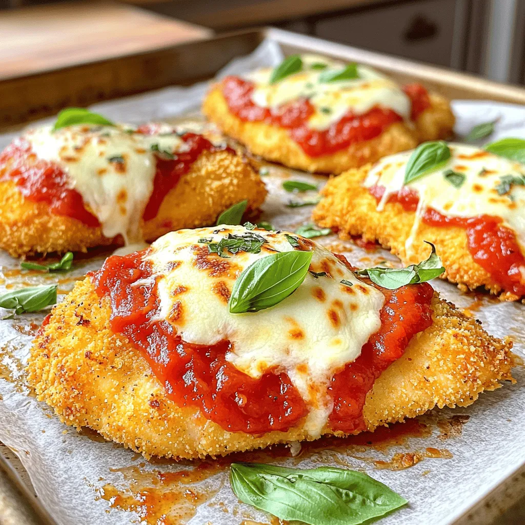 Für ein leckeres Ofen-gebackenes Hähnchen Parmesan brauchst du: - 4 Hähnchenbrustfilets, ohne Haut und Knochen - 1 Tasse Paniermehl (am besten Panko für extra Knusprigkeit) - 1/2 Tasse geriebener Parmesan-Käse - 1 Teelöffel Knoblauchpulver - 1 Teelöffel italienische Kräutermischung - 1/2 Teelöffel Salz - 1/4 Teelöffel schwarzer Pfeffer - 2 große Eier - 1 Tasse Marinara-Soße - 1 1/2 Tassen geriebener Mozzarella-Käse - Frische Basilikumblätter zur Garnierung (optional) Diese Zutaten ergeben ein einfaches, aber köstliches Gericht. Die Kombination aus Hähnchen, Käse und Soße macht es unwiderstehlich. Wenn du glutenfrei essen möchtest, gibt es tolle Alternativen. Verwende glutenfreies Paniermehl oder Mandelmehl. Panko gibt es auch in glutenfreier Form. Diese Optionen sorgen für eine ähnliche Textur und Knusprigkeit. Achte darauf, die Etiketten zu lesen, um sicherzugehen, dass kein Gluten enthalten ist. Käse ist der Star dieses Gerichts. Parmesan bringt einen kräftigen, salzigen Geschmack. Mozzarella macht das Gericht schön cremig und zieht beim Schneiden. Du kannst auch Provolone verwenden, um eine andere Geschmacksnote zu erhalten. Jeder Käse bringt etwas Einzigartiges mit. Experimentiere und finde deinen Favoriten! Heize deinen Ofen auf 200°C vor. Das sorgt dafür, dass das Hähnchen gleichmäßig gar wird. Lege ein Backblech mit Backpapier aus. So bleibt es sauber und die Hähnchenstücke kleben nicht fest. Nimm eine flache Schüssel und mische die folgenden Zutaten: - 1 Tasse Paniermehl - 1/2 Tasse geriebener Parmesan-Käse - 1 Teelöffel Knoblauchpulver - 1 Teelöffel italienische Kräutermischung - 1/2 Teelöffel Salz - 1/4 Teelöffel schwarzer Pfeffer Rühre alles gut um, damit sich die Gewürze gleichmäßig verteilen. So bekommt das Hähnchen einen tollen Geschmack. Schlage zwei große Eier in einer anderen flachen Schüssel auf und verquirle sie. Nimm ein Hähnchenbrustfilet, tauche es in die Eiermischnung und achte darauf, dass es gut bedeckt ist. Lass überschüssige Eier abtropfen. Danach lege das Filet in die Paniermehlmischung. Drücke die Mischung gut an, damit sie haftet. Lege die panierten Hähnchenbrustfilets auf das Backblech. Backe sie für etwa 20 Minuten, bis sie goldbraun sind. Nimm das Hähnchen aus dem Ofen. Löffle großzügig Marinara-Soße über jedes Stück. Dann streue eine große Menge geriebenen Mozzarella-Käse darüber. Schiebe das Blech zurück in den Ofen und backe es weitere 10 Minuten, bis der Käse blubbert. Lass das Hähnchen danach ein paar Minuten ruhen. Garniere es mit frischen Basilikumblättern, um es noch schöner zu machen. Für die genauen Mengen und Schritte schaue dir das [Full Recipe] an. Um das Hähnchen schön knusprig zu machen, benutze Panko-Paniermehl. Es ist gröber und gibt mehr Textur. Achte darauf, dass die Hähnchenbrustfilets gut in der Eiermischung getaucht sind. Lass überschüssige Eier abtropfen, damit das Paniermehl besser haftet. Drücke das Hähnchen fest in die Brösel. So entsteht eine schöne Kruste. Backe das Hähnchen auf einem Blech mit Backpapier, das hilft auch beim knusprigen Ergebnis. Wenn du es noch knuspriger magst, backe es ein paar Minuten länger. Die Marinara-Soße ist der Stern des Gerichts. Du kannst sie selbst machen oder eine fertige verwenden. Für eine einfache Soße, koche Tomaten mit Zwiebeln und Knoblauch. Füge Kräuter wie Basilikum und Oregano hinzu. Wenn du es schärfer magst, kannst du etwas rote Pfefferflocken hinzufügen. Probiere auch andere Zutaten wie Oliven oder Kapern. Diese geben der Soße einen besonderen Geschmack und machen dein Hähnchen Parmesan noch besser. Zu Ofen-gebackenem Hähnchen Parmesan passen viele Beilagen. Ein einfacher grüner Salat mit einem leichten Dressing ist frisch und lecker. Auch Pasta mit Olivenöl und Knoblauch ist eine tolle Wahl. Wenn du es lieber herzhaft magst, serviere es mit knusprigem Brot. Überlege, ob du Gemüse wie gedünstete Zucchini oder Brokkoli hinzufügst. Diese Beilagen ergänzen den Geschmack des Hähnchen Parmesan perfekt. {{image_4}} Für eine leckere vegetarische Variante kannst du Auberginen verwenden. Schneide die Auberginen in Scheiben. Salze sie leicht, damit sie Wasser ziehen können. Lass sie 30 Minuten stehen. Spüle dann das Salz ab und tupfe sie trocken. Panierte die Auberginen wie das Hähnchen mit der gleichen Mischung. Backe sie im Ofen, bis sie goldbraun sind. Diese Version ist einfach und voll von Geschmack. Wenn du es scharf magst, probiere die Chili-Käse-Variante. Füge dem Paniermehl etwas rote Paprika oder Cayennepfeffer hinzu. Du kannst auch gewürfelte Jalapeños in die Marinara-Soße geben. Das bringt eine feurige Note. Der Käse wird beim Backen schön schmelzen und die Schärfe ausgleichen. Für eine mediterrane Note füge schwarze Oliven und rote Paprika hinzu. Mische gewürfelte Oliven und Paprika in die Marinara-Soße. Diese Zutaten bringen frische Aromen in das Gericht. Die Kombination aus Käse, Oliven und Paprika macht das Rezept spannend. Du wirst erstaunt sein, wie viel Geschmack diese einfache Änderung bringt. Das sind einige köstliche Variationen für dein Ofen-gebackenes Hähnchen Parmesan. Lass dich inspirieren und finde deinen Favoriten! Du kannst das [Full Recipe] für das Grundrezept verwenden. Um übrig gebliebenes Hähnchen Parmesan richtig zu lagern, lege es in einen luftdichten Behälter. Du kannst das Hähnchen auch in Frischhaltefolie einwickeln. Achte darauf, dass die Marinara-Soße nicht ausläuft. So bleibt das Hähnchen frisch und lecker. Wenn du das Hähnchen wieder aufwärmen möchtest, benutze den Ofen. Heize den Ofen auf 180°C vor. Lege das Hähnchen auf ein Backblech und decke es mit Alufolie ab. So bleibt es saftig. Backe es für etwa 15-20 Minuten. Du kannst auch die Mikrowelle nutzen, aber das Hähnchen könnte weniger knusprig werden. Im Kühlschrank bleibt das Hähnchen bis zu 3 Tage frisch. Stelle sicher, dass es gut verpackt ist. Im Gefrierfach kannst du das Hähnchen bis zu 3 Monate lagern. Wenn du es einfrierst, empfehle ich, die Marinara-Soße separat zu lagern. So bleibt die Textur besser. Das Hähnchen braucht etwa 30 Minuten im Ofen. Zuerst backen wir es 20 Minuten, bis es goldbraun ist. Danach fügen wir die Marinara-Soße und den Käse hinzu und backen es weitere 10 Minuten. So wird das Hähnchen schön knusprig und der Käse schmilzt perfekt. Überprüfe mit einem Fleischthermometer, ob das Hähnchen mindestens 75°C erreicht hat. Ja, du kannst das Hähnchen auch in der Luftfritteuse zubereiten. Stelle die Temperatur auf 200°C ein. Backe das Hähnchen für etwa 15 bis 20 Minuten. Drehe das Hähnchen nach der Hälfte der Zeit um, damit es gleichmäßig gart. Das Hähnchen wird ebenfalls knusprig und lecker. Es gibt viele tolle Beilagen für Hähnchen Parmesan. Hier sind einige Ideen: - Spaghetti mit Marinara-Soße - Knuspriger Caesar-Salat - Gedämpftes Gemüse, wie Brokkoli oder grüne Bohnen - Knoblauchbrot für etwas Extra-Knoblauchgeschmack Diese Beilagen ergänzen das Gericht perfekt und machen es zu einem vollständigen Essen. Um mehr Portionen zu machen, verdopple einfach die Zutaten. Du kannst bis zu acht Hähnchenbrustfilets verwenden. Achte darauf, dass dein Backblech genug Platz hat. Wenn du mehr als ein Blech benötigst, backe die Hähnchen in Chargen. So bleibt alles gleichmäßig gar und knusprig. Für das genaue Rezept kannst du die [Full Recipe] einsehen. Zusammenfassend haben wir die Zutaten, Schritte und Tipps für ofen-gebackenes Hähnchen Parmesan durchdacht. Du hast gelernt, wie du knusprige Hähnchenbrust zubereitest und welche Käsesorten am besten sind. Variationen wie die vegetarische Version sind einfach umzusetzen. Denke daran, Reste richtig zu lagern und aufzuwärmen. Dieses Rezept sollte dir Freude beim Kochen bringen und deine Familie begeistern. Mit diesen Informationen kannst du dein Hähnchen Parmesan perfektionieren.