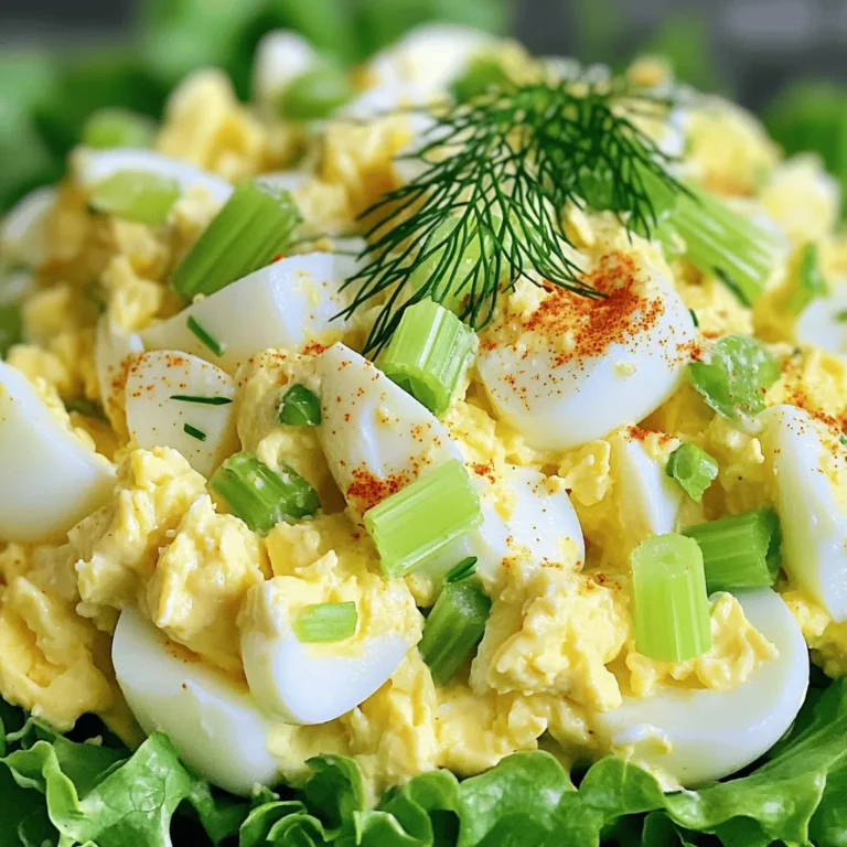 Die Hauptzutaten machen den klassischen Eiersalat einfach und lecker. Hier sind die Zutaten, die Sie brauchen: - 6 große Eier - 1/4 Tasse Mayonnaise - 1 Esslöffel Dijon-Senf - 1 Esslöffel Zitronensaft - 2 Esslöffel Frühlingszwiebeln, fein gehackt - 1 Selleriestange, fein gewürfelt - 1 Teelöffel Paprika - Salz und Pfeffer nach Geschmack - Frischer Dill oder Petersilie zur Garnierung Diese Zutaten sorgen für die perfekte Mischung aus Geschmack und Textur. Die Eier sind der Star des Gerichts. Sie geben dem Salat die Grundlage. Sie können Ihrem Eiersalat noch mehr Flair verleihen. Hier sind einige optionale Zutaten: - Gewürzgurken oder Senfgurken, gehackt - Kapern für etwas Würze - Ein Spritzer Tabasco für Schärfe - Avocado für Cremigkeit Die Wahl dieser Zutaten hängt von Ihrem Geschmack ab. Experimentieren Sie und finden Sie Ihre Lieblingskombination. Frische Zutaten sind der Schlüssel zu einem großartigen Eiersalat. Verwenden Sie frische Eier, um den besten Geschmack zu erzielen. Frische Kräuter wie Dill oder Petersilie bringen Farbe und Aroma. Auch frisches Gemüse macht einen Unterschied. Es sorgt für Crunch und Frische. Wenn Sie frische Zutaten nutzen, schmeckt Ihr Eiersalat besser. Machen Sie es zu einer Gewohnheit, frische Zutaten zu wählen. So zaubern Sie immer köstliche Gerichte. Für das vollständige Rezept schauen Sie sich den Zesty Classic Egg Salad an. Zuerst kochen wir die Eier. Nehmen Sie 6 große Eier und legen Sie sie in einen Topf. Füllen Sie den Topf mit kaltem Wasser, bis die Eier bedeckt sind. Bringen Sie das Wasser zum Kochen. Wenn das Wasser kocht, nehmen Sie den Topf vom Herd und decken ihn ab. Lassen Sie die Eier 10-12 Minuten ruhen. Das sorgt dafür, dass sie perfekt hartgekocht sind. Danach geben Sie die Eier in eine Schüssel mit Eiswasser. Lassen Sie sie dort etwa 5 Minuten abkühlen. So lassen sie sich leichter schälen. Jetzt machen wir die Eiersalat-Mischung. Schälen Sie die abgekühlten Eier und schneiden Sie sie in kleine Stücke. Nehmen Sie eine große Rührschüssel und geben Sie 1/4 Tasse Mayonnaise, 1 Esslöffel Dijon-Senf, 1 Esslöffel Zitronensaft, 1 Teelöffel Paprika, Salz und Pfeffer hinein. Rühren Sie alles gut um, bis die Mischung cremig ist. Fügen Sie dann die geschnittenen Eier, 2 Esslöffel fein gehackte Frühlingszwiebeln und 1 gewürfelte Selleriestange hinzu. Mischen Sie alles vorsichtig, damit die Eier nicht zerdrückt werden. Jetzt probieren wir die Mischung. Passen Sie die Gewürze nach Ihrem Geschmack an. Vielleicht möchten Sie mehr Salz oder Zitronensaft hinzufügen. Wenn alles gut schmeckt, decken Sie die Schüssel ab. Lassen Sie den Eiersalat mindestens 30 Minuten im Kühlschrank ruhen. So können sich die Aromen gut vermischen. Der Eiersalat wird dann noch leckerer. Sie können die vollständige Rezeptanleitung im [Full Recipe] finden. Die richtige Kochzeit ist der Schlüssel. Ich empfehle, die Eier 10-12 Minuten zu kochen. Beginnen Sie mit kaltem Wasser. Wenn das Wasser kocht, nehmen Sie den Topf vom Herd. Lassen Sie die Eier dann abgedeckt ruhen. So bleiben sie perfekt gekocht und nicht grünlich. Um den Eiersalat cremiger zu machen, fügen Sie mehr Mayonnaise hinzu. Eine gute Faustregel ist, einen Esslöffel mehr. Dijon-Senf macht ihn auch geschmackvoller. Ein Spritzer Zitronensaft sorgt für Frische und hilft, die cremige Textur zu erreichen. Servieren Sie den Eiersalat auf frischem Salat oder in einem Sandwich. Für einen schönen Farbkontrast können Sie frische Kräuter wie Dill oder Petersilie verwenden. Vollkornbrot passt gut dazu. Wenn Sie etwas Crunch mögen, bieten Sie frisches Gemüse an. Diese Kombination wird Ihre Gäste begeistern! {{image_4}} Um den Eiersalat noch besser zu machen, füge Gewürze und frische Kräuter hinzu. Ein wenig Schnittlauch gibt einen tollen Geschmack. Auch Estragon oder Basilikum sind gute Optionen. Diese Kräuter bringen frische Aromen und machen den Salat lebendiger. Du kannst auch etwas Cayennepfeffer für eine kleine Schärfe verwenden. Probiere verschiedene Kombinationen, um deinen perfekten Eiersalat zu finden. Solltest du mehr Textur und Geschmack wollen, ergänze den Eiersalat mit weiteren Zutaten. Avocado macht den Salat cremiger und gesünder. Speck bringt einen herzhaften Crunch und einen tollen rauchigen Geschmack. Du kannst auch gewürfelte Gurken oder Paprika hinzufügen. Sie sorgen für einen knackigen Biss und einen frischen Geschmack. Diese Variationen machen das Rezept vielseitig und spannend. Wenn du eine vegane Option suchst, gibt es einfache Alternativen. Ersetze die Eier durch Kichererbsen oder Tofu. Zerdrücke die Kichererbsen und mische sie mit der gleichen Mayonnaise und den Gewürzen. Tofu kannst du auch würzen und in kleine Stücke schneiden. Diese Optionen sind gesund und lecker. So kannst du den Eiersalat genießen, ohne tierische Produkte zu verwenden. Für das vollständige Rezept, schau dir den Zesty Classic Egg Salad an. Um Eiersalat frisch zu halten, bewahre ihn in einem luftdichten Behälter auf. Stelle sicher, dass der Behälter gut verschlossen ist. So bleibt der Salat länger frisch. Du kannst ihn für eine einfache Handhabung auch in Portionen aufteilen. Dies erleichtert das Entnehmen. Eiersalat hält im Kühlschrank etwa 3 bis 5 Tage. Achte darauf, ihn nicht zu lange stehen zu lassen. Wenn der Salat komisch riecht oder die Farbe ändert, wirf ihn weg. Sicherheit ist wichtig. Vermeide es, Eiersalat bei Zimmertemperatur länger als zwei Stunden stehen zu lassen. Dies hilft, das Risiko von Bakterien zu minimieren. Eiersalat ist vielseitig. Du kannst ihn in einem Sandwich oder Wrap verwenden. Er ist auch lecker auf Crackern oder mit frischem Gemüse. Wenn du etwas Neues ausprobieren möchtest, mische ihn mit Avocado oder füge etwas Speck hinzu. So erhältst du eine neue Geschmacksrichtung. Du kannst auch Reste in einer Quiche verwenden. So schaffst du eine köstliche Mahlzeit mit wenig Aufwand. Eiersalat bleibt im Kühlschrank in einem luftdichten Behälter etwa 3 bis 5 Tage frisch. Die frischen Zutaten machen den Salat lecker, aber sie verderben auch schneller. Achten Sie darauf, die Zutaten gut zu mischen. Wenn der Eiersalat einen seltsamen Geruch hat oder die Farbe sich verändert, werfen Sie ihn weg. Ich empfehle, den Salat frisch zu genießen, um den besten Geschmack zu erleben. Eiersalat kann eingefroren werden, aber die Textur verändert sich oft. Die Mayonnaise kann nach dem Auftauen wässrig werden. Wenn Sie den Eiersalat einfrieren möchten, empfehle ich, die Eier separat zu kochen und danach den Salat frisch zuzubereiten. So bleibt der Geschmack und die Struktur besser erhalten. Einfrieren ist also möglich, aber nicht ideal für die beste Qualität. Eiersalat passt gut zu vielen Beilagen. Hier sind einige beliebte Optionen: - Vollkornbrot oder Toast - Frische Salatblätter - Gurkenscheiben oder Karottensticks - Chips oder Cracker - Eine leichte Tomatensuppe Diese Beilagen ergänzen den Eiersalat gut und bringen Abwechslung auf den Tisch. Für eine besondere Note können Sie den Salat auch mit frischem Dill oder Petersilie garnieren. Wenn Sie nach einer kreativen Idee suchen, probieren Sie ihn in einem Wrap mit frischem Gemüse! Eiersalat ist ein einfacher und köstlicher Snack. Wir haben die Hauptzutaten und deren Wichtigkeit besprochen. Die Schritt-für-Schritt-Anleitung hilft dir, einen perfekten Eiersalat zu machen. Tipps und Tricks verbessern die Konsistenz und den Geschmack. Du kannst mit Variationen und neuen Zutaten kreativ sein. Denke bei der Lagerung an Frische und Sicherheit. Eiersalat ist vielseitig und lecker, also mach ihn nach deinem Geschmack!