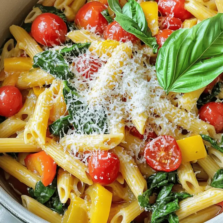 - 340 g Pasta nach Wahl - 1 mittlere Zwiebel - 3 Knoblauchzehen - 500 g Cherrytomaten Die Hauptzutaten sind einfach zu finden und lecker. Ich bevorzuge Penne oder Fusilli, da sie die Sauce gut halten. Die Zwiebel und der Knoblauch bringen viel Geschmack. Die Cherrytomaten sorgen für Süße und Frische. - 1 Teelöffel getrockneter Oregano - 1 Teelöffel getrocknetes Basilikum - 960 ml Gemüsebrühe Die Gewürze sind der Schlüssel zu einem tollen Aroma. Oregano und Basilikum machen das Gericht lebendig. Gemüsebrühe bringt Tiefe und hilft, die Pasta zart zu kochen. - ¼ Teelöffel rote Pfefferflocken - 60 g geriebener Parmesan Rote Pfefferflocken geben einen kleinen Kick. Parmesan macht das Gericht cremig und herzhaft. Fühlen Sie sich frei, diese Zutaten nach Ihrem Geschmack hinzuzufügen oder wegzulassen. Wenn Sie mehr über die Zubereitung erfahren möchten, schauen Sie sich das [Full Recipe] an. Zuerst bereite ich die Zwiebel und den Knoblauch vor. Ich würfle die Zwiebel in kleine Stücke und hacke den Knoblauch fein. Dann halbiere ich die Cherrytomaten und würfle die Paprika. Diese Schritte helfen, die Aromen gleichmäßig zu verteilen. Jetzt gebe ich alle Zutaten in einen großen Topf. Ich füge die Pasta, Zwiebel, Knoblauch, Cherrytomaten, Paprika und die Gemüsebrühe hinzu. Es ist wichtig, alles gut zu vermengen. Dann bringe ich die Mischung zum Kochen und rühre häufig um. So stelle ich sicher, dass die Pasta gleichmäßig gart und nicht kleben bleibt. Wenn die Pasta fast fertig ist, füge ich den frischen Spinat hinzu. Ich rühre alles gut um, bis der Spinat zusammenfällt. Jetzt schmecke ich das Gericht ab und würze nach Bedarf. Wenn ich mag, gebe ich etwas geriebenen Parmesan dazu. Dann serviere ich die Pasta heiß, garniert mit frischen Basilikumblättern. Das macht das Gericht besonders lecker. Für das gesamte Rezept, siehe Full Recipe. - Bereite die Zutaten im Voraus. Das spart Zeit. - Verwende vorgekochte Pasta. Sie kocht schneller und ist praktisch. - Nutze hochwertige Gemüsebrühe. Sie macht die Pasta schmackhafter. - Frische Kräuter zum Garnieren bringen mehr Aroma. Basilikum oder Petersilie sind ideal. - Wähle glutenfreie Pasta-Optionen, wenn nötig. Es gibt viele gute Alternativen. - Verwende vegane Alternativen zum Parmesan. Nusskäse oder Hefeflocken sind lecker. Diese Tipps helfen dir, deine One-Pot Pasta schnell und einfach zuzubereiten. Probiere sie aus! Du kannst das gesamte Rezept [hier finden](#). {{image_4}} Fügen Sie saisonales Gemüse hinzu, um das Gericht frisch zu halten. In den Frühlingsmonaten passen Spargel oder Brokkoli gut dazu. Im Sommer sind Zucchini und Erbsen tolle Alternativen. Diese Gemüsesorten bringen Farbe und Nährstoffe in Ihre One-Pot Pasta. Um die Pasta nahrhafter zu machen, können Sie Hähnchenbrust oder Tofu hinzufügen. Einfach in Würfel schneiden und mit den anderen Zutaten kochen. Garnelen sind eine hervorragende Wahl für eine Meeresfrüchte-Variante. Sie geben der Pasta einen feinen Geschmack. Experimentieren Sie mit verschiedenen Kräutern, um neue Aromen zu entdecken. Thymian oder Rosmarin bringen einen besonderen Kick. Mögen Sie es scharf? Fügen Sie Jalapeños oder Chili hinzu. Diese Gewürze geben Ihrer Pasta eine aufregende Note. Mit diesen Anpassungen wird Ihre schnelle One-Pot Pasta immer wieder neu und spannend. Für das vollständige Rezept, schauen Sie sich die vollständigen Details an. Bewahren Sie die Reste der One-Pot-Pasta in luftdichten Behältern auf. Stellen Sie sicher, dass der Behälter gut verschlossen ist. So bleibt die Pasta frisch. Optimal ist der Verbrauch innerhalb von 3 Tagen. Nach dieser Zeit kann die Qualität nachlassen. Um die Pasta einzufrieren, lassen Sie sie zuerst abkühlen. Füllen Sie die abgekühlte Pasta in gefriergeeignete Behälter oder Beutel. Achten Sie darauf, etwas Platz im Behälter zu lassen. Die Pasta kann bis zu 3 Monate eingefroren werden. Zum Wiedererwärmen erwärmen Sie sie einfach in einem Topf mit etwas Brühe oder Wasser. Rühren Sie häufig um, damit sie gleichmäßig warm wird. Frische Kräuter und Gemüse sind am besten, wenn sie frisch sind. Verwenden Sie sie innerhalb weniger Tage. Für eine längere Haltbarkeit können Sie getrocknete Kräuter verwenden. Sie halten sich monatelang und sind eine tolle Alternative. Gemüse wie Karotten und Zucchini sind ebenfalls länger haltbar. Achten Sie auf die Frische Ihrer Zutaten, um den besten Geschmack zu erzielen. Die Ein-Topf-Pasta ist schnell gemacht. Die Vorbereitungszeit beträgt nur 5 Minuten. Die Kochzeit liegt bei etwa 10 bis 12 Minuten. Insgesamt bist du in etwa 20 Minuten fertig. Das ist perfekt für stressige Wochentage! Ja, du kannst die Ein-Topf-Pasta vegan machen. Ersetze den Parmesan durch Hefeflocken oder lasse ihn ganz weg. Verwende Gemüsebrühe ohne tierische Produkte. So bleibt das Gericht lecker und freundlich für eine vegane Ernährung. Du kannst jede Pasta verwenden, die du magst. Penne und Fusilli sind besonders gut. Sie nehmen die Soße gut auf und machen das Gericht herzhaft. Auch glutenfreie Pasta ist eine Option, wenn du das brauchst. Wenn die Pasta zu trocken ist, füge einfach mehr Gemüsebrühe hinzu. Gieße nach Bedarf etwas Brühe rein. Rühre gut um und lasse es kurz köcheln. So wird die Pasta schön saftig und angenehm zu essen. Diese Ein-Topf-Pasta ist einfach, lecker und schnell zuzubereiten. Sie benötigt nur wenige Zutaten und einige einfache Schritte. Ich habe dir gezeigt, wie du mit frischen Kräutern und Gemüse tolle Variationen kreieren kannst. Auch für spezielle Diäten gibt es passende Tipps. Wenn du Reste hast, kannst du diese leicht lagern oder sogar einfrieren. Du hast jetzt alles, was du brauchst, um dieses Gericht zu genießen. Viel Spaß beim Kochen und Ausprobieren!
