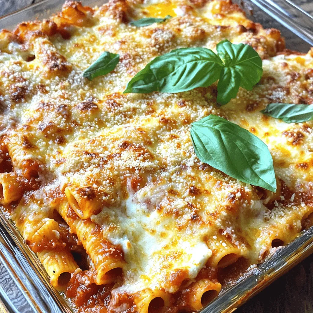 Für das perfekte Baked Ziti mit Ricotta brauchen Sie einige wichtige Zutaten. Diese sorgen für den vollen Geschmack: - 340 g Ziti-Pasta - 480 ml Marinara-Soße - 240 g Ricotta-Käse - 240 g Mozzarella-Käse, gerieben - 120 g Parmesan-Käse, gerieben - 1 großes Ei - 2 Knoblauchzehen, fein gehackt - 1 Teelöffel getrockneter Oregano - 1 Teelöffel getrocknetes Basilikum - Salz und Pfeffer nach Geschmack - Frische Basilikumblätter zur Garnierung Diese Zutaten sind einfach zu finden und haben einen großen Geschmack. Die Pasta ist die Basis, und die Käsesorten bringen die Cremigkeit. Sie können Ihr Baked Ziti anpassen, um neue Geschmäcker zu entdecken. Hier sind einige Ideen: - Spinat oder Mangold für mehr Gemüse - Wurst oder Hackfleisch für zusätzlichen Proteingeschmack - Pilze für eine herzhafte Note - Extra Gewürze wie Chili-Flocken für Schärfe Diese Variationen machen das Gericht spannend und bieten viele Optionen. Achten Sie bei Ihrer Auswahl auf frische Zutaten. Hier sind einige Tipps: - Kaufen Sie frischen Ricotta aus dem Kühlregal. - Wählen Sie hochwertige Marinara-Soße für den besten Geschmack. - Verwenden Sie frische Kräuter, wann immer möglich. - Achten Sie auf die Verpackung der Käsesorten. Frisch geriebener Käse hat oft einen besseren Geschmack. Diese einfachen Tipps helfen Ihnen, die besten Zutaten für Ihr Baked Ziti auszuwählen. Genießen Sie das Kochen und die leckeren Aromen! Die Vorbereitungszeit für Baked Ziti mit Ricotta beträgt etwa 15 Minuten. Heize deinen Ofen auf 190°C (375°F) vor. Das sorgt dafür, dass das Gericht gleichmäßig und perfekt gebacken wird. Koche die Ziti-Pasta in einem großen Topf. Verwende sprudelndes, gesalzenes Wasser. Halte dich an die Packungsanweisungen, bis die Pasta al dente ist. Nach dem Kochen gieße die Pasta ab und stelle sie beiseite. Nimm eine große Schüssel und kombiniere die folgenden Zutaten: - 240 g Ricotta-Käse - 120 g geriebener Parmesan-Käse - 240 g geriebener Mozzarella-Käse (die Hälfte) - 1 großes Ei - 2 fein gehackte Knoblauchzehen - 1 Teelöffel getrockneter Oregano - 1 Teelöffel getrocknetes Basilikum - Salz und Pfeffer nach Geschmack Mische alles gut, bis die Zutaten gleichmäßig verteilt sind. In einer großen Schüssel vermenge die gekochte Ziti-Pasta mit der Marinara-Soße. Schichte die Hälfte der Ziti-Mischung in eine gefettete Auflaufform. Verteile dann die Ricotta-Mischung gleichmäßig darüber. Füge die restliche Ziti-Mischung hinzu und schließe mit der restlichen Ricotta-Mischung ab. Bestreue alles mit dem restlichen Mozzarella und Parmesan. Decke die Auflaufform mit Aluminiumfolie ab und backe sie 25 Minuten lang. Nimm die Folie ab und backe weitere 15 Minuten. Der Käse sollte sprudelnd und goldbraun sein. Lass das Gericht nach dem Backen 5-10 Minuten ruhen. Serviere das Ziti in tiefen Tellern. Garniere es mit frischen Basilikumblättern für einen schönen Farbakzent. Ein wenig extra geriebener Parmesan kann auch über das Gericht gestreut werden, bevor du es servierst. Für das volle Rezept, schaue dir die [Full Recipe] an. Ein häufiger Fehler ist, die Pasta zu lange zu kochen. Ziti sollte al dente sein. Wenn die Pasta zu weich ist, wird das Gericht matschig. Ein weiterer Fehler ist, die Ricotta-Mischung nicht gut zu vermengen. Stellen Sie sicher, dass alle Zutaten gleichmäßig verteilt sind. Dies sorgt für einen gleichmäßigen Geschmack in jedem Bissen. Die Ricotta-Mischung sollte cremig, aber nicht zu flüssig sein. Das Ei hilft, die Mischung zu binden. Wenn die Mischung zu dick ist, fügen Sie einen Esslöffel Wasser oder Milch hinzu. Dies kann helfen, die richtige Konsistenz zu erreichen. Testen Sie die Mischung vor dem Schichten. So stellen Sie sicher, dass sie gut verteilt werden kann. Um Zeit zu sparen, können Sie die Pasta im Voraus kochen. Bereiten Sie die Ricotta-Mischung und die Marinara-Soße ebenfalls vorher zu. Lagern Sie alles in luftdichten Behältern im Kühlschrank. Am Tag des Backens müssen Sie nur alles schichten und in den Ofen schieben. So genießen Sie Baked Ziti schnell und einfach. Schauen Sie sich das Full Recipe an, um weitere Tipps zu erhalten. {{image_4}} Wenn Sie eine vegetarische Option suchen, können Sie die Ricotta-Mischung aufpeppen. Fügen Sie Spinat oder Zucchini hinzu. Das gibt Farbe und Geschmack. Sie können auch Pilze anbraten und unter die Mischung mischen. Das sorgt für eine herzliche Füllung. Ersetzen Sie die Marinara-Soße durch eine hausgemachte Tomatensoße. Diese ist frisch und leicht. Sie können auch eine Käsesoße verwenden, um den Geschmack zu ändern. Für Fleischliebhaber ist diese Pasta auch sehr anpassbar. Fügen Sie gebratenes Hackfleisch oder Wurst zur Marinara-Soße hinzu. Das gibt dem Gericht einen tollen Geschmack. Verwenden Sie Rind- oder Hühnerhack. Für eine würzige Note, fügen Sie italienische Gewürze hinzu. Sie können auch Schinken oder Speck verwenden. Diese Fleischvarianten machen das Gericht sättigender und noch köstlicher. Wenn Sie glutenfrei essen, gibt es viele Möglichkeiten. Verwenden Sie glutenfreie Ziti-Pasta. Diese gibt es in vielen Geschäften. Achten Sie darauf, dass die Soße ebenfalls glutenfrei ist. Viele Marken bieten glutenfreie Marinara-Soßen an. Alternativ können Sie Zucchini-Nudeln verwenden. Diese sind leicht und gesund. Sie geben dem Gericht eine frische Note und passen gut zu Ricotta. Die Variationen sind endlos und machen dieses Gericht spannend. Probieren Sie verschiedene Zutaten aus, um Ihr perfektes Baked Ziti zu finden. Für das vollständige Rezept schauen Sie sich die [Full Recipe] an. Um dein Baked Ziti frisch zu halten, lasse es zuerst abkühlen. Lagere es dann in einem luftdichten Behälter. Du kannst es bis zu drei Tage im Kühlschrank aufbewahren. Achte darauf, dass der Behälter gut verschlossen ist. So bleibt die Feuchtigkeit im Gericht. Wenn du Reste aufwärmen willst, nutze den Ofen. Heize ihn auf 175°C vor. Stelle das Ziti in eine Auflaufform. Bedecke es mit Aluminiumfolie, damit es nicht austrocknet. Erwärme es etwa 20-25 Minuten. Du kannst auch die Mikrowelle verwenden, aber das Ergebnis wird nicht so gut sein. Um Baked Ziti einzufrieren, teile es in Portionen auf. Nutze Gefrierbeutel oder luftdichte Behälter. Das Gericht hält bis zu drei Monate im Gefrierfach. Zum Auftauen, lasse es über Nacht im Kühlschrank. Du kannst es dann im Ofen oder in der Mikrowelle aufwärmen. So bleibt der Geschmack erhalten. Du wirst es lieben, jederzeit eine Portion parat zu haben! Die Zubereitung von Baked Ziti mit Ricotta dauert etwa 50 Minuten. Davon sind 15 Minuten für die Vorbereitung und 35 Minuten zum Backen. Es ist schnell und einfach, sodass Sie in kurzer Zeit ein leckeres Gericht genießen können. Ja, Sie können andere Käsesorten verwenden. Zum Beispiel können Sie Cheddar oder Gouda probieren. Diese Käsesorten geben dem Gericht einen anderen Geschmack und eine tolle Textur. Seien Sie kreativ und wählen Sie die Käse, die Sie mögen. Ja, Sie können die Ziti im Voraus zubereiten. Bereiten Sie das Gericht bis zum Backen vor und stellen Sie es in den Kühlschrank. Backen Sie es einfach, wenn Sie bereit sind. So sparen Sie Zeit, wenn Gäste kommen oder wenn Sie wenig Zeit haben. Zu Baked Ziti passen viele Beilagen gut. Ein frischer Salat mit Vinaigrette ist eine gute Wahl. Auch Knoblauchbrot oder geröstetes Gemüse sind lecker dazu. Sie bringen Abwechslung auf den Tisch und ergänzen das Gericht gut. Das Rezept für Baked Ziti stammt ursprünglich aus Italien, wo Pasta ein Grundnahrungsmittel ist. Es hat sich in den USA verbreitet und wurde mit verschiedenen Zutaten angepasst. Heute ist es ein beliebtes Gericht in vielen Haushalten. Für das komplette Rezept besuchen Sie [Full Recipe]. Baked Ziti mit Ricotta ist einfach zuzubereiten und lecker. Wir haben die besten Zutaten, Schritte und Tipps betrachtet. Denk daran, die Konsistenz deiner Ricotta-Mischung perfekt hinzubekommen. Variiere das Rezept nach deinem Geschmack, ob vegetarisch oder proteinreich. Achte auf die richtige Lagerung, damit nichts verschwendet wird. Mit diesem Wissen kannst du dein Baked Ziti immer wieder genießen. Schmecke die Freude deiner Familie mit jedem Bissen!
