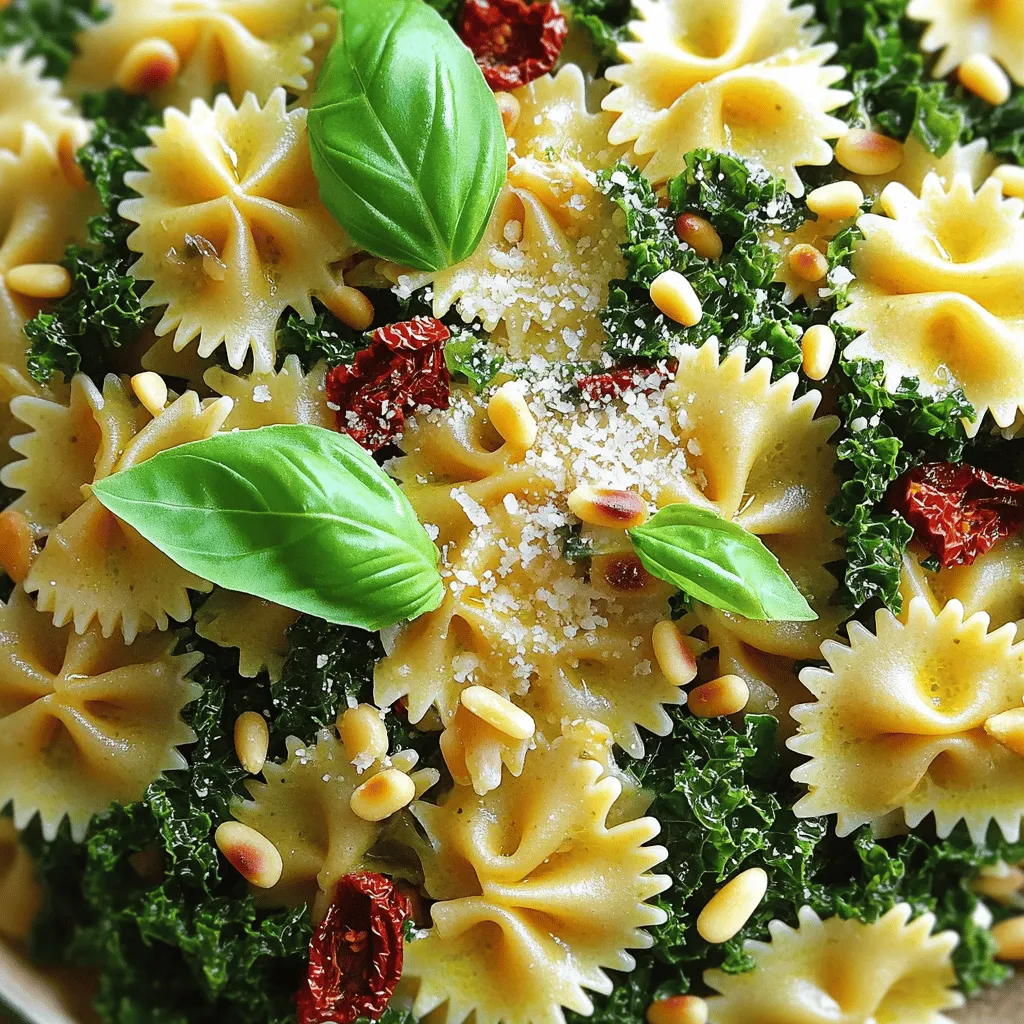 - 340 g Vollkornnudeln (Farfalle oder Penne) - 2 Tassen toskanischer Grünkohl, Stiele entfernt und grob gehackt - 1 Tasse getrocknete Tomaten, klein gehackt (am besten in Öl eingelegt) - 3 Knoblauchzehen, fein gehackt - 120 ml Gemüsebrühe - 30 g Pinienkerne, geröstet - 1 Esslöffel Olivenöl - 1 Teelöffel rote Pfefferflocken (nach Geschmack anpassen) - Salz und Pfeffer nach Geschmack - Frisch geriebener Parmesan (optional zum Servieren) - Frische Basilikumblätter zur Garnitur Die Hauptzutaten machen dieses Gericht besonders. Die Vollkornnudeln bieten einen nussigen Geschmack und eine tolle Textur. Toskana Grünkohl ist zart, aber auch herzhaft. Die getrockneten Tomaten bringen eine süße Note, die das Gericht hebt. Zusätzlich helfen die weiteren Zutaten, die Aromen zu verstärken. Knoblauch gibt einen starken Geschmack, während die Gemüsebrühe für Tiefe sorgt. Pinienkerne fügen einen knackigen Biss hinzu. Olivenöl sorgt für eine schöne Glätte. Rote Pfefferflocken geben einen kleinen Kick, der das Gericht beleben kann. Salz und Pfeffer sind wichtig für den letzten Schliff. Parmesan bringt eine salzige Note, während frisches Basilikum das Gericht lebendig macht. Für die vollständige Zubereitung können Sie das [Full Recipe] nutzen. Zuerst bereite einen großen Topf mit Wasser vor. Füge reichlich Salz hinzu. Das Wasser sollte sprudeln, wenn du die Nudeln hineingibst. Koche die Vollkornnudeln nach den Anweisungen auf der Packung. Sie sollten al dente sein, also leicht fest. Bewahre etwa 120 ml vom Kochwasser auf, bevor du die Nudeln abgießt. Erhitze in einer großen Pfanne einen Esslöffel Olivenöl bei mittlerer Hitze. Gib den fein gehackten Knoblauch hinzu. Brate ihn etwa 30 Sekunden lang an, bis er duftet. Achte darauf, dass er nicht verbrennt, denn das kann bitter schmecken. Füge die klein gehackten getrockneten Tomaten in die Pfanne. Rühre die roten Pfefferflocken ein. Sautiere alles für 2-3 Minuten. Die Tomaten sollten anfangen, weich zu werden. Dann gib den gehackten Grünkohl in die Pfanne. Gieße die Gemüsebrühe dazu. Lasse alles etwa 5-7 Minuten köcheln. Rühre oft um, bis der Grünkohl weich und verwelkt ist. Schmecke die Sauce mit Salz und Pfeffer ab. Jetzt ist es Zeit, die abgegossenen Nudeln in die Pfanne zu geben. Mische sie gut mit der Grünkohl- und Tomatensauce. Wenn die Sauce zu dick ist, füge einen Schuss vom aufbewahrten Nudelwasser hinzu. Das macht die Sauce schön geschmeidig. Mische die gerösteten Pinienkerne unter die Pasta. Diese sorgen für einen tollen Crunch. Richte die Pasta auf Tellern an. Wenn du magst, streue frisch geriebenen Parmesan darüber. Garnieren kannst du das Gericht mit frischen Basilikumblättern. Für das komplette Rezept, schau dir die [Full Recipe] an. Für dieses Gericht sind Vollkornnudeln die beste Wahl. Farfalle oder Penne passen perfekt. Sie bringen einen nussigen Geschmack mit. Kochen Sie die Nudeln in sprudelndem, gesalzenem Wasser. Achten Sie darauf, die Nudeln al dente zu garen. Das gibt der Pasta eine schöne Bissfestigkeit. Halten Sie 120 ml vom Kochwasser zurück. Es hilft, die Sauce cremiger zu machen. Um den Grünkohl richtig zuzubereiten, entfernen Sie die harten Stiele. Hacken Sie die Blätter grob. Frischer Grünkohl hat einen tollen Geschmack. Wenn Sie gefrorenen Grünkohl verwenden, tauen Sie ihn zuerst auf. Beide Varianten sind gesund und lecker. Frischer Grünkohl braucht etwa 5-7 Minuten zum Kochen. Gefrorener Grünkohl ist oft schneller gar. Sie können die Sauce leicht anpassen. Fügen Sie andere Zutaten hinzu, um neue Geschmäcker zu entdecken. Zum Beispiel passen Erbsen oder Zucchini gut dazu. Mögen Sie es schärfer? Erhöhen Sie die Menge der roten Pfefferflocken. Wenn Sie das Rezept nach Ihren Vorlieben anpassen, wird es immer einzigartig. Ein guter Tipp ist, frische Kräuter wie Basilikum oder Petersilie zu verwenden. Das gibt einen frischen Kick. Für das vollständige Rezept schauen Sie sich die [Full Recipe] an. {{image_4}} Für mehr Vielfalt in deinem Gericht, probiere andere Blattgemüse. Mangold oder Spinat geben einen feinen Geschmack. Du kannst auch Erbsen hinzufügen. Sie bringen eine süße Note und eine schöne Farbe. Diese Zutaten sind einfach zu finden und passen gut zu Pasta. Möchtest du mehr Protein? Füge Hühnchen oder Garnelen hinzu. Diese Optionen machen das Gericht herzhaft. Wenn du vegetarisch bist, probiere Tofu. Tofu nimmt die Aromen der Sauce gut auf. Du kannst auch Kichererbsen für eine nussige Note verwenden. Für eine glutenfreie Variante wähle glutenfreie Pasta. Es gibt viele gute Sorten im Handel. Achte darauf, die anderen Zutaten anzupassen. Viele Gemüse und Hülsenfrüchte sind von Natur aus glutenfrei. So kannst du das Gericht für Allergiker sicher machen. - Kühlschrank: wie lange halten? Die Reste von Toskana Grünkohl & getrocknete Tomaten Pasta halten sich gut. Bewahre sie in einem luftdichten Behälter auf. So bleiben sie frisch für 3 bis 5 Tage. - Einfrieren von Annäherungen Wenn du die Pasta länger aufbewahren möchtest, kannst du sie einfrieren. Teile sie in Portionen auf und lege sie in gefriergeeignete Behälter. So bleiben sie bis zu 3 Monate haltbar. - Mikrowelle oder Pfanne? Du kannst die Reste in der Mikrowelle oder in einer Pfanne aufwärmen. In der Mikrowelle geht es schnell, aber in der Pfanne wird die Pasta gleichmäßiger warm. - Tipps, um die Sauce nicht zu trocknen Füge beim Aufwärmen einen Spritzer Gemüsebrühe oder etwas Olivenöl hinzu. Das hilft, die Sauce schön cremig zu halten. Rühre die Pasta gut um, damit alles gleichmäßig erhitzt wird. Die gesamte Zubereitungszeit beträgt etwa 30 Minuten. Die Vorbereitungszeit ist nur 10 Minuten. Du kochst die Nudeln und bereitest die Sauce gleichzeitig vor. So sparst du Zeit und kannst das Essen schneller genießen. Ja, du kannst frischen Grünkohl verwenden. Frischer Grünkohl hat eine knackigere Textur. Achte darauf, die Blätter gut zu waschen und die Stiele zu entfernen. Schneide die Blätter in kleine Stücke, um sie leichter zu kochen. Zu dieser Pasta passen viele Beilagen. Ein einfacher gemischter Salat ergänzt das Gericht gut. Auch geröstetes Brot ist eine tolle Wahl. Du kannst auch gebratenes Gemüse oder eine leichte Suppe dazu servieren. Ja, das Rezept kann leicht vegan sein. Lass einfach den Parmesan weg oder nutze eine vegane Käsealternative. So bleibt das Gericht voll von Geschmack, ohne tierische Produkte. Um die Schärfe zu reduzieren, verwende weniger rote Pfefferflocken. Du kannst diese auch ganz weglassen. Wenn du mehr Würze wünschst, füge stattdessen Gewürze wie Paprika oder Kräuter hinzu. So bleibt der Geschmack lecker, aber mild. In diesem Artikel habe ich die besten Zutaten für Toskana Grünkohl & Getrocknete Tomaten Pasta vorgestellt. Die Zubereitung erfolgt einfach in wenigen Schritten. Sie lernen, wie man Nudeln kocht und die Sauce perfekt zubereitet. Nutzen Sie die Tipps für Variationen und das richtige Lagern. Dieses Rezept ist anpassbar und einfach zu machen. Probieren Sie es aus und genießen Sie ein leckeres und gesundes Gericht!