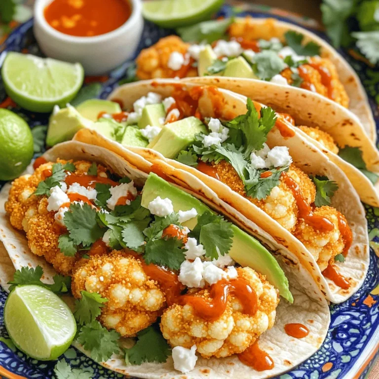 Für die Crispy Buffalo Cauliflower Tacos brauchen Sie frische und einfache Zutaten. Diese Zutaten machen die Tacos lecker und knusprig. Hier ist eine Liste: - 1 mittelgroßer Blumenkohl, in Röschen zerteilt - 1 Tasse Weizenmehl - 1 Tasse pflanzliche Milch (oder normale Milch) - 1 Tasse Semmelbrösel (idealerweise Panko für zusätzlichen Crunch) - 1 Tasse Buffalo-Sauce (gekauft oder selbstgemacht) - 1 Teelöffel Knoblauchpulver - 1 Teelöffel Zwiebelpulver - 1/2 Teelöffel geräuchertes Paprikapulver - Salz und Pfeffer nach Geschmack - 8 kleine Mais- oder Weizentortillas - 1 Tasse gehackter Salat - 1 reife Avocado, in Scheiben geschnitten - 1/2 Tasse zerbröselter Feta-Käse (optional) - Frischer Koriander, zur Garnierung Blumenkohl ist die Hauptzutat in diesen Tacos. Er hat einen milden Geschmack und nimmt Aromen gut auf. Die Gewürze sind wichtig. Knoblauchpulver und Zwiebelpulver geben Tiefe. Geräuchertes Paprikapulver sorgt für einen rauchigen Geschmack. Die pflanzliche Milch hilft, den Teig zu machen. Sie können auch normale Milch verwenden. Avocado bringt Cremigkeit in die Tacos. Feta-Käse fügt einen salzigen, cremigen Geschmack hinzu. Gehackter Salat sorgt für Frische. Koriander bringt einen besonderen Kick. Wenn Sie mehr Würze möchten, fügen Sie extra Buffalo-Sauce hinzu. Diese Kombination macht die Tacos einfach und lecker. Für die vollständige Zubereitung schauen Sie sich das Full Recipe an. Heize deinen Ofen auf 232°C (450°F) vor. Lege ein Backblech mit Backpapier aus. So bleibt die Reinigung einfach. In einer großen Schüssel vermische das Weizenmehl, die pflanzliche Milch, das Knoblauchpulver, das Zwiebelpulver, das geräucherte Paprikapulver, Salz und Pfeffer. Rühre alles gut um, bis die Mischung glatt ist. In einer anderen Schüssel bereitest du die Semmelbrösel vor. Nimm jedes Blumenkohlröschen und tauche es in den Teig. Lass den überschüssigen Teig abtropfen. Danach panierst du das Röschen in den Semmelbröseln. Drücke leicht, damit die Brösel gut haften. Lege die panierten Blumenkohlröschen auf das Backblech. Backe sie 20-25 Minuten, bis sie goldbraun und knusprig sind. Wende sie nach der Hälfte der Zeit für eine gleichmäßige Bräunung. Erhitze die Buffalo-Sauce in einem kleinen Topf bei schwacher Hitze. Sobald die Blumenkohlröschen fertig sind, vermenge sie in einer Schüssel mit der Sauce. Erwärme die Tortillas in einer Pfanne bei mittlerer Hitze für 30 Sekunden pro Seite. Lege eine Handvoll gehackten Salat auf jede Tortilla. Füge einige Stücke des Buffalo-Blumenkohls, Avocadoscheiben und optional zerbröselten Feta-Käse hinzu. Garnieren kannst du die Tacos mit frischem Koriander und zusätzlicher Buffalo-Sauce. So wird jedes Taco zu einem Fest! Für die vollständige Anleitung schaue dir das [Full Recipe] an. Um die beste Konsistenz zu erreichen, wähle frischen Blumenkohl. Achte darauf, ihn in gleichmäßige Röschen zu schneiden. Kleinere Stücke werden knuspriger, während größere weich bleiben. Die Mischung aus Weizenmehl und pflanzlicher Milch sorgt für einen tollen Teig. Er sollte dick genug sein, um haften zu bleiben, aber nicht so dick, dass er das Gemüse erdrückt. Buffalo-Sauce ist nicht die einzige Option. Du kannst auch BBQ-Sauce, scharfe Sojasauce oder sogar eine süße Chili-Sauce ausprobieren. Diese Saucen bringen einen anderen Geschmack, aber sie passen gut zu Blumenkohl. Experimentiere mit verschiedenen Marken oder mache deine eigene Sauce, um den perfekten Kick zu finden. Präsentation macht viel aus! Serviere die Tacos auf einer bunten Platte. Garniere sie mit frischem Koriander und Limettenstücken. Ein paar Tropfen zusätzlicher Buffalo-Sauce lassen die Tacos noch ansprechender aussehen. Du kannst auch ein paar Avocadoscheiben obenauf legen, um Farbe und Geschmack zu verstärken. Wenn du alles schön anrichtest, wird dein Gericht noch mehr beeindrucken. {{image_4}} Wenn du eine glutenfreie Diät hast, kannst du die Tacos trotzdem genießen. Ersetze das Weizenmehl durch Reismehl oder Mandelmehl. Diese Mehle bieten eine großartige Textur und einen ähnlichen Geschmack. Achte darauf, dass die Semmelbrösel ebenfalls glutenfrei sind. Panko hat oft Gluten, also wähle glutenfreie Panko-Optionen. Für vegane Tacos kannst du den Feta-Käse ganz weglassen oder durch pflanzliche Alternativen ersetzen. Veganer Feta aus Nüssen oder Tofu schmeckt köstlich. Du kannst sogar Nährhefe verwenden, um einen käsigen Geschmack zu erzielen. Diese Optionen machen deine Tacos trotzdem lecker und cremig. Die Tacos sind vielseitig. Du kannst sie mit vielen Belägen anpassen. Probiere Gurken, Tomaten oder Jalapeños für mehr Frische. Eine scharfe Salsa passt auch gut dazu. Für die Beilagen kannst du einen frischen Quinoasalat oder Reis anbieten. Das ergänzt die Tacos perfekt und macht das Essen noch besser. Wenn du mehr über die Zubereitung erfahren möchtest, schaue dir das Full Recipe an. Um deine Reste gut zu lagern, lege die Tacos in einen luftdichten Behälter. Achte darauf, die Füllung von den Tortillas zu trennen. So bleibt der Blumenkohl knusprig. Du kannst die Tortillas auch in Alufolie wickeln. So trocknen sie nicht aus. Um die Tacos wieder aufzuwärmen, nutze den Ofen. Heize ihn auf 190°C vor. Lege die Tacos auf ein Backblech und backe sie für etwa 10 Minuten. So werden sie wieder schön knusprig. Alternativ kannst du eine Pfanne verwenden. Erwärme sie bei mittlerer Hitze und wende die Tacos regelmäßig. Im Kühlschrank halten sich die Reste etwa drei Tage. Im Gefrierfach bleiben sie bis zu drei Monate frisch. Achte darauf, die Tacos gut einzupacken, damit sie nicht austrocknen. Für die beste Qualität, genieße sie frisch. Für das komplette Rezept kannst du die [Full Recipe] besuchen. Um die beste Buffalo-Sauce zu machen, mische einfach Butter mit scharfer Soße. Du kannst auch Knoblauch hinzufügen. Eine gute Mischung ist: - 1/2 Tasse Butter, geschmolzen - 1 Tasse scharfe Soße (wie Frank's RedHot) - 1 Teelöffel Knoblauchpulver - 1 Prise Salz Erhitze die Butter und die scharfe Soße in einem Topf. Rühre alles gut um. Lass die Sauce leicht köcheln, damit sich die Aromen verbinden. Ja, du kannst die Tacos im Voraus vorbereiten. Bereite den Blumenkohl und die Sauce vor. Backe die Blumenkohlröschen und lagere sie im Kühlschrank. Erwärme sie vor dem Servieren. Du kannst auch die Tortillas vorbereiten. Wickel sie in Folie, damit sie frisch bleiben. Zu Blumenkohl-Tacos passen verschiedene Beilagen gut. Hier sind einige Ideen: - Guacamole - Salsa oder Pico de Gallo - Frischer Koriander - Limettenschnitze Diese Beilagen bringen frische Aromen und passen perfekt zu den würzigen Tacos. In diesem Artikel habe ich die wichtigsten Zutaten und Schritte für deine Blumenkohl-Tacos erklärt. Wir haben die besten Tipps und Tricks für die Konsistenz und Präsentation behandelt. Zudem habe ich Variationen und Aufbewahrungshinweise vorgestellt. Blumenkohl-Tacos sind einfach zuzubereiten und gut für viele Ernährungsweisen. Probiere verschiedene Saucen und Beilagen aus. So machst du jedes Mal etwas Neues! Koch weiter und genieße deine leckeren Kreationen.
