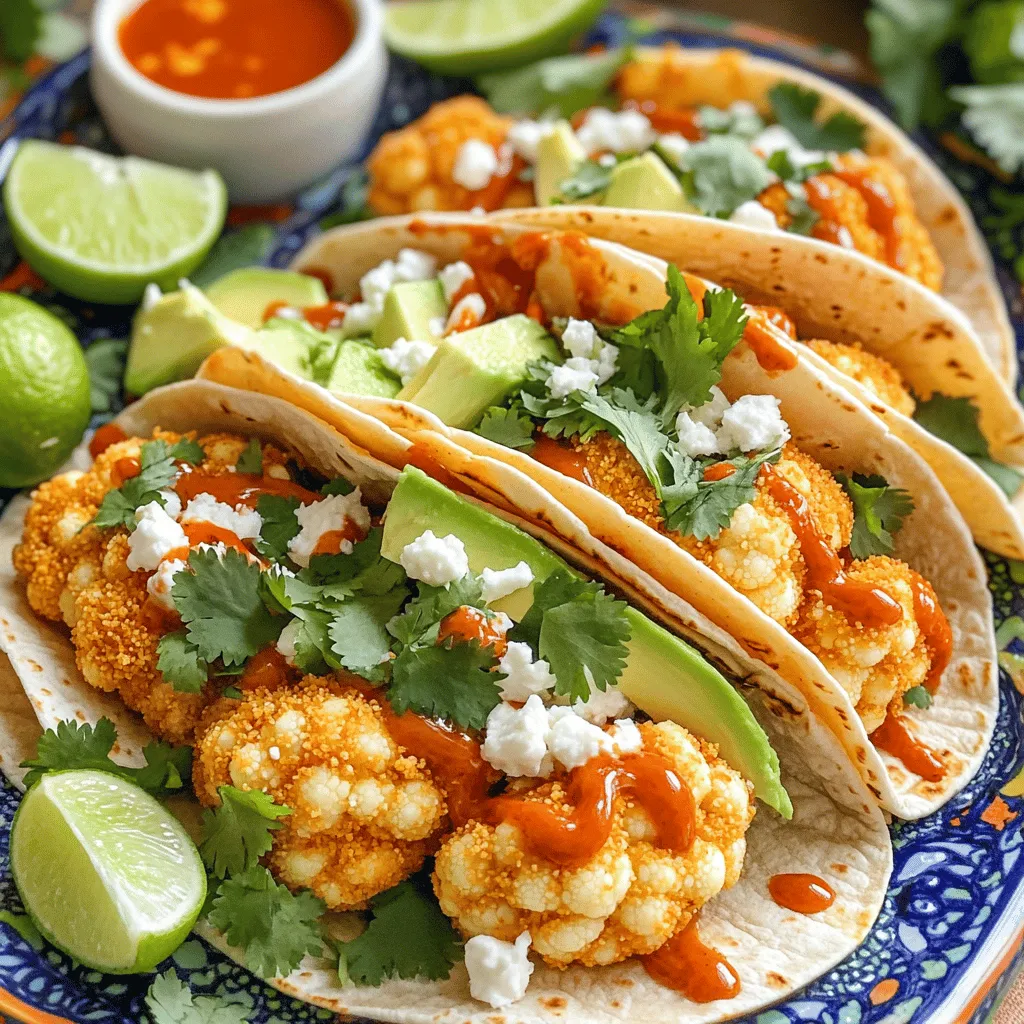 Für die Crispy Buffalo Cauliflower Tacos brauchen Sie frische und einfache Zutaten. Diese Zutaten machen die Tacos lecker und knusprig. Hier ist eine Liste: - 1 mittelgroßer Blumenkohl, in Röschen zerteilt - 1 Tasse Weizenmehl - 1 Tasse pflanzliche Milch (oder normale Milch) - 1 Tasse Semmelbrösel (idealerweise Panko für zusätzlichen Crunch) - 1 Tasse Buffalo-Sauce (gekauft oder selbstgemacht) - 1 Teelöffel Knoblauchpulver - 1 Teelöffel Zwiebelpulver - 1/2 Teelöffel geräuchertes Paprikapulver - Salz und Pfeffer nach Geschmack - 8 kleine Mais- oder Weizentortillas - 1 Tasse gehackter Salat - 1 reife Avocado, in Scheiben geschnitten - 1/2 Tasse zerbröselter Feta-Käse (optional) - Frischer Koriander, zur Garnierung Blumenkohl ist die Hauptzutat in diesen Tacos. Er hat einen milden Geschmack und nimmt Aromen gut auf. Die Gewürze sind wichtig. Knoblauchpulver und Zwiebelpulver geben Tiefe. Geräuchertes Paprikapulver sorgt für einen rauchigen Geschmack. Die pflanzliche Milch hilft, den Teig zu machen. Sie können auch normale Milch verwenden. Avocado bringt Cremigkeit in die Tacos. Feta-Käse fügt einen salzigen, cremigen Geschmack hinzu. Gehackter Salat sorgt für Frische. Koriander bringt einen besonderen Kick. Wenn Sie mehr Würze möchten, fügen Sie extra Buffalo-Sauce hinzu. Diese Kombination macht die Tacos einfach und lecker. Für die vollständige Zubereitung schauen Sie sich das Full Recipe an. Heize deinen Ofen auf 232°C (450°F) vor. Lege ein Backblech mit Backpapier aus. So bleibt die Reinigung einfach. In einer großen Schüssel vermische das Weizenmehl, die pflanzliche Milch, das Knoblauchpulver, das Zwiebelpulver, das geräucherte Paprikapulver, Salz und Pfeffer. Rühre alles gut um, bis die Mischung glatt ist. In einer anderen Schüssel bereitest du die Semmelbrösel vor. Nimm jedes Blumenkohlröschen und tauche es in den Teig. Lass den überschüssigen Teig abtropfen. Danach panierst du das Röschen in den Semmelbröseln. Drücke leicht, damit die Brösel gut haften. Lege die panierten Blumenkohlröschen auf das Backblech. Backe sie 20-25 Minuten, bis sie goldbraun und knusprig sind. Wende sie nach der Hälfte der Zeit für eine gleichmäßige Bräunung. Erhitze die Buffalo-Sauce in einem kleinen Topf bei schwacher Hitze. Sobald die Blumenkohlröschen fertig sind, vermenge sie in einer Schüssel mit der Sauce. Erwärme die Tortillas in einer Pfanne bei mittlerer Hitze für 30 Sekunden pro Seite. Lege eine Handvoll gehackten Salat auf jede Tortilla. Füge einige Stücke des Buffalo-Blumenkohls, Avocadoscheiben und optional zerbröselten Feta-Käse hinzu. Garnieren kannst du die Tacos mit frischem Koriander und zusätzlicher Buffalo-Sauce. So wird jedes Taco zu einem Fest! Für die vollständige Anleitung schaue dir das [Full Recipe] an. Um die beste Konsistenz zu erreichen, wähle frischen Blumenkohl. Achte darauf, ihn in gleichmäßige Röschen zu schneiden. Kleinere Stücke werden knuspriger, während größere weich bleiben. Die Mischung aus Weizenmehl und pflanzlicher Milch sorgt für einen tollen Teig. Er sollte dick genug sein, um haften zu bleiben, aber nicht so dick, dass er das Gemüse erdrückt. Buffalo-Sauce ist nicht die einzige Option. Du kannst auch BBQ-Sauce, scharfe Sojasauce oder sogar eine süße Chili-Sauce ausprobieren. Diese Saucen bringen einen anderen Geschmack, aber sie passen gut zu Blumenkohl. Experimentiere mit verschiedenen Marken oder mache deine eigene Sauce, um den perfekten Kick zu finden. Präsentation macht viel aus! Serviere die Tacos auf einer bunten Platte. Garniere sie mit frischem Koriander und Limettenstücken. Ein paar Tropfen zusätzlicher Buffalo-Sauce lassen die Tacos noch ansprechender aussehen. Du kannst auch ein paar Avocadoscheiben obenauf legen, um Farbe und Geschmack zu verstärken. Wenn du alles schön anrichtest, wird dein Gericht noch mehr beeindrucken. {{image_4}} Wenn du eine glutenfreie Diät hast, kannst du die Tacos trotzdem genießen. Ersetze das Weizenmehl durch Reismehl oder Mandelmehl. Diese Mehle bieten eine großartige Textur und einen ähnlichen Geschmack. Achte darauf, dass die Semmelbrösel ebenfalls glutenfrei sind. Panko hat oft Gluten, also wähle glutenfreie Panko-Optionen. Für vegane Tacos kannst du den Feta-Käse ganz weglassen oder durch pflanzliche Alternativen ersetzen. Veganer Feta aus Nüssen oder Tofu schmeckt köstlich. Du kannst sogar Nährhefe verwenden, um einen käsigen Geschmack zu erzielen. Diese Optionen machen deine Tacos trotzdem lecker und cremig. Die Tacos sind vielseitig. Du kannst sie mit vielen Belägen anpassen. Probiere Gurken, Tomaten oder Jalapeños für mehr Frische. Eine scharfe Salsa passt auch gut dazu. Für die Beilagen kannst du einen frischen Quinoasalat oder Reis anbieten. Das ergänzt die Tacos perfekt und macht das Essen noch besser. Wenn du mehr über die Zubereitung erfahren möchtest, schaue dir das Full Recipe an. Um deine Reste gut zu lagern, lege die Tacos in einen luftdichten Behälter. Achte darauf, die Füllung von den Tortillas zu trennen. So bleibt der Blumenkohl knusprig. Du kannst die Tortillas auch in Alufolie wickeln. So trocknen sie nicht aus. Um die Tacos wieder aufzuwärmen, nutze den Ofen. Heize ihn auf 190°C vor. Lege die Tacos auf ein Backblech und backe sie für etwa 10 Minuten. So werden sie wieder schön knusprig. Alternativ kannst du eine Pfanne verwenden. Erwärme sie bei mittlerer Hitze und wende die Tacos regelmäßig. Im Kühlschrank halten sich die Reste etwa drei Tage. Im Gefrierfach bleiben sie bis zu drei Monate frisch. Achte darauf, die Tacos gut einzupacken, damit sie nicht austrocknen. Für die beste Qualität, genieße sie frisch. Für das komplette Rezept kannst du die [Full Recipe] besuchen. Um die beste Buffalo-Sauce zu machen, mische einfach Butter mit scharfer Soße. Du kannst auch Knoblauch hinzufügen. Eine gute Mischung ist: - 1/2 Tasse Butter, geschmolzen - 1 Tasse scharfe Soße (wie Frank's RedHot) - 1 Teelöffel Knoblauchpulver - 1 Prise Salz Erhitze die Butter und die scharfe Soße in einem Topf. Rühre alles gut um. Lass die Sauce leicht köcheln, damit sich die Aromen verbinden. Ja, du kannst die Tacos im Voraus vorbereiten. Bereite den Blumenkohl und die Sauce vor. Backe die Blumenkohlröschen und lagere sie im Kühlschrank. Erwärme sie vor dem Servieren. Du kannst auch die Tortillas vorbereiten. Wickel sie in Folie, damit sie frisch bleiben. Zu Blumenkohl-Tacos passen verschiedene Beilagen gut. Hier sind einige Ideen: - Guacamole - Salsa oder Pico de Gallo - Frischer Koriander - Limettenschnitze Diese Beilagen bringen frische Aromen und passen perfekt zu den würzigen Tacos. In diesem Artikel habe ich die wichtigsten Zutaten und Schritte für deine Blumenkohl-Tacos erklärt. Wir haben die besten Tipps und Tricks für die Konsistenz und Präsentation behandelt. Zudem habe ich Variationen und Aufbewahrungshinweise vorgestellt. Blumenkohl-Tacos sind einfach zuzubereiten und gut für viele Ernährungsweisen. Probiere verschiedene Saucen und Beilagen aus. So machst du jedes Mal etwas Neues! Koch weiter und genieße deine leckeren Kreationen.