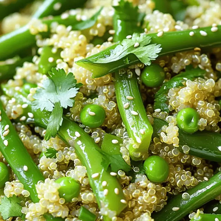 Für die Frühlingsgrüne Quinoa-Pfanne benötigst du einige frische Zutaten. Hier sind die Hauptzutaten, die du brauchst: - 1 Tasse Quinoa, gründlich gewaschen und abgetropft - 2 Tassen Gemüsebrühe - 1 Tasse Spargel, Enden entfernt und in 2,5 cm Stücke geschnitten - 1 Tasse Zuckerschoten, Enden beschnitten - 1 Tasse grüne Paprika, gewürfelt - 1 Tasse Brokkoliröschen - 2 Knoblauchzehen, fein gehackt - 1 Esslöffel frischer Ingwer, gerieben - 2 Esslöffel Sesamöl - 2 Esslöffel Sojasoße (oder Tamari für glutenfrei) - 1 Esslöffel Sesamsamen - Salz und Pfeffer nach Geschmack - Frischer Koriander oder Petersilie zur Garnitur Du kannst viele verschiedene Gemüsesorten verwenden. Die besten Optionen sind solche, die schnell garen und viel Geschmack haben. Spargel bringt Frische, während Zuckerschoten süß und knackig sind. Grüne Paprika fügt Farbe hinzu, und Brokkoli sorgt für eine tolle Textur. Du kannst auch Erbsen oder Karotten verwenden, wenn du mehr Vielfalt magst. Die Wahl der Gewürze macht einen großen Unterschied. Sesamöl gibt der Quinoa-Pfanne einen nussigen Geschmack. Sojasoße fügt Tiefe und Umami hinzu. Du kannst auch etwas Chili für Schärfe hinzufügen. Frischer Ingwer und Knoblauch bringen eine aromatische Note. Diese Kombination sorgt für einen vollmundigen Geschmack. Für das beste Ergebnis achte darauf, die Zutaten frisch zu halten. So bekommst du eine bunte und gesunde Mahlzeit. Wenn du mehr über dieses Rezept erfahren möchtest, schau dir das Full Recipe an. Um die Quinoa richtig zu kochen, beginne mit 1 Tasse Quinoa. Wasche sie gründlich unter kaltem Wasser. So entfernst du Bitterstoffe. Gib die gewaschene Quinoa in einen mittleren Topf. Füge 2 Tassen Gemüsebrühe hinzu. Bringe alles zum Kochen. Reduziere dann die Hitze. Decke den Topf ab und lasse die Quinoa 15 Minuten köcheln. Sie sollte flauschig sein und das Wasser aufnehmen. Nehme den Topf vom Herd und lasse ihn 5 Minuten zugedeckt ruhen. Nun ist deine Quinoa bereit für die Pfanne. Erhitze 2 Esslöffel Sesamöl in einer großen Pfanne oder einem Wok. Stelle die Hitze auf mittel bis hoch. Füge 2 fein gehackte Knoblauchzehen und 1 Esslöffel geriebenen Ingwer hinzu. Brate sie 30 Sekunden an, bis sie duften. Jetzt kommt der Spargel dazu. Schneide 1 Tasse Spargel in 2,5 cm Stücke. Brate den Spargel und 1 Tasse Brokkoliröschen 3-4 Minuten an. Das Gemüse soll weich, aber noch knackig sein. Füge 1 Tasse Zuckerschoten und 1 Tasse grüne Paprika hinzu. Brate alles 2-3 Minuten, bis es zart-knackig ist. Jetzt ist es Zeit, alles zu verbinden. Gib die gekochte Quinoa in die Pfanne mit dem Gemüse. Füge 2 Esslöffel Sojasoße hinzu und würze mit Salz und Pfeffer. Mische alles vorsichtig für 2-3 Minuten. So vereinen sich die Aromen. Die Frühlingsgrüne Quinoa-Pfanne ist jetzt bereit. Streue 1 Esslöffel Sesamsamen darüber. Serviere das Gericht heiß, garniert mit frischem Koriander oder Petersilie. Diese Kombination macht jeden Bissen köstlich. Um das Gemüse knackig zu halten, koche es nicht zu lange. Brate es bei hoher Hitze an. Verwende frisches Gemüse. Schneide es in gleich große Stücke. So garen alle Stücke gleichmäßig. Um die Aromen zu intensivieren, nutze frische Kräuter. Koriander und Petersilie geben einen frischen Kick. Füge beim Anbraten etwas Sojasoße hinzu. Das hebt den Geschmack sofort. Auch ein Spritzer Zitrone kann Wunder wirken. Ein häufiger Fehler ist, das Gemüse zu lange zu braten. Das macht es weich und matschig. Achte darauf, die Quinoa gut abzuspülen. So wird sie fluffig und nimmt die Aromen besser auf. Wenn du die Hitze zu hoch einstellst, kann das Gemüse anbrennen. Halte die Hitze im mittleren Bereich. Für mehr Details und die vollständige Zubereitung schau dir das [Full Recipe] an. {{image_4}} Um diese Quinoa-Pfanne noch nahrhafter zu machen, füge Protein hinzu. Hühnchen, Tofu oder Garnelen passen gut. Wenn du Hühnchen wählst, brate es einfach in der Pfanne an, bevor du das Gemüse hinzufügst. Tofu kann gewürfelt und goldbraun gebraten werden. Garnelen brauchen nur ein paar Minuten, bis sie rosa sind. Diese Ergänzungen machen die Mahlzeit sättigender und lecker. Du kannst die Gemüsearten je nach Saison oder Vorlieben ändern. Zucchini, Karotten oder Erbsen sind tolle Alternativen. Wenn du einen erdigen Geschmack magst, füge Rüben hinzu. Für einen frischen Kick probiere Spinat oder Mangold. Diese Variationen bringen neue Farben und Geschmäcker in dein Gericht. So bleibt es spannend und lecker. Wenn du glutenfrei isst, achte darauf, eine glutenfreie Sojasoße oder Tamari zu verwenden. Du kannst auch Kokosnussaminos als Alternative nehmen. Diese Optionen bieten einen ähnlichen Geschmack, ohne Gluten. So bleibt deine Quinoa-Pfanne für alle verträglich. Kombiniere sie mit frischen Kräutern für zusätzlichen Geschmack. Ich empfehle, frischen Koriander oder Petersilie hinzuzufügen. Sie geben der Pfanne einen besonderen Touch. Für die vollständige Zubereitung schaue dir das Rezept an: [Full Recipe]. Um Reste der Frühlingsgrünen Quinoa-Pfanne frisch zu halten, lege sie in einen luftdichten Behälter. Dies schützt das Gemüse und die Quinoa vor Austrocknung. Stelle sicher, dass der Behälter sauber und trocken ist. So bleiben die Aromen erhalten und die Textur bleibt angenehm. Die Quinoa-Pfanne hält sich im Kühlschrank etwa drei bis vier Tage. Achte darauf, sie schnell abzukühlen, bevor du sie in den Kühlschrank stellst. Kühle Speisen so schnell wie möglich, um Bakterienwachstum zu vermeiden. Wenn du sie länger aufbewahren möchtest, friere die Reste ein. Um die Quinoa-Pfanne wieder aufzuwärmen, nutze eine Pfanne oder Mikrowelle. In der Pfanne kannst du etwas Wasser oder Gemüsebrühe hinzufügen. Das macht das Gericht saftiger. Erhitze es bei mittlerer Hitze, bis es heiß ist. In der Mikrowelle erwärmst du es in kurzen Abständen, um ein Anbrennen zu verhindern. Rühre zwischendurch um, damit es gleichmäßig warm wird. So bleibt der Geschmack frisch und lecker. Eine Portion Frühlingsgrüne Quinoa-Pfanne hat etwa 250 Kalorien. Die genauen Kalorien können je nach Zutaten leicht variieren. Diese Pfanne ist eine leichte und nahrhafte Option. Sie enthält viele Vitamine und Mineralien aus dem Gemüse. Ja, du kannst andere Quinoa-Sorten verwenden. Rote oder schwarze Quinoa sind auch gute Alternativen. Diese Sorten haben unterschiedliche Geschmäcker und Texturen. Rote Quinoa bleibt beim Kochen bissfester. Schwarze Quinoa hat einen nussigen Geschmack. Experimentiere mit verschiedenen Sorten für neue Geschmackserlebnisse. Ja, dieses Rezept ist perfekt für Meal Prep. Du kannst die Pfanne im Voraus zubereiten und portionsweise aufbewahren. Lagere die Quinoa-Pfanne in luftdichten Behältern im Kühlschrank. Sie bleibt bis zu fünf Tage frisch. Einfach aufwärmen, wenn du ein schnelles Essen benötigst. So sparst du Zeit und genießt gesunde Mahlzeiten. Du findest das vollständige Rezept hier: [Full Recipe]. Die Frühlingsgrüne Quinoa-Pfanne ist einfach zuzubereiten und sehr nahrhaft. Wir haben die wichtigsten Zutaten besprochen, die Technik für das Gemüse und Tipps für den besten Geschmack. Variationen bieten viele Optionen für jeden Geschmack. Die richtige Lagerung und das Aufwärmen sind ebenfalls wichtig. Halte diese Punkte im Kopf, um das Beste aus deinem Gericht herauszuholen. Experimentiere und finde deine Lieblingskombination. So wirst du immer wieder Freude an diesem Gericht haben.
