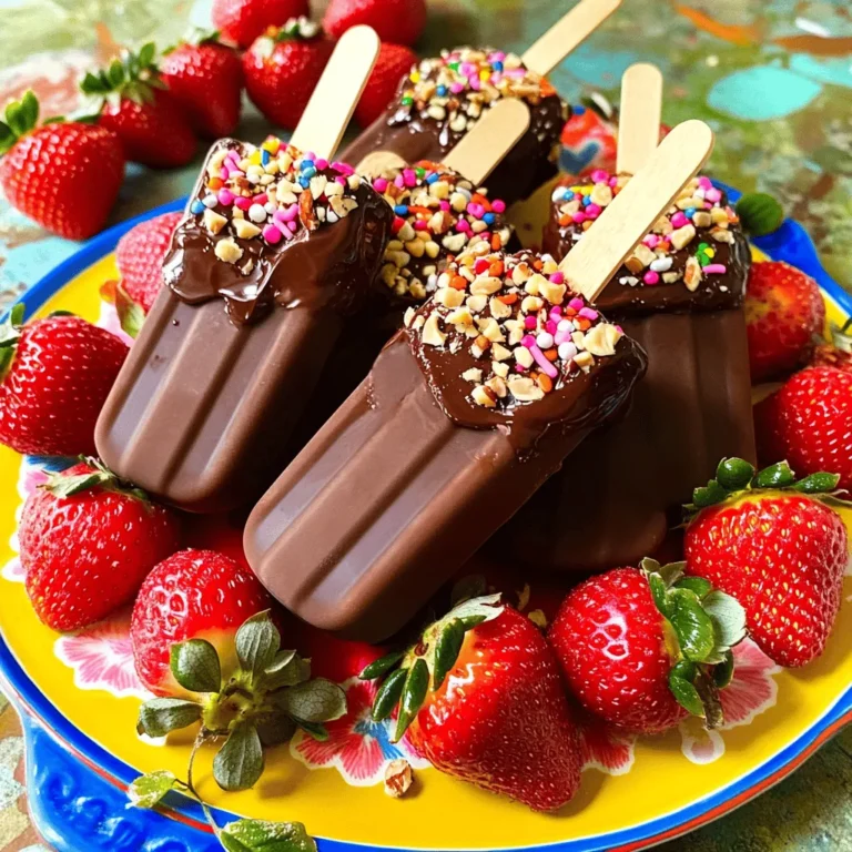 Für die perfekten Schokoladenüberzogenen Erdbeer-Popsicles brauchst du: - 2 Tassen frische Erdbeeren, entkelcht und halbiert - 1 Tasse griechischer Joghurt (natur oder Vanille) - 1 Tasse Zartbitterschokoladendrops - 1 Esslöffel Kokosöl (optional, für eine cremigere Schokolade) Diese Zutaten sind einfach zu finden. Die Erdbeeren geben einen frischen, süßen Geschmack. Der griechische Joghurt macht die Popsicles cremig und lecker. Wenn du es süßer magst, kannst du 1 Esslöffel Honig oder Ahornsirup hinzufügen. Das ist ganz nach deinem Geschmack. Diese Süßungsmittel sind nicht nötig, aber sie geben einen zusätzlichen Kick. Für noch mehr Spaß kannst du verschiedene Toppings verwenden: - Gehackte Nüsse - Streusel - Geraspelte Kokosnuss Jedes Topping bringt seinen eigenen Geschmack. Du kannst damit kreativ werden. Probiere verschiedene Kombinationen aus. So machst du jedes Mal neue, leckere Popsicles. Für das vollständige Rezept sieh dir die [Full Recipe] an. Zuerst brauchst du frische Erdbeeren. Wasche sie gut und schneide die grünen Blätter ab. Halbiere die Erdbeeren. Nimm dann eine Schüssel oder einen Mixer. Gib die halbierten Erdbeeren, griechischen Joghurt und optional Honig oder Ahornsirup in die Schüssel. Mixe alles, bis die Mischung schön glatt und cremig ist. Diese Erdbeermischung ist die Basis für deine Popsicles. Fülle die Erdbeermischung in Popsicle-Formen. Achte darauf, dass jede Form nur etwa zu 3/4 gefüllt ist. Lasse oben Platz, damit die Mischung sich beim Gefrieren ausdehnen kann. Setze die Stiele in die Formen. Stelle die Formen dann in den Gefrierschrank. Lass die Popsicles mindestens 4 Stunden gefrieren, bis sie fest sind. Nach dem Gefrieren bereite die Schokoladendip-Mischung vor. Nimm eine mikrowellenfeste Schüssel. Gib die Zartbitterschokoladendrops und das Kokosöl hinein. Erhitze die Mischung in der Mikrowelle in 30-Sekunden-Intervallen. Rühre dabei regelmäßig um, bis die Schokolade geschmolzen und glatt ist. Jetzt kannst du die gefrorenen Popsicles herausnehmen. Halte sie kurz unter warmes Wasser, damit sie sich leichter lösen. Tauche jeden Popsicle in die geschmolzene Schokolade. Lass die überschüssige Schokolade abtropfen. Wenn du magst, streue deine Toppings sofort darüber. Lege die überzogenen Popsicles auf ein Backblech mit Backpapier. Stelle sie für 15-20 Minuten zurück in den Gefrierschrank, bis die Schokolade fest ist. Um perfekte Popsicles zu machen, achte auf die Mischung. Sie sollte glatt und cremig sein. Verwende frische Erdbeeren, um den besten Geschmack zu erhalten. Wenn die Mischung zu dick ist, füge etwas mehr Joghurt hinzu. Ist sie zu flüssig, kannst du mehr Erdbeeren oder Joghurt reinschütten. Das Eintauchen in Schokolade ist der Schlüssel. Die Schokolade sollte gut geschmolzen und glatt sein. Nutze eine Schüssel, die tief genug ist. So kannst du die Popsicles einfach eintauchen. Halte die Popsicles nach dem Eintauchen kurz über die Schokolade. So läuft die überschüssige Schokolade ab. Die Präsentation macht viel aus. Lege die Popsicles auf ein buntes Tablett. Dekoriere mit zusätzlichen Erdbeeren oder frischen Minzblättern. Das sieht toll aus! Du kannst die Popsicles auch in Tassen servieren. So wirken sie noch ansprechender. Genießen macht mehr Spaß, wenn es gut aussieht! {{image_4}} Wenn du eine vegane Version der Schokoladenüberzogenen Erdbeer-Popsicles machen möchtest, ist das einfach! Du kannst den griechischen Joghurt durch pflanzlichen Joghurt ersetzen. Kokosjoghurt oder Mandeljoghurt sind gute Optionen. Du kannst auch den Honig durch Agavendicksaft austauschen. Dieser Austausch macht die Popsicles vegan und lecker. Die Grundidee ist vielseitig. Du kannst verschiedene Früchte ausprobieren. Banane oder Mango sind tolle Alternativen. Wenn du etwas Neues möchtest, füge einen Hauch von Vanille oder Minze hinzu. Experimentiere mit verschiedenen Schokoladensorten. Weiße Schokolade oder Vollmilchschokolade geben einen neuen Geschmack. Toppings machen die Popsicles noch besser. Nüsse, Streusel oder Kokosnuss bringen Textur. Du kannst auch gefriergetrocknete Früchte verwenden. Diese fügen Farbe und Geschmack hinzu. Die Schokolade verbindet sich gut mit den Toppings. Wenn du die Schokolade noch warm aufträgst, haften die Toppings besser. So bleibt alles an Ort und Stelle. Um die Schokoladenüberzogenen Erdbeer-Popsicles gut zu lagern, lege sie in einen luftdichten Behälter. Achte darauf, dass die Popsicles nicht zusammenstoßen. So vermeidest du, dass sie aneinander kleben. Du kannst sie auch in Frischhaltefolie einwickeln. Das schützt die Oberfläche und bewahrt den Geschmack. Im Gefrierschrank halten die Popsicles etwa zwei bis drei Monate. Es ist wichtig, das Datum auf dem Behälter zu notieren. Nach längerer Lagerung können die Popsicles an Geschmack verlieren. Verwende sie besser frisch, um das volle Aroma zu genießen. Du kannst deine Popsicle-Formen leicht wiederverwenden. Spüle sie einfach mit warmem Wasser und Seife aus. Lass sie gut trocknen, bevor du neue Mischung einfüllst. Wenn du häufig Popsicles machst, probiere verschiedene Formen für Spaß und Abwechslung. So bleibt jede Runde spannend! Die Popsicles brauchen mindestens 4 Stunden, um fest zu werden. Ich empfehle, sie über Nacht einzufrieren. So sind sie perfekt für den nächsten Tag bereit. Wenn du es eilig hast, kannst du sie nach 4 Stunden testen. Sie sollten fest und kühl sein. Ja, du kannst andere Früchte verwenden! Beeren wie Himbeeren oder Blaubeeren passen gut. Auch Bananen oder Mangos sind eine tolle Wahl. Achte darauf, die Früchte gut zu pürieren, damit die Mischung glatt bleibt. Du kannst deiner Kreativität freien Lauf lassen und verschiedene Kombinationen ausprobieren. Die besten Schokoladendrops findest du in gut sortierten Supermärkten oder Online-Shops. Ich empfehle Zartbitterschokoladendrops für einen intensiven Geschmack. Achte darauf, dass sie hochwertig sind, um den besten Schokoladengeschmack zu erzielen. Marken mit Bio-Zutaten sind oft auch eine gute Wahl. Schokoladenüberzogene Erdbeer-Popsicles sind ein leckeres und einfaches Dessert. Wir haben die Hauptzutaten und kreative Toppings besprochen. Die Schritt-für-Schritt-Anleitung erleichtert dir die Zubereitung. Tipps helfen dir, perfekte Popsicles zu machen. Du kannst auch Variationen ausprobieren, wie vegane Alternativen. Denk daran, die Popsicles richtig zu lagern, damit sie frisch bleiben. Dieser Genuss lässt sich gut anpassen. Jetzt ist es an der Zeit, deine eigenen Schokoladen-Popsicles zu kreieren!