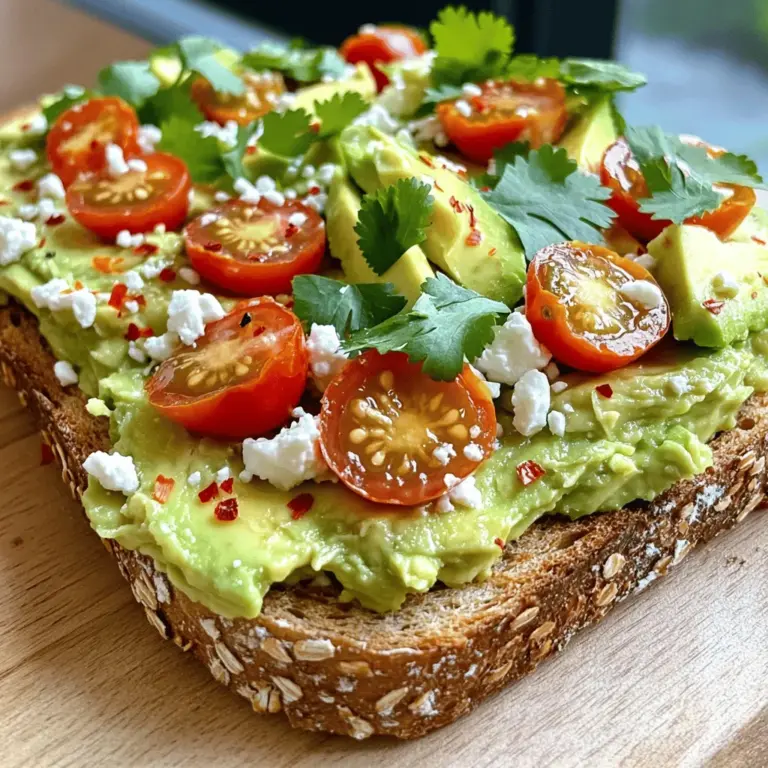 Um Zesty Avocado Toast zuzubereiten, brauchst du folgende Zutaten: - 2 reife Avocados - 4 Scheiben Vollkornbrot - 1 mittelgroße Limette (ausgepresst) - 1 kleine Knoblauchzehe, fein gehackt - 1/2 Teelöffel Meersalz - 1/4 Teelöffel frisch gemahlener schwarzer Pfeffer - 1/4 Teelöffel rote Pfefferflocken - 1/4 Tasse Cherrytomaten, halbiert - 2 Esslöffel Feta-Käse, zerbröckelt (optional) - Frische Korianderblätter zum Garnieren Für noch mehr Geschmack kannst du die folgenden Zutaten hinzufügen: - Ein Spritzer Olivenöl für zusätzliche Cremigkeit - Avocadoöl für einen anderen Geschmack - Sesamsamen oder Sonnenblumenkerne für Crunch Die Wahl der richtigen Zutaten ist wichtig. Hier sind einige Tipps: - Wähle reife Avocados, die leicht drücken, aber nicht matschig sind. - Frisches Vollkornbrot hat mehr Geschmack und Nährstoffe. - Achte auf die Qualität von Feta-Käse; er sollte frisch und vollmundig sein. - Verwende frische Limetten für den besten Saft. Der Geschmack ist viel lebendiger. Mit diesen Zutaten und Tipps bereitest du einen köstlichen Zesty Avocado Toast zu. Für das vollständige Rezept schau dir die Details im Abschnitt "Full Recipe" an. Rösten Sie zuerst das Vollkornbrot. Nehmen Sie vier Scheiben und legen Sie sie in den Toaster. Stellen Sie den Toaster auf eine mittlere Stufe. Wenn Sie keinen Toaster haben, nutzen Sie eine Pfanne. Legen Sie die Brotscheiben in die Pfanne und rösten Sie sie bei mittlerer Hitze. Wenden Sie das Brot, bis es goldbraun ist. Das Rösten gibt dem Brot einen tollen Crunch. Jetzt kommen die Avocados. Schneiden Sie zwei reife Avocados in der Mitte durch. Entfernen Sie den Kern vorsichtig. Löffeln Sie das Fruchtfleisch in eine Schüssel. Fügen Sie eine klein gehackte Knoblauchzehe, den Saft einer Limette, Meersalz, schwarzen Pfeffer und rote Pfefferflocken hinzu. Mischen Sie alles mit einer Gabel. Zerdrücken Sie die Avocados, bis die Mischung cremig, aber noch stückig ist. Probieren Sie die Mischung und passen Sie die Gewürze nach Ihrem Geschmack an. Jetzt ist es Zeit, den Toast zusammenzustellen. Nehmen Sie die gerösteten Brotscheiben und verteilen Sie die Avocado-Mischung großzügig darauf. Legen Sie halbierte Cherrytomaten oben drauf. Wenn Sie möchten, streuen Sie etwas zerbröckelten Feta-Käse darüber. Zum Schluss garnieren Sie das Gericht mit frischen Korianderblättern. Diese geben nicht nur Farbe, sondern auch einen frischen Geschmack. Genießen Sie Ihren Zesty Avocado Toast! Für die vollständige Anleitung und alle Details, schauen Sie sich das [Full Recipe] an. Um eine perfekte Avocado zu finden, schauen Sie auf die Farbe. Die Schale sollte dunkelgrün bis schwarz sein. Drücken Sie leicht auf die Avocado. Sie sollte etwas nachgeben, aber nicht zu weich sein. Ein kleiner Trick: Wenn der Stiel leicht abkommt, ist die Avocado reif. Wenn nicht, lassen Sie sie noch ein paar Tage liegen. Für das beste Ergebnis rösten Sie das Brot in einem Toaster oder in einer Pfanne. Stellen Sie die Hitze auf mittel, um ein gleichmäßiges Rösten zu gewährleisten. Lassen Sie das Brot goldbraun werden. So bleibt es knusprig und hält die Avocado-Mischung gut. Wenn Sie einen Grill haben, können Sie das Brot auch dort rösten. Das gibt einen tollen Geschmack. Die Gewürze in diesem Rezept sind wichtig. Aber Sie können sie nach Ihrem Geschmack anpassen. Fügen Sie mehr oder weniger Limettensaft hinzu. Mögen Sie es scharf? Dann erhöhen Sie die rote Pfefferflocken. Für einen frischen Touch können Sie auch frische Kräuter wie Basilikum oder Dill hinzufügen. Experimentieren Sie, um Ihre perfekte Mischung zu finden. {{image_4}} Zesty Avocado Toast ist ein toller Snack. Du kannst es mit vielen Zutaten anpassen. Hier sind einige Ideen: - Spiegelei: Ein Spiegelei obendrauf macht das Toast herzhaft. - Räucherlachs: Dieser gibt einen feinen, salzigen Geschmack. - Gurken: Frische Gurkenscheiben sorgen für Knackigkeit. - Sprossen: Alfalfa oder Radieschensprossen fügen eine tolle Textur hinzu. - Geröstete Nüsse: Mandeln oder Walnüsse für einen Crunch. Wenn du vegan oder glutenfrei bist, gibt es viele Optionen. Hier sind meine Vorschläge: - Glutenfreies Brot: Wähle dein Lieblingsbrot aus glutenfreien Zutaten. - Kein Feta: Lass den Feta einfach weg oder nutze veganen Käse. - Kichererbsen: Zerdrücke Kichererbsen und mische sie mit der Avocado für Protein. - Nüsse: Verwende Nussmus für einen cremigen Belag. Avocado Toast hat viele Gesichter weltweit. Hier sind ein paar interessante Varianten: - Mexikanisch: Füge Salsa und frischen Koriander hinzu. - Japanisch: Toppe mit Sojasauce und Sesam. - Mediterran: Verwende Oliven, Tomaten und Feta für einen herzhaften Genuss. - Indisch: Füge Curry-Gewürze und Koriander hinzu, für einen neuen Geschmack. Jede dieser Varianten bringt neuen Schwung in dein Avocado Toast. Du kannst mit diesen Ideen kreativ sein und dein ganz eigenes Rezept kreieren. Denke daran, die Full Recipe für eine detaillierte Anleitung zu nutzen! Um Reste von Zesty Avocado Toast frisch zu halten, lagern Sie sie in einem luftdichten Behälter. Achten Sie darauf, den Toast getrennt von der Avocado-Mischung zu halten. So bleibt das Brot knusprig. Sie können die Avocado-Mischung auch in einen separaten Behälter geben. Dies hilft, die Textur und den Geschmack zu bewahren. Die Avocado-Mischung hält sich im Kühlschrank etwa 1 bis 2 Tage. Achten Sie darauf, sie gut abzudecken. Das Brot bleibt in einem luftdichten Behälter etwa 3 bis 5 Tage frisch. Überprüfen Sie das Brot auf Schimmel oder unangenehmen Geruch, bevor Sie es essen. Wenn Sie Reste haben, probieren Sie, die Avocado-Mischung auf Salate zu geben. Sie können sie auch als Dip für Gemüse nutzen. Eine andere Option ist, sie in Tortillas zu füllen und Burritos zu machen. So genießen Sie die leckeren Aromen auf neue Weise. Zesty Avocado Toast hat ungefähr 250 Kalorien pro Portion. Das hängt von den Zutaten ab. Zum Beispiel, wenn du Feta hinzufügst, kann die Kalorienzahl steigen. Vollkornbrot ist nährstoffreich und gibt dir Energie. Avocados sind auch gesund, sie haben gute Fette. Ja, du kannst Zesty Avocado Toast ohne Feta machen. Der Toast bleibt lecker und cremig. Wenn du keinen Feta magst, lasse ihn einfach weg. Du kannst auch andere Käsesorten oder gar keinen Käse verwenden. Der Geschmack der Avocado und Gewürze bleibt stark und frisch. Zu Zesty Avocado Toast passen verschiedene Getränke gut. Frisch gepresster Orangensaft ist eine tolle Wahl. Auch grüner Tee bringt einen guten Kontrast. Wenn du etwas Kühles willst, probiere ein Sprudelwasser mit Zitrone. Diese Getränke ergänzen den Geschmack des Toasts perfekt. Zusammenfassend haben wir die Zutaten und die Schritt-für-Schritt-Anleitung für ein leckeres Avocado-Toast besprochen. Wir haben Tipps zur Auswahl der besten Avocados gegeben und Variationen vorgestellt, die dein Toast aufpeppen. Ich hoffe, du fühlst dich bereit, selbst kreativ zu werden und dein perfektes Avocado-Toast zuzubereiten. Denke daran, Reste richtig zu lagern, um Verschwendung zu vermeiden. Mit diesen Informationen wird dein nächstes Frühstück lecker und einfach.