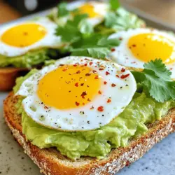 - 2 reife Avocados - 4 Scheiben Vollkornbrot - 4 große Eier - 1 Esslöffel Olivenöl - Salz und Pfeffer nach Geschmack - 1 Esslöffel Zitronensaft - 1 Teelöffel rote Paprikaflocken (optional) - Frische Korianderblätter zur Garnierung Um ein köstliches Avocado Toast mit Ei zu machen, benötigst du frische, reife Zutaten. Die Avocados sollten weich, aber nicht matschig sein. Das Vollkornbrot gibt dem Gericht eine schöne Textur und mehr Nährstoffe. Bei den Eiern kannst du große Eier verwenden, die du nach deinem Wunsch zubereitest. Du kannst sie spiegelei oder pochiert kochen. Olivenöl bringt gesunde Fette in dein Gericht. Salz, Pfeffer und Zitronensaft sorgen für den besonderen Geschmack. Die roten Paprikaflocken sind optional, aber sie fügen eine tolle Schärfe hinzu. Frischer Koriander bringt Farbe und Aroma ins Spiel. Diese Zutaten vereinen sich zu einem einfachen, aber leckeren Gericht. Wenn du mehr über die Zubereitung erfahren möchtest, schau dir das Full Recipe an. Achte darauf, alle Zutaten frisch zu kaufen. So wird dein Avocado Toast mit Ei richtig gut! - Röste die Scheiben Vollkornbrot im Toaster. Lass sie goldbraun und knusprig werden. - Halbiere die reifen Avocados, entferne den Kern und schöpfe das Fruchtfleisch in eine Schüssel. - Füge einen Esslöffel Zitronensaft, Salz und Pfeffer hinzu. Zerdrücke die Mischung mit einer Gabel. Sie soll cremig, aber leicht stückig sein. - Du kannst die Eier auf verschiedene Arten zubereiten: Spiegelei, pochiert oder gerührt. - Wenn du die Eier brätst, erhitze das Olivenöl in einer beschichteten Pfanne. Schlage die Eier vorsichtig auf. - Würze die Eier mit Salz und Pfeffer nach Geschmack. Pochierte Eier sind besonders zart und lecker. - Verteile die zerdrückte Avocado großzügig auf jede Scheibe Brot. - Setze vorsichtig ein gekochtes Ei auf jede Avocado-Toast. - Du kannst die Toasts mit roten Paprikaflocken bestreuen, um mehr Geschmack zu erhalten. - Garnieren mit frischen Korianderblättern bringt Farbe und einen frischen Geschmack. Für eine detaillierte Anleitung, schau dir das [Full Recipe] an. - Reife Avocados erkennen: Eine reife Avocado fühlt sich leicht weich an, wenn du sie drückst. Die Farbe sollte tiefgrün bis dunkelbraun sein. Achte darauf, dass keine Druckstellen vorhanden sind. - Lagerungstipps: Lagere unreife Avocados bei Raumtemperatur. Wenn sie reif sind, bewahre sie im Kühlschrank auf, um die Frische zu erhalten. - Unterschied zwischen pochiert und gerührt: Ein pochiertes Ei hat ein weiches, cremiges Eigelb und ist in Wasser gegart. Ein gerührtes Ei hat eine fluffige Konsistenz und wird in einer Pfanne zubereitet. - Zeitangaben für verschiedene Garmethoden: Für ein Spiegelei brauchst du 3-4 Minuten. Ein pochiertes Ei benötigt 3-5 Minuten, während gerührte Eier in etwa 4-6 Minuten fertig sind. - Zusätzliche Gewürze und Toppings: Du kannst die Avocado mit etwas Knoblauchpulver oder Kreuzkümmel würzen. Für mehr Frische füge Zitronenzesten hinzu. Toppings wie Tomaten, Radieschen oder Feta-Käse können den Geschmack aufpeppen. Experimentiere mit roten Paprikaflocken für extra Schärfe. Für das vollständige Rezept besuche [Full Recipe]. {{image_4}} Für dein Avocado Toast kannst du verschiedene Brotsorten nutzen. Vollkornbrot bringt einen nussigen Geschmack mit. Sauerteigbrot hat eine tolle Textur und einen leichten, sauren Geschmack. Wenn du glutenfrei bist, gibt es viele gute Optionen. Reis- oder Buchweizenbrot sind großartige Alternativen. Du kannst deine Avocado noch besser machen. Füge frische Tomaten oder Radieschen hinzu. Diese geben Farbe und Knusprigkeit. Gewürze sind auch wichtig. Probiere Chili-Flocken oder einen Spritzer Limettensaft. Diese bringen mehr Geschmack ins Spiel. Wenn du kein Ei magst, gibt es viele Alternativen. Du kannst Avocado Toast vegan machen. Nutze zerdrückten Tofu statt Ei. Das gibt dir die nötige Fülle. Auch Kichererbsen können eine gute Wahl sein. Diese sind proteinreich und lecker. Mit diesen Variationen machst du dein Avocado Toast immer neu und spannend. Für das vollständige Rezept schau dir [Full Recipe] an. Um die Avocado frisch zu halten, gibt es einige einfache Tipps: - Lagern Sie die Avocado bei Zimmertemperatur, bis sie reif ist. - Um Braunfärbung zu vermeiden, bestreichen Sie die Schnittfläche mit Zitronensaft. - Wickeln Sie die Avocado in Frischhaltefolie, wenn Sie sie im Kühlschrank aufbewahren. - Verwenden Sie die Avocado innerhalb von zwei Tagen, um Frische zu garantieren. Wenn Sie Reste haben, werfen Sie sie nicht weg. Sie können die Avocado in einen Smoothie geben oder als Dip verwenden. So nutzen Sie sie optimal. Wenn Sie Brotreste haben, lagern Sie diese richtig: - Legen Sie die Scheiben in einen luftdichten Behälter oder wickeln Sie sie in Aluminiumfolie. - Bewahren Sie das Brot im Kühlschrank auf, um die Frische zu verlängern. Zum Wiederaufwärmen: - Rösten Sie das Brot erneut, um den besten Geschmack zu erhalten. - Verwenden Sie den Toaster oder eine Pfanne, um es knusprig zu machen. Diese Tipps helfen Ihnen, Ihre Avocado Toast mit Ei frisch und lecker zu halten. Schauen Sie sich auch das Full Recipe an, um mehr über die Zubereitung zu erfahren! Die Zubereitungszeit für Avocado Toast mit Ei beträgt nur 10 Minuten. Die Gesamtzeit, einschließlich Rösten und Kochen, liegt bei 20 Minuten. Das ist schnell und perfekt für ein schnelles Frühstück oder Mittagessen. Ja, Avocado Toast ist sehr gesund! Avocados sind reich an gesunden Fetten, Ballaststoffen und Vitaminen. Sie fördern die Herzgesundheit und helfen, den Cholesterinspiegel zu senken. Die Kombination mit Eiern fügt hochwertiges Protein hinzu. So wird jede Portion nährstoffreich und sättigend. Ja, du kannst Avocado Toast teilweise im Voraus zubereiten. Du kannst die Avocado-Mischung schon einen Tag vorher machen. Achte darauf, sie gut abzudecken, um Oxidation zu vermeiden. Roste das Brot frisch, wenn du bereit bist, zu essen. So bleibt alles knusprig und lecker. Avocado Toast mit Ei ist einfach und lecker. Du brauchst nur einige frische Zutaten, wie reife Avocados und Eier. Wir haben Schritt für Schritt gezeigt, wie du das perfekte Gericht zubereitest. Zudem hast du viele Tipps für Variationen und Lagerung bekommen. Es lohnt sich, kreativ zu sein und verschiedene Brote oder Toppings zu testen. Probiere neue Kombinationen aus und genieße dein Gericht jeden Tag. Es ist nicht nur schnell, sondern auch gesund!