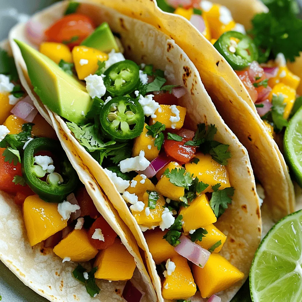 - 2 reife Mangoes - 1 kleine rote Zwiebel - 2 reife Tomaten - 1-2 Jalapeños Die Hauptzutaten sind sehr wichtig für den Geschmack. Mangos bringen Süße und Saftigkeit. Rote Zwiebeln fügen einen milden Biss hinzu. Tomaten machen die Salsa frisch und saftig. Jalapeños bringen die Schärfe. Du kannst die Menge der Jalapeños anpassen, je nachdem, wie scharf du es magst. - 1/4 Tasse frischer Koriander - Saft von 2 Limetten - 1 Teelöffel Honig - Salz nach Geschmack Zusätzliche Zutaten sind wichtig für die Balance. Koriander bringt einen frischen Geschmack. Limettensaft sorgt für Säure und Frische. Honig fügt eine leichte Süße hinzu, wenn du ihn verwendest. Salz verstärkt alle Aromen. Probiere es, um den perfekten Geschmack zu finden. - 8 kleine Maistortillas - 1 Avocado - Zerbröselter Feta oder Queso Fresco Die Tortillas sind die Basis der Tacos. Wähle kleine Maistortillas für den besten Geschmack. Avocado bringt Cremigkeit und macht die Tacos reichhaltiger. Zerbröselter Feta oder Queso Fresco gibt einen salzigen Kontrast. Sie sind optional, aber sehr lecker. Vergiss nicht, den [Full Recipe] für alle Details anzusehen. - Schritt 1: Zuerst schneide die Mango, Zwiebel und Tomaten klein. Die Mango sollte reif sein. Das macht die Salsa süß und lecker. - Schritt 2: Füge die gehackten Jalapeños und Koriander hinzu. Achte darauf, die Jalapeños nach deinem Schärfegrad auszuwählen. - Schritt 3: Jetzt presse den Limettensaft über die Mischung. Wenn du magst, gib einen Teelöffel Honig dazu. Mixe alles gut und schmecke mit Salz ab. - Schritt 4: Erhitze eine Pfanne bei mittlerer bis hoher Hitze. Die Pfanne sollte heiß sein, bevor du die Tortillas hinzufügst. - Schritt 5: Röste jede Tortilla für etwa 30 Sekunden. Sie sollten biegsam und leicht geröstet sein. - Schritt 6: Verteile einen großzügigen Löffel der Mango-Jalapeño-Salsa auf jede Tortilla. Die Farben und Aromen sehen toll aus. - Schritt 7: Belege die Tacos mit Avocadoscheiben. Du kannst auch zerbröselten Feta oder Queso Fresco hinzufügen, wenn du magst. Diese Schritte sind einfach und machen viel Spaß! Du kannst die ganze Zubereitung in weniger als 35 Minuten schaffen. Für die vollständige Anleitung schau dir das [Full Recipe] an. - Reifungsgrad der Mango Wähle reife Mangoes für besten Geschmack. Eine reife Mango hat eine weiche Textur und einen süßen Duft. Drücke leicht auf die Mango. Sie sollte sanft nachgeben, aber nicht matschig sein. Ein paar kleine braune Flecken sind in Ordnung. - Schärfegrad der Jalapeños Die Schärfe von Jalapeños variiert. Möchtest du es mild? Nimm eine kleine Menge. Für mehr Schärfe verwende mehr Jalapeños oder teste verschiedene Sorten. Entferne die Kerne für weniger Hitze. - Vorbereitungszeit optimieren Halbiere die Vorbereitungszeit, indem du alle Zutaten gleichzeitig schneidest. Stelle eine große Schüssel bereit und arbeite effizient. So bleibt alles frisch und knusprig. - Salsa im Voraus zubereiten Du kannst die Salsa bis zu zwei Tage vorher machen. Lass sie im Kühlschrank ziehen. So vermischen sich die Aromen gut. Rühre sie vor dem Servieren gut um. - Beilagen und Getränke, die passen Serviere die Tacos mit einem frischen Salat oder Tortilla-Chips. Ein spritziger Limetten-Limonade passt perfekt dazu. Auch ein leichtes Bier kann gut harmonieren. - Anrichten für Partys Gestalte die Tacos bunt und einladend. Lege die Salsa in eine schöne Schüssel. Biete verschiedene Toppings an, wie Avocado und Feta. So können die Gäste ihre Tacos nach Lust und Laune gestalten. {{image_4}} Für eine vegetarische Note kannst du andere Gemüseoptionen verwenden. Paprika, Zucchini oder Gurken bringen frische Aromen. Diese Gemüse harmonieren gut mit der Mango. Du kannst sie roh verwenden oder leicht grillen. Eine weitere Idee ist, vegane Alternativen zu Feta zu probieren. Du kannst Cashewkäse oder einen einfachen Avocadoaufstrich nutzen. Diese Optionen sind cremig und lecker. Sie geben den Tacos eine tolle Textur. Um mehr Tiefe zu schaffen, füge Gewürze und Kräuter hinzu. Kreuzkümmel oder Chili-Pulver bringen mehr Wärme. Frischer Minze oder Basilikum kann einen interessanten Twist geben. Experimentiere ruhig mit verschiedenen Kräutern, um deinen eigenen Stil zu finden. Das Experimentieren mit Früchten ist auch spannend. Ananas oder Papaya können süße Noten hinzufügen. Sie passen gut zur Schärfe der Jalapeños und machen die Salsa aufregend. Die Wahl der Tortillas kann viel verändern. Du kannst Weizentortillas oder große Tortillas für Burritos verwenden. Glutenfreie Tortillas sind auch eine tolle Option. Jede Tortilla bringt ihren eigenen Geschmack. Wenn du etwas anderes willst, probiere eine Taco-Salat-Option. Verwende die Salsa als Basis für deinen Salat. Mische sie mit frischem Rucola, Bohnen und Avocado. Das ergibt eine gesunde und leckere Mahlzeit. Für die besten Ergebnisse, schau dir die Full Recipe an und entdecke alle Möglichkeiten für deine Frisch Mango Jalapeño Salsa Tacos. Um die Salsa im Kühlschrank zu lagern, bewahre sie in einem luftdichten Behälter auf. So bleibt sie frisch und lecker. Stelle sicher, dass die Salsa gut abgedeckt ist, um den Kontakt mit Luft zu minimieren. Das hilft, den Geschmack zu bewahren und Oxidation zu vermeiden. Die Haltbarkeit von selbstgemachter Salsa variiert. Im Kühlschrank hält sie sich etwa 3 bis 5 Tage. Achte darauf, sie vor dem Verzehr gut umzurühren. Wenn du einen sauren Geruch oder Veränderungen bemerkst, entsorge sie lieber. Um die Maistortillas frisch zu halten, lege sie in einen luftdichten Beutel. Du kannst auch ein feuchtes Tuch verwenden, um sie abzudecken. Lagere die Tortillas an einem kühlen, trockenen Ort. Dies hilft, ihre Flexibilität und Frische zu erhalten. Wenn du die Tortillas länger aufbewahren möchtest, friere sie ein. Lege sie in einen gefriergeeigneten Beutel und entferne die Luft. So bleiben sie bis zu 3 Monate haltbar. Es gibt zwei einfache Methoden, um Tortillas aufzuwärmen. Die Mikrowellenmethode ist schnell. Lege die Tortillas auf einen Teller und decke sie mit einem feuchten Papiertuch ab. Erhitze sie 30 Sekunden lang. Die Pfannenmethode gibt den Tortillas einen besseren Geschmack. Erhitze eine Pfanne bei mittlerer Hitze. Röste jede Tortilla etwa 30 Sekunden lang auf jeder Seite. So werden sie weich und leicht knusprig. Für den besten Genuss, serviere die Tortillas sofort nach dem Aufwärmen. So bleiben sie frisch und lecker! Ja, du kannst die Salsa im Voraus machen. Sie bleibt frisch im Kühlschrank. Ich empfehle, die Salsa bis zu zwei Tage vorher zuzubereiten. Lagere sie in einem luftdichten Behälter. Das gibt den Aromen Zeit, sich zu verbinden. Die Schärfe hängt von den Jalapeños ab. Du kannst die Menge nach deinem Geschmack anpassen. Wenn du es milder magst, entferne die Kerne der Jalapeños. Für mehr Schärfe, füge einfach mehr hinzu. Experimentiere, um deine perfekte Mischung zu finden. Zu diesen Tacos passen frische Salate und Dips. Ein einfacher grüner Salat ist immer eine gute Wahl. Guacamole oder saure Sahne ergänzen die Aromen perfekt. Probiere auch Tortillachips mit Salsa als Snack. Für frische Mango oder Jalapeños suche lokale Märkte oder Bioläden. Viele Online-Shops bieten auch exotische Früchte an. Achte darauf, dass die Zutaten frisch sind. So schmecken deine Tacos am besten. Mango-Jalapeño-Salsa-Tacos sind einfach zuzubereiten und lecker. Du hast gelernt, welche Zutaten wichtig sind und wie du sie zubereitest. Achte beim Auswählen der Zutaten auf Frische und Reife. Variationen bringen Abwechslung, während die Aufbewahrung dir den Genuss verlängert. Experimentiere mit neuen Geschmackskombinationen. Deine nächste Taco-Party wird ein Hit. Lass deiner Kreativität freien Lauf und genieße jedes Bissen deiner eigenen salsa-getoppten Tacos!