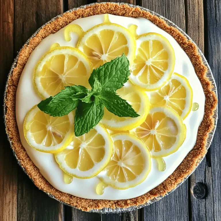 - 1 ½ Tassen Graham-Cracker-Brösel - ⅓ Tasse Kristallzucker - ½ Tasse ungesalzene Butter, geschmolzen Die Basis deiner No-Bake Lemon Icebox Pie ist die Kruste. Graham-Cracker-Brösel geben der Kruste einen tollen Geschmack und eine schöne Textur. Kristallzucker macht die Kruste süß. Die ungesalzene Butter hält alles zusammen und gibt der Kruste einen reichhaltigen Geschmack. - 1 Dose gesüßte Kondensmilch - 1 Tasse frischer Zitronensaft (ca. 4-5 Zitronen) Die gesüßte Kondensmilch ist wichtig für die Füllung. Sie macht die Füllung cremig und süß. Frischer Zitronensaft sorgt für den besonderen, spritzigen Geschmack. Ich empfehle, frische Zitronen zu verwenden. Sie sind aromatischer als der Saft aus der Flasche. - Frische Zitronenscheiben - Minzblätter Garnierungen bringen Farbe und Duft. Frische Zitronenscheiben geben einen hübschen Kontrast zur gelben Füllung. Minzblätter sind frisch und bringen ein wenig Kühlung. Diese garnieren die Pie sehr schön und machen sie noch appetitlicher. Für das vollständige Rezept und die Zubereitung, schau dir [Full Recipe] an. Vermengen der Zutaten Nehmen Sie eine mittlere Schüssel. Geben Sie die Graham-Cracker-Brösel, den Kristallzucker und die geschmolzene Butter hinein. Rühren Sie alles gut um. Achten Sie darauf, dass die Brösel gleichmäßig mit der Butter bedeckt sind. Die Mischung sollte feucht und sandig wirken. Formen der Kruste Nehmen Sie eine 23 cm große Pie-Form. Drücken Sie die Graham-Cracker-Mischung fest auf den Boden und die Seiten. Verwenden Sie die Rückseite eines Messbechers, um die Masse gleichmäßig zu verteilen. Stellen Sie die Kruste für 10 Minuten in den Gefrierschrank, damit sie fest wird. Mischen der Zutatengrundlage Nehmen Sie eine große Schüssel. Geben Sie die gesüßte Kondensmilch, den frischen Zitronensaft, die Zitronenschale und den Vanilleextrakt hinein. Verwenden Sie einen Schneebesen, um alles gut zu vermengen. Rühren Sie, bis die Mischung gleichmäßig aussieht. Schlagen der Sahne Nehmen Sie eine separate Schüssel. Geben Sie die Schlagsahne hinein. Verwenden Sie einen elektrischen Mixer, um die Sahne zu schlagen. Schlagen Sie, bis sich weiche Spitzen bilden. Fügen Sie nach und nach den Puderzucker hinzu und schlagen Sie weiter, bis steife Spitzen entstehen. Mischen von Füllung und Sahne Nehmen Sie die Schüssel mit der Zitronenmasse. Heben Sie die geschlagene Sahne vorsichtig unter die Mischung. Achten Sie darauf, die leichte Konsistenz der Sahne nicht zu verlieren. Mischen Sie, bis alles gut verbunden ist. Kühlen und Servieren Gießen Sie die Zitronenfüllung in die gekühlte Kruste. Glätten Sie die Oberfläche mit einem Spatel. Decken Sie die Pie-Form mit Frischhaltefolie ab. Lassen Sie die Torte mindestens 4 Stunden im Kühlschrank fest werden. Schneiden Sie die Pie in Stücke und garnieren Sie sie mit frischen Zitronenscheiben und einem Zweig Minze. Für die vollständige Anleitung, schauen Sie sich das [Full Recipe] an. - Vermeidung von klebrigen Krusten: Eine gute Kruste ist wichtig. Mischen Sie die Graham-Cracker-Brösel mit Zucker und geschmolzener Butter. Drücken Sie die Mischung fest in die Form. Wenn die Kruste zu locker ist, wird sie klebrig. Lassen Sie die Kruste im Gefrierschrank für 10 Minuten, um sie zu festigen. - Richtige Mischung von Füllung und Sahne: Wenn Sie die Sahne unterheben, seien Sie sanft. Wenn Sie zu fest rühren, verliert die Füllung ihre Luftigkeit. Eine leichte und luftige Füllung macht das Dessert perfekt. - Verwendung von frisch gepresstem Zitronensaft: Frischer Zitronensaft macht einen großen Unterschied. Er bringt mehr Geschmack als der Saft aus der Flasche. Pressen Sie 4-5 Zitronen für eine Tasse Saft. - Möglichkeiten der Süßung anpassen: Sie können den Zuckergehalt leicht anpassen. Wenn Sie es weniger süß möchten, reduzieren Sie den Kristallzucker. Für einen anderen Geschmack probieren Sie Honig oder Agavendicksaft. - Garnierungsideen: Eine schöne Garnierung macht das Dessert ansprechend. Verwenden Sie frische Zitronenscheiben und Minzblätter. Sie bringen Farbe und Frische. - Serviervorschläge: Schneiden Sie die Torte in gleichmäßige Stücke. Servieren Sie sie auf einem schönen Teller. Ein bisschen Schlagsahne oben drauf macht es noch besser. Für das vollständige Rezept besuchen Sie den Abschnitt [Full Recipe]. {{image_4}} Für die Kruste gibt es viele Optionen. Sie können eine glutenfreie Version wählen. Verwenden Sie glutenfreie Kekse anstelle von Graham-Crackern. Das gibt Ihnen die gleiche knusprige Textur. Eine andere Idee ist, aromatisierte Cracker zu verwenden. Zimt- oder Schokoladencracker sorgen für einen neuen Geschmack. Diese kleinen Änderungen machen viel aus. Die Füllung lässt sich leicht anpassen. Sie können frische Früchte hinzufügen, um mehr Geschmack zu bekommen. Beeren oder Pfirsiche passen gut zu Zitrone. Sie bringen Farbe und Süße in das Dessert. Eine weitere Option ist, andere Zitrusfrüchte zu nutzen. Limetten oder Orangen geben der Füllung einen neuen Twist. Diese Varianten sind frisch und lecker. Es gibt auch spannende Rezeptvariationen. Sie können eine heiße Version machen, indem Sie die Füllung backen. So entsteht eine cremige Textur. Für den Sommer ist eine gefrorene Variante perfekt. Lassen Sie die Torte einfach länger im Gefrierfach. Diese erfrischende Option ist ideal für heiße Tage. Wenn Sie eine besondere Feier haben, können Sie die Torte anpassen. Dekorieren Sie sie mit essbaren Blüten oder bunten Früchten. So wird Ihr Dessert zum Hingucker. Schauen Sie sich die [Full Recipe] für weitere Ideen an. - Kühlschrank: Bewahre die No-Bake Lemon Icebox Pie im Kühlschrank auf. Sie bleibt frisch und kühl. So bleibt die Textur der Füllung leicht und cremig. Decke die Pie mit Frischhaltefolie ab, um sie vor Gerüchen zu schützen. - Gefrierschrank: Du kannst die Pie auch im Gefrierschrank lagern. Das ist ideal, wenn du sie länger aufbewahren möchtest. Stelle sicher, dass sie gut verpackt ist. So bleibt der Geschmack erhalten. Zum Servieren einfach im Kühlschrank auftauen lassen. - Frisch genießbar: Die Pie schmeckt am besten frisch zubereitet. Du kannst sie bis zu drei Tage im Kühlschrank genießen. Nach dieser Zeit kann die Füllung an Frische verlieren. - Aufbewahrbar: Im Gefrierschrank hält die Pie bis zu zwei Monate. Nach dem Auftauen ist es besser, sie innerhalb von wenigen Tagen zu essen. So bleibt der Geschmack am besten. - Kühlzeit vor dem Servieren: Lasse die Pie vor dem Servieren für etwa 15 bis 30 Minuten bei Raumtemperatur stehen. So wird sie etwas weicher und leichter zu schneiden. - Mögliches Eintrocknen vermeiden: Um ein Austrocknen zu vermeiden, halte die Pie immer gut abgedeckt. Du kannst auch etwas Schlagsahne oben auftragen, um die Feuchtigkeit zu bewahren. Das macht die Pie noch cremiger und leckerer. Für das vollständige Rezept, schau dir bitte den [Full Recipe] an. Ja, du kannst Limetten oder Orangen verwenden. Limetten geben einen frischen, kräftigen Geschmack. Orangen bringen eine süßere Note. Beide Früchte passen gut zur cremigen Füllung. Experimentiere mit dem Saft und der Schale, um deinen eigenen Twist zu kreieren. Wenn du die Süße ändern willst, probiere Honig oder Ahornsirup aus. Diese natürlichen Süßstoffe geben einen anderen Geschmack. Du kannst auch weniger Zucker verwenden. Beginne mit der Hälfte der Menge und schmecke ab. So findest du die perfekte Balance für deinen Gaumen. Eine Backtorte muss im Ofen gebacken werden. Diese Torten haben oft eine festere Textur. Bei einer No-Bake-Torte wie dieser wird die Füllung im Kühlschrank fest. No-Bake-Torten sind einfacher und schneller. Beide Methoden haben ihre Vorteile, je nach Zeit und Geschmack. Du kannst die Torte bis zu drei Tage im Voraus zubereiten. Bewahre sie gut verpackt im Kühlschrank auf. So bleibt sie frisch und lecker. Achte darauf, dass sie gut abgedeckt ist, um das Austrocknen zu vermeiden. Eine erfolgreiche Zitronentorte braucht die richtigen Zutaten und Schritte. Wir haben die wichtigsten Zutaten wie Graham-Cracker-Brösel und ungesüßte Butter behandelt. Die Zubereitung ist einfach und macht Spaß. Tipps helfen Fehler zu vermeiden und den Geschmack zu verbessern. Variationen geben dir die Freiheit, kreativ zu sein. Richtig lagern sorgt dafür, dass deine Torte frisch bleibt. Mit diesen Informationen kannst du loslegen und deine eigene köstliche Zitronentorte kreieren!