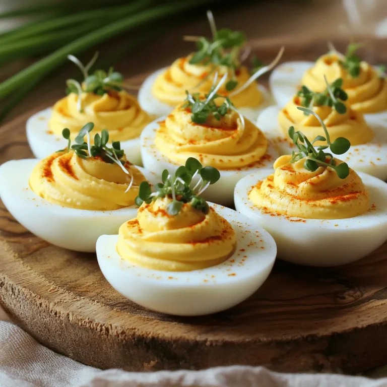 Um die perfekten klassischen gefüllten Eier zu machen, brauchen wir einige einfache Zutaten: - 6 große Eier - 4 Esslöffel Mayonnaise - 1 Teelöffel Dijon-Senf - 1 Teelöffel Apfelessig - Salz nach Geschmack - Pfeffer nach Geschmack Diese Zutaten sind die Basis für ein tolles Rezept. Die Mayonnaise gibt den Eiern eine cremige Textur. Der Senf fügt einen tollen Geschmack hinzu. Der Apfelessig bringt eine leichte Säure, die die Füllung auflockert. Wir können auch ein paar zusätzliche Gewürze hinzufügen, um den Geschmack zu verbessern: - 1 Esslöffel frische Chives, fein gehackt - 1 Teelöffel Paprika - 1 Teelöffel Sriracha (optional für Schärfe) Die Chives bringen Frische in die Füllung. Paprika fügt Farbe und einen milden Geschmack hinzu. Sriracha ist optional, aber perfekt für einen kleinen Kick. Das Garnieren macht gefüllte Eier besonders schön: - Mikrogreens zur Garnitur (optional) Mikrogreens sind nicht nur dekorativ, sondern auch gesund. Sie bringen einen frischen Geschmack, der die gefüllten Eier aufwertet. Diese Zutaten sorgen dafür, dass Ihre gefüllten Eier nicht nur gut schmecken, sondern auch toll aussehen. Wenn Sie mehr über die Zubereitung erfahren möchten, schauen Sie sich das [Full Recipe] an. Beginne mit frischen Eiern. Lege sie in einen Topf und bedecke sie mit kaltem Wasser. Achte darauf, dass das Wasser die Eier gut bedeckt. Stelle den Herd auf mittlere Hitze und bringe das Wasser zum Kochen. Wenn das Wasser kocht, decke den Topf ab und nimm ihn vom Herd. Lass die Eier für 12 Minuten ruhen. Dies garantiert, dass die Eier gut gekocht sind. Nach 12 Minuten lege die Eier in eine Schüssel mit Eiswasser. Lass sie dort für 5 bis 10 Minuten abkühlen. So lässt sich die Schale später leichter entfernen. Sobald die Eier abgekühlt sind, schäle sie vorsichtig. Halbiere die Eier der Länge nach. Nimm die Eigelbe heraus und gib sie in eine Rührschüssel. Mit einer Gabel zerdrücke die Eigelbe. Sie sollten krümelig sein. Füge dann die Mayonnaise, Dijon-Senf, Apfelessig, Salz, Pfeffer und optional Sriracha hinzu. Vermische alles gut, bis die Masse glatt und cremig ist. Diese Mischung gibt den gefüllten Eiern ihren tollen Geschmack. Jetzt kommt der spaßige Teil! Nimm einen Löffel oder einen Spritzbeutel. Fülle die Eigelbmasse vorsichtig in die Halbschalen der Eiweiße. Achte darauf, dass jede Hälfte gut gefüllt ist. Zum Schluss bestreue die gefüllten Eier mit Paprika. Du kannst sie auch mit fein gehackten Chives und Mikrogreens garnieren, wenn du magst. Diese Schritte machen deine gefüllten Eier noch ansprechender. Wenn du die komplette Anleitung suchst, schau dir die Full Recipe an. Um perfekte gekochte Eier zu machen, beginne mit frischen Eiern. Lege sie in einen Topf. Bedecke sie mit kaltem Wasser. Koche das Wasser bei mittlerer Hitze. Wenn das Wasser kocht, decke den Topf ab und nimm ihn vom Herd. Lass die Eier 12 Minuten ruhen. Danach lege die Eier in Eiswasser. Das stoppt den Garprozess. Nach 5-10 Minuten kannst du sie schälen. Diese Methode sorgt für zarte, leicht zu schälende Eier. Für eine cremige Füllung ist die Auswahl der Mayonnaise wichtig. Ich empfehle, eine hochwertige Mayonnaise zu verwenden. Mische sie gut mit den zerdrückten Eigelben. Dijon-Senf und Apfelessig sorgen für zusätzlichen Geschmack. Um die Füllung noch cremiger zu machen, füge mehr Mayonnaise hinzu. Du kannst auch einen Spritzer Wasser verwenden. Das hilft, die Mischung zu lockern und macht sie leichter zu füllen. Beim Füllen der Eier gibt es einige Dos und Don'ts. Dos: - Verwende einen Spritzbeutel für eine schöne Präsentation. - Fülle die Eiweiße bis zur Oberkante. - Garniere die gefüllten Eier mit Paprika oder frischen Kräutern. Don'ts: - Verwende keine überkochten Eier, sie werden grünlich. - Fülle die Eier nicht zu voll, das kann unordentlich werden. - Lass die gefüllten Eier nicht zu lange stehen, sie schmecken frisch am besten. Diese Tipps helfen dir, die besten klassischen gefüllten Eier zuzubereiten. Du findest das vollständige Rezept in der Rezeptbeschreibung. {{image_4}} Klassische gefüllte Eier bieten viele Möglichkeiten zur Anpassung. Du kannst verschiedene Zutaten verwenden, um neue Aromen zu entdecken. Bacon bringt einen herzhaften Crunch in gefüllte Eier. Füge gebratenen und zerbröselten Bacon zur Eigelbmasse hinzu. Ein Hauch von Rauchigkeit macht das Gericht noch besser. Du kannst auch das Paprika durch geräuchertes Paprika ersetzen. Probiere es aus und genieße den Unterschied! Avocado ist eine gesunde und cremige Option. Ersetze die Mayonnaise durch reife Avocado. Diese Variante ist reich an gesunden Fetten. Mische die Avocado mit den zerdrückten Eigelben. Füge etwas Limettensaft und Salz hinzu. Diese Füllung ist frisch und lecker. Sie passt perfekt für einen Brunch oder ein Picknick. Für vegane gefüllte Eier kannst du Kichererbsen verwenden. Püriere die Kichererbsen mit Senf, Zitronensaft und veganer Mayonnaise. Diese Mischung hat eine ähnliche Textur wie das Original. Du kannst auch geräucherte Paprika für zusätzlichen Geschmack verwenden. Diese Option ist lecker und gesund. Sie ist ideal für alle, die auf tierische Produkte verzichten möchten. Klassische gefüllte Eier sind vielseitig. Du kannst mit den Füllungen experimentieren und deinen eigenen Stil finden. Lass deiner Kreativität freien Lauf! Gefüllte Eier sind ein klassisches Gericht, das man leicht aufbewahren kann. Wenn du sie nicht sofort servierst, lege sie in einen luftdichten Behälter. Achte darauf, die Eier mit Frischhaltefolie abzudecken. So bleiben sie frisch und lecker. Die Haltbarkeit gefüllter Eier im Kühlschrank beträgt etwa drei bis vier Tage. Nach dieser Zeit können sie ungenießbar werden. Wenn die Eier einen seltsamen Geruch oder Aussehen haben, wirf sie weg. Es ist besser, auf Nummer sicher zu gehen. Das Einfrieren gefüllter Eier ist nicht empfehlenswert. Die Textur der Eier verändert sich, und sie können wässrig werden. Wenn du Reste hast, empfehle ich, sie frisch im Kühlschrank zu lagern. So behältst du den großartigen Geschmack. Gefüllte Eier sind eine tolle Vorspeise. Sie halten sich gut im Kühlschrank. Sie bleiben frisch für etwa drei bis fünf Tage. Lagern Sie sie in einem luftdichten Behälter. So bleibt der Geschmack erhalten. Achten Sie darauf, dass die Eier gut gekühlt sind. Ja, das können Sie! Wenn Sie keine Mayonnaise mögen, probieren Sie griechischen Joghurt. Er macht die Füllung cremig und gesund. Sie können auch Avocado verwenden. Das gibt einen tollen Geschmack. Experimentieren Sie mit verschiedenen Zutaten, um Ihre perfekte Mischung zu finden. Um gefüllte Eier schärfer zu machen, fügen Sie Sriracha hinzu. Ein Teelöffel reicht oft aus. Sie können auch andere scharfe Saucen nutzen. Paprika kann auch helfen, mehr Geschmack zu bringen. Seien Sie mutig und testen Sie verschiedene Schärfegrade. So finden Sie Ihre Lieblingskombination. Haben Sie Fragen zu anderen Varianten? Vielleicht möchten Sie wissen, wie man gefüllte Eier mit Käse macht? Oder wie man sie für eine Party schön präsentiert? Schauen Sie sich die verschiedenen Tipps und Tricks in meinem [Full Recipe] an! Dort gibt es viele Ideen, die Ihnen helfen. Im Blogbeitrag haben wir die besten Zutaten für gefüllte Eier erkundet. Du hast gelernt, wie man sie perfekt kocht und die Füllung zubereitet. Die Tipps helfen dir, cremige Ergebnisse zu erzielen. Ob du Variationen mit Bacon oder vegane Optionen ausprobierst, bleibt dir überlassen. Wichtig ist auch die richtige Lagerung der Eier. Mit diesen Infos kannst du deine Gäste beeindrucken. Genieße das Kochen und die schmackhaften Ergebnisse!