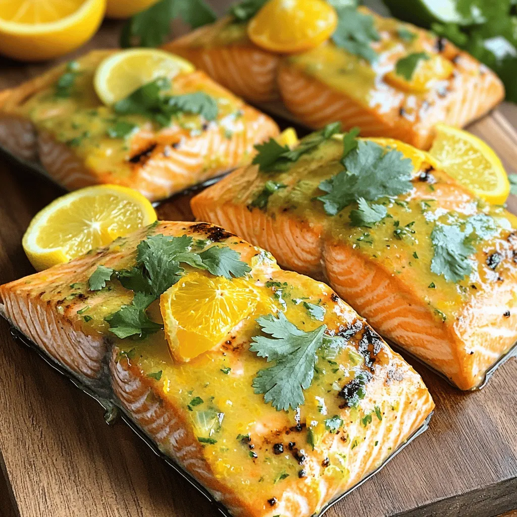 - 4 Salmonfilets (je 170 g) - 2 Orangen (abgeriebene Schale und Saft) - 1 Zitrone (abgeriebene Schale und Saft) - 3 Esslöffel Olivenöl - 2 Esslöffel Honig - 2 Knoblauchzehen, fein gehackt - 1 Teelöffel frischer Ingwer, gerieben - Salz und Pfeffer nach Geschmack - Frische Koriander oder Petersilie, zum Garnieren Die Zutaten sind einfach und frisch. Der Lachs ist der Star dieses Gerichts. Die Orangen und Zitrone geben dem Lachs einen tollen, frischen Geschmack. Ich liebe es, die Schale der Früchte zu nutzen. Sie bringt viel Aroma. Olivenöl und Honig verleihen der Marinade eine tolle Textur. Knoblauch und Ingwer fügen eine schöne Würze hinzu. Salz und Pfeffer sind wichtig für den Geschmack. Frische Kräuter wie Koriander oder Petersilie machen das Gericht noch schöner. Diese Garnierung bringt Farbe und Frische. Für das vollständige Rezept schau dir die [Full Recipe] an. Beginne mit den Zitrusfrüchten. Reibe die Schale von zwei Orangen, einer Zitrone und einer Limette. Presse dann den Saft aus diesen Früchten. Gib die Schale und den Saft in eine große Schüssel. Füge drei Esslöffel Olivenöl, zwei Esslöffel Honig, zwei fein gehackte Knoblauchzehen und einen Teelöffel frisch geriebenen Ingwer hinzu. Rühre alles gut um, bis die Marinade gut vermischt ist. Nimm die vier Salmonfilets und würze sie auf beiden Seiten mit Salz und Pfeffer. Lege die Filets in eine flache Schale oder einen wiederverschließbaren Beutel. Gieße die Marinade über die Filets. Stelle sicher, dass sie gut bedeckt sind. Decke die Schale ab oder verschließe den Beutel. Lass den Lachs mindestens 30 Minuten im Kühlschrank ziehen, damit die Aromen gut einziehen. Heize deinen Grill auf mittelhohe Hitze vor. Fette die Grillroste leicht ein, um ein Ankleben zu vermeiden. Nimm die Salmonfilets aus der Marinade und lass überschüssige Marinade abtropfen. Lege die Filets mit der Hautseite nach unten auf den Grill. Grill die Filets etwa 5-6 Minuten pro Seite. Der Lachs ist fertig, wenn er sich leicht mit einer Gabel zerteilen lässt. Lass den Lachs nach dem Grillen einige Minuten ruhen, bevor du ihn servierst. Du kannst entweder einen Gas- oder Holzkohlegrill nutzen. Beide haben ihre Vorteile. Der Gasgrill ist leicht zu bedienen und heizt schnell auf. Bei einem Holzkohlegrill bekommst du einen tollen rauchigen Geschmack. Wenn du einen Holzkohlegrill nutzt, achte darauf, die Kohlen gleichmäßig zu verteilen. So wird der Lachs gleichmäßig gegart. Die richtige Temperatur ist wichtig für den perfekten Lachs. Du solltest deinen Grill auf mittelhohe Hitze vorheizen. Grill den Lachs etwa 5-6 Minuten pro Seite. Er ist fertig, wenn er sich leicht mit einer Gabel zerteilen lässt. Die Innentemperatur sollte etwa 63 Grad Celsius erreichen. So bleibt der Lachs saftig und zart. Ein häufiger Fehler ist, den Lachs zu lange zu grillen. Das macht ihn trocken. Achte auch darauf, die Grillroste gut einzuölen, um das Ankleben zu verhindern. Vermeide es, den Lachs während des Grillens ständig zu wenden. Lass ihn in Ruhe, damit sich die Grillstreifen schön bilden. Wenn du all diese Tipps befolgst, wird dein Lachs perfekt! Für mehr Details und die vollständige Anleitung, sieh dir das Full Recipe an. {{image_4}} Du kannst diese Salmonfilets leicht variieren. Versuche, Grapefruit oder Mandarinen zu verwenden. Diese Früchte bringen neue Geschmäcker. Grapefruit gibt einen leicht bitteren Geschmack. Mandarinen sind süßer und milder. Beide Optionen machen das Gericht frisch und spannend. Die Marinade ist der Schlüssel zu einem guten Geschmack. Du kannst sie anpassen, um verschiedene Geschmäcker zu treffen. Füge mehr Ingwer für Schärfe hinzu. Oder benutze weniger Honig, wenn du es weniger süß magst. Auch Sojasauce kann einen herzhaften Kick geben. Experimentiere mit verschiedenen Kräutern, wie Thymian oder Basilikum. Die Beilagen sind wichtig für ein gutes Essen. Probiere frisches Gemüse wie Spargel oder Zucchini. Sie passen gut zu den zarten Salmonfilets. Auch ein knackiger Salat mit Zitronen-Vinaigrette ist eine gute Wahl. Reis oder Quinoa sind tolle Beilagen, die das Gericht abrunden. Für mehr Frische kannst du die Filets mit frischem Koriander oder Petersilie garnieren. Für das vollständige Rezept, schaue dir die [Full Recipe](#) an. Um gegrillten Lachs frisch zu halten, bewahren Sie ihn in einem luftdichten Behälter auf. Stellen Sie sicher, dass der Lachs abgekühlt ist, bevor Sie ihn einpacken. So bleibt er saftig und lecker. Lagern Sie den Lachs im Kühlschrank. Er hält sich dort etwa 2 bis 3 Tage. Wenn Sie Reste haben, genießen Sie sie in einem Salat oder auf einem Sandwich. Wenn Sie Lachs für später aufbewahren möchten, können Sie ihn einfrieren. Wickeln Sie die Salmonfilets fest in Frischhaltefolie ein. Legen Sie sie dann in einen Gefrierbeutel. Entfernen Sie die Luft, um Gefrierbrand zu vermeiden. So bleibt der Lachs bis zu 3 Monate frisch. Zum Auftauen legen Sie den Lachs einfach über Nacht in den Kühlschrank. Für schnelles Auftauen können Sie auch kaltes Wasser verwenden. Marinierter Lachs sollte nicht länger als 2 Tage im Kühlschrank bleiben. Die Marinade kann die Textur des Lachses verändern, wenn er zu lange aufbewahrt wird. Wenn Sie ihn länger als 2 Tage benötigen, frieren Sie ihn am besten ein. So bleibt er frisch und schmackhaft. Verwenden Sie immer frische Zutaten, um die Haltbarkeit zu maximieren. Für den besten Geschmack mariniere ich die Salmonfilets mindestens 30 Minuten. Diese Zeit erlaubt den Aromen, tief in den Fisch einzudringen. Wenn du mehr Zeit hast, kannst du sie bis zu zwei Stunden marinieren. So wird der Geschmack noch intensiver. Die Marinade aus Zitrusfrüchten, Olivenöl und Honig sorgt für einen frischen und fruchtigen Geschmack. Ja, du kannst die Salmonfilets auch im Ofen zubereiten. Heize den Ofen auf 200 Grad Celsius vor. Lege die marinierten Filets auf ein Backblech, das mit Backpapier ausgelegt ist. Backe sie 12 bis 15 Minuten, bis sie gar sind. Der Ofengeschmack ist anders, aber immer noch lecker. Ja, Lachs ist sehr gesund. Er enthält viele Omega-3-Fettsäuren, die gut für das Herz sind. Zudem ist er reich an Proteinen und wichtigen Vitaminen. Diese Nährstoffe unterstützen das Immunsystem und fördern die Gehirnfunktion. Zesty Gegrillte Zitrus-Salmonfilets sind also nicht nur lecker, sondern auch nahrhaft. Zu diesen Salmonfilets passen viele gesunde Beilagen. Ich empfehle gegrilltes Gemüse, wie Zucchini und Paprika. Auch ein frischer grüner Salat ist eine gute Wahl. Quinoa oder brauner Reis sorgen für eine sättigende Beilage. Diese Optionen ergänzen den Lachs und machen das Gericht ausgewogen. Zesty gegrillte Zitrus-Salmonfilets sind einfach und lecker. Wir haben die besten Zutaten, die Marinade und Tipps behandelt. Ein gegrillter Lachs kann vielseitig sein und verschiedene Zitrusfrüchte nutzen. Außerdem kannst du ihn anpassen und gut lagern. Mit diesen Tipps holst du das Beste aus deinem Lachs heraus. Experimentiere mit Beilagen und genieße dieses gesunde Gericht. Viel Spaß beim Grillen!
