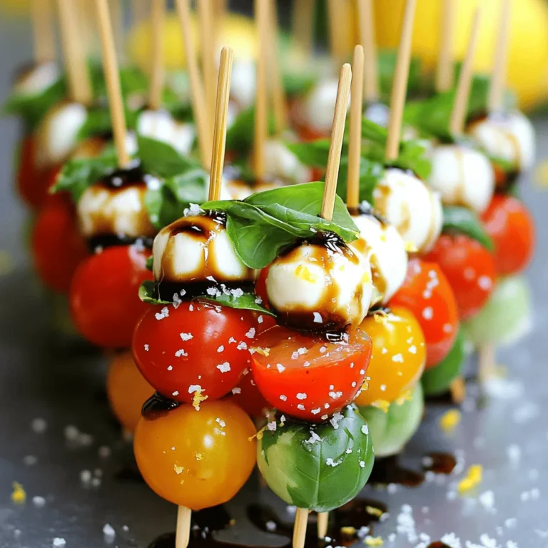 - Kirschtomaten - Mozzarella-Bällchen - Basilikum - Balsamico-Glasur - Olivenöl - Gewürze - Frische Zutaten wählen - Bio-Optionen bevorzugen Kirschtomaten sind der Star dieses Rezepts. Sie sind süß und saftig. Wähle die besten Tomaten aus. Achte darauf, dass sie fest sind und einen leuchtenden Farbton haben. Mozzarella-Bällchen, oder Bocconcini, bringen Cremigkeit. Sie sollten frisch sein. Überprüfe das Haltbarkeitsdatum und wähle kleine Kugeln. Diese sind perfekt zum Spießen. Frische Basilikumblätter fügen einen tollen Geschmack hinzu. Suche nach grünen und lebhaften Blättern. Sie sollten keinen braunen Rand haben. Basilikum gibt den Spießen ein frisches Aroma. Für weitere Zutaten benötigst du Balsamico-Glasur. Diese gibt einen süßen und sauren Geschmack. Olivenöl sorgt für eine schöne Textur und Geschmack. Du kannst auch Salz und Pfeffer hinzufügen. Diese Gewürze heben die Aromen hervor. Eine Prise Zitronenschale bringt Frische. Kaufe frische und bio Zutaten, wenn möglich. Diese sind oft geschmackvoller und gesünder. Achte darauf, dass die Zutaten schön aussehen. Frische Zutaten machen deine Spieße noch besser. Für das vollständige Rezept, schau dir die Details an. Zuerst waschen Sie die Basilikumblätter gründlich. Lassen Sie sie dann an der Luft trocknen. So bleiben sie frisch und knusprig. Schneiden Sie die Kirschtomaten in zwei Hälften. Nehmen Sie die Mozzarella-Bällchen aus der Packung und lassen Sie sie abtropfen. Diese Schritte sind wichtig, um eine gute Textur zu erreichen. Jetzt nehmen Sie einen Bambusspieß oder einen Zahnstocher. Beginnen Sie mit einer halben Kirschtomate. Danach kommt ein frisches Basilikumblatt. Schließlich fügen Sie eine Mozzarella-Kugel hinzu. Wiederholen Sie diesen Prozess, bis der Spieß voll ist. Achten Sie darauf, am Ende Platz für einen Griff zu lassen. Das macht das Essen einfacher und angenehmer. In einer kleinen Schüssel mischen Sie Olivenöl, Balsamico-Glasur, Salz, Pfeffer und Zitronenschale. Rühren Sie alles gut um. So entsteht ein schmackhaftes Dressing, das die Spieße aufwertet. Sobald die Spieße fertig sind, träufeln Sie das Dressing gleichmäßig darüber. Dies verstärkt den Geschmack und sorgt für eine köstliche Note. Für das vollständige Rezept schauen Sie sich den Abschnitt "Vollständiges Rezept" an. Um Ihre Caprese Salad Skewers perfekt zu präsentieren, achten Sie auf die Anordnung. Legen Sie die Spieße in einer schönen Form auf einen Teller. Eine ansprechende Anordnung macht das Essen gleich viel einladender. Sie können die Spieße auch in Vasen oder Gläsern platzieren. Diese Methode sorgt dafür, dass die Spieße aufrecht stehen. So wirken sie frisch und lebendig. Um Ihren Spießen zusätzlichen Geschmack zu verleihen, probieren Sie verschiedene Aromen. Fügen Sie zum Beispiel einige Oliven oder getrocknete Tomaten hinzu. Das bringt neue Geschmäcker in Ihr Gericht. Sie können auch alternative Käsesorten verwenden. Feta oder Ziegenkäse sind tolle Optionen. Sie verändern die Textur und den Geschmack der Spieße. Bei Partys können Sie die Spieße auf einem großen Tisch anrichten. So können die Gäste einfach zugreifen. Achten Sie darauf, die Spieße kühl zu halten. Servieren Sie sie am besten direkt nach der Zubereitung. So schmecken sie frisch und köstlich. Wenn Sie die Spieße im Voraus machen, stellen Sie sicher, dass sie nicht zu lange stehen. Genießen Sie sie, solange die Aromen stark und lebendig sind. {{image_4}} Um die Caprese Salad Skewers frisch zu halten, lagere ich sie im Kühlschrank. Ich lege sie in einen luftdichten Behälter. So bleiben die Aromen lange erhalten. Achte darauf, dass die Spieße trocken sind. Feuchtigkeit kann die Zutaten verderben. Wenn ich die Spieße zubereite, lasse ich sie niemals in einer Schüssel mit Wasser stehen. Die Spieße bleiben in der Regel bis zu drei Tage frisch. Ich empfehle, sie innerhalb von 48 Stunden zu essen, wenn möglich. Achte auf die Farben der Tomaten und den Geruch des Mozzarellas. Wenn die Tomaten matschig sind oder der Käse unangenehm riecht, sind sie nicht mehr gut. Ich rate davon ab, die Spieße wieder zu erwärmen. Sie schmecken frisch am besten. Solltest du sie jedoch aufbewahren, serviere sie kalt. Ein kalter Snack ist einfach köstlich. Du kannst sie auch auf einer Platte anrichten und wieder anbieten. So bleibt der Geschmack lebendig. Ich empfehle, zwei bis drei Spieße pro Person zu servieren. Das ist ideal für kleine Snacks oder als Teil eines Buffets. Wenn du eine große Feier planst, berechne etwa einen Spieß pro Person und eventuell mehr, wenn die Gäste viel essen. Für Kinder reichen oft ein oder zwei Spieße aus. Denke daran, die Portionen an den Anlass anzupassen. Bei einem entspannten Abendessen kannst du weniger vorbereiten als bei einer großen Party. Ja, du kannst die Spieße im Voraus zubereiten. Bereite sie bis zu vier Stunden vorher vor. Lagere sie im Kühlschrank, damit sie frisch bleiben. Achte darauf, die Spieße nicht mit dem Dressing zu beträufeln, bis du sie servierst. So bleiben sie knackig und lecker. Wenn du Zeit sparen möchtest, kannst du auch die Zutaten am Vortag vorbereiten. Halte die Kirschtomaten, Mozzarella und Basilikum getrennt, bis du bereit bist, die Spieße zu machen. Caprese-Salat-Spieße passen gut zu vielen Beilagen. Hier sind einige Ideen: - Knuspriges Baguette oder Ciabatta - Eine frische grüne Salatmischung - Gegrilltes Gemüse - Antipasti-Platten mit Oliven und Artischocken - Leichte Dips wie Hummus oder Guacamole Diese Beilagen ergänzen die Aromen der Spieße perfekt. Sie sorgen für mehr Vielfalt auf dem Tisch und machen dein Essen noch ansprechender. Hier sind die Zutaten für Ihre Caprese-Salat-Spieße: - 1 Pint Kirschtomaten, halbiert - 225 g frische Mozzarella-Bällchen (Bocconcini), abgetropft - Frische Basilikumblätter - 2 Esslöffel Balsamico-Glasur - 1 Esslöffel Olivenöl - Salz und frisch gemahlener Pfeffer nach Geschmack - 1 Teelöffel Zitronenschale - Bambusspieße oder Zahnstochern Die Zubereitung ist einfach und macht Spaß. Zuerst waschen Sie die Basilikumblätter gut und lassen sie trocknen. Nehmen Sie dann einen Bambusspieß oder Zahnstocher. Beginnen Sie mit einer halben Kirschtomate. Fügen Sie ein frisches Basilikumblatt hinzu und dann eine Mozzarella-Kugel. Wiederholen Sie dies, bis der Spieß gefüllt ist. Lassen Sie am Ende Platz für einen Griff. Nun bereiten Sie das Dressing vor. Mischen Sie in einer kleinen Schüssel das Olivenöl, die Balsamico-Glasur, Salz, Pfeffer und die Zitronenschale. Rühren Sie alles gut um, bis die Zutaten gut vermischt sind. Beträufeln Sie die Spieße gleichmäßig mit dem Dressing. Für die Präsentation stellen Sie die Spieße in eine kleine Vase oder ein Glas. Garnieren Sie mit zusätzlichen Basilikumblättern und einem Hauch Meersalz. Jeder Spieß hat etwa 70 Kalorien. Die Portionierung ist einfach. Ein Spieß ist perfekt als Snack oder Vorspeise. Bei zehn Spießen haben Sie genug für eine kleine Gruppe. Sie sind frisch, leicht und sehr geschmackvoll. Diese Anleitung hat dir gezeigt, wie du köstliche Caprese-Salat-Spieße zubereitest. Ich habe die besten Zutaten, Tipps zur Zubereitung und Präsentation geteilt. Achte auf frische und biologische Produkte. Variationen sorgen für mehr Geschmack und Spaß. Mit diesen Spießen bringst du Freude auf jede Veranstaltung. Denk daran, sie im Kühlschrank frisch zu halten. Du kannst sie auch im Voraus zubereiten und sie mit passenden Beilagen servieren. Viel Spaß beim Ausprobieren und Genießen deiner Spieße!