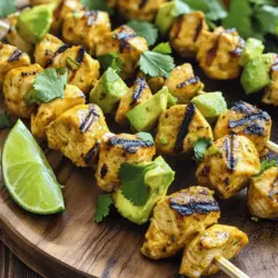 - 2 Hähnchenbrustfilets, entbeint und ohne Haut, in Würfel geschnitten - 1 reife Avocado, in Würfel geschnitten - 2 Esslöffel Olivenöl - 1 Esslöffel Limettensaft - 1 Teelöffel Limettenschale (Zeste) - 2 Knoblauchzehen, fein gehackt - 1 Teelöffel Kreuzkümmel - 1 Teelöffel geräuchertes Paprikapulver - Salz und Pfeffer nach Geschmack - Holz- oder Metallspieße (bei Verwendung von Holzspießen diese 30 Minuten in Wasser einweichen) - Frischer Koriander zur Garnierung Wenn du frische Zutaten auswählst, achte auf die Farbe und den Duft. Hähnchen sollte rosa und fest sein. Vermeide Hähnchen mit einer grauen Farbe oder unangenehmem Geruch. Die Avocado sollte weich sein, aber nicht matschig. Drücke leicht darauf; sie sollte sich sanft nachgeben. Frischer Koriander hat einen starken Duft. Wähle ihn, wenn die Blätter grün und knackig sind. Falls du keine Avocado magst, versuche Zucchini oder Paprika. Diese geben eine schöne Farbe und Textur. Du kannst auch Limettensaft durch Zitronensaft ersetzen. Für eine würzigere Marinade füge Chili-Flocken hinzu. Bei der Wahl der Spieße kannst du auch Grillpfannen benutzen, wenn du keinen Grill hast. Zuerst bereitest du die Marinade vor. Nimm eine große Schüssel und gebe das Olivenöl hinein. Füge den Limettensaft und die Limettenschale dazu. Jetzt kommt der Knoblauch, gefolgt von Kreuzkümmel und geräuchertem Paprika. Mische alles gut mit einem Schneebesen. Die Marinade sollte gleichmäßig und glatt sein. Jetzt kannst du das Hähnchen hinzufügen. Mische es gut, damit alle Stücke bedeckt sind. Decke die Schüssel ab und stelle sie für mindestens 30 Minuten in den Kühlschrank. Du kannst auch bis zu 2 Stunden warten, wenn du intensiveren Geschmack magst. Wenn die Marinade fertig ist, kannst du die Spieße vorbereiten. Nimm die marinierten Hähnchenstücke und stecke sie sorgfältig auf die Holz- oder Metallspieße. Achte darauf, abwechselnd Avocadowürfel hinzuzufügen. Pro Spieß sollten 3-4 Hähnchenstücke und 2-3 Avocadostücke sein. So bekommst du einen tollen Mix aus Geschmack und Textur. Heize den Grill oder eine Grillpfanne auf mittelhohe Hitze vor. Wenn der Grill heiß ist, lege die Spieße auf den Grill. Grill die Spieße für etwa 10-12 Minuten. Wende sie dabei gelegentlich. Das Hähnchen sollte durchgegart und schön gebräunt sein. Die Avocado wird leicht angebraten, bleibt aber cremig. Nach dem Grillen lasse die Spieße 2 Minuten ruhen, bevor du sie servierst. Garniere sie mit frischem Koriander für einen zusätzlichen Farbtupfer. Für das vollständige Rezept, schaue dir die [Full Recipe] an. Die ideale Grilltemperatur für Hähnchenspieße liegt bei mittelhoher Hitze. Dies bedeutet etwa 180 bis 200 Grad Celsius. Diese Temperatur sorgt dafür, dass das Hähnchen gleichmäßig gart. Es verhindert auch, dass die Avocado verbrennt. Die Marinierzeit spielt eine große Rolle. Für den besten Geschmack lasse das Hähnchen mindestens 30 Minuten marinieren. Du kannst es auch bis zu 2 Stunden im Kühlschrank lassen. So zieht die Marinade gut ein und macht das Hähnchen zart und aromatisch. Serviere die Spieße auf einer großen Platte. Limettenviertel und frischer Koriander machen das Gericht bunt und einladend. Für einen zusätzlichen Geschmack kannst du einen Joghurt- oder Sauerrahmdip dazu geben. Gute Beilagen sind ein frischer Salat oder gegrilltes Gemüse. Diese ergänzen die Aromen der Spieße perfekt. Wenn du mehr über die Zubereitung erfahren möchtest, findest du die Details in der [Full Recipe]. {{image_4}} Für eine mediterrane Note, füge Feta-Käse hinzu. Schneide den Feta in kleine Würfel. Stecke die Feta-Würfel abwechselnd mit dem Hähnchen und der Avocado auf die Spieße. Der Feta sorgt für einen salzigen, cremigen Geschmack. Er ergänzt die zarte Avocado perfekt. Serviere die Spieße mit einer Prise Oregano. Frischer Basilikum passt auch gut dazu. Für eine asiatische Variante, verwende Teriyaki-Sauce zur Marinade. Mische die Sauce mit etwas Limettensaft und Knoblauch. Marinier das Hähnchen darin für mindestens 30 Minuten. Die süßliche Soße gibt den Spießen einen leckeren Geschmack. Füge frisches Gemüse wie Paprika und Zwiebeln hinzu. Diese bringen noch mehr Farbe und Geschmack. Wenn du eine vegetarische Option möchtest, ersetze das Hähnchen durch Tofu. Wähle festen Tofu und schneide ihn in Würfel. Marinier den Tofu wie im Rezept beschrieben. Achte darauf, dass er gut die Aromen aufnimmt. Du kannst auch Gemüse wie Zucchini oder Pilze verwenden. Diese machen die Spieße bunt und lecker. Für mehr Details zu den Zesty Avocado Hähnchenspießen, schau dir das [Full Recipe] an. Wenn du Reste von den Zesty Avocado Hähnchenspießen hast, lagere sie in einem luftdichten Behälter. So bleiben sie frisch und lecker. Es ist wichtig, die Reste möglichst schnell zu kühlen. Lass die Spieße nicht länger als zwei Stunden bei Raumtemperatur stehen. Im Kühlschrank halten die Spieße bis zu drei Tage. Stelle sicher, dass der Behälter gut verschlossen ist, um Gerüche zu vermeiden. Du kannst die Spieße kalt genießen oder sie kurz aufwärmen. Zum Aufwärmen empfehle ich die Mikrowelle oder die Pfanne. So bleibt die Avocado cremig und das Hähnchen zart. Wenn du die Spieße länger aufbewahren möchtest, friere sie ein. Lege die Spieße in einem Gefrierbeutel oder einem luftdichten Behälter. Achte darauf, die Luft herauszudrücken, um Gefrierbrand zu vermeiden. Die Spieße können bis zu drei Monate im Gefrierfach bleiben. Um sie aufzutauen, lege sie über Nacht in den Kühlschrank. Nach dem Auftauen kannst du sie grillen oder in der Pfanne erwärmen. So hast du jederzeit einen gesunden Snack bereit! Die Zubereitung der zesty avocado Hähnchenspieße dauert insgesamt etwa 45 Minuten. Du benötigst 10 Minuten für die Vorbereitung und 30 bis 120 Minuten zum Marinieren. Das Grillen selbst dauert 10 bis 12 Minuten. Diese Schritte machen es einfach, in kurzer Zeit ein leckeres Gericht zu zaubern. Ja, du kannst die Spieße auch im Ofen zubereiten. Heize deinen Ofen auf 200 Grad Celsius vor. Lege die Spieße auf ein Backblech mit Backpapier. Grille sie etwa 15 bis 20 Minuten, bis das Hähnchen durchgegart ist. Wende die Spieße einmal, damit sie gleichmäßig bräunen. Für die zesty avocado Hähnchenspieße passen viele Beilagen gut. Hier sind einige Empfehlungen: - Frischer Salat mit Limetten-Dressing - Gegrilltes Gemüse wie Paprika und Zucchini - Reis oder Quinoa für mehr Füllung - Tortillas für ein Wrap-Erlebnis - Ein Joghurt- oder Sauerrahmdip für zusätzliche Cremigkeit Besuche den [Full Recipe] für mehr Details zu den Spießen und deren Zubereitung! Am Anfang haben wir die besten Zutaten für die zesty Avocado Hähnchenspieße besprochen. Du hast Tipps zur Auswahl frischer Produkte und Alternativen gefunden. Dann haben wir die Schritt-für-Schritt-Anleitung zum Grillen durchgegangen. Wir haben auch wichtige Tricks für den perfekten Geschmack geteilt. Zudem hast du verschiedene Variationen und Lagerungshinweise kennengelernt. Egal, ob du es klassisch oder kreativ magst, diese Spieße bringen viel Freude. Experimentiere mit den Ideen und genieße dein Essen!