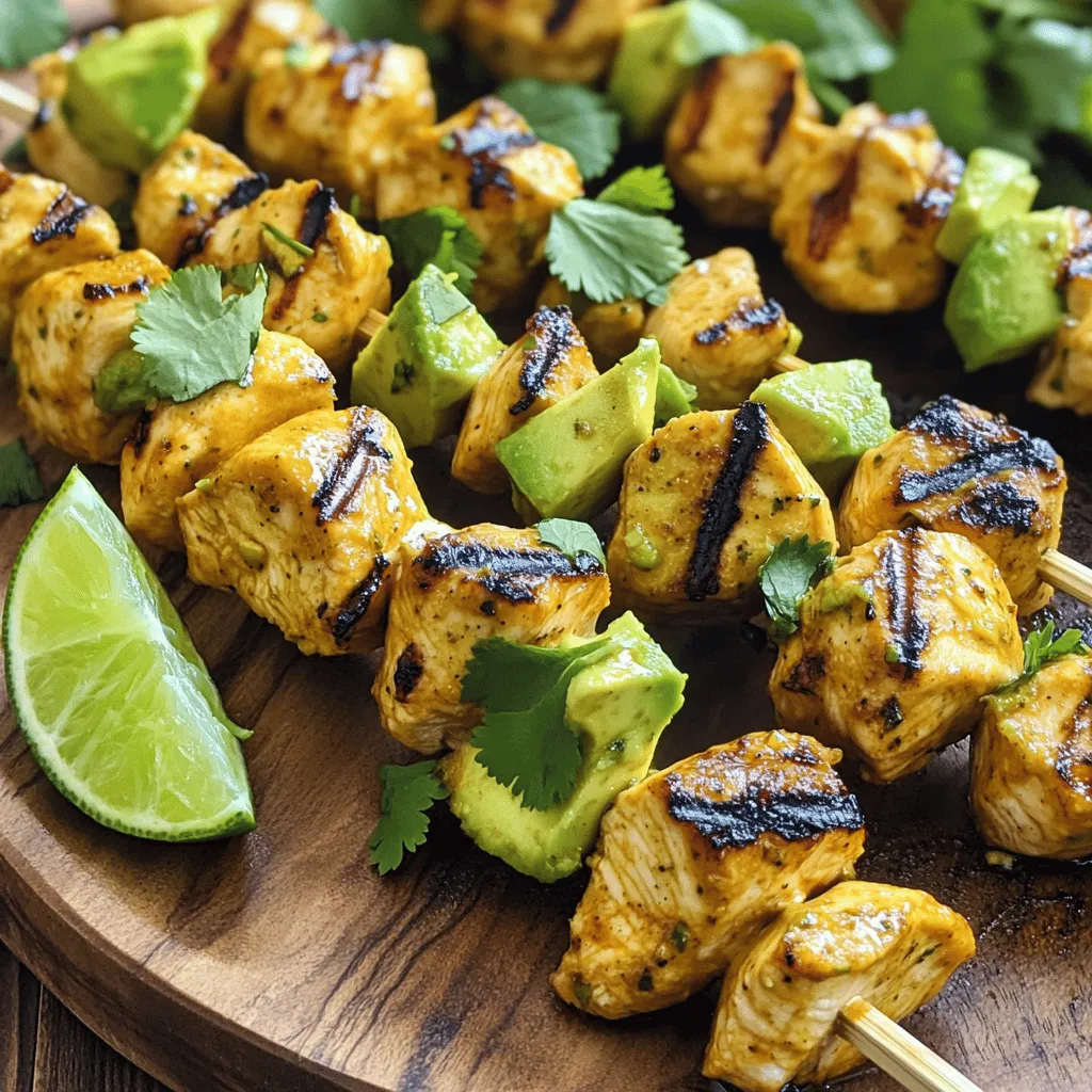 - 2 Hähnchenbrustfilets, entbeint und ohne Haut, in Würfel geschnitten - 1 reife Avocado, in Würfel geschnitten - 2 Esslöffel Olivenöl - 1 Esslöffel Limettensaft - 1 Teelöffel Limettenschale (Zeste) - 2 Knoblauchzehen, fein gehackt - 1 Teelöffel Kreuzkümmel - 1 Teelöffel geräuchertes Paprikapulver - Salz und Pfeffer nach Geschmack - Holz- oder Metallspieße (bei Verwendung von Holzspießen diese 30 Minuten in Wasser einweichen) - Frischer Koriander zur Garnierung Wenn du frische Zutaten auswählst, achte auf die Farbe und den Duft. Hähnchen sollte rosa und fest sein. Vermeide Hähnchen mit einer grauen Farbe oder unangenehmem Geruch. Die Avocado sollte weich sein, aber nicht matschig. Drücke leicht darauf; sie sollte sich sanft nachgeben. Frischer Koriander hat einen starken Duft. Wähle ihn, wenn die Blätter grün und knackig sind. Falls du keine Avocado magst, versuche Zucchini oder Paprika. Diese geben eine schöne Farbe und Textur. Du kannst auch Limettensaft durch Zitronensaft ersetzen. Für eine würzigere Marinade füge Chili-Flocken hinzu. Bei der Wahl der Spieße kannst du auch Grillpfannen benutzen, wenn du keinen Grill hast. Zuerst bereitest du die Marinade vor. Nimm eine große Schüssel und gebe das Olivenöl hinein. Füge den Limettensaft und die Limettenschale dazu. Jetzt kommt der Knoblauch, gefolgt von Kreuzkümmel und geräuchertem Paprika. Mische alles gut mit einem Schneebesen. Die Marinade sollte gleichmäßig und glatt sein. Jetzt kannst du das Hähnchen hinzufügen. Mische es gut, damit alle Stücke bedeckt sind. Decke die Schüssel ab und stelle sie für mindestens 30 Minuten in den Kühlschrank. Du kannst auch bis zu 2 Stunden warten, wenn du intensiveren Geschmack magst. Wenn die Marinade fertig ist, kannst du die Spieße vorbereiten. Nimm die marinierten Hähnchenstücke und stecke sie sorgfältig auf die Holz- oder Metallspieße. Achte darauf, abwechselnd Avocadowürfel hinzuzufügen. Pro Spieß sollten 3-4 Hähnchenstücke und 2-3 Avocadostücke sein. So bekommst du einen tollen Mix aus Geschmack und Textur. Heize den Grill oder eine Grillpfanne auf mittelhohe Hitze vor. Wenn der Grill heiß ist, lege die Spieße auf den Grill. Grill die Spieße für etwa 10-12 Minuten. Wende sie dabei gelegentlich. Das Hähnchen sollte durchgegart und schön gebräunt sein. Die Avocado wird leicht angebraten, bleibt aber cremig. Nach dem Grillen lasse die Spieße 2 Minuten ruhen, bevor du sie servierst. Garniere sie mit frischem Koriander für einen zusätzlichen Farbtupfer. Für das vollständige Rezept, schaue dir die [Full Recipe] an. Die ideale Grilltemperatur für Hähnchenspieße liegt bei mittelhoher Hitze. Dies bedeutet etwa 180 bis 200 Grad Celsius. Diese Temperatur sorgt dafür, dass das Hähnchen gleichmäßig gart. Es verhindert auch, dass die Avocado verbrennt. Die Marinierzeit spielt eine große Rolle. Für den besten Geschmack lasse das Hähnchen mindestens 30 Minuten marinieren. Du kannst es auch bis zu 2 Stunden im Kühlschrank lassen. So zieht die Marinade gut ein und macht das Hähnchen zart und aromatisch. Serviere die Spieße auf einer großen Platte. Limettenviertel und frischer Koriander machen das Gericht bunt und einladend. Für einen zusätzlichen Geschmack kannst du einen Joghurt- oder Sauerrahmdip dazu geben. Gute Beilagen sind ein frischer Salat oder gegrilltes Gemüse. Diese ergänzen die Aromen der Spieße perfekt. Wenn du mehr über die Zubereitung erfahren möchtest, findest du die Details in der [Full Recipe]. {{image_4}} Für eine mediterrane Note, füge Feta-Käse hinzu. Schneide den Feta in kleine Würfel. Stecke die Feta-Würfel abwechselnd mit dem Hähnchen und der Avocado auf die Spieße. Der Feta sorgt für einen salzigen, cremigen Geschmack. Er ergänzt die zarte Avocado perfekt. Serviere die Spieße mit einer Prise Oregano. Frischer Basilikum passt auch gut dazu. Für eine asiatische Variante, verwende Teriyaki-Sauce zur Marinade. Mische die Sauce mit etwas Limettensaft und Knoblauch. Marinier das Hähnchen darin für mindestens 30 Minuten. Die süßliche Soße gibt den Spießen einen leckeren Geschmack. Füge frisches Gemüse wie Paprika und Zwiebeln hinzu. Diese bringen noch mehr Farbe und Geschmack. Wenn du eine vegetarische Option möchtest, ersetze das Hähnchen durch Tofu. Wähle festen Tofu und schneide ihn in Würfel. Marinier den Tofu wie im Rezept beschrieben. Achte darauf, dass er gut die Aromen aufnimmt. Du kannst auch Gemüse wie Zucchini oder Pilze verwenden. Diese machen die Spieße bunt und lecker. Für mehr Details zu den Zesty Avocado Hähnchenspießen, schau dir das [Full Recipe] an. Wenn du Reste von den Zesty Avocado Hähnchenspießen hast, lagere sie in einem luftdichten Behälter. So bleiben sie frisch und lecker. Es ist wichtig, die Reste möglichst schnell zu kühlen. Lass die Spieße nicht länger als zwei Stunden bei Raumtemperatur stehen. Im Kühlschrank halten die Spieße bis zu drei Tage. Stelle sicher, dass der Behälter gut verschlossen ist, um Gerüche zu vermeiden. Du kannst die Spieße kalt genießen oder sie kurz aufwärmen. Zum Aufwärmen empfehle ich die Mikrowelle oder die Pfanne. So bleibt die Avocado cremig und das Hähnchen zart. Wenn du die Spieße länger aufbewahren möchtest, friere sie ein. Lege die Spieße in einem Gefrierbeutel oder einem luftdichten Behälter. Achte darauf, die Luft herauszudrücken, um Gefrierbrand zu vermeiden. Die Spieße können bis zu drei Monate im Gefrierfach bleiben. Um sie aufzutauen, lege sie über Nacht in den Kühlschrank. Nach dem Auftauen kannst du sie grillen oder in der Pfanne erwärmen. So hast du jederzeit einen gesunden Snack bereit! Die Zubereitung der zesty avocado Hähnchenspieße dauert insgesamt etwa 45 Minuten. Du benötigst 10 Minuten für die Vorbereitung und 30 bis 120 Minuten zum Marinieren. Das Grillen selbst dauert 10 bis 12 Minuten. Diese Schritte machen es einfach, in kurzer Zeit ein leckeres Gericht zu zaubern. Ja, du kannst die Spieße auch im Ofen zubereiten. Heize deinen Ofen auf 200 Grad Celsius vor. Lege die Spieße auf ein Backblech mit Backpapier. Grille sie etwa 15 bis 20 Minuten, bis das Hähnchen durchgegart ist. Wende die Spieße einmal, damit sie gleichmäßig bräunen. Für die zesty avocado Hähnchenspieße passen viele Beilagen gut. Hier sind einige Empfehlungen: - Frischer Salat mit Limetten-Dressing - Gegrilltes Gemüse wie Paprika und Zucchini - Reis oder Quinoa für mehr Füllung - Tortillas für ein Wrap-Erlebnis - Ein Joghurt- oder Sauerrahmdip für zusätzliche Cremigkeit Besuche den [Full Recipe] für mehr Details zu den Spießen und deren Zubereitung! Am Anfang haben wir die besten Zutaten für die zesty Avocado Hähnchenspieße besprochen. Du hast Tipps zur Auswahl frischer Produkte und Alternativen gefunden. Dann haben wir die Schritt-für-Schritt-Anleitung zum Grillen durchgegangen. Wir haben auch wichtige Tricks für den perfekten Geschmack geteilt. Zudem hast du verschiedene Variationen und Lagerungshinweise kennengelernt. Egal, ob du es klassisch oder kreativ magst, diese Spieße bringen viel Freude. Experimentiere mit den Ideen und genieße dein Essen!