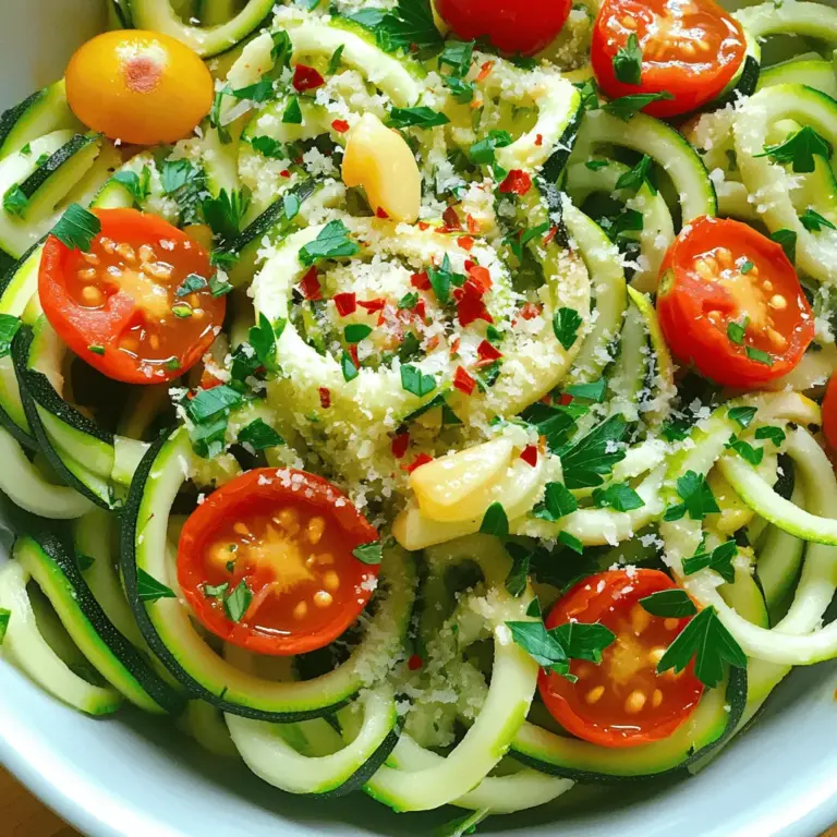 Um die Knoblauch-Kräuter Zoodle Schalen zu machen, brauchst du folgende Zutaten: - 4 mittelgroße Zucchini (für Zoodles) - 2 Esslöffel Olivenöl - 4 Knoblauchzehen, fein gehackt - 1 Teelöffel getrockneter Oregano - 1 Teelöffel getrocknetes Basilikum - 1/2 Teelöffel rote Pfefferflocken (optional) - Salz und Pfeffer nach Geschmack - 1 Tasse Kirschtomaten, halbiert - 1/4 Tasse frische Petersilie, gehackt - 1/4 Tasse geriebener Parmesan (optional zum Servieren) Jede Zutat bringt ihren eigenen Geschmack mit. Zucchini sind die Basis und machen das Gericht leicht und gesund. Knoblauch gibt dir das tolle Aroma. Die Kräuter sorgen für frische und Tiefe. Um die Zoodle Schalen einfach zuzubereiten, brauchst du: - Einen Spiralschneider oder Gemüseschneider - Eine große Pfanne - Ein scharfes Messer - Ein Schneidebrett - Einen Holzlöffel zum Rühren Diese Utensilien helfen dir, das Gericht schnell und einfach zuzubereiten. Der Spiralschneider macht das Schneiden der Zucchini zum Vergnügen. Wähle frische Zucchini. Sie sollten fest sein und keine dunklen Flecken haben. Achte darauf, dass die Kirschtomaten reif sind. Frische Kräuter geben den besten Geschmack. Zutaten wie Olivenöl und Gewürze sind lange haltbar. Du kannst die Zoodles im Kühlschrank aufbewahren. Achte darauf, sie in einem luftdichten Behälter zu lagern. So bleiben sie frisch. Für das vollständige Rezept kannst du [Full Recipe] hier finden. Um Zoodles zu machen, nehmen Sie die Zucchini. Nutzen Sie einen Spiralschneider. Wenn Sie keinen haben, verwenden Sie einen Gemüseschneider. Schneiden Sie lange, dünne Streifen. Diese Streifen sind die Zoodles. Sie sind leicht und gesund. Zoodles passen gut zu vielen Gerichten. Erhitzen Sie das Olivenöl in einer großen Pfanne. Warten Sie bis das Öl heiß ist. Fügen Sie dann den gehackten Knoblauch hinzu. Lassen Sie ihn etwa eine Minute braten. Der Knoblauch sollte gut riechen, aber nicht braun werden. Geben Sie die Zoodles in die Pfanne. Garen Sie sie für 3-4 Minuten. Rühren Sie sie oft um. Die Zoodles sollten weich, aber noch bissfest sein. Streuen Sie den getrockneten Oregano und Basilikum über die Zoodles. Fügen Sie Salz und Pfeffer hinzu. Mischen Sie alles gut. Jetzt sind die Zoodles fast fertig! Geben Sie die halbierten Kirschtomaten dazu. Lassen Sie alles 2 Minuten kochen. Nehmen Sie die Pfanne vom Herd. Rühren Sie die frische Petersilie ein. Servieren Sie die Zoodle Schalen warm. Wenn Sie möchten, fügen Sie geriebenen Parmesan hinzu. So lecker und einfach! Für das vollständige Rezept, siehe [Full Recipe]. Wählen Sie frische Zucchini aus. Diese sollten fest und glatt sein. Achten Sie auf die Farbe: ein tiefes Grün ist ideal. Vermeiden Sie Zucchini mit weichen Stellen oder Flecken. Kleinere Zucchini haben meist einen besseren Geschmack und sind weniger wässrig. Diese eignen sich perfekt für die Zoodles. Fügen Sie frische Kräuter hinzu, um den Geschmack zu verbessern. Petersilie, Schnittlauch oder Minze sind tolle Optionen. Experimentieren Sie mit Gewürzen wie Zitronenschale oder Knoblauchpulver. Für mehr Schärfe können Sie auch Chili oder Jalapeños verwenden. Achten Sie darauf, die Zoodles nicht zu lange zu garen. Sie sollen zart, aber nicht matschig sein. So bleibt der Biss erhalten. Servieren Sie die Zoodle Schalen in großen, bunten Schalen. Ein Klecks Pesto oder eine Prise Parmesan macht das Gericht noch schmackhafter. Garnieren Sie mit frischen Kräutern für einen schönen Look. Auch geröstete Nüsse oder Samen geben einen tollen Crunch. Diese Zoodle Schalen sind nicht nur lecker, sondern auch ein echter Hingucker. Nutzen Sie die Tipps für die Zubereitung, um das Beste aus Ihrer Knoblauch-Kräuter Zoodle Rezept zu machen! {{image_4}} Um deine Zoodle Bowl aufregender zu machen, füge mehr Gemüse hinzu. Du kannst Paprika, Karotten oder Spinat verwenden. Jeder Biss wird bunter und leckerer. Diese Gemüse sind einfach zuzubereiten. Schneide sie klein und brate sie mit den Zoodles. So bekommst du mehr Nährstoffe und mehr Geschmack. Möchtest du mehr Protein? Füge Hühnchen, Garnelen oder Tofu hinzu. Diese Zutaten machen das Gericht nahrhafter. Brate das Protein einfach in der gleichen Pfanne. So sparst du Zeit und Geschirr. Du kannst auch Kichererbsen oder schwarze Bohnen verwenden, wenn du es vegetarisch magst. Für eine vegane Version lasse den Parmesan weg. Verwende stattdessen Nährhefe für einen käsigen Geschmack. Du kannst auch glutenfreie Sojasauce für mehr Würze hinzufügen. Überprüfe die Zutaten der Soßen, um sicherzustellen, dass sie glutenfrei sind. Diese Optionen machen dein Gericht gesund und lecker. Für das komplette Rezept schaue dir die [Full Recipe] an! Um übrig gebliebene Zoodles zu lagern, sollten Sie sie zuerst abkühlen lassen. Danach legen Sie sie in einen luftdichten Behälter. Achten Sie darauf, dass die Zoodles nicht zu nass sind. Feuchtigkeit kann die Zoodles matschig machen. Wenn Sie möchten, können Sie etwas Olivenöl hinzufügen. Das hilft, die Zoodles frisch zu halten. Die Zoodles bleiben im Kühlschrank etwa 2 bis 3 Tage frisch. Wenn Sie die Zoodles länger aufbewahren möchten, können Sie sie einfrieren. Legen Sie sie dazu in einen Gefrierbeutel. Achten Sie darauf, die Luft herauszudrücken, bevor Sie den Beutel verschließen. So bleiben die Zoodles bis zu 2 Monate haltbar. Um die Zoodle Schalen aufzuwärmen, können Sie die Mikrowelle oder die Pfanne verwenden. Wenn Sie die Mikrowelle nutzen, geben Sie die Zoodles in eine Schüssel. Decken Sie die Schüssel mit einem feuchten Tuch ab, damit sie nicht austrocknen. Erhitzen Sie die Zoodles in kurzen Intervallen von 30 Sekunden. Wenn Sie eine Pfanne benutzen, erhitzen Sie sie bei mittlerer Hitze. Fügen Sie einen Esslöffel Olivenöl hinzu, um die Zoodles wieder weich zu machen. Rühren Sie sie gut um, bis sie warm sind. Wenn du keinen Spiralschneider hast, mach dir keine Sorgen! Du kannst einen Gemüseschäler nutzen. Schäle die Zucchini in dünne Streifen. Dann schneide die Streifen in schmale, lange Stücke. So bekommst du eine ähnliche Form wie Zoodles. Eine Reibe kann auch helfen. Sie gibt dir kleine Stücke, die gut schmecken. Ja, du kannst viele verschiedene Kräuter ausprobieren! Frischer Schnittlauch, Thymian oder Dill passen gut. Wenn du frische Kräuter hast, nutze sie. Sie geben dem Gericht mehr Geschmack. Du kannst auch andere getrocknete Kräuter verwenden. Sei kreativ und finde deinen eigenen Mix! Zoodles sind eine tolle, gesunde Wahl. Sie sind kalorienarm und reich an Vitaminen. Zucchini enthält viel Wasser, was gut für dein Trinkverhalten ist. Außerdem sind sie glutenfrei und helfen bei einer gesunden Ernährung. Zoodles sind eine großartige Option für jeden, der weniger Kohlenhydrate essen möchte. Wenn du mehr über die Vorteile von Zoodles lernen möchtest, schau dir das [Full Recipe] an! Zoodle Schalen sind einfach und lecker. Wir haben die Hauptzutaten und Küchenutensilien besprochen. Du hast gelernt, wie man Zoodles macht und sie richtig anrichtet. Die Tipps helfen dir, die besten Zutaten auszuwählen und den Geschmack anzupassen. Mit Variationen kannst du dein Gericht aufpeppen. Außerdem wissen wir jetzt, wie man Reste richtig lagert. Probiere es aus und genieße gesunde, bunte Zoodle Schalen! Es lohnt sich, kreativ zu sein und neue Geschmackskombinationen zu entdecken.