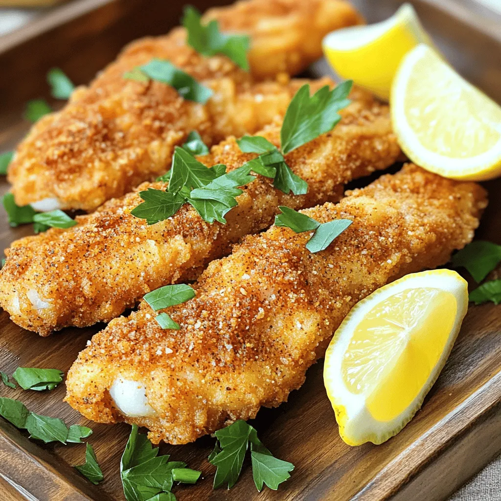 Für die Zubereitung von Southern Fried Catfish benötigst du: - 4 Zanderfilets (ca. 450 g) - 500 ml Buttermilch - 120 g Maismehl - 65 g Weizenmehl - 1 Esslöffel Cajun-Gewürzmischung - 1 Teelöffel Knoblauchpulver - 1 Teelöffel Zwiebelpulver - 1/2 Teelöffel Cayennepfeffer (nach Geschmack anpassen) - Salz und Pfeffer nach Geschmack - Pflanzenöl zum Frittieren Diese Zutaten sind der Schlüssel zu einem knusprigen und schmackhaften Gericht. Die Buttermilch macht den Fisch zart und gibt ihm einen tollen Geschmack. Die Mischung aus Mais- und Weizenmehl sorgt für eine perfekte Panade. Ich empfehle, deine Zanderfilets mit frischen Zitronenschnitzen zu servieren. Der Saft bringt eine frische Note. Frische Petersilie als Garnitur macht das Gericht noch schöner. Wenn du nach passenden Beilagen suchst, probiere: - Kartoffelsalat - Coleslaw - Gebratene grüne Bohnen Diese Beilagen ergänzen die Aromen des Fisches gut. Sie bringen Farbe und Vielfalt auf den Teller. Für mehr Details, sieh dir das [Full Recipe] an. Um den Zander zart zu machen, benutze ich Buttermilch. Die Säure im Buttermilch hilft, das Fleisch zu erweichen. Lege die Zanderfilets in eine große Schüssel. Gieße die Buttermilch darüber, bis die Filets ganz bedeckt sind. Decke die Schüssel ab und stelle sie in den Kühlschrank. Marinier die Filets mindestens eine Stunde. Du kannst sie auch über Nacht marinieren, um den Geschmack zu intensivieren. Für die Panade mische ich verschiedene Mehle und Gewürze. Ich nehme Maismehl und Weizenmehl. Das Maismehl gibt eine knusprige Textur. Die Cajun-Gewürzmischung macht die Panade besonders. Füge Knoblauchpulver und Zwiebelpulver hinzu. Cayennepfeffer bringt etwas Schärfe. Salz und Pfeffer nach Geschmack machen die Mischung perfekt. Mische alles gut in einer flachen Schüssel. Nimm die Zanderfilets aus der Buttermilch. Lass die überschüssige Flüssigkeit abtropfen. Wende jedes Filet in der Mehlmischung. Drücke leicht, damit die Panade gut haftet. Schüttle die Filets, um die überschüssige Panade zu entfernen. Erhitze in einer großen Pfanne Pflanzenöl. Das Öl sollte etwa 1,25 cm hoch sein. Erwärme das Öl auf mittelhoher Hitze bis 180°C. Lege vorsichtig die panierten Zanderfilets ins heiße Öl. Frittiere sie in Chargen. Achte darauf, die Pfanne nicht zu überfüllen. Frittiere die Filets etwa 5-7 Minuten, bis sie goldbraun sind. Wende die Filets mit einem Schaumlöffel für eine gleichmäßige Bräunung. Für die vollständige Anleitung schau dir das [Full Recipe] an. Um eine knusprige Panade zu erzielen, ist die Marinade wichtig. Buttermilch macht den Fisch zart und saftig. Lassen Sie die Zanderfilets mindestens eine Stunde marinieren. So nehmen sie die Aromen gut auf. Die Öltemperatur ist ebenfalls entscheidend. Erhitzen Sie das Öl auf 180°C. Ein Küchen-Thermometer hilft, die Temperatur zu überprüfen. Frittieren Sie die Filets in Chargen. So bleibt die Hitze konstant und die Panade wird schön knusprig. Ein häufiger Fehler ist das Überfüllen der Pfanne. Wenn die Pfanne zu voll ist, sinkt die Temperatur des Öls. Das führt zu einer matschigen Panade. Frittieren Sie lieber in kleinen Mengen. Ein weiterer Fehler ist die zu lange Marinierzeit. Marinieren Sie die Zanderfilets nicht länger als über Nacht. Sonst wird der Fisch zu weich und verliert die Struktur. Servieren Sie die Zanderfilets mit Zitronenschnitzen. Der frische Geschmack von Zitrone passt gut zum Fisch. Für Dips empfehle ich eine Remoulade oder eine scharfe Sauce. Diese bringen extra Geschmack. Als Beilagen passen Kartoffelsalat oder Coleslaw. Beide sind klassisch und einfach zuzubereiten. Für mehr Details und eine vollständige Anleitung schauen Sie sich das [Full Recipe] an. {{image_4}} Welcher Fisch eignet sich für das Rezept? Zander ist großartig, aber auch andere Fische passen gut. Du kannst Kabeljau, Tilapia oder sogar Wels verwenden. Diese Fische haben einen milden Geschmack und eine feste Textur. Jeder Fisch bringt sein eigenes Aroma mit. Kabeljau hat eine sanfte Süße, während Tilapia zart und leicht nussig ist. Wels hat einen kräftigen, fast erdigen Geschmack. Die Wahl hängt von deinen Vorlieben ab. Wie kann ich die Gewürzmischung abwandeln? Du kannst die Cajun-Gewürzmischung leicht verändern. Füge etwas Paprika für mehr Süße hinzu oder experimentiere mit Kreuzkümmel für einen anderen Flair. Was sind weitere Gewürzoptionen? Probiere italienische Kräuter wie Oregano und Basilikum. Diese geben dem Fisch einen neuen Twist. Auch eine Mischung aus Zitrone und Dill passt gut. So kannst du verschiedene Geschmäcker erkunden und deinen eigenen Stil finden. Für das vollständige Rezept, schau dir die Seite mit dem Full Recipe an. Um die Reste von deinem friedlichen Zander richtig zu lagern, folge diesen Tipps: - Lass den Fisch zuerst auf Raumtemperatur abkühlen. - Pack ihn dann in einen luftdichten Behälter. - Stelle sicher, dass der Behälter gut verschlossen ist. - Lagere ihn im Kühlschrank. Die Reste bleiben so bis zu drei Tage frisch. Du kannst sie einfach wieder aufwärmen, aber beachte die Haltbarkeit. Wenn du die Reste aufwärmen möchtest, gibt es einige Methoden. Hier sind meine besten Tipps: - Verwende eine Pfanne oder eine Fritteuse, um die Panade knusprig zu halten. - Vermeide die Mikrowelle, da sie den Fisch weich machen kann. - Erhitze das Öl bei mittlerer Hitze. - Lege die Filets vorsichtig hinein und wärme sie etwa 3-4 Minuten auf jeder Seite. So bleibt der leckere Geschmack erhalten und der Fisch bleibt knusprig. Die Zanderfilets sollten mindestens 1 Stunde in der Buttermilch marinieren. So zieht der Geschmack gut ein. Wenn du Zeit hast, lasse sie über Nacht im Kühlschrank. Das macht den Fisch noch zarter. Ein längeres Marinieren hilft, die Aromen zu vertiefen und den Fisch perfekt zu machen. Es gibt einige Gründe, warum die Panade nicht knusprig wird. Mögliche Ursachen sind: - Feuchter Fisch: Wenn die Zanderfilets zu nass sind, haftet die Panade nicht gut. - Falsche Öltemperatur: Ist das Öl zu kalt, wird die Panade nicht knusprig. Achte darauf, dass das Öl etwa 180°C heiß ist. - Überfüllte Pfanne: Wenn du zu viele Filets auf einmal frittierst, sinkt die Temperatur des Öls. Frittiere in kleinen Chargen für das beste Ergebnis. Ja, du kannst die Zanderfilets auch im Ofen zubereiten. Heize den Ofen auf 200°C vor. Lege die panierten Filets auf ein mit Backpapier belegtes Blech. Backe sie für etwa 15-20 Minuten, bis sie goldbraun sind. Das Backen ist eine gesündere Methode, aber die Frittier-Variante hat den besten Geschmack. Dieses Rezept kann gesund sein, wenn du auf die Portionen achtest. Zander ist ein magerer Fisch und reich an Eiweiß. Die Buttermilch sorgt für Feuchtigkeit, ohne viele Kalorien hinzuzufügen. Die Panade enthält jedoch Mehl und Öl, die den Kaloriengehalt erhöhen. Du kannst die Panade auch mit Vollkornmehl zubereiten. So wird das Rezept nahrhafter. Dieses Rezept für Zanderfilets mit Panade bietet viele einfache Schritte. Sie lernen, wie man den Fisch marinieren, panieren und frittieren kann. Knusprige Ergebnisse sind leicht erreichbar, wenn Sie die Tipps beachten. Zum Servieren empfehle ich kräftige Saucen und frische Beilagen. Am Ende ist es einfach, eine köstliche Mahlzeit zuzubereiten. Experimentieren Sie mit verschiedenen Fischen und Gewürzen für neue Geschmäcker. Halten Sie Reste frisch und genießen Sie den Fisch immer wieder. Kochen macht Spaß, und genussvolle Abende warten auf Sie!