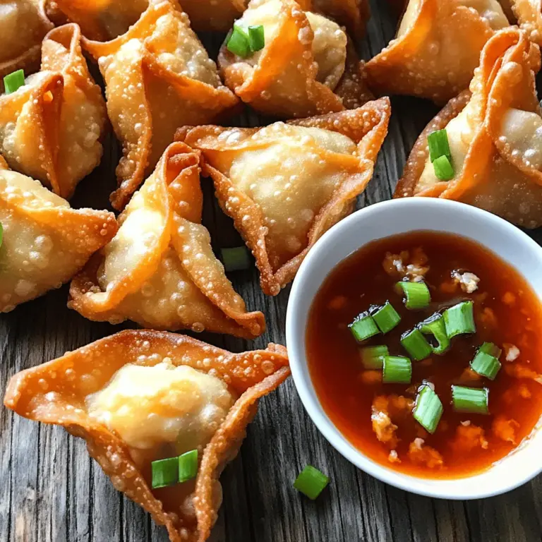 - 225 g Frischkäse, weichgeklopft - 60 ml Frühlingszwiebeln, fein gehackt - 60 ml gekochtes Krabbenfleisch oder Imitationskrabbe (optional) Die Hauptzutaten machen die Wontons besonders lecker. Frischkäse gibt die cremige Basis. Er sorgt für einen tollen Geschmack und eine tolle Textur. Frühlingszwiebeln bringen Frische und etwas Schärfe. Wenn Sie Krabbenfleisch hinzufügen, bekommen Sie eine besondere Note. Es macht die Wontons noch köstlicher. - 1 Teelöffel Knoblauchpulver - 1 Teelöffel Sojasauce Würzungen sind der Schlüssel zum Geschmack. Knoblauchpulver bringt ein tolles Aroma. Es passt perfekt zu Frischkäse und Zwiebeln. Sojasauce fügt einen salzigen, umami-Geschmack hinzu. Diese Kombination macht die Füllung würzig und lecker. - 1 Packung Wontonteigblätter - 1 Ei, geschlagen (zum Versiegeln) - Bratöl (zum Frittieren) Der Wontonteig ist dünn und knusprig. Er hält die Füllung gut zusammen. Das geschlagene Ei dient als Kleber. Es hilft, die Ränder gut zu versiegeln. Bratöl ist wichtig zum Frittieren. Es sorgt dafür, dass die Wontons goldbraun und knusprig werden. Für das beste Ergebnis verwenden Sie genug Öl und erhitzen es richtig. Um die perfekte knusprige Textur zu erzielen, ist das Frittieren der nächste Schritt. Für die vollständige Anleitung schauen Sie sich das Full Recipe an. Zuerst nehmen Sie eine große Rührschüssel. Fügen Sie 225 g Frischkäse hinzu. Der Frischkäse sollte weich und cremig sein. Jetzt geben Sie 60 ml fein gehackte Frühlingszwiebeln dazu. Wenn Sie mögen, können Sie auch 60 ml gekochtes Krabbenfleisch hinzufügen. Fügen Sie einen Teelöffel Knoblauchpulver und einen Teelöffel Sojasauce hinzu. Mischen Sie alles gut, bis eine glatte Füllung entsteht. Diese Füllung ist der Star Ihrer Wontons. Legen Sie die Wontonteigblätter auf eine saubere Fläche. Halten Sie eine kleine Schüssel mit Wasser bereit. Nehmen Sie etwa einen Teelöffel der Füllung und geben Sie sie in die Mitte eines Teigblattes. Befeuchten Sie die Ränder des Teigblattes leicht mit Wasser oder geschlagenem Ei. Falten Sie das Blatt in der Mitte, um ein Dreieck zu bilden. Drücken Sie die Ränder fest zusammen, um das Wonton zu versiegeln. Für eine besondere Form können Sie auch die Ecken zur Mitte klappen. Erhitzen Sie das Bratöl in einer tiefen Pfanne oder einem Topf auf mittlerer Hitze. Die Temperatur sollte etwa 175 °C betragen. Frittieren Sie die Wontons portionsweise, um sie gleichmäßig zu garen. Kochen Sie sie etwa 2-3 Minuten auf jeder Seite, bis sie goldbraun sind. Nehmen Sie die Wontons aus dem Öl und lassen Sie sie auf Küchenpapier abtropfen. Servieren Sie sie heiß mit süß-saurer Sauce. Diese knusprigen Wontons sind perfekte Party-Häppchen! Um perfekte Wontons zu machen, achte auf das Versiegeln der Ränder. Das ist wichtig, damit die Füllung nicht herausläuft. Nimm ein wenig geschlagenes Ei und bestreiche die Ränder jedes Teigblattes. Das Ei wirkt wie ein Kleber. Drücke die Ränder fest zusammen. Wenn du magst, kannst du die Ecken zur Mitte falten. Das gibt den Wontons eine schöne Form. Die Öltemperatur ist entscheidend für knusprige Ergebnisse. Erhitze das Öl auf etwa 175 °C. Ein Küchenthermometer hilft dir, die Temperatur genau zu messen. Wenn das Öl zu kalt ist, werden die Wontons fettig. Ist es zu heiß, verbrennen sie schnell. Frittiere die Wontons in kleinen Portionen. So garen sie gleichmäßig und werden schön knusprig. Wontons schmecken am besten mit Dips. Serviere sie mit süß-saurer Sauce oder Soja-Sauce. Du kannst auch scharfe Sauce für einen Kick anbieten. Für eine frische Note ergänze sie mit geschnittenen Frühlingszwiebeln oder Koriander. Diese kleinen Extras machen den Unterschied und verleihen den Wontons mehr Geschmack. {{image_4}} Für vegane Wontons können Sie pflanzlichen Frischkäse verwenden. Diese Alternative schmeckt großartig und bleibt cremig. Achten Sie darauf, dass der Frischkäse aus hochwertigen Zutaten besteht. Er passt gut zu den anderen Aromen. Sie können auch etwas Zitronensaft für mehr Frische hinzufügen. So bleibt der Geschmack lebendig und lecker. Knoblauchpulver ist eine tolle Zutat. Aber es gibt viele Alternativen, die Sie probieren können. Zum Beispiel können Sie Zwiebelpulver oder Paprikapulver verwenden. Diese Gewürze bringen andere Geschmäcker in die Wontons. Sie können auch frische Kräuter wie Schnittlauch oder Petersilie hinzufügen. Diese geben den Wontons Frische und Farbe. Die Füllung ist der Schlüssel zu einem guten Wonton. Sie können Gemüse oder Hühnchen verwenden. Für die Gemüsefüllung sind Spinat und Karotten sehr beliebt. Sie bringen Farbe und gesunde Nährstoffe. Wenn Sie Hühnchen verwenden, kochen Sie es zuerst und zerkleinern Sie es. Mischen Sie es dann mit Frischkäse für einen herzhaften Geschmack. Diese kreativen Optionen machen die Wontons noch interessanter und leckerer. Für die besten Ergebnisse und mehr Details schauen Sie sich das vollständige Rezept an. Um übrig gebliebene Wontons aufzubewahren, lasse sie zuerst abkühlen. Lege die Wontons in einen luftdichten Behälter. Sie bleiben so frisch für etwa drei Tage. Wenn du sie länger aufbewahren möchtest, friere sie besser ein. Für die Tiefkühlung sind frische Wontons am besten. Lege sie auf ein Backblech und stelle sicher, dass sie nicht berühren. Friere sie für etwa zwei Stunden ein. Danach kannst du sie in einen luftdichten Beutel umfüllen. So bleiben sie bis zu drei Monate frisch. Um die Wontons wieder aufzuwärmen, heize das Öl auf 175 °C. Frittiere die Wontons für 1 bis 2 Minuten, bis sie heiß und knusprig sind. Alternativ kannst du sie auch im Ofen bei 180 °C für 10 Minuten aufwärmen. So werden sie wieder schön knusprig und lecker. Wontons bleiben frisch, wenn man sie richtig lagert. Ungekochte Wontons halten sich im Kühlschrank etwa zwei Tage. Gekochte Wontons sind bis zu drei Tage haltbar. Um die Wontons frisch zu halten, bewahre sie in einem luftdichten Behälter auf. So bleiben sie knusprig und schmackhaft. Ja, du kannst die Wontons auch im Ofen backen. Heize den Ofen auf 200 °C vor. Lege die Wontons auf ein mit Backpapier ausgelegtes Blech. Bestreiche sie leicht mit Öl, um eine goldbraune Farbe zu erhalten. Backe die Wontons etwa 15-20 Minuten, bis sie knusprig sind. Diese Methode ist gesünder als Frittieren, aber die Wontons sind nicht ganz so knusprig. Die süß-saure Sauce ist der beste Dip für Wontons. Sie ergänzt den cremigen Geschmack der Füllung perfekt. Du kannst auch Sojasauce oder scharfe Chilisauce verwenden, wenn du es würziger magst. Experimentiere ruhig mit verschiedenen Saucen, um deinen persönlichen Favoriten zu finden! Zusammenfassend sind Wontons eine köstliche und vielseitige Speise. Wir haben die Hauptzutaten, die Zubereitung und wichtige Tipps behandelt. Es ist einfach, kreative Variationen auszuprobieren, von veganen Optionen bis zu neuen Füllungen. Wenn Sie die Wontons richtig lagern oder aufwärmen, bleiben sie frisch und lecker. Nutzen Sie die vielen Dips, um das Essen zu verfeinern. Viel Spaß beim Ausprobieren und Genießen Ihrer selbstgemachten Wontons!