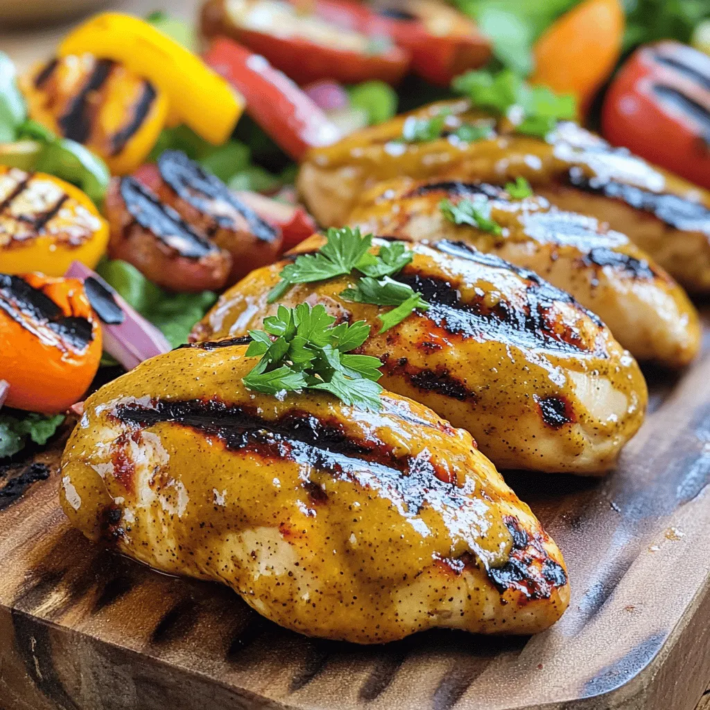 Für das Honig-Senf gegrillte Hähnchen brauchst du einige einfache Zutaten. Hier ist eine Liste: - 4 Stück Hähnchenbrustfilets, ohne Haut und Knochen - 60 ml Honig - 60 ml Dijon-Senf - 30 ml Olivenöl - 30 ml Apfelessig - 2 Zehen Knoblauch, fein gehackt - 1 Teelöffel getrockneter Thymian - Salz und Pfeffer nach Geschmack - Frische Petersilie, gehackt (zum Garnieren) Diese Zutaten ergeben eine leckere Marinade, die das Hähnchen zart macht und ihm viel Geschmack verleiht. Wenn du dein Honig-Senf Hähnchen noch interessanter machen möchtest, kannst du einige optionale Zutaten hinzufügen: - Cayennepfeffer für etwas Schärfe - Zitronensaft für einen frischen Kick - Honig-Senf-Dressing für zusätzliche Süße - Verschiedene Kräuter wie Rosmarin oder Oregano Diese Variationen helfen dir, den Geschmack deinem persönlichen Stil anzupassen. Achte beim Kauf der Zutaten auf Qualität. Hier sind einige Tipps: - Wähle frische Hähnchenbrustfilets. Sie sollten rosa und fest sein. - Suche nach echtem Honig, nicht nach gezuckertem Sirup. - Verwende Dijon-Senf für den besten Geschmack. Er ist würzig und mild zugleich. - Frische Kräuter sind immer besser als getrocknete. Sie bringen mehr Aroma. Mit diesen Tipps stellst du sicher, dass dein Gericht köstlich wird. Für das volle Rezept, schau dir die [Full Recipe] an. Um die Marinade zu machen, nehme eine Schüssel. Füge den Honig, Dijon-Senf, Olivenöl und Apfelessig hinzu. Dann gib die fein gehackten Knoblauchzehen und den getrockneten Thymian dazu. Streue Salz und Pfeffer nach Geschmack hinein. Rühre alles gut mit einem Schneebesen um. Du solltest eine glatte Marinade erhalten, die köstlich duftet. Nimm die Hähnchenbrustfilets und lege sie in einen Zip-Lock-Beutel oder eine flache Schüssel. Gieße die Marinade gleichmäßig über das Hähnchen. Schließe den Beutel oder decke die Schüssel ab. Lasse das Hähnchen mindestens eine Stunde im Kühlschrank marinieren. Für mehr Geschmack lasse es bis zu vier Stunden marinieren. So wird das Hähnchen schön saftig und aromatisch. Heize deinen Grill auf mittelhohe Hitze vor. Nimm die Hähnchenbrustfilets aus der Marinade und lasse die überschüssige Marinade abtropfen. Lege die Filets auf den Grill und grille sie etwa 6-7 Minuten auf jeder Seite. Achte darauf, dass die Kerntemperatur 75°C erreicht. So ist das Hähnchen durch und hat ein schönes Grillmuster. Nachdem du das Hähnchen gegrillt hast, lasse es für fünf Minuten ruhen. Dann kannst du es in Scheiben schneiden. Garniere es mit frisch gehackter Petersilie. Das macht dein Gericht noch ansprechender. Um Honig-Senf gegrilltes Hähnchen perfekt zuzubereiten, sind einige Grilltechniken wichtig. Heize deinen Grill auf mittelhohe Hitze vor. Dies sorgt für schöne Grillstreifen und gleichmäßiges Garen. Lege das Hähnchen auf den Grill und lasse es ungestört. Das Wenden zu früh kann das Fleisch zerreißen. Nach etwa 6-7 Minuten kannst du es wenden. Die Marinierzeit spielt eine große Rolle für den Geschmack. Ich empfehle, das Hähnchen mindestens eine Stunde zu marinieren. Besser ist es, das Hähnchen 4 Stunden im Kühlschrank zu lassen. So zieht die Marinade tief ins Fleisch ein und macht es saftig und aromatisch. Für die Zubereitung sind ein paar einfache Küchentools nützlich. Du brauchst eine große Schüssel für die Marinade. Ein Zip-Lock-Beutel ist ideal, um das Hähnchen zu marinieren. Ein Grillthermometer hilft dir, die richtige Kerntemperatur von 75 °C zu erreichen. Ein Schneebesen ist perfekt, um die Marinade gut zu vermischen. All diese Tools sorgen für beste Ergebnisse und weniger Stress beim Kochen. {{image_4}} Sie können die Honig-Senf Marinade leicht anpassen. Probieren Sie zum Beispiel eine BBQ-Marinade mit rauchigem Geschmack. Mischen Sie Honig, Sojasauce und geräucherten Paprika. Eine andere Option ist eine süß-scharfe Marinade. Mischen Sie Honig, Senf und einen Spritzer Sriracha. Diese Varianten geben dem Hähnchen einen neuen Twist und viel Geschmack. Das Honig-Senf Gegrillte Hähnchen passt gut zu vielen Beilagen. Überlegen Sie sich, einen frischen grünen Salat zu servieren. Ein einfacher Couscous-Salat mit Gemüse ist auch toll. Gegrilltes Gemüse wie Paprika oder Zucchini bringt Farbe auf den Tisch. Für Kohlenhydrate sind Kartoffeln oder Reis immer eine gute Wahl. Diese Kombinationen machen Ihre Mahlzeit bunt und lecker. Wenn Sie eine vegane oder vegetarische Option suchen, sind Tofu oder Tempeh großartige Alternativen. Marinieren Sie Tofu in der gleichen Honig-Senf-Mischung. Grillen Sie ihn dann, bis er goldbraun ist. Für eine herzhaftere Variante verwenden Sie Portobello-Pilze. Diese Pilze nehmen die Marinade gut auf und haben einen tollen Geschmack. So können auch Nicht-Fleischesser das Grillvergnügen genießen. Für das vollständige Rezept schauen Sie sich die [Full Recipe] an. Wenn Sie Reste vom Honig-Senf gegrillten Hähnchen haben, bewahren Sie diese sicher auf. Legen Sie die Reste in einen luftdichten Behälter. Im Kühlschrank bleiben sie frisch für 3 bis 4 Tage. Wenn Sie länger aufbewahren möchten, frieren Sie das Hähnchen ein. Verwenden Sie hierfür einen Gefrierbeutel oder einen gefrierfesten Behälter. So bleibt es bis zu 3 Monate gut. Beim Aufwärmen ist es wichtig, das Hähnchen gleichmäßig zu erhitzen. Sie können das Hähnchen in der Mikrowelle aufwärmen. Stellen Sie die Leistung auf mittel und erwärmen Sie es in 30-Sekunden-Intervallen. Prüfen Sie die Temperatur. Alternativ können Sie es in einer Pfanne bei niedriger Hitze erwärmen. Fügen Sie etwas Wasser oder Brühe hinzu, um das Hähnchen saftig zu halten. Achten Sie darauf, die Reste schnell zu kühlen. Lassen Sie das Hähnchen nicht länger als zwei Stunden bei Raumtemperatur stehen. Das schützt vor Bakterien. Wenn das Hähnchen einen seltsamen Geruch hat oder die Farbe sich verändert, werfen Sie es weg. Sicherheit geht vor, auch bei leckerem Essen! Das Hähnchen sollte mindestens 1 Stunde marinieren. Wenn du mehr Geschmack willst, lass es bis zu 4 Stunden im Kühlschrank. Die Marinade zieht dann tiefer in das Fleisch ein. So wird das Hähnchen besonders zart und voller Aromen. Denk daran, die Marinade gut über das Hähnchen zu verteilen. Die ideale Grilltemperatur liegt bei mittelhoher Hitze. Das sind etwa 180-200 Grad Celsius. So wird das Hähnchen gleichmäßig gegart. Du bekommst auch schöne Grillstreifen, die das Gericht appetitlich machen. Achte darauf, den Grill vorher gut vorzuheizen. So wird das Hähnchen außen schön knusprig. Ja, du kannst das Rezept auch im Ofen zubereiten. Heize den Ofen auf 200 Grad Celsius vor. Lege das marinierte Hähnchen auf ein Backblech. Backe es für etwa 25-30 Minuten. Prüfe die Kerntemperatur, sie sollte 75 Grad Celsius erreichen. Das gibt dir ein saftiges und leckeres Hähnchen. Wenn du den Grillgeschmack willst, kannst du das Hähnchen zum Schluss kurz unter den Grill stellen. Für die genauen Schritte und Zutaten kannst du die [Full Recipe] ansehen. Das Honig-Senf gegrillte Hähnchen ist einfach zuzubereiten. Wir haben die besten Zutaten besprochen, um den Geschmack zu maximieren. Du hast gelernt, wie man die Marinade macht, das Hähnchen vorbereitet und grillt. Zudem gab es nützliche Tipps für perfekten Grillgenuss sowie Aufbewahrungshinweise. Experimentiere mit Variationen, um dein Gericht zu personalisieren. Mit diesen Tipps wirst du großartige Ergebnisse erzielen. Grillen macht Spaß, also probiere es aus und genieße dein Gericht!