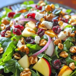 - 4 Tassen gemischte Blattsalate (Spinat, Rucola und Grünkohl) - 1 Tasse getrocknete Cranberries - 1 Tasse Walnusshälften, geröstet Die Hauptzutaten sind wichtig für den Geschmack und die Textur. Gemischte Blattsalate geben Frische und Farbe. Spinat, Rucola und Grünkohl bieten verschiedene Nährstoffe. Getrocknete Cranberries fügen Süße und einen schönen Kontrast hinzu. Die gerösteten Walnüsse bringen einen knackigen Biss und gesunde Fette. - 1/4 Tasse Balsamico-Essig - 1/4 Tasse Olivenöl - 1 Esslöffel Honig Das Dressing ist einfach und köstlich. Balsamico-Essig bringt Säure und Tiefe. Olivenöl sorgt für eine samtige Textur. Honig fügt eine süße Note hinzu. Diese Kombination hebt den Salat hervor und verbindet die Aromen. - 1/2 Tasse Fetakäse, zerbröselt - 1 kleine rote Zwiebel, dünn geschnitten - 1/2 Tasse Apfel, gewürfelt (z.B. Honeycrisp) Diese Toppings sind nicht notwendig, aber sie machen den Salat noch besser. Fetakäse fügt einen salzigen, cremigen Geschmack hinzu. Rote Zwiebel bringt etwas Schärfe. Apfel sorgt für zusätzliche Frische und Süße. Ihr könnt die Zutaten auch nach Geschmack anpassen. Wenn ihr mehr Textur und Geschmack wollt, probiert das gesamte Rezept [Full Recipe]. - Walnüsse rösten: Rösten Sie die Walnüsse in einer trockenen Pfanne. Stellen Sie die Hitze auf mittel und lassen Sie die Nüsse für etwa 5 Minuten rösten. Schwenken Sie die Pfanne oft. Achten Sie darauf, dass sie nicht verbrennen. Die Nüsse sollten goldbraun und duftend sein. - Blattsalate vorbereiten: Waschen Sie die gemischten Blattsalate gut. Lassen Sie das Wasser abtropfen oder verwenden Sie eine Salatschleuder. Zupfen Sie die Blätter in mundgerechte Stücke. Dies sorgt für eine angenehme Textur. - Obst und Gemüse schneiden: Schneiden Sie die rote Zwiebel in dünne Ringe. Würfeln Sie den Apfel in kleine Stücke. Wenn Sie einen süßen Apfel wie Honeycrisp verwenden, wird der Salat köstlicher. Halten Sie die Stücke klein, damit sie gut mit den anderen Zutaten vermischt werden. - Vermengen der Hauptzutaten: Geben Sie die Blattsalate in eine große Schüssel. Fügen Sie die gerösteten Walnüsse, getrocknete Cranberries, gewürfelten Apfel und die geschnittene Zwiebel hinzu. Mischen Sie alles vorsichtig, damit die Zutaten gleichmäßig verteilt sind. - Zubereitung des Dressings: In einer kleinen Schüssel kombinieren Sie Balsamico-Essig, Olivenöl, Honig, Salz und Pfeffer. Rühren Sie gut um, bis alles gut vermischt ist. Das Dressing verleiht dem Salat Geschmack und Frische. - Anrichten des Salats: Träufeln Sie das Dressing gleichmäßig über die Salatzutaten. Mischen Sie alles sanft, sodass alle Stücke gut bedeckt sind. Probieren Sie den Salat und passen Sie die Würzung nach Ihrem Geschmack an. - Sofort servieren oder kühlen: Servieren Sie den Salat sofort für den frischesten Geschmack. Alternativ können Sie ihn bis zu 30 Minuten im Kühlschrank kühlen. Dies intensiviert die Aromen. - Beilagenempfehlungen: Dieser Salat passt gut zu gegrilltem Hähnchen oder Fisch. Er eignet sich auch hervorragend als Beilage zu einem festlichen Essen. Die Wahl der Walnüsse ist wichtig. Rösten Sie sie richtig, um den besten Geschmack zu erzielen. Rösten Sie die Walnüsse in einer trockenen Pfanne bei mittlerer Hitze. Halten Sie die Walnüsse in Bewegung. Nach fünf Minuten sind sie goldbraun und aromatisch. Lassen Sie sie etwas abkühlen. Verwenden Sie immer ungesalzene Walnüsse. Das gibt Ihnen mehr Kontrolle über den Geschmack des Salats. Balsamico-Essig ist klassisch, aber nicht die einzige Wahl. Probieren Sie Apfelessig oder Zitronensaft. Diese Optionen bringen Frische. Sie können das Dressing auch in großen Mengen machen. Lagern Sie es in einem Glasbehälter im Kühlschrank. Vor dem Servieren schütteln Sie es gut. Um den Salat frisch zu halten, lagern Sie ihn richtig. Verwenden Sie einen luftdichten Behälter. Lagern Sie die Zutaten getrennt, wenn möglich. So bleiben die Blätter knackig. Bereiten Sie den Salat im Voraus vor, aber fügen Sie das Dressing erst kurz vor dem Servieren hinzu. So bleibt der Salat frisch und lecker. {{image_4}} Du kannst die Walnüsse durch andere Nüsse oder Kerne ersetzen. Haselnüsse oder Mandeln passen gut dazu. Auch Sonnenblumenkerne bringen einen tollen Crunch. Wenn du mehr Frische möchtest, füge zusätzliches Obst hinzu. Probiere Birnen oder Mandarinen. Diese Früchte geben dem Salat mehr Geschmack und Farbe. Wenn du den Salat vegan machen willst, gibt es tolle Alternativen. Anstelle von Fetakäse kannst du zerdrückte Avocado verwenden. Sie sorgt für eine cremige Textur. Für das Dressing kannst du Honig durch Ahornsirup ersetzen. Er gibt eine süße Note ohne Tierprodukte. Einer der besten Aspekte des Cranberry Walnut Salads sind seine saisonalen Anpassungen. Im Frühling sind frische Erdbeeren eine gute Wahl. Im Sommer kannst du saftige Melonen hinzufügen. Im Herbst sind Äpfel und Birnen ideal. Du kannst auch Gemüse wie Karotten oder Paprika hinzufügen. Diese machen den Salat noch bunter und nährstoffreicher. Der Cranberry Walnut Salad bleibt frisch, wenn du ihn richtig lagerst. Du solltest ihn für ein bis zwei Tage im Kühlschrank aufbewahren. Die Blätter können jedoch schnell welken. Nutze einen luftdichten Behälter, um die Frische zu bewahren. So bleibt der Salat knackig und lecker. Das Einfrieren von Salat ist nicht ideal. Die Textur kann sich ändern und wird matschig. Wenn du trotzdem einfrieren möchtest, trenne die Zutaten. Friere die Walnüsse und Cranberries ein, aber lass die Blattsalate weg. So bleiben die Zutaten frisch. Hast du Reste vom Salat? Du kannst ihn kreativ verwenden. Mische die Reste in ein Omelett oder eine Quiche. Oder mache eine leckere Wrap-Füllung. Der Salat passt auch gut zu einer Suppe als Beilage. Du kannst sogar einen Smoothie damit anreichern. So bleibt nichts übrig und du genießt viele neue Gerichte! Um den Cranberry Walnut Salad vegan zu machen, ersetze den Feta mit veganem Käse. Viele Marken bieten gute Alternativen. Für den Honig kannst du Agavendicksaft oder Ahornsirup verwenden. Diese Optionen bieten den süßen Geschmack ohne tierische Produkte. So bleibt der Salat lecker und pflanzenbasiert. Ja, du kannst frische Cranberries verwenden! Sie schmecken jedoch anders. Frische Cranberries sind saftiger und viel saurer. Getrocknete Cranberries sind süßer und weicher. Wenn du frische verwendest, achte darauf, den Zuckergehalt im Dressing anzupassen. Das sorgt für einen ausgewogenen Geschmack. Experimentiere mit beiden Varianten, um deinen Favoriten zu finden. Der Salat hält etwa 2 bis 3 Tage im Kühlschrank. Lagere ihn in einem luftdichten Behälter. Achte darauf, das Dressing separat hinzuzufügen, bevor du ihn servierst. So bleibt der Salat frisch und knusprig. Wenn du den Salat im Voraus zubereitest, schneide die Zutaten erst kurz vor dem Servieren. Das sorgt für den besten Geschmack und die beste Textur. Der Cranberry-Walnuss-Salat bietet eine bunte Mischung aus frischen Zutaten. Wir haben die Hauptzutaten, das Dressing und optionale Toppings besprochen. Zusätzlich gab es nützliche Tipps für die Zubereitung und Aufbewahrung. Es ist einfach, Variationen umzusetzen, um den Salat spannend zu halten. Denken Sie daran, frische und gesunde Zutaten zu wählen. Genießen Sie die Vielseitigkeit und verbessern Sie Ihre Salatkunst mit diesen Rezepten und Tipps.