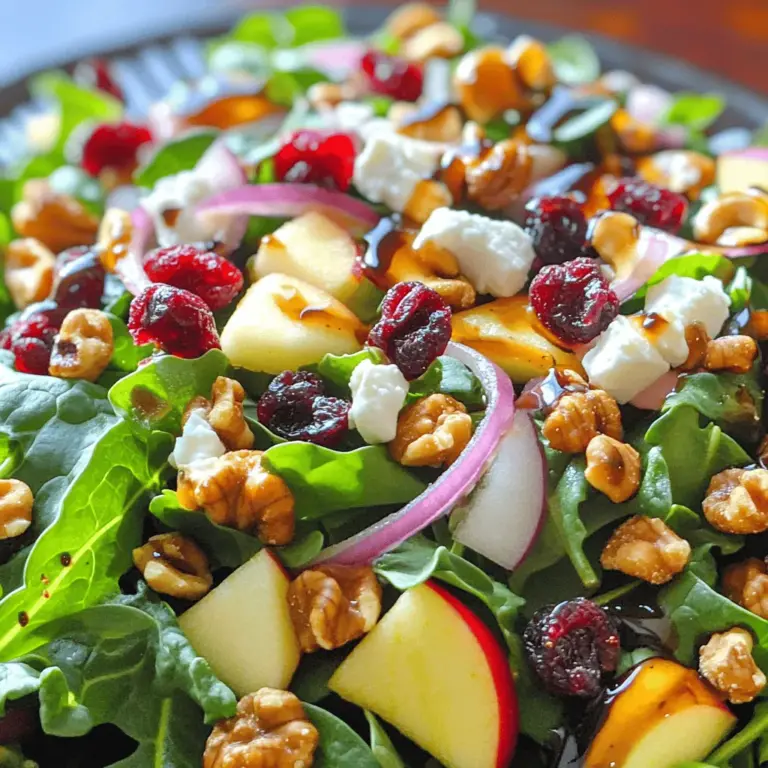 - 4 Tassen gemischte Blattsalate (Spinat, Rucola und Grünkohl) - 1 Tasse getrocknete Cranberries - 1 Tasse Walnusshälften, geröstet Die Hauptzutaten sind wichtig für den Geschmack und die Textur. Gemischte Blattsalate geben Frische und Farbe. Spinat, Rucola und Grünkohl bieten verschiedene Nährstoffe. Getrocknete Cranberries fügen Süße und einen schönen Kontrast hinzu. Die gerösteten Walnüsse bringen einen knackigen Biss und gesunde Fette. - 1/4 Tasse Balsamico-Essig - 1/4 Tasse Olivenöl - 1 Esslöffel Honig Das Dressing ist einfach und köstlich. Balsamico-Essig bringt Säure und Tiefe. Olivenöl sorgt für eine samtige Textur. Honig fügt eine süße Note hinzu. Diese Kombination hebt den Salat hervor und verbindet die Aromen. - 1/2 Tasse Fetakäse, zerbröselt - 1 kleine rote Zwiebel, dünn geschnitten - 1/2 Tasse Apfel, gewürfelt (z.B. Honeycrisp) Diese Toppings sind nicht notwendig, aber sie machen den Salat noch besser. Fetakäse fügt einen salzigen, cremigen Geschmack hinzu. Rote Zwiebel bringt etwas Schärfe. Apfel sorgt für zusätzliche Frische und Süße. Ihr könnt die Zutaten auch nach Geschmack anpassen. Wenn ihr mehr Textur und Geschmack wollt, probiert das gesamte Rezept [Full Recipe]. - Walnüsse rösten: Rösten Sie die Walnüsse in einer trockenen Pfanne. Stellen Sie die Hitze auf mittel und lassen Sie die Nüsse für etwa 5 Minuten rösten. Schwenken Sie die Pfanne oft. Achten Sie darauf, dass sie nicht verbrennen. Die Nüsse sollten goldbraun und duftend sein. - Blattsalate vorbereiten: Waschen Sie die gemischten Blattsalate gut. Lassen Sie das Wasser abtropfen oder verwenden Sie eine Salatschleuder. Zupfen Sie die Blätter in mundgerechte Stücke. Dies sorgt für eine angenehme Textur. - Obst und Gemüse schneiden: Schneiden Sie die rote Zwiebel in dünne Ringe. Würfeln Sie den Apfel in kleine Stücke. Wenn Sie einen süßen Apfel wie Honeycrisp verwenden, wird der Salat köstlicher. Halten Sie die Stücke klein, damit sie gut mit den anderen Zutaten vermischt werden. - Vermengen der Hauptzutaten: Geben Sie die Blattsalate in eine große Schüssel. Fügen Sie die gerösteten Walnüsse, getrocknete Cranberries, gewürfelten Apfel und die geschnittene Zwiebel hinzu. Mischen Sie alles vorsichtig, damit die Zutaten gleichmäßig verteilt sind. - Zubereitung des Dressings: In einer kleinen Schüssel kombinieren Sie Balsamico-Essig, Olivenöl, Honig, Salz und Pfeffer. Rühren Sie gut um, bis alles gut vermischt ist. Das Dressing verleiht dem Salat Geschmack und Frische. - Anrichten des Salats: Träufeln Sie das Dressing gleichmäßig über die Salatzutaten. Mischen Sie alles sanft, sodass alle Stücke gut bedeckt sind. Probieren Sie den Salat und passen Sie die Würzung nach Ihrem Geschmack an. - Sofort servieren oder kühlen: Servieren Sie den Salat sofort für den frischesten Geschmack. Alternativ können Sie ihn bis zu 30 Minuten im Kühlschrank kühlen. Dies intensiviert die Aromen. - Beilagenempfehlungen: Dieser Salat passt gut zu gegrilltem Hähnchen oder Fisch. Er eignet sich auch hervorragend als Beilage zu einem festlichen Essen. Die Wahl der Walnüsse ist wichtig. Rösten Sie sie richtig, um den besten Geschmack zu erzielen. Rösten Sie die Walnüsse in einer trockenen Pfanne bei mittlerer Hitze. Halten Sie die Walnüsse in Bewegung. Nach fünf Minuten sind sie goldbraun und aromatisch. Lassen Sie sie etwas abkühlen. Verwenden Sie immer ungesalzene Walnüsse. Das gibt Ihnen mehr Kontrolle über den Geschmack des Salats. Balsamico-Essig ist klassisch, aber nicht die einzige Wahl. Probieren Sie Apfelessig oder Zitronensaft. Diese Optionen bringen Frische. Sie können das Dressing auch in großen Mengen machen. Lagern Sie es in einem Glasbehälter im Kühlschrank. Vor dem Servieren schütteln Sie es gut. Um den Salat frisch zu halten, lagern Sie ihn richtig. Verwenden Sie einen luftdichten Behälter. Lagern Sie die Zutaten getrennt, wenn möglich. So bleiben die Blätter knackig. Bereiten Sie den Salat im Voraus vor, aber fügen Sie das Dressing erst kurz vor dem Servieren hinzu. So bleibt der Salat frisch und lecker. {{image_4}} Du kannst die Walnüsse durch andere Nüsse oder Kerne ersetzen. Haselnüsse oder Mandeln passen gut dazu. Auch Sonnenblumenkerne bringen einen tollen Crunch. Wenn du mehr Frische möchtest, füge zusätzliches Obst hinzu. Probiere Birnen oder Mandarinen. Diese Früchte geben dem Salat mehr Geschmack und Farbe. Wenn du den Salat vegan machen willst, gibt es tolle Alternativen. Anstelle von Fetakäse kannst du zerdrückte Avocado verwenden. Sie sorgt für eine cremige Textur. Für das Dressing kannst du Honig durch Ahornsirup ersetzen. Er gibt eine süße Note ohne Tierprodukte. Einer der besten Aspekte des Cranberry Walnut Salads sind seine saisonalen Anpassungen. Im Frühling sind frische Erdbeeren eine gute Wahl. Im Sommer kannst du saftige Melonen hinzufügen. Im Herbst sind Äpfel und Birnen ideal. Du kannst auch Gemüse wie Karotten oder Paprika hinzufügen. Diese machen den Salat noch bunter und nährstoffreicher. Der Cranberry Walnut Salad bleibt frisch, wenn du ihn richtig lagerst. Du solltest ihn für ein bis zwei Tage im Kühlschrank aufbewahren. Die Blätter können jedoch schnell welken. Nutze einen luftdichten Behälter, um die Frische zu bewahren. So bleibt der Salat knackig und lecker. Das Einfrieren von Salat ist nicht ideal. Die Textur kann sich ändern und wird matschig. Wenn du trotzdem einfrieren möchtest, trenne die Zutaten. Friere die Walnüsse und Cranberries ein, aber lass die Blattsalate weg. So bleiben die Zutaten frisch. Hast du Reste vom Salat? Du kannst ihn kreativ verwenden. Mische die Reste in ein Omelett oder eine Quiche. Oder mache eine leckere Wrap-Füllung. Der Salat passt auch gut zu einer Suppe als Beilage. Du kannst sogar einen Smoothie damit anreichern. So bleibt nichts übrig und du genießt viele neue Gerichte! Um den Cranberry Walnut Salad vegan zu machen, ersetze den Feta mit veganem Käse. Viele Marken bieten gute Alternativen. Für den Honig kannst du Agavendicksaft oder Ahornsirup verwenden. Diese Optionen bieten den süßen Geschmack ohne tierische Produkte. So bleibt der Salat lecker und pflanzenbasiert. Ja, du kannst frische Cranberries verwenden! Sie schmecken jedoch anders. Frische Cranberries sind saftiger und viel saurer. Getrocknete Cranberries sind süßer und weicher. Wenn du frische verwendest, achte darauf, den Zuckergehalt im Dressing anzupassen. Das sorgt für einen ausgewogenen Geschmack. Experimentiere mit beiden Varianten, um deinen Favoriten zu finden. Der Salat hält etwa 2 bis 3 Tage im Kühlschrank. Lagere ihn in einem luftdichten Behälter. Achte darauf, das Dressing separat hinzuzufügen, bevor du ihn servierst. So bleibt der Salat frisch und knusprig. Wenn du den Salat im Voraus zubereitest, schneide die Zutaten erst kurz vor dem Servieren. Das sorgt für den besten Geschmack und die beste Textur. Der Cranberry-Walnuss-Salat bietet eine bunte Mischung aus frischen Zutaten. Wir haben die Hauptzutaten, das Dressing und optionale Toppings besprochen. Zusätzlich gab es nützliche Tipps für die Zubereitung und Aufbewahrung. Es ist einfach, Variationen umzusetzen, um den Salat spannend zu halten. Denken Sie daran, frische und gesunde Zutaten zu wählen. Genießen Sie die Vielseitigkeit und verbessern Sie Ihre Salatkunst mit diesen Rezepten und Tipps.