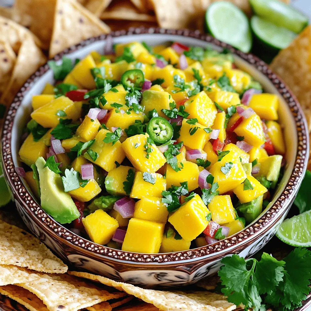 - 1 reife Mango, gewürfelt - 2 reife Avocados, gewürfelt - 1 kleine rote Zwiebel, fein gehackt Die Hauptzutaten sind frisch und voll mit Geschmack. Die Mango bringt Süße, während die Avocado eine cremige Textur hat. Die rote Zwiebel fügt einen knackigen Biss hinzu. - 1 rote Paprika, gewürfelt - 1 Jalapeño, entkernt und fein gehackt - 2 Esslöffel frischer Limettensaft Die rote Paprika bringt Farbe und Süße in die Salsa. Die Jalapeño gibt einen kleinen Kick von Schärfe. Der Limettensaft sorgt für einen frischen, sauren Geschmack. - 1 Esslöffel Olivenöl - Eine Handvoll frischer Koriander, gehackt - Salz und Pfeffer nach Geschmack Olivenöl macht die Salsa besonders glatt. Der frische Koriander bringt einen tollen Duft und Geschmack. Vergessen Sie nicht, mit Salz und Pfeffer abzuschmecken, um die Aromen zu verstärken. Für das vollständige Rezept schauen Sie bitte auf die oben genannte Quelle. Zuerst schneiden Sie die Mango und die Avocados in kleine Würfel. Die Mango sollte reif und saftig sein. Achten Sie darauf, die Avocados ebenfalls reif, aber fest zu wählen. Danach nehmen Sie eine kleine rote Zwiebel und hacken sie fein. Diese Zwiebel gibt der Salsa einen tollen Geschmack. Schneiden Sie auch eine rote Paprika in kleine Stücke. Dies sorgt für Farbe und Knusprigkeit in der Salsa. Geben Sie nun alle vorbereiteten Zutaten in eine große Schüssel. Fügen Sie die gewürfelte Mango, die Avocados, die Zwiebel und die Paprika hinzu. Jetzt ist es Zeit für etwas Frische! Pressen Sie zwei Esslöffel frischen Limettensaft über die Mischung. Geben Sie auch einen Esslöffel Olivenöl dazu. Das Öl hilft, die Aromen zu verbinden und macht die Salsa noch köstlicher. Jetzt kommt der beste Teil: vorsichtig vermengen! Rühren Sie alles sanft um, damit die Avocados ganz bleiben. Fügen Sie dann eine Handvoll frischen Koriander hinzu. Er gibt der Salsa ein tolles Aroma. Würzen Sie die Mischung mit Salz und Pfeffer nach Geschmack. Lassen Sie die Salsa etwa 10 Minuten ruhen, damit sich die Aromen gut entfalten können. Servieren Sie die Salsa mit Tortilla-Chips oder zu einem anderen Gericht. Für das vollständige Rezept schauen Sie bitte hier: [Full Recipe]. So erkennen Sie eine reife Mango: Eine reife Mango hat eine weiche Textur. Drücken Sie leicht auf die Frucht. Wenn sie nachgibt, ist sie bereit. Die Farbe variiert. Meistens ist sie gelb oder rot. Ein fruchtiger Duft ist auch ein gutes Zeichen. Die richtige Avocado auswählen: Wählen Sie eine Avocado, die sich leicht drücken lässt. Sie sollte nicht zu hart sein. Wenn die Haut dunkel ist, kann das reif sein. Überprüfen Sie auch den Stiel. Wenn er leicht abgeht und grün ist, ist die Avocado frisch. Wie man die Salsa perfekt mischt: Seien Sie vorsichtig, wenn Sie die Zutaten zusammengeben. Mischen Sie alles sanft, damit die Avocados nicht zerdrückt werden. Eine sanfte Berührung verhindert eine matschige Salsa. Verwenden Sie eine große Schüssel für mehr Platz. Aromen entfalten lassen: Lassen Sie die Salsa nach dem Mischen etwa 10 Minuten ruhen. So können die Aromen gut miteinander verschmelzen. Die Frische des Limettensafts wird intensiver. Die Salsa schmeckt dann besser. Servierideen und -tipps: Servieren Sie die Salsa in einer schönen Schüssel. Verwenden Sie Tortilla-Chips als Beilage. Das macht das Gericht einladender. Sie können auch kleine Gläser verwenden, um die Salsa zu präsentieren. Garnierungen für einen besonderen Touch: Fügen Sie frische Korianderblätter oben drauf. Ein paar Limettenviertel machen das Gericht frisch und farbenfroh. Diese kleinen Details machen viel aus. So wird Ihre Salsa noch köstlicher und schöner. {{image_4}} Um Ihre Mango-Avocado-Salsa interessanter zu machen, können Sie zusätzliche Zutaten hinzufügen. Zum Beispiel: - Paprika: Probieren Sie gelbe oder grüne Paprika für mehr Farbe. - Tomaten: Fügen Sie gewürfelte Tomaten für mehr Frische hinzu. - Ananas: Ein wenig Ananas bringt eine süße Note. Auch Kräuter können die Salsa verbessern. Verwenden Sie: - Minze: Für einen frischen Geschmack. - Basilikum: Gibt einen aromatischen Akzent. Der Schärfegrad kann leicht angepasst werden. Wenn Sie es milder mögen, lassen Sie die Jalapeño weg oder verwenden Sie: - Paprika: Sie gibt Geschmack ohne viel Schärfe. - Mildere Chilis: Zum Beispiel Poblano-Paprika sind besser geeignet. Falls Sie mehr Hitze wollen, probieren Sie: - Scharfe Sauce: Fügen Sie einen Spritzer hinzu. - Chili-Flocken: Für zusätzlichen Kick. Die Salsa kann auf verschiedene Arten serviert werden. Nutzen Sie sie als: - Dip: Servieren Sie sie mit Tortilla-Chips. - Topping: Verwenden Sie sie auf Tacos oder gegrilltem Fisch. Sie können die Salsa auch in anderen Gerichten verwenden. Zum Beispiel: - Salate: Mischen Sie sie in Ihren Salat für eine fruchtige Note. - Sandwiches: Verwenden Sie sie als Aufstrich für mehr Geschmack. Diese Variationen machen Ihre frische Mango-Avocado-Salsa noch vielseitiger! Für das vollständige Rezept schauen Sie sich die Anleitung an. Um die Frische Ihrer Mango-Avocado-Salsa zu bewahren, lagern Sie sie in einem luftdichten Behälter im Kühlschrank. So bleibt die Salsa bis zu drei Tage frisch. Wenn Sie die Salsa länger aufbewahren möchten, verwenden Sie Zitronen- oder Limettensaft. Diese Säfte helfen, die Oxidation der Avocados zu verlangsamen. Um die Haltbarkeit zu verlängern, achten Sie darauf, dass die Salsa vor dem Lagern gut vermischt ist. Dies sorgt dafür, dass die Zutaten gleichmäßig verteilt sind. Vermeiden Sie es, die Salsa mit heißen Speisen in Kontakt zu bringen, da dies die Haltbarkeit verringert. Ja, Sie können die Salsa einfrieren! Es ist eine tolle Möglichkeit, Reste zu nutzen. Füllen Sie die Salsa in einen gefrierfesten Behälter oder Beutel. Lassen Sie etwas Platz, da sich die Salsa beim Gefrieren ausdehnt. Um die Salsa aufzutauen, legen Sie sie einfach in den Kühlschrank. Lassen Sie sie dort über Nacht. Wenn Sie es schneller benötigen, können Sie die Salsa auch in der Mikrowelle auf niedrigster Stufe auftauen. Achten Sie darauf, die Salsa regelmäßig umzurühren, um eine gleichmäßige Konsistenz zu erhalten. Für das beste Ergebnis frieren Sie die Salsa innerhalb von zwei Tagen nach der Zubereitung ein. So bleiben Geschmack und Textur optimal. Die Salsa ist im Kühlschrank etwa 2 bis 3 Tage haltbar. Sie bleibt frisch, wenn Sie sie in einem luftdichten Behälter aufbewahren. Nach ein paar Tagen kann die Salsa matschig werden. Es ist besser, sie frisch zu genießen. Ja, du kannst die Salsa anpassen! Wenn du Allergien hast oder etwas nicht magst, ändere die Zutaten nach deinem Geschmack. Du kannst die Jalapeño weglassen, wenn du es mild magst. Auch andere Kräuter wie Petersilie sind eine gute Option. Diese Salsa ist leicht und gesund. Sie enthält frisches Obst und Gemüse. Sie hat wenig Kalorien und viele Nährstoffe. Wenn du Kalorien zählen musst, ist sie eine großartige Wahl. Sie ist auch vegan und glutenfrei. Das Rezept ist einfach und voller frischer Zutaten. Du findest das vollständige Rezept [hier](#). Es ist perfekt für Partys oder einen Snack. Lass dich von den Aromen überraschen! Die Sonnige Frische Mango-Avocado-Salsa ist einfach zuzubereiten. Sie besteht aus reifen Früchten und frischen Zutaten. Wir haben gelernt, wie man die Zutaten schneidet und kombiniert. Die Wahl der reifen Früchte und richtige Zubereitung sind entscheidend. Abschließend ist diese Salsa nicht nur lecker, sondern auch vielseitig. Probieren Sie verschiedene Variationen aus und passen Sie die Aromen nach Ihrem Geschmack an. Genießen Sie die Farben und die Frische in jedem Bissen!