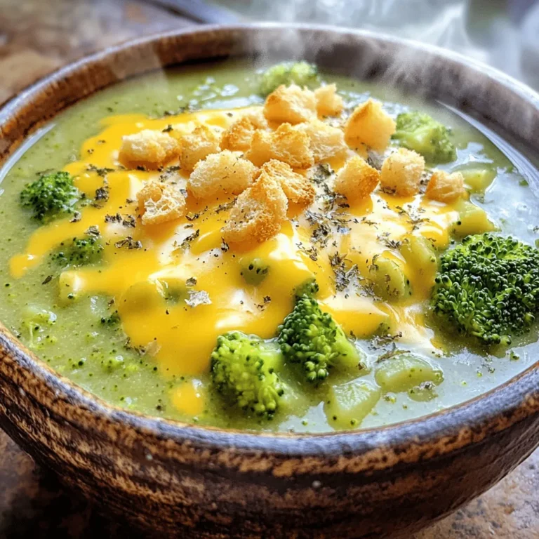 - 4 Tassen frische Brokkoliröschen - 1 Tasse gewürfelte Kartoffeln - 1 Tasse geriebener scharfer Cheddar-Käse Die Hauptzutaten machen diese Suppe besonders lecker. Frischer Brokkoli gibt der Suppe eine schöne Farbe und einen tollen Geschmack. Die Kartoffeln sorgen für die cremige Konsistenz. Und der scharfe Cheddar-Käse bringt einen herzhaften Geschmack, den jeder liebt. - 1 kleine gelbe Zwiebel, fein gehackt - 2 Zehen Knoblauch, gehackt - 4 Tassen Gemüsebrühe - 1 Tasse Vollmilch - 2 Esslöffel Olivenöl - 1 Teelöffel Salz - 1/2 Teelöffel schwarzer Pfeffer - 1/4 Teelöffel Muskatnuss Zusätzlich brauche ich Zwiebel und Knoblauch für das Aroma. Gemüsebrühe ist die Basis und gibt der Suppe Tiefe. Die Vollmilch macht die Suppe schön cremig. Gewürze sind wichtig, um den perfekten Geschmack zu erzielen. Salz, Pfeffer und Muskatnuss runden alles ab. Für das vollständige Rezept, schau dir den Abschnitt „Full Recipe“ an. Beginne mit der Vorbereitung. Schneide die frischen Brokkoliröschen in kleine Stücke. Achte darauf, dass sie gleichmäßig sind. Dies hilft beim Kochen. Danach würfelst du die Kartoffeln. Kleine Würfel kochen schneller und gleichmäßiger. Jetzt kommst du zur Zwiebel und dem Knoblauch. Hacke die Zwiebel fein. Der Geschmack wird durch das Anbraten besser. Nimm die zwei Zehen Knoblauch und hacke sie ebenfalls. Knoblauch bringt viel Aroma in die Suppe. Erhitze das Olivenöl in einem großen Topf bei mittlerer Hitze. Füge dann die gehackte Zwiebel hinzu. Brate sie an, bis sie glasig wird. Das dauert etwa fünf Minuten. Rühre den gehackten Knoblauch ein und koche ihn eine weitere Minute. Der Duft ist einfach köstlich! Füge nun die gewürfelten Kartoffeln und die Brokkoliröschen in den Topf hinzu. Gieße die Gemüsebrühe dazu und streue Salz und Pfeffer hinein. Bring alles zum Kochen. Reduziere dann die Hitze. Decke den Topf ab und lasse die Suppe 15 bis 20 Minuten köcheln. Die Kartoffeln und der Brokkoli sollten zart sein. Nun ist es Zeit zu pürieren. Nimm einen Pürierstab und püriere die Suppe vorsichtig. Du kannst die Konsistenz nach deinem Geschmack anpassen. Magst du es cremig oder stückig? Das ist ganz dir überlassen. Jetzt kommt der Käse ins Spiel. Rühre den geriebenen Cheddar-Käse und die Vollmilch unter die Suppe. Die Muskatnuss gibt einen besonderen Geschmack. Erhitze die Suppe, bis der Käse schmilzt. Lass die Suppe aber nicht kochen. Probiere die Suppe und passe die Würze nach Belieben an. Serviere die Suppe heiß. Garniere sie mit Croutons für einen knackigen Biss. Das macht die Suppe noch besser! Für die vollständige Zubereitung, besuche das [Full Recipe]. Für eine cremige Suppe püriere die Mischung gut. Du kannst einen Pürierstab verwenden, um die Suppe direkt im Topf zu pürieren. Das ist einfach und macht weniger Geschirr. Wenn du eine stückige Konsistenz magst, püriere nur einen Teil der Suppe. So bleiben Stücke von Brokkoli und Kartoffeln erhalten. Ein Standmixer ist auch eine Option. Du kannst die Suppe in Portionen pürieren. Achte darauf, dass die Mischung nicht zu heiß ist, um Spritzer zu vermeiden. Das Ergebnis ist eine glatte, köstliche Suppe. Um den Geschmack zu intensivieren, füge zusätzliche Gewürze hinzu. Paprika oder Cayennepfeffer geben einen kleinen Kick. Frische Kräuter wie Thymian oder Oregano passen auch gut. Sie bringen eine aromatische Note in die Suppe. Überlege dir Toppings für mehr Textur. Croutons sind eine gute Wahl, weil sie knusprig sind. Du kannst auch geriebenen Käse obendrauf streuen oder einen Klecks saure Sahne hinzufügen. Frische Kräuter wie Petersilie oder Schnittlauch sorgen für schöne Farben und zusätzlichen Geschmack. Für das vollständige Rezept, schau dir die [Full Recipe] an. {{image_4}} Wenn du etwas Abwechslung suchst, probiere Blumenkohl anstelle von Brokkoli. Blumenkohl hat einen ähnlichen Geschmack und eine ähnliche Textur. Das macht ihn zu einer tollen Option. Du kannst ihn genau wie Brokkoli in der Suppe verwenden. So erhältst du eine cremige und leckere Blumenkohl-Käse-Suppe. Für eine gesündere Wahl kannst du auch pflanzliche Milch verwenden. Mandelmilch oder Hafermilch sind gute Alternativen. Sie geben der Suppe einen neuen Geschmack. Diese Milchalternativen sind oft auch kalorienärmer. So kannst du die Suppe leichter genießen. Wenn du deinen Käse variieren möchtest, gibt es viele Möglichkeiten. Du kannst Gouda, Mozzarella oder sogar Feta verwenden. Jeder Käse bringt einen anderen Geschmack mit. Wenn du also etwas Neues ausprobieren willst, mische verschiedene Käsesorten. Das macht die Suppe noch interessanter. Eine Mischung aus scharfem Cheddar und mildem Gouda ist besonders lecker. Der Cheddar gibt einen kräftigen Geschmack, während Gouda die Suppe cremig macht. So wird jede Portion besonders köstlich und einzigartig. Um deine Broccoli Cheddar Suppe frisch zu halten, lagere sie im Kühlschrank. Fülle die Suppe in einen luftdichten Behälter. So bleibt sie bis zu fünf Tage gut. Achte darauf, die Suppe abkühlen zu lassen, bevor du sie verschließt. Wenn du die Suppe länger aufbewahren willst, friere sie ein. Verwende einen gefrierfesten Behälter oder Beutel. Lasse etwas Platz, da sich die Suppe beim Einfrieren ausdehnt. So bleibt der Geschmack auch nach dem Auftauen frisch. Die Frische deiner Broccoli Cheddar Suppe ist wichtig. Im Kühlschrank hält sie sich etwa fünf Tage. Im Gefrierfach bleibt sie bis zu drei Monate gut. Achte darauf, die Suppe gut zu beschriften, damit du weißt, wann du sie gemacht hast. Wenn du die Suppe auftaust, mache das im Kühlschrank. So bleibt sie sicher und lecker. Erhitze die Suppe gut, bevor du sie servierst. Achte darauf, sie nicht zu überkochen, um die Cremigkeit zu bewahren. Die Zubereitung der Brokkoli-Käse-Suppe ist schnell und einfach. Die Vorbereitungszeit beträgt etwa 10 Minuten. Die gesamte Kochzeit liegt bei etwa 25 Minuten. Das macht die Suppe in nur 35 Minuten fertig. Du kannst sie also schnell zubereiten, selbst wenn du wenig Zeit hast. Ja, du kannst die Suppe vegan machen! Ersetze die Vollmilch durch pflanzliche Milch wie Mandel- oder Hafermilch. Nutze veganen Käse, um den Käsegeschmack zu bekommen. Achte darauf, dass die Gemüsebrühe auch vegan ist. So bleibt der Geschmack lecker und die Suppe bleibt vegan! Ja, du kannst die Suppe im Voraus zubereiten. Koche sie einfach komplett und lasse sie abkühlen. Fülle die Suppe in einen luftdichten Behälter und stelle sie in den Kühlschrank. Du kannst sie bis zu drei Tage aufbewahren. Zum Aufwärmen, erhitze sie langsam in einem Topf. Achte darauf, sie nicht zu stark zu kochen, damit sie cremig bleibt. Diese Brokkoli-Käse-Suppe ist einfach und lecker. Wir haben frische Zutaten und eine klare Anleitung durchgearbeitet. Du kannst den Geschmack einfach anpassen und sogar Varianten ausprobieren. Das lagern der Suppe ist auch kein Problem. Denke daran, sie gut aufzubewahren. Insgesamt ist diese Suppe nicht nur nahrhaft, sondern auch vielseitig. Sie bietet zahlreiche Möglichkeiten, um sie deinen Wünschen anzupassen. Viel Spaß beim Kochen und Genießen!