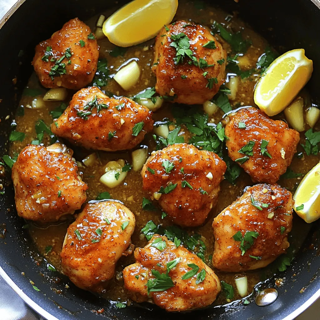 Für dieses Rezept benötigen Sie die folgenden Hauptzutaten: - 450g Hähnchenbrustfilet, in Stücke geschnitten - 4 Esslöffel ungesalzene Butter - 4 Zehen Knoblauch, fein gehackt Diese Zutaten sind die Grundlage für den vollen Geschmack. Das Hähnchen ist zart und saftig. Die Butter macht alles cremig. Der Knoblauch gibt ein starkes Aroma, das einfach köstlich ist. Hier sind die Gewürze und Kräuter, die Sie brauchen: - 1 Teelöffel frische Thymianblätter (oder ½ Teelöffel getrockneter Thymian) - 1 Teelöffel Paprika - Salz und Pfeffer nach Geschmack - Frische Petersilie, gehackt (zum Garnieren) Thymian bringt einen frischen Geschmack. Paprika fügt eine leichte Süße hinzu. Salz und Pfeffer sind wichtig, um alles zu würzen. Die Petersilie ist die perfekte Garnitur für Farbe und Frische. Zu den Knoblauch-Butter-Hühnchenbissen passen einige leckere Beilagen: - Reis oder Quinoa - Gedünstetes Gemüse - Ein frischer Salat Diese Beilagen sind leicht und ergänzen das Gericht sehr gut. Sie bringen mehr Textur und Farbe auf den Teller. Probieren Sie es aus und genießen Sie die Kombination! Zuerst schneide ich die Hähnchenbrust in kleine Stücke. Es ist wichtig, die Stücke gleichmäßig zu schneiden. So garen sie gleichmäßig. Danach tupfe ich die Hähnchenstücke mit einem Küchentuch trocken. Ich würze sie dann großzügig mit Salz, Pfeffer und Paprika. Diese Gewürze geben dem Hähnchen tollen Geschmack. Ich erhitze in einer großen Pfanne die ungesalzene Butter bei mittlerer Hitze. Es ist wichtig, dass die Butter vollständig schmilzt. Ich achte darauf, dass sie nicht verbrennt. Wenn die Butter geschmolzen ist, ist sie bereit für den nächsten Schritt. Jetzt füge ich den fein gehackten Knoblauch zur geschmolzenen Butter hinzu. Ich brate ihn für 1-2 Minuten an. Der Knoblauch sollte aromatisch werden, aber nicht verbrennen. Wenn er verbrennt, wird er bitter und das Gericht schmeckt nicht gut. Ich erhöhe die Hitze auf mittelhoch und gebe die gewürzten Hähnchenstücke in die Pfanne. Die Stücke sollten in einer einzigen Schicht liegen. Ich lasse sie etwa 4-5 Minuten braten, bis sie gut angebraten sind. Dann wende ich die Stücke und brate die andere Seite für weitere 4-5 Minuten. Das Hähnchen sollte goldbraun und durchgegart sein. Sobald die Hähnchenbissen fertig sind, streue ich die frischen Thymianblätter darüber. Ich vermenge alles gut, sodass das Hähnchen gleichmäßig mit der Knoblauchbutter überzogen ist. Die Kräuter bringen eine frische Note ins Gericht. Ich entferne die Pfanne sofort von der Hitze. Dann richte ich das Hähnchen auf einem Teller an. Ich garnieren es mit gehackter frischer Petersilie. Zum Schluss serviere ich das Gericht mit Zitronenspalten. Die Zitrone gibt einen spritzigen Akzent. Für das vollständige Rezept siehe [Full Recipe]. Um die besten Hähnchenbissen zu bekommen, nutzen Sie frisches Hähnchen. Schneiden Sie die Brustfilets in gleich große Stücke. So garen sie gleichmäßig. Tupfen Sie die Stücke trocken. Dies hilft, eine schöne Bräunung zu erzielen. Würzen Sie das Hähnchen großzügig mit Salz und Pfeffer. Dies bringt den Geschmack hervor. Achten Sie darauf, die Hähnchenstücke nicht zu überfüllen. Lassen Sie genügend Platz in der Pfanne. So braten sie besser an und werden knusprig. Die Knoblauchbutter ist der Star dieses Gerichts. Sie können sie jedoch anpassen. Fügen Sie frische Kräuter hinzu, wie Rosmarin oder Basilikum. Das gibt einen neuen Geschmack. Mögen Sie es schärfer? Geben Sie eine Prise Cayennepfeffer oder Chili-Flocken hinzu. Für eine cremigere Sauce, fügen Sie etwas Sahne hinzu, nachdem der Knoblauch angebraten ist. Experimentieren Sie mit verschiedenen Ölen. Olivenöl kann eine gesunde, leckere Option sein. Wenn Sie wenig Zeit haben, bereiten Sie das Hähnchen im Voraus vor. Schneiden und würzen Sie die Stücke am Morgen oder am Vortag. Bewahren Sie sie in einem luftdichten Behälter im Kühlschrank auf. Sie können auch die Knoblauchbutter im Voraus zubereiten. Schmelzen Sie die Butter und fügen Sie den Knoblauch und die Kräuter hinzu. Kühlen Sie sie in einem Behälter. Wenn Sie bereit sind, das Gericht zu kochen, müssen Sie nur alles zusammenführen. Das macht das Kochen schnell und einfach. Genießen Sie Ihr köstliches Knoblauch Butter Hühnchenbissen Rezept! {{image_4}} Wenn du Hühnchen magst, probiere auch Schweinefleisch oder Garnelen. Beide Optionen sind lecker. Du kannst die gleichen Schritte wie bei Hühnchen nutzen. Schneide das Schweinefleisch in kleine Stücke. Garnelen sollten geschält und entdarmt sein. Koche sie in der gleichen Knoblauchbutter. Die Aromen passen perfekt zusammen. Wenn du vegetarisch leben möchtest, sind Pilze eine tolle Wahl. Champignons oder Shiitake passen sehr gut. Schneide sie in Stücke und brate sie in der Butter. Tofu ist eine weitere gute Option. Verwende festen Tofu, schneide ihn und brate ihn ebenfalls. Beide Varianten nehmen die Knoblauchbutter gut auf und sind sehr schmackhaft. Du kannst auch mit Gewürzen spielen. Versuche italienische Kräuter wie Oregano oder Basilikum. Diese sorgen für einen anderen Geschmack. Eine Prise Chili bringt etwas Schärfe. Experimentiere mit Paprika oder Curry für neue Aromen. So bleibt das Gericht spannend. Für mehr Ideen, schau dir das [Full Recipe] an. Die Knoblauch Butter Hühnchenbissen sind im Kühlschrank gut haltbar. Bewahre sie in einem luftdichten Behälter auf. So bleiben sie frisch. Sie sollten max. drei Tage im Kühlschrank bleiben. Achte darauf, sie abkühlen zu lassen, bevor du sie verstaut. Wenn du mehr Knoblauch Butter Hühnchenbissen zubereitest, kannst du sie auch einfrieren. Lege die abgekühlten Bissen in einen gefrierfesten Beutel. Drücke die Luft heraus, um Gefrierbrand zu vermeiden. So bleiben sie bis zu drei Monate frisch. Wenn du sie später essen möchtest, tau die Bissen im Kühlschrank über Nacht auf. Um die Hühnchenbissen wieder aufzuwärmen, gibt es einige einfache Methoden. Du kannst sie in der Mikrowelle erhitzen. Achte darauf, sie in kurzen Intervallen zu erwärmen, damit sie nicht austrocknen. Eine andere Methode ist das Erwärmen in der Pfanne. Füge etwas Butter hinzu und brate die Bissen für ein paar Minuten. So bleiben sie saftig und lecker. Für die beste Qualität empfehle ich, die Bissen frisch zu genießen. In der Full Recipe findest du die genauen Schritte zur Zubereitung. Knoblauch-Butter-Hühnchenbissen bleiben im Kühlschrank etwa drei Tage frisch. Lagern Sie sie in einem luftdichten Behälter. Wenn Sie sie länger aufbewahren möchten, können Sie sie auch einfrieren. Im Gefrierschrank halten sie bis zu drei Monate. Achten Sie darauf, sie gut zu verpacken, um Gefrierbrand zu vermeiden. Ja, Sie können das Rezept leicht anpassen. Verdoppeln oder verdreifachen Sie einfach die Zutaten. Achten Sie darauf, die Kochzeit anzupassen. Wenn Sie mehr Hähnchen in die Pfanne geben, kann es länger dauern, bis alles durchgegart ist. Kochen Sie sie eventuell in Chargen, um eine gleichmäßige Bräunung zu gewährleisten. Knoblauch-Butter-Hühnchenbissen passen gut zu vielen Beilagen. Hier sind einige Ideen: - Reis oder Quinoa - Gedämpftes Gemüse wie Brokkoli oder grüne Bohnen - Kartoffelpüree oder Bratkartoffeln - Ein frischer Salat mit Zitronendressing Diese Beilagen ergänzen die Aromen des Hähnchens perfekt. Um die Hähnchenbissen glutenfrei zu machen, verwenden Sie glutenfreies Mehl oder keine Panade. Würzen Sie das Hähnchen einfach mit den Gewürzen aus dem Rezept. Achten Sie darauf, dass alle anderen Zutaten, wie Butter und Gewürze, ebenfalls glutenfrei sind. So können auch glutenempfindliche Personen dieses leckere Gericht genießen. Knoblauch-Butter-Hühnchenbissen sind einfach und lecker. Wir haben die Hauptzutaten, die perfekte Zubereitung und nützliche Tipps besprochen. Auch Variationen mit anderen Proteinen und vegetarischen Optionen sind möglich. Lagerungshinweise helfen, Reste frisch zu halten. Erinnern Sie sich, wie leicht es ist, dieses Gericht zuzubereiten. Nutzen Sie die schnellen Tipps für beste Ergebnisse. Experimentieren Sie mit Geschmäckern und passen Sie das Rezept an. So wird jedes Mal ein neues Geschmackserlebnis. Genießen Sie Ihr Essen!