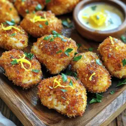 - 450 g Hähnchenbrustfilets - 120 g Weizenmehl - 100 g Panko-Semmelbrösel Die Hauptzutaten sind entscheidend für den Genuss. Ich nutze frische Hähnchenbrustfilets, weil sie saftig sind. Weizenmehl hilft, die Hähnchenbissen knusprig zu machen. Panko-Semmelbrösel sind wichtig, da sie für extra Crunch sorgen. Diese Zutaten bilden die Basis für unsere leckeren Hähnchenbissen. - 1 Teelöffel Salz - 1 Teelöffel schwarzer Pfeffer - 1 Teelöffel Knoblauchpulver - 1/2 Teelöffel Paprika - 2 Esslöffel Zitronensaft - Schale von 1 Zitrone Die Gewürze machen den Unterschied. Salz und Pfeffer bringen den Geschmack hervor. Knoblauchpulver gibt eine würzige Note. Paprika sorgt für eine feine Farbe. Zitronensaft und Schale fügen Frische hinzu. Ich lasse das Hähnchen mindestens 20 Minuten marinieren, damit die Aromen gut durchziehen. - 30 g frisch geriebener Parmesan - 2 Esslöffel Olivenöl - Frische Petersilie, gehackt Parmesan gibt den Bissen einen tollen Geschmack. Olivenöl sorgt dafür, dass sie schön bräunen. Petersilie ist perfekt zum Garnieren. Sie bringt Farbe und Frische auf den Teller. Für das volle Rezept, schau dir die [Full Recipe] an. Für die Marinade vermische ich das Hähnchen mit Zitronensaft und Zitronenschale. Lass es mindestens 15 bis 20 Minuten ziehen. So ziehen die Aromen tief ein. Dies gibt dem Hähnchen einen tollen, frischen Geschmack. Ein kleiner Tipp: Je länger du marinierst, desto besser wird der Geschmack. Ich richte drei Schüsseln für die Panade ein. In der ersten Schüssel ist Weizenmehl mit Salz, Pfeffer und Knoblauchpulver. Die zweite Schüssel enthält ein verquirltes Ei. Die dritte hat Panko-Semmelbrösel, gemischt mit geriebenem Parmesan. Diese Mischung sorgt für eine knusprige Kruste. Jetzt kommt der Spaß! Ich nehme ein mariniertes Stück Hähnchen. Zuerst tauche ich es in die Mehlmischung. Dann kommt das Ei, und zum Schluss die Panko-Parmesan-Mischung. Achte darauf, dass jede Schicht gut haftet. Dies macht die Hähnchenbissen schön knusprig. Ich erhitze Olivenöl in einer großen Pfanne. Die Temperatur sollte mittel hoch sein. Dann lege ich die panierten Hähnchenbissen in die Pfanne. Ich brate sie etwa 4 bis 5 Minuten pro Seite. Achte darauf, dass sie goldbraun und knusprig sind. So bleibt das Hähnchen innen saftig. Nach dem Braten lege ich die Hähnchenbissen auf Küchenpapier. So kann das überschüssige Öl abtropfen. Zum Anrichten streue ich frisch gehackte Petersilie darüber. Das sieht toll aus! Für den perfekten Look kannst du auch Zitronenscheiben dazu legen. Probiere das Rezept für knusprige Zitronen-Knoblauch-Hähnchenbissen aus, um den vollen Genuss zu erleben. Um Ihre Hähnchenbissen besonders knusprig zu machen, sollten Sie Panko-Semmelbrösel verwenden. Diese japanischen Brösel haben eine luftige Struktur. Sie geben den Hähnchenbissen mehr Textur und Halt. Die Temperatur des Öls ist ebenfalls wichtig. Wenn das Öl nicht heiß genug ist, saugen die Brösel Öl auf. Hitzebeständiges Öl bei etwa 180 Grad Celsius sorgt für das perfekte Braten. Sie können den Geschmack Ihrer Hähnchenbissen leicht verbessern. Versuchen Sie, zusätzliche Gewürze wie italienische Kräuter oder Chili-Flocken hinzuzufügen. Diese geben mehr Tiefe und Charakter. Dips machen jedes Gericht besser. Ein Knoblauch-Dip oder ein frischer Joghurt-Dip passen gut dazu. Auch eine Zitronen-Kräuter-Sauce ist eine tolle Wahl. Sie können das Rezept leicht anpassen. Für größere Gruppen erhöhen Sie die Menge der Zutaten. Teilen Sie die Hähnchenstücke gleichmäßig auf die Panierstation auf. Wenn Sie Zeit sparen möchten, bereiten Sie die Hähnchenbissen im Voraus zu. Marinieren Sie das Hähnchen am Morgen und panieren Sie es dann. Lagern Sie die Bissen im Kühlschrank, bis Sie bereit sind, sie zu braten. Für das vollständige Rezept, schauen Sie sich den Abschnitt "Full Recipe" an. {{image_4}} Für diese knusprigen Bissen kann man auch Pute verwenden. Die Zubereitung bleibt gleich. Pute hat einen milden Geschmack und wird genauso knusprig. Wenn du eine vegetarische Option suchst, versuche Tofu. Schneide den Tofu in Stücke und mariniere ihn wie das Hähnchen. Er saugt die Aromen gut auf und wird lecker. Du kannst die Geschmäcker anpassen. Probiere eine asiatische Variante mit Sojasauce und Ingwer. Diese Zutaten geben einen tollen Kick. Für Fans von BBQ, füge etwas BBQ-Sauce zur Marinade hinzu. Möchtest du es würzig? Nimm rote Paprika oder Cayennepfeffer. Für eine süße Note kannst du Honig in die Marinade mischen. Diese Variationen bringen neuen Schwung in dein Gericht. Saisonales Gemüse ist eine großartige Ergänzung. Füge Paprika, Zucchini oder Brokkoli hinzu. Diese Gemüse bringen Farbe und Nährstoffe. Verwende auch saisonale Zitrusfrüchte. Orangen oder Grapefruits können den Geschmack verstärken und eine interessante Note hinzufügen. Es macht das Gericht nicht nur lecker, sondern auch gesund. Für das vollständige Rezept schau dir die Anweisungen oben an. Um deine übrig gebliebenen Hähnchenbissen optimal zu lagern, nutze einen luftdichten Behälter. Stelle sicher, dass die Bissen vollständig abgekühlt sind. Lagere sie im Kühlschrank bei einer Temperatur von etwa 4 Grad Celsius. So bleiben sie frisch und lecker. Im Kühlschrank sind sie bis zu drei Tage haltbar. Falls du die Bissen länger aufbewahren möchtest, friere sie ein. Verwende dafür einen gefriergeeigneten Behälter oder einen Gefrierbeutel. Achte darauf, die Luft herauszudrücken, um Gefrierbrand zu vermeiden. Im Gefrierschrank halten sie bis zu drei Monate. Wenn du die Hähnchenbissen wieder aufwärmen möchtest, gibt es einige beste Methoden. Die Pfanne ist ideal, um die Knusprigkeit zu erhalten. Erhitze etwas Öl bei mittlerer Temperatur. Lege die Bissen in die Pfanne und brate sie für etwa fünf Minuten. Wende sie einmal, damit sie gleichmäßig warm werden. Du kannst auch den Ofen benutzen. Heize ihn auf 180 Grad Celsius vor. Lege die Bissen auf ein Backblech und backe sie für 10 bis 15 Minuten. Dies hilft, die Knusprigkeit zu bewahren. Vermeide die Mikrowelle, da sie die Hähnchenbissen weich macht. So bleiben die köstlichen Aromen und die schöne Textur erhalten. Für das beste Ergebnis folge dem [Full Recipe]. Die Zubereitung dauert etwa 40 Minuten. Davon entfallen 20 Minuten auf die Vorbereitung und 20 Minuten auf das Kochen. In dieser Zeit marinieren Sie das Hähnchen und bereiten alles vor. Es ist schnell und einfach, sodass Sie in kürzester Zeit köstliche Hähnchenbissen genießen können. Ja, Sie können das Rezept im Voraus zubereiten. Marinieren Sie das Hähnchen bis zu einem Tag im Voraus. Bewahren Sie es im Kühlschrank auf. Sie können auch die Hähnchenstücke panieren und im Kühlschrank lagern. So sparen Sie Zeit, wenn es Zeit zum Kochen ist. Zu den Hähnchenbissen passen viele Beilagen. Hier sind einige Ideen: - Frischer Salat - Gedämpftes Gemüse - Pommes frites - Reis oder Quinoa - Verschiedene Dips wie Aioli oder Joghurtsauce Diese Beilagen ergänzen den Geschmack der Hähnchenbissen und sorgen für ein tolles Essen. Um die Hähnchenbissen noch knuspriger zu machen, können Sie folgende Tipps beachten: - Verwenden Sie Panko-Semmelbrösel. Diese sind gröber und machen das Hähnchen knusprig. - Achten Sie darauf, das Öl heiß genug zu erhitzen. Ideal sind etwa 180 °C. - Braten Sie die Hähnchenbissen in kleinen Portionen. So bleibt die Temperatur konstant. - Lassen Sie die Hähnchenbissen nach dem Braten auf Küchenpapier abtropfen. So entfernen Sie überschüssiges Öl. Mit diesen Techniken genießen Sie besonders knusprige Zitronen-Knoblauch-Hähnchenbissen! Sie finden das vollständige Rezept weiter oben in diesem Artikel. Zusammenfassend haben wir die Zutaten und Schritte zur Zubereitung knuspriger Zitronen-Knoblauch-Hähnchenbissen besprochen. Ich habe wichtige Tipps gegeben, um den Geschmack zu verbessern und die perfekte Knusprigkeit zu erreichen. Variationen wie alternative Proteine und saisonale Zutaten erweitern die Möglichkeiten. Diese Hähnchenbissen sind nicht nur lecker, sondern auch einfach zuzubereiten. Mit den richtigen Lagerhinweisen und Aufwärmmethoden bleiben sie auch am nächsten Tag frisch. Experimentiere mit deinen eigenen Ideen und genieße das Ergebnis!